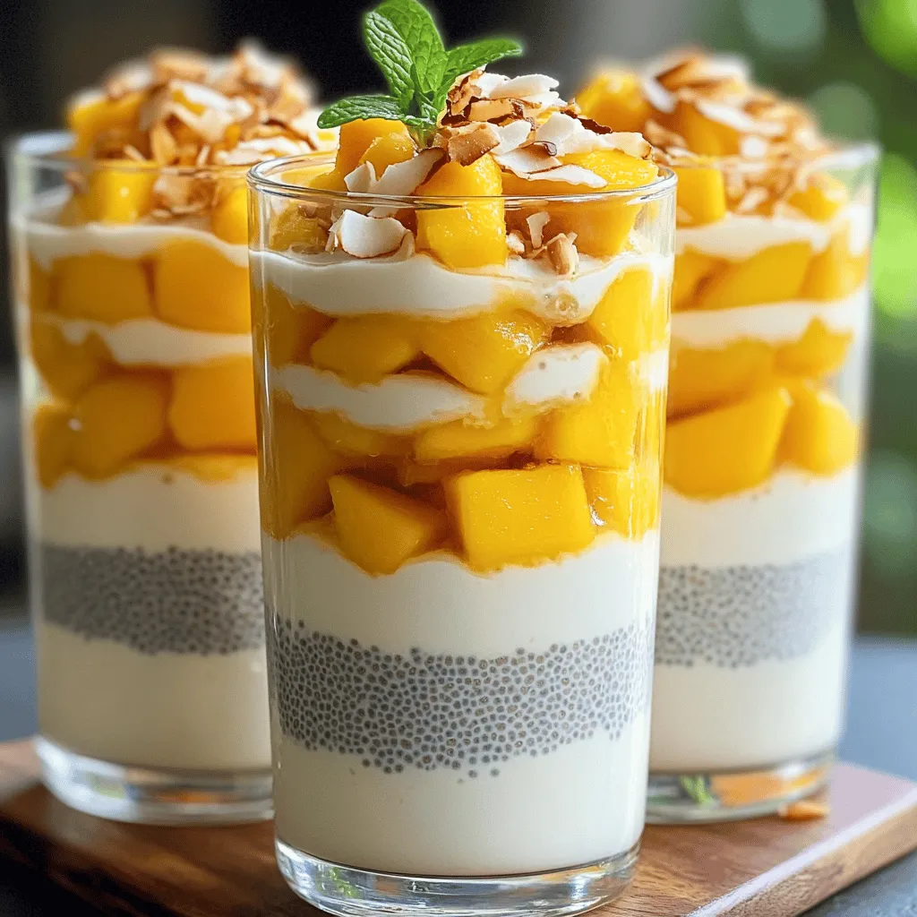 Für den Mango Kokos Chia Pudding benötigst du einige einfache Zutaten. Hier sind die Hauptzutaten: - 1 Tasse Kokosmilch (aus der Dose oder Tetrapack) - 1/4 Tasse Chiasamen - 1 reife Mango, gewürfelt - 2 Esslöffel Ahornsirup oder Honig (nach Geschmack anpassen) - 1 Teelöffel Vanilleextrakt - Eine Prise Salz Diese Zutaten sind leicht zu finden und machen dieses Rezept besonders lecker. Kokosmilch sorgt für eine cremige Basis. Chiasamen geben dem Pudding die richtige Konsistenz. Die Mango bringt Frische und Süße. Ahornsirup oder Honig dienen als Süßungsmittel und runden den Geschmack ab. Die Garnierung macht den Pudding noch schöner und ansprechender. Hier sind die Zutaten, die du dafür brauchst: - Geröstete Kokosflocken (zum Garnieren) - Frische Minzblätter (zum Garnieren) Geröstete Kokosflocken verleihen dem Pudding ein nussiges Aroma. Minzblätter geben einen frischen Kick. Diese Farben und Texturen machen den Pudding zu einem echten Hingucker. Wenn du nach Alternativen suchst, gibt es viele Optionen. Hier sind ein paar, die du ausprobieren kannst: - Agavendicksaft - Stevia - Kokoszucker Diese Süßungsmittel bieten verschiedene Geschmäcker und Süßungsgrade. Du kannst sie je nach Vorliebe anpassen. Experimentiere und finde heraus, was dir am besten schmeckt! Für das vollständige Rezept, schau dir die Details im Abschnitt „Full Recipe“ an. Zuerst nimmst du eine mittelgroße Schüssel. Gib die Kokosmilch, Chiasamen, Ahornsirup, Vanilleextrakt und eine Prise Salz hinein. Rühre alles gut mit einem Schneebesen um. So verteilen sich die Chiasamen gleichmäßig in der Mischung. Lass die Mischung für etwa fünf Minuten stehen. Danach rühre erneut um, damit die Samen nicht klumpen. Decke die Schüssel mit Frischhaltefolie ab. Du kannst auch die Mischung in Gläser füllen. Stelle sie für mindestens vier Stunden, am besten über Nacht, in den Kühlschrank. Die Chiasamen quellen auf und ergeben eine dicke puddingartige Konsistenz. Wenn du bereit bist, den Pudding zu servieren, rühre ihn gut durch. Wenn er zu dick ist, füge einen Spritzer Kokosmilch hinzu. Schichte den Pudding in Gläser. Füge gewürfelte Mango sowohl unten als auch oben hinzu. Alternativ kannst du die Mango auch direkt mit dem Pudding vermengen. Bestreue den Pudding mit gerösteten Kokosflocken und frischen Minzblättern. So erhält der Pudding einen erfrischenden Akzent. Für das vollständige Rezept, schau dir die [Full Recipe] an. Um die perfekte Konsistenz zu erreichen, ist es wichtig, die Chiasamen gut zu mischen. Rühre die Mischung nach fünf Minuten erneut um. Das verhindert Klumpen und hilft den Samen, die Flüssigkeit gleichmäßig zu absorbieren. Wenn der Pudding zu dick wird, füge einfach einen Spritzer Kokosmilch hinzu. So bleibt er cremig und lecker. Ein häufiger Fehler ist, die Chiasamen nicht genug ruhen zu lassen. Sie benötigen Zeit, um aufzuquellen. Lass die Mischung mindestens vier Stunden oder besser über Nacht im Kühlschrank. Auch das Messen der Zutaten ist wichtig. Zu viele oder zu wenige Chiasamen können die Konsistenz stark verändern. Halte dich an das Rezept, um beste Ergebnisse zu erzielen. Bereite die Zutaten im Voraus vor. Du kannst die Mischung auch in Gläser füllen und für später aufbewahren. Serviere den Pudding in klaren Gläsern, damit die schönen Schichten sichtbar sind. Garniere mit gerösteten Kokosflocken und frischer Minze für einen frischen Look. So sieht der Pudding nicht nur gut aus, sondern schmeckt auch hervorragend. Für die vollständige Anleitung, schau dir das Full Recipe an. {{image_4}} Du kannst deinen Mango Kokos Chia Pudding ganz einfach anpassen. Für mehr Vielfalt, probiere andere Früchte. Hier sind einige Ideen: - Ananas: Für einen tropischen Geschmack. - Beeren: Himbeeren oder Heidelbeeren geben einen frischen Kick. - Kiwi: Diese Frucht fügt eine schöne Säure hinzu. - Banane: Sie macht den Pudding extra cremig. Mische die Früchte nach deinem Geschmack. Du kannst sie auch direkt in die Mischung geben oder als Schicht verwenden. Wenn du eine vegane Option suchst, ersetze die Honig durch einen anderen Süßstoff. Agavendicksaft oder Dattelsirup sind tolle Alternativen. Du kannst auch die Kokosmilch ändern. Mandelmilch oder Hafermilch funktionieren gut. Achte darauf, dass sie ungesüßt sind, um den Geschmack nicht zu verändern. Wenn du keine Chiasamen hast, probiere Leinsamen. Diese Samen haben ähnliche Eigenschaften und geben eine tolle Textur. Um den Pudding interessanter zu machen, füge Gewürze oder Extrakte hinzu. Hier sind einige Vorschläge: - Zimt: Ein Hauch von Zimt bringt Wärme. - Kardamom: Dieses Gewürz hat einen einzigartigen Geschmack. - Kakaopulver: Für einen schokoladigen Twist. - Nussmus: Mandel- oder Erdnussbutter geben Cremigkeit und Geschmack. Diese Variationen machen dein Mango Kokos Chia Pudding noch leckerer. Experimentiere mit verschiedenen Kombinationen und finde deinen Lieblingsgeschmack! Um den Mango Kokos Chia Pudding frisch zu halten, bewahre ihn in einem luftdichten Behälter auf. Gläser sind ideal, da sie das Aroma gut erhalten. Stelle sicher, dass der Deckel gut schließt. So bleibt der Pudding länger lecker. Im Kühlschrank bleibt dein Chia Pudding bis zu fünf Tage frisch. Achte darauf, ihn gut abzudecken, um Gerüche zu vermeiden. Überprüfe vor dem Essen den Zustand. Wenn er seltsam riecht oder komisch aussieht, ist es besser, ihn wegzuwerfen. Ja, du kannst Mango Kokos Chia Pudding einfrieren. Fülle ihn in einen gefrierfesten Behälter. Lass etwas Platz, da der Pudding beim Einfrieren etwas expandiert. Du kannst ihn bis zu drei Monate im Gefrierfach aufbewahren. Zum Auftauen, lasse ihn im Kühlschrank über Nacht. So bleibt die Textur schön. Chiasamen sind sehr nahrhaft. Sie enthalten viele Ballaststoffe. Diese helfen der Verdauung. Auch Proteine und Omega-3-Fettsäuren sind enthalten. Diese Fettsäuren sind gut für das Herz. Chiasamen haben auch Antioxidantien. Sie stärken das Immunsystem. Eine kleine Portion reicht aus, um viele Vorteile zu bekommen. Ja, du kannst andere Milchsorten nutzen. Mandelmilch oder Hafermilch sind gute Alternativen. Sojamilch funktioniert auch gut. Jede Milch gibt dem Pudding einen anderen Geschmack. Achte darauf, ungesüßte Varianten zu wählen. Das hält den Pudding leicht und frisch. Um den Pudding dicker zu machen, füge mehr Chiasamen hinzu. Eine zusätzliche Esslöffel reicht oft aus. Du kannst auch die Kühlzeit verlängern. Länger im Kühlschrank sorgt für eine festere Konsistenz. Wenn du ihn zu dick findest, einfach etwas Kokosmilch hinzufügen, um die gewünschte Dicke zu erreichen. In diesem Artikel haben wir alles über Mango Kokos Chia Pudding beleuchtet. Wir haben die Hauptzutaten, Zubereitungsschritte und hilfreiche Tipps behandelt. Zudem erörterten wir Variationen des Rezepts und Lagerhinweise. Du solltest nun in der Lage sein, diesen gesunden Snack selbst zuzubereiten. Experimentiere mit verschiedenen Früchten und Süßungsmitteln. Es gibt unendlich viele Möglichkeiten, die du ausprobieren kannst. Mach den Pudding zu deinem eigenen Geschmackserlebnis!