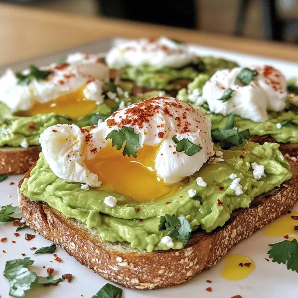 Für ein leckeres Avocado Toast mit pochiertem Ei braucht man: - 2 reife Avocados - 4 Scheiben Vollkornbrot - 4 große Eier Diese Zutaten bilden die Basis. Die Avocados sind cremig und voller Geschmack. Vollkornbrot gibt dem Toast eine gute Textur. Die Eier fügen Protein hinzu und machen das Gericht sättigend. Um das Gericht zu verfeinern, empfehle ich: - 1 Esslöffel Zitronensaft - 1 Teelöffel rote Paprikaflocken - Salz und Pfeffer nach Geschmack - Frischer Koriander oder Petersilie zum Garnieren - Olivenöl zum Beträufeln - Optional: Feta-Käse zum Zerbröckeln Der Zitronensaft bringt Frische. Die Paprikaflocken geben eine leichte Schärfe. Koriander oder Petersilie sorgen für Farbe und Geschmack. Feta-Käse ist eine tolle Option für mehr Würze. Die Auswahl der Avocados ist wichtig. Hier sind meine Tipps: - Achte auf die Farbe: Reife Avocados haben eine dunkle, matte Haut. - Fühle die Avocado: Sie sollte leicht nachgeben, aber nicht zu weich sein. - Kaufe sie unreif: Wenn du sie später brauchst, lagere sie bei Zimmertemperatur. Mit diesen Tipps findest du die besten Avocados für dein Rezept. Probiere es aus und genieße dein Avocado Toast! Beginne mit dem Rösten des Brotes. Nimm 4 Scheiben Vollkornbrot und lege sie in den Toaster oder auf einen Grill. Röste das Brot, bis es goldbraun und knusprig ist. Dies gibt deinem Avocado Toast die perfekte Basis. Das Rösten dauert nur ein paar Minuten, also achte darauf, dass du es nicht verbrennst. Jetzt kommt der spaßige Teil – die Avocadocreme! Halbiere 2 reife Avocados. Entferne den Kern mit einem Löffel. Schöpfe das grüne Fruchtfleisch in eine Schüssel. Zerdrücke die Avocados mit einer Gabel. Das sollte einfach sein. Füge dann 1 Esslöffel Zitronensaft hinzu. Das gibt einen frischen Geschmack und verhindert, dass die Avocado braun wird. Jetzt noch etwas Salz, Pfeffer und die Hälfte der roten Paprikaflocken dazu. Rühre alles gut um, bis die Mischung cremig ist. Pochierte Eier machen dein Gericht besonders. Fülle einen Topf mit Wasser und bringe es zum sanften Simmern. Rühre mit einem Löffel, um einen kleinen Wirbel im Wasser zu erzeugen. Schlage ein großes Ei vorsichtig in die Mitte des Wirbels. Lass es für 3-4 Minuten pochieren. Das Eiweiß sollte fest sein, aber der Dotter bleibt flüssig. Nimm das Ei mit einem Löffel heraus und lasse es auf Küchenpapier abtropfen. Wiederhole diesen Schritt mit den anderen Eiern. Jetzt bist du bereit, alles zusammenzustellen! Verteile die Avocadocreme auf dem gerösteten Brot, setze das pochierte Ei darauf und genieße dein leckeres Avocado Toast mit pochiertem Ei. Für das vollständige Rezept, schaue in den Abschnitt „Full Recipe“. Um perfekte Eier zu pochieren, brauchen Sie frische Eier. Alte Eier lassen sich schwerer pochieren. Füllen Sie einen Topf mit Wasser und bringen Sie es zum Simmern. Ein kleiner Schuss Essig hilft, das Ei zu binden. Rühren Sie das Wasser mit einem Löffel, um einen Wirbel zu erzeugen. Schlagen Sie das Ei vorsichtig in die Mitte des Wirbels. Pochieren Sie das Ei drei bis vier Minuten lang. So bleibt der Dotter weich und das Eiweiß fest. Für den besten Toast sollten Sie Vollkornbrot verwenden. Rösten Sie das Brot im Toaster oder auf einem Grill. Achten Sie darauf, dass das Brot goldbraun und knusprig ist. Zu wenig Rösten macht es weich und zäh. Zu viel Rösten kann das Brot verbrennen. Die richtige Röstzeit sorgt für den perfekten Crunch und Geschmack. Lagern Sie reife Avocados bei Raumtemperatur. So reifen sie gleichmäßig. Wenn sie reif sind, lagern Sie sie im Kühlschrank, um die Frische zu bewahren. Um die Avocado vorzubereiten, schneiden Sie sie in der Mitte auf und entfernen den Kern. Verwenden Sie einen Löffel, um das Fruchtfleisch herauszunehmen. Zerdrücken Sie das Fruchtfleisch mit einer Gabel und fügen Sie Zitronensaft hinzu. Das verhindert, dass die Avocado braun wird. Für das Avocado Toast ist eine frische, grüne Farbe wichtig. Für das vollständige Rezept schauen Sie sich das Rezept für Avocado-Toast mit pochiertem Ei an. {{image_4}} Avocado Toast ist sehr vielseitig. Du kannst viele Beläge verwenden, um den Geschmack zu ändern. Hier sind einige Ideen: - Tomaten: Füge frische Tomatenscheiben hinzu. Sie bringen eine süße Note. - Radieschen: Dünn geschnittene Radieschen sind knackig und scharf. - Lachs: Geräucherter Lachs ist eine leckere, proteinreiche Option. - Spinat: Frischer Spinat gibt eine grüne Farbe und zusätzliche Nährstoffe. Diese Beläge machen dein Avocado Toast noch besonderer. Wenn du vegan bist, gibt es tolle Alternativen. Du kannst das Ei einfach weglassen. Hier sind einige Vorschläge: - Kichererbsen: Zerdrücke Kichererbsen mit Avocado für extra Protein. - Tofu: Brate Tofu und lege ihn auf dein Toast. Er hat eine tolle Textur. - Nüsse: Streue gehackte Nüsse für einen Crunch und gesunde Fette. Diese Optionen machen dein Toast lecker und veganfreundlich. Für eine herzhafte Variante kannst du mehr Zutaten hinzufügen. Hier sind einige Rezeptideen: - Avocado mit Chili: Füge frische Chilischoten hinzu. Sie geben einen scharfen Kick. - Avocado mit Zwiebeln: Röstete Zwiebeln verleihen einen süßen, rauchigen Geschmack. - Avocado mit Pilzen: Gebratene Pilze bringen einen erdigen Geschmack. Diese Rezeptideen machen dein Avocado Toast zu einem tollen Gericht für jede Mahlzeit. Es ist einfach, kreativ zu sein! Probier es aus und genieße die Vielfalt. Wenn Sie Reste von Ihrem Avocado Toast mit pochiertem Ei haben, bewahren Sie sie sicher auf. Lagern Sie das Brot und die Avocadocreme getrennt. Wickeln Sie das Brot in Frischhaltefolie oder legen Sie es in einen luftdichten Behälter. So bleibt es knusprig. Die Avocadocreme sollte in einem kleinen Behälter aufbewahrt werden. Achten Sie darauf, eine Schicht Plastikfolie direkt auf die Creme zu legen. So bleibt sie frisch und wird nicht braun. Reste sollten innerhalb von zwei Tagen gegessen werden. Um die Avocadocreme frisch zu halten, verwenden Sie etwas Zitronensaft. Der Zitronensaft hilft, die Farbe zu erhalten. Stellen Sie sicher, dass der Behälter gut verschlossen ist. Wenn Sie die Creme am nächsten Tag verwenden möchten, fügen Sie etwas mehr Zitronensaft hinzu. Das hält den Geschmack frisch. Wenn die Avocadocreme braun wird, können Sie sie trotzdem essen, aber sie schmeckt nicht mehr so gut. Sie können einige Zutaten im Voraus vorbereiten, um Zeit zu sparen. Rösten Sie das Brot und bereiten Sie die Avocadocreme am Morgen vor. Lagern Sie beides im Kühlschrank. Pochieren Sie die Eier kurz vor dem Servieren. So bleibt das Eigelb schön flüssig. Wenn Sie Feta-Käse verwenden, zerbröckeln Sie ihn ebenfalls im Voraus. So haben Sie alles bereit, wenn es Zeit zum Essen ist. Für den vollen Geschmack empfehle ich, alle Zutaten frisch zuzubereiten. Für das vollständige Rezept schauen Sie sich das [Full Recipe] an. Eine reife Avocado hält sich im Kühlschrank etwa 2 bis 3 Tage. Wenn sie aufschneidet, bedecken Sie die Schnittfläche mit Zitronensaft. Dies hilft, die Farbe zu erhalten. Sie können die Avocado auch in eine luftdichte Box legen. So bleibt sie frisch. Es gibt viele leckere Toppings für Avocado Toast. Hier sind einige Ideen: - Geschnittene Tomaten - Radieschen - Gehackte Nüsse - Feta-Käse - Chili-Flocken - Spinat oder Rucola - Geräucherter Lachs Seien Sie kreativ und mischen Sie verschiedene Toppings. So wird Ihr Toast immer neu und spannend. Vollkornbrot ist eine beliebte Wahl, weil es nahrhaft ist. Sie können auch Sauerteigbrot oder Roggenbrot verwenden. Diese Brote haben eine gute Textur und halten die Avocado gut. Probieren Sie auch glutenfreies Brot, wenn Sie eine Alternative suchen. Achten Sie darauf, dass das Brot frisch ist. Frisches Brot macht das gesamte Gericht besser. Für das vollständige Rezept und genaue Schritte, schauen Sie sich das Rezept für Avocado-Toast mit pochiertem Ei an. Avocado Toast ist einfach, gesund und lecker. Wir haben die besten Zutaten besprochen, um dein Gericht zu verbessern. Du weißt jetzt, wie man die perfekte Avocadocreme macht und Eier pochiert. Tipps zur Aufbewahrung helfen dir, Frische zu bewahren. Außerdem kannst du viele Varianten ausprobieren, um Abwechslung in deine Küche zu bringen. Nutze diese Ideen und genieße dein eigenes lecker zubereitetes Avocado Toast. Lass deiner Kreativität freien Lauf und überrasche dich mit neuen Rezepten!
