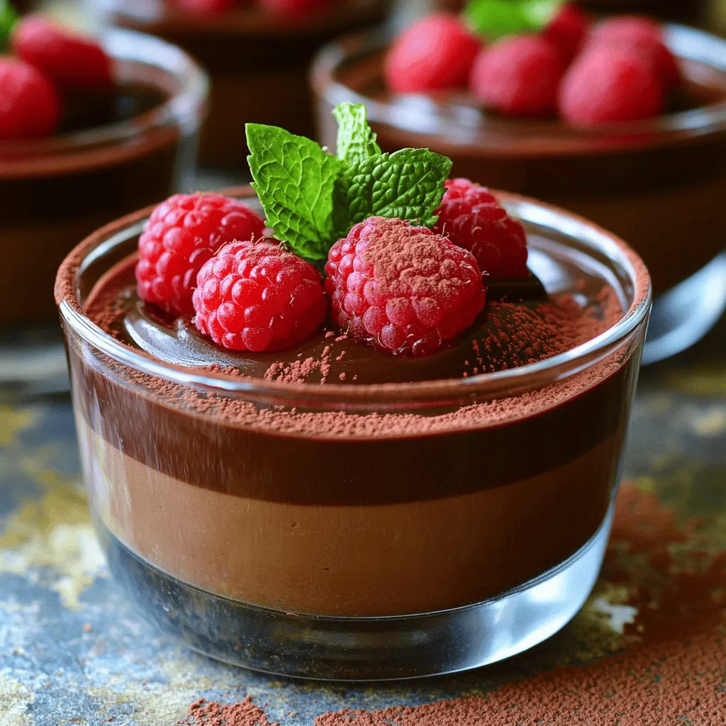 Für die Schokoladenmousse-Becher benötigst du: - 1 Tasse dunkle Schokoladenstückchen (ca. 60-70% Kakao) - 2 Esslöffel ungesalzene Butter - 3 große Eier, getrennt - 1/4 Tasse Kristallzucker - 1 Teelöffel Vanilleextrakt - 1 Prise Salz - 1 Tasse Schlagsahne Diese Zutaten geben der Mousse ihren vollen, reichen Geschmack. Dunkle Schokolade sorgt für eine tiefe Note. Die Eier machen die Mousse leicht und luftig. Wenn du spezielle Bedürfnisse hast, gibt es auch Alternativen: - Verwende vegane Schokolade für eine pflanzliche Option. - Ersetze die Eier durch Apfelmus oder Bananenpüree für eine eifreie Version. - Nutze Kokoscreme anstelle von Schlagsahne für einen cremigen, veganen Geschmack. Mit diesen Alternativen bleibt die Mousse lecker und passt zu verschiedenen Diäten. Frische Beeren sind ein toller Zusatz. Du kannst Himbeeren oder Erdbeeren verwenden. Sie bringen eine frische, fruchtige Note. Minzblätter geben einen schönen Farbkontrast und einen frischen Geschmack. Garnierungen sind einfach wichtig. Sie machen das Gericht attraktiv und appetitlich. Das Auge isst mit! Wenn du magst, bestäube die Mousse mit etwas Kakaopulver oder Schokoladenspänen. Diese kleinen Details machen einen großen Unterschied. Bereit für das volle Rezept? Schau dir die Full Recipe an und lege los! Um die Schokoladenmousse zu machen, beginne ich mit der Schokolade. Ich nehme eine mittelgroße Schüssel und füge die dunklen Schokoladenstückchen und die Butter hinzu. Ich setze die Schüssel über einen Topf mit köchelndem Wasser. So schmelze ich die Schokolade sanft. Ich rühre die Mischung, bis sie glatt ist. Dann nehme ich die Schüssel von der Hitze und lasse sie etwas abkühlen. In einer neuen Schüssel trenne ich die Eier. Ich gebe die Eigelbe in die Schüssel und füge den Kristallzucker hinzu. Ich verquirle alles gut, bis die Mischung blass und fluffig ist. Das dauert etwa 2-3 Minuten. Ich gebe dann den Vanilleextrakt dazu und vermenge alles gut. Jetzt ist die Basis für meine Mousse bereit. Jetzt schlage ich die Eiweiße in einer sauberen Schüssel. Ich füge eine Prise Salz hinzu und schlage sie, bis steife Spitzen entstehen. Ich nehme ein Drittel des geschlagenen Eiweiß und hebe es vorsichtig unter die Schokoladenmischung. Das lockert die Mischung auf. Dann hebe ich das restliche Eiweiß behutsam unter, bis alles gut verbunden ist. In einer weiteren Schüssel schlage ich die Sahne, bis weiche Spitzen entstehen. Ich hebe die Schlagsahne vorsichtig unter die Schokoladenmischung, bis keine weißen Streifen mehr sichtbar sind. Diese Schritte machen die Mousse schön luftig und leicht. Jetzt ist meine Mousse bereit für die Kühlung. Ich verteile die Mischung in Servierbecher und lasse sie mindestens zwei Stunden im Kühlschrank fest werden. So bekomme ich die perfekte Textur für meine Schokoladenmousse-Becher. Für das volle Rezept, schaue dir die vollständige Anleitung an! Ein häufiger Fehler ist, die Schokolade zu stark zu erhitzen. Schmelze die Schokolade sanft über einem Wasserbad. Wenn die Schokolade zu heiß wird, kann sie klumpig werden. Achte darauf, dass kein Wasser in die Schokolade gelangt. Ein weiterer Fehler ist, die Eiweiße nicht fest genug zu schlagen. Du solltest steife Spitzen erreichen. So wird die Mousse leicht und luftig. Wenn die Eiweiße noch zu flüssig sind, wird die Mousse schwer. Um Zeit zu sparen, kannst du die Schokolade schon im Voraus schmelzen. Lass sie einfach im Kühlschrank abkühlen. So kannst du die Mischung später schnell zusammenführen. Bereite die Becher vor dem Servieren vor. Du kannst die Mousse sogar einen Tag vorher machen. Sie bleibt frisch und lecker. Das spart Zeit, wenn Gäste kommen. Die Mousse bleibt am besten im Kühlschrank. Decke die Becher mit Frischhaltefolie ab, damit sie nicht austrocknen. So bleibt die Mousse frisch und schokoladig. Wenn du Reste hast, kannst du sie bis zu drei Tage im Kühlschrank aufbewahren. Für den besten Geschmack, genieße sie frisch. Frische Beeren sind die perfekte Garnierung. Sie bringen Farbe und Frische. Für das vollständige Rezept, schaue dir die Anleitung für die Schokoladenmousse-Becher an. {{image_4}} Um eine vegane Schokoladenmousse zu machen, ersetzen Sie die Eier und die Butter. Verwenden Sie stattdessen: - 1 Tasse dunkle Schokolade (prüfen Sie die Zutaten für Milchfreiheit) - 1/4 Tasse Kokosöl - 1/4 Tasse Aquafaba (Kichererbsenwasser) Schmelzen Sie die Schokolade mit dem Kokosöl. Schlagen Sie das Aquafaba, bis es steif ist. Mischen Sie dann die Schokolade vorsichtig unter das Aquafaba. Diese vegane Version ist leicht und luftig. Machen Sie Ihre Mousse noch interessanter mit Nüssen oder Karamell. Fügen Sie hinzu: - 1/2 Tasse gehackte Nüsse (Mandeln, Haselnüsse oder Walnüsse) - 1/4 Tasse Karamellsauce Mischen Sie die Nüsse einfach in die Mousse, bevor Sie sie in die Becher füllen. Für die Karamellvariante geben Sie die Karamellsauce in die Schokolade, während Sie sie schmelzen. So verleihen Sie jedem Bissen einen süßen Kick. Garnieren Sie Ihre Schokoladenmousse-Becher nach Saison. Verwenden Sie: - Im Frühling: Frische Erdbeeren oder Blüten - Im Sommer: Kirschen oder Pfirsiche - Im Herbst: Karamellisierte Äpfel oder Kürbisgewürz - Im Winter: Orangen- oder Granatapfelkerne Diese Garnierungen bringen nicht nur Farbe, sondern auch frische Aromen in Ihre Mousse. Experimentieren Sie und finden Sie Ihre Lieblingskombination. Besuchen Sie gerne die [Full Recipe], um die Grundversion zu entdecken! Die Schokoladenmousse-Becher sind im Kühlschrank bis zu drei Tage haltbar. Der Geschmack bleibt frisch, solange sie gut abgedeckt sind. Achten Sie darauf, die Becher mit Frischhaltefolie oder einem Deckel zu verschließen. So bleibt die Mousse cremig und lecker. Die beste Methode zur Kühlung ist der Kühlschrank. Lagern Sie die Mousse-Becher auf einem stabilen Regal, wo sie nicht umfallen können. Vermeiden Sie die Nähe von stark riechenden Lebensmitteln. Das könnte den feinen Schokoladengeschmack beeinträchtigen. Wenn Sie Platz sparen möchten, nutzen Sie stapelbare Behälter. Wenn Sie Reste haben, können Sie diese kreativ verwenden. Fügen Sie die Mousse in einen Shake für einen Schokoladenkick hinzu. Oder verwenden Sie sie als Füllung für Torten oder Cupcakes. Das macht Ihre Desserts noch spannender. Sie können auch kleine Portionen in Eiswürfelformen einfrieren. So haben Sie immer einen süßen Snack zur Hand. Ja, du kannst eine eifreie Schokoladenmousse machen. Statt Eier zu verwenden, nimm Aquafaba, das ist das Wasser von Kichererbsen. Schlage es auf, bis es steife Spitzen bildet. Mische die geschmolzene Schokolade mit der geschlagenen Aquafaba. So erhältst du eine luftige Mousse ganz ohne Eier. Ja, die Mousse lässt sich gut im Voraus zubereiten. Du kannst sie bis zu zwei Tage vorher zubereiten und im Kühlschrank lagern. So haben die Aromen Zeit, sich zu entwickeln. Stelle sicher, dass du die Becher gut abdeckst, damit sie frisch bleiben. Die beste Schokolade für Schokoladenmousse ist dunkle Schokolade. Ich empfehle eine mit 60-70% Kakao. Diese Schokolade gibt der Mousse einen reichen Geschmack. Sie sorgt auch für die perfekte Konsistenz. Du kannst auch verschiedene Sorten ausprobieren, um deinen persönlichen Favoriten zu finden. Die Schokoladenmousse-Becher sind einfach zuzubereiten und sehr lecker. Wir haben die wichtigen Zutaten besprochen und verschiedene Varianten erkundet, darunter vegane Alternativen. Ich habe Ihnen eine Schritt-für-Schritt-Anleitung gegeben, um Fehler zu vermeiden und Zeit zu sparen. Denken Sie auch an die besten Lagerungshinweise für den perfekten Geschmack. Experimentieren Sie mit neuen Garnierungen und Aromen. So wird jede Mousse einzigartig. Genießen Sie die Zubereitung und das Ergebnis!