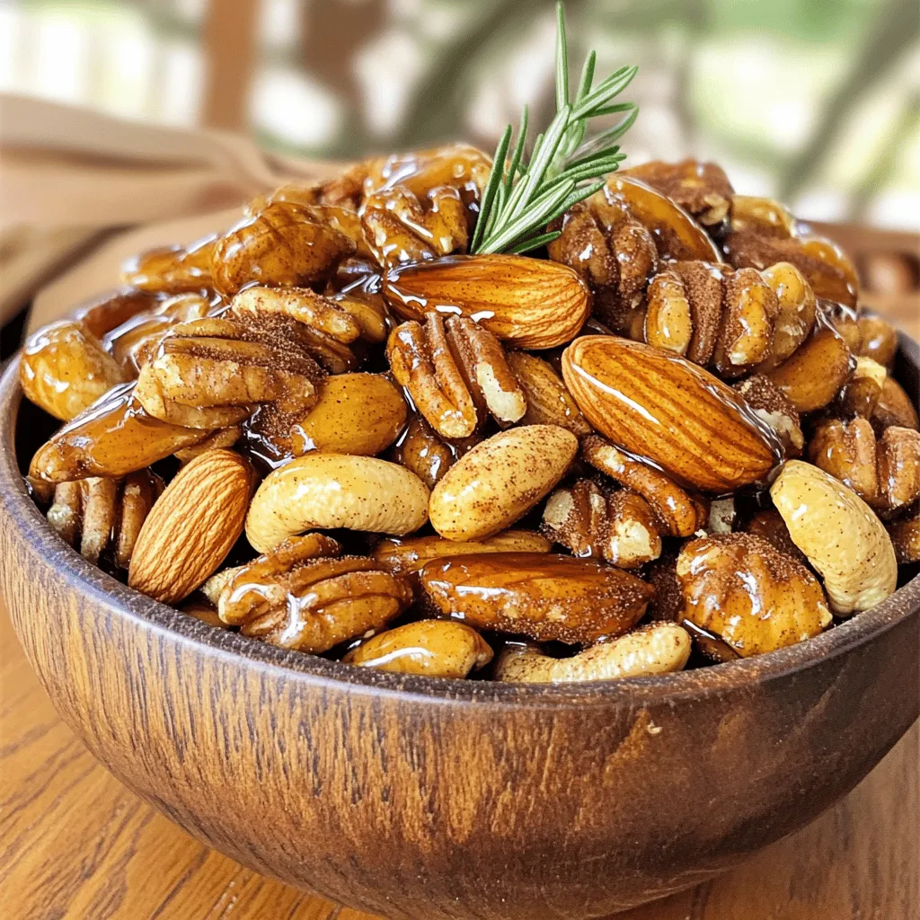 Für dieses Rezept benötigst du einige Hauptzutaten. Sie sind einfach zu finden und machen die Nüsse lecker: - 2 Tassen gemischte Nüsse (Mandeln, Cashews, Pekannüsse und Walnüsse) - 2 Esslöffel Olivenöl - 3 Esslöffel Ahornsirup - 1 Esslöffel brauner Zucker - 1 Teelöffel Zimt - 1/2 Teelöffel Cayennepfeffer (nach Geschmack anpassen) - 1/2 Teelöffel Meersalz - 1/2 Teelöffel Vanilleextrakt - 1/4 Tasse gehackter Rosmarin (optional, zur Garnierung) Um die Nüsse noch besser zu machen, kannst du einige zusätzliche Zutaten verwenden. Hier sind ein paar Ideen: - Ein Spritzer Limettensaft für Frische - Ein Esslöffel Honig für mehr Süße - Ein Hauch von Muskatnuss für einen warmen Geschmack Diese Zutaten geben den Nüssen eine interessante Note und machen sie besonders. Die Wahl der Nüsse ist wichtig. Du solltest frische Nüsse nehmen, die keine Ranzigkeit haben. Hier sind einige Tipps: - Kaufe Nüsse in der Schale, wenn möglich. Sie bleiben länger frisch. - Achte auf Bio-Nüsse, um chemische Stoffe zu vermeiden. - Versuche verschiedene Nüsse, um deinen Favoriten zu finden. Mit diesen Tipps wählst du die besten Nüsse für deine süß-scharfen gerösteten Nüsse. So gelingt das Rezept garantiert! Du findest die vollständige Anleitung im Full Recipe. Heize deinen Ofen auf 175°C vor. Das sorgt für eine gleichmäßige Röstung. Lege ein Backblech mit Backpapier aus. So bleiben die Nüsse nicht kleben und lassen sich leicht abnehmen. Gib die gemischten Nüsse in eine große Schüssel. Du kannst Mandeln, Cashews, Pekannüsse und Walnüsse verwenden. In einer kleinen Schüssel vermischst du Olivenöl, Ahornsirup, braunen Zucker, Zimt, Cayennepfeffer, Meersalz und Vanilleextrakt. Rühre alles gut um, bis die Mischung glatt ist. Gieße die Mischung über die Nüsse. Rühre kräftig, bis alle Nüsse gut beschichtet sind. Verteile die Nüsse gleichmäßig auf dem Backblech. Röste sie im vorgeheizten Ofen für 15 bis 20 Minuten. Rühre sie zur Hälfte der Zeit um, damit sie gleichmäßig bräunen. Wenn die Nüsse goldbraun und duftend sind, nimm sie aus dem Ofen. Lass sie auf dem Blech vollständig abkühlen. Nach dem Abkühlen kannst du sie in eine Servierschüssel geben. Garniere sie optional mit gehacktem Rosmarin. Für die vollständige Anleitung, schau dir das Rezept "Süß-scharfe geröstete Nüsse" an. Die richtige Röstzeit ist wichtig für den perfekten Geschmack. Ich empfehle, deinen Ofen auf 175°C vorzuheizen. Röste die Nüsse für 15 bis 20 Minuten. Rühre sie nach der Hälfte der Zeit um. So werden sie gleichmäßig goldbraun. Achte darauf, sie nicht zu verbrennen. Jeder Ofen ist anders, also behalte sie im Auge. Du kannst die Süße und Schärfe leicht anpassen. Magst du es süßer? Füge einfach mehr Ahornsirup oder braunen Zucker hinzu. Für mehr Schärfe kannst du den Cayennepfeffer erhöhen. Fang mit 1/2 Teelöffel an und taste dich langsam voran. So findest du die perfekte Balance für deinen Geschmack. Ein häufiger Fehler ist das Überladen des Backblechs. Nüsse brauchen Platz, um gleichmäßig zu rösten. Wenn sie zu eng liegen, werden sie nicht knusprig. Ein weiterer Fehler ist das Ignorieren der Abkühlzeit. Lass die Nüsse nach dem Rösten auf dem Blech abkühlen. So bleiben sie knusprig und lecker. Wenn du diese Tipps beachtest, gelingt dir das Rezept für süß-scharfe geröstete Nüsse garantiert! {{image_4}} Für süß-scharfe geröstete Nüsse gibt es viele Nusskombinationen. Du kannst die Art der Nüsse nach deinem Geschmack wählen. Mandeln, Cashews, Pekannüsse und Walnüsse sind perfekt. Diese Nüsse haben jeweils ihren eigenen Geschmack und Textur. Du kannst auch Pistazien oder Haselnüsse hinzufügen. Probiere verschiedene Mischungen aus, um deine Lieblingskombination zu finden. Um deine Nüsse noch interessanter zu machen, füge schokoladige oder würzige Zusätze hinzu. Schokolade passt gut zu süßen Nüssen. Du kannst geschmolzene Schokolade über die gerösteten Nüsse geben. Lass sie dann abkühlen, damit die Schokolade fest wird. Für mehr Würze kannst du auch Chili oder Paprika verwenden. Dies gibt einen tollen Kick und macht das Snack-Erlebnis aufregender. Wenn du eine vegane Option suchst, ist das einfach. Ersetze den Honig durch Agavendicksaft oder mehr Ahornsirup. Diese Alternativen funktionieren gut in diesem Rezept. Du kannst auch die Nüsse nach Belieben anpassen. Füge getrocknete Früchte wie Cranberries oder Rosinen hinzu. Diese geben zusätzliche Süße und Farbe. Wenn du mehr Crunch willst, probiere Sonnenblumenkerne oder Kürbiskerne. Experimentiere, um deine perfekte Mischung zu finden! Um die süß-scharfen gerösteten Nüsse frisch zu halten, sollten Sie sie in einem luftdichten Behälter aufbewahren. Ein Glas oder eine Kunststoffdose mit festem Deckel funktioniert gut. Vermeiden Sie es, sie in eine Papiertüte zu stecken. Das kann die Nüsse weich machen. Lagern Sie den Behälter an einem kühlen, dunklen Ort. So bleiben die Aromen länger erhalten. Richtig gelagerte Nüsse halten sich bis zu zwei Wochen. Nach dieser Zeit können sie an Geschmack verlieren. Der beste Weg, die Frische zu testen, ist ein kurzer Geruchstest. Wenn die Nüsse ranzig riechen, sind sie nicht mehr gut. Werfen Sie sie in diesem Fall weg, um Ihre Gesundheit zu schützen. Süß-scharfe geröstete Nüsse sind vielseitig. Sie können sie in Salaten oder auf Joghurt streuen. Auch in Backwaren machen sie sich gut. Experimentieren Sie mit verschiedenen Gerichten. Fügen Sie sie zum Müsli hinzu oder verwenden Sie sie als Snack. Ihre Knusprigkeit und der süß-scharfe Geschmack bringen neuen Schwung in jedes Rezept. Die süß-scharfen gerösteten Nüsse halten sich in einem luftdichten Behälter bis zu zwei Wochen. Lagern Sie sie an einem kühlen, trockenen Ort. So bleiben sie knusprig und frisch. Wenn Sie mehr davon machen, können Sie auch eine größere Menge zubereiten und langfristig lagern. Ja, Sie können andere Nüsse verwenden. Mandeln, Cashews, und Pekannüsse passen gut. Walnüsse sind auch eine gute Wahl. Experimentieren Sie mit Ihren Lieblingsnüssen. Das gibt jedem Bissen einen neuen Geschmack. Achten Sie darauf, die Röstzeit je nach Nussart anzupassen. Um süß-scharfe geröstete Nüsse zu machen, folgen Sie diesem einfachen Rezept: - Mischen Sie 2 Tassen Nüsse mit 2 Esslöffeln Olivenöl. - Fügen Sie 3 Esslöffel Ahornsirup und 1 Esslöffel braunen Zucker hinzu. - Geben Sie 1 Teelöffel Zimt und 1/2 Teelöffel Cayennepfeffer dazu. - Rühren Sie alles gut um und rösten Sie die Mischung bei 175°C für 15-20 Minuten. Für die vollständige Anleitung und mehr Details, schauen Sie sich das Full Recipe an. In diesem Beitrag habe ich die besten Zutaten für süß-scharfe geröstete Nüsse vorgestellt. Ich habe erklärt, wie man sie einfach zubereitet und wichtige Tipps gegeben. Das Rösten der Nüsse ergibt einen tollen Snack, der auch variiert werden kann. Verwende frische Zutaten und achte auf die Röstzeit. Diese Nüsse halten sich gut, wenn du sie richtig lagerst. Probiere verschiedene Kombinationen aus und finde deinen Lieblingsgeschmack. So wird jede Partie zu einem Hit! Genieß die Zeit in der Küche und viel Spaß beim Experimentieren.