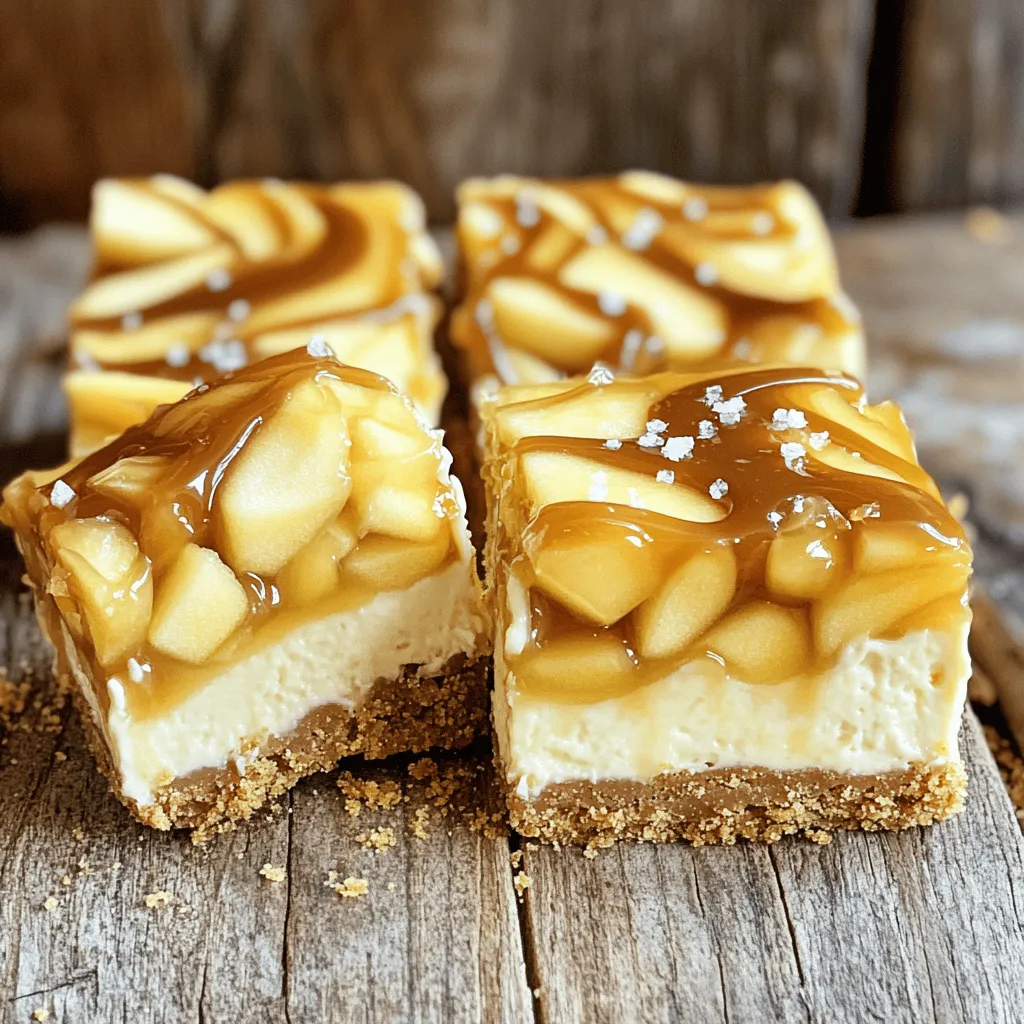 Um köstliche Karamell-Apfel-Cheesecake-Riegel zu machen, brauchen Sie folgende Hauptzutaten: - 1 ½ Tassen Graham-Cracker-Brösel - ½ Tasse ungesalzene Butter, geschmolzen - 1 Tasse Zucker, aufgeteilt - 2 (je 225 g) Pakete Frischkäse, weichgekocht - 2 große Eier - 1 Teelöffel Vanilleextrakt - 3 mittelgroße Äpfel, geschält, entkernt und gewürfelt (ca. 3 Tassen) - 1 Teelöffel Zimt - ½ Teelöffel Muskatnuss - 1 Tasse Karamellsauce (kauffertig oder selbstgemacht) - Meersalz zum Bestreuen Diese Zutaten sorgen für einen tollen Geschmack und eine schöne Textur Ihrer Riegel. Die Kombination aus Frischkäse und Äpfeln macht sie cremig und fruchtig. Für eine besondere Note können Sie einige optionale Zutaten hinzufügen: - Nüsse (z.B. Walnüsse oder Pekannüsse) für Crunch - Schokoladenstückchen für Süße - Honig als zusätzlicher Süßstoff - Zitronensaft, um die Äpfel frisch zu halten Diese Zutaten geben Ihren Riegeln eine persönliche Note und variieren den Geschmack. Die Wahl der Äpfel ist entscheidend für den Geschmack. Hier sind einige Tipps: - Wählen Sie feste Äpfel wie Granny Smith oder Braeburn. Diese Sorten halten beim Backen gut ihre Form. - Vermeiden Sie mehlige Äpfel, da sie matschig werden. - Achten Sie auf frische Äpfel ohne Druckstellen. - Probieren Sie eine Mischung aus süßen und sauren Äpfeln für mehr Tiefe im Geschmack. Mit den richtigen Äpfeln wird Ihr Karamell-Apfel-Cheesecake zu einem Genuss! Für das vollständige Rezept schauen Sie sich die vollständige Anleitung an. Um die Kruste vorzubereiten, heizen Sie zuerst den Ofen auf 175°C vor. Nehmen Sie eine Backform von 23x33 cm und legen Sie sie mit Backpapier aus. Lassen Sie einen Überstand, das hilft beim Herausnehmen. In einer Schüssel vermischen Sie die Graham-Cracker-Brösel, die geschmolzene Butter und ¼ Tasse Zucker. Rühren Sie, bis die Brösel gut befeuchtet sind. Drücken Sie die Mischung gleichmäßig auf den Boden der Form. Backen Sie die Kruste für 10 Minuten. Nehmen Sie sie dann aus dem Ofen und lassen Sie sie abkühlen. Für die Füllung schlagen Sie den weichen Frischkäse mit den restlichen ¾ Tasse Zucker in einer Schüssel. Rühren Sie, bis die Mischung glatt ist. Fügen Sie die Eier einzeln hinzu. Rühren Sie gut, bevor Sie das nächste Ei hinzufügen. Geben Sie dann den Vanilleextrakt dazu. Fügen Sie die gewürfelten Äpfel, Zimt und Muskatnuss vorsichtig hinzu. Mischen Sie alles gut, so dass die Äpfel gleichmäßig verteilt sind. Gießen Sie die Cheesecake-Mischung gleichmäßig über die vorgebackene Kruste. Geben Sie die Karamellsauce über die Cheesecake-Schicht. Verwenden Sie einen Zahnstocher, um die Karamellsauce leicht in die Mischung zu wirbeln. Backen Sie die Riegel für 35-40 Minuten. Die Mitte sollte fest sein, aber leicht wackeln. Nach dem Backen lassen Sie die Riegel bei Raumtemperatur abkühlen. Stellen Sie sie dann für mindestens 2 Stunden in den Kühlschrank. Nach dem Kühlen heben Sie die Riegel mit dem überhängenden Backpapier aus der Form. Schneiden Sie sie in Quadrate und streuen Sie etwas Meersalz darüber. Servieren Sie die Riegel mit zusätzlicher Karamellsauce. Für das vollständige Rezept schauen Sie sich bitte die [Full Recipe] an. Ein häufiger Fehler ist, die Kruste zu locker zu drücken. Damit sie fest wird, drücken Sie die Mischung gut an. Achten Sie darauf, dass der Frischkäse weich genug ist. Kalter Frischkäse vermischt sich nicht gut. Wenn Sie die Äpfel zu lange kochen, können sie matschig werden. Schneiden Sie sie in kleine Stücke, damit sie gut garen. Sie können verschiedene Äpfel verwenden. Süße Sorten wie Fuji oder Honeycrisp geben einen tollen Geschmack. Für eine nussige Note fügen Sie gehackte Nüsse hinzu. Überlegen Sie auch, eine andere Karamellsauce zu nutzen. Eine salzige Karamellsauce kann einen spannenden Kontrast bieten. Experimentieren Sie mit Gewürzen wie Ingwer oder Nelken für mehr Tiefe. Servieren Sie die Riegel warm mit einer Kugel Vanilleeis. Ein Klecks Schlagsahne passt ebenfalls gut. Für eine frische Note können Sie einige Minzblätter hinzufügen. Diese Riegel schmecken auch toll mit einer Tasse Kaffee oder Tee. Schauen Sie sich den Full Recipe für genauere Mengen an und genießen Sie diese Leckerei! {{image_4}} Wenn du eine gesündere Kruste möchtest, probiere Mandeln oder Haferflocken. Diese Optionen sind nahrhaft und lecker. Du kannst auch Kokosnussmehl verwenden, um den Geschmack zu verändern. Mische die gewählten Zutaten mit geschmolzener Butter und einer Prise Salz. Drücke die Mischung in die Form, wie im Rezept beschrieben. Die Karamell-Apfel-Cheesecake-Riegel sind toll mit verschiedenen Früchten. Erdbeeren, Himbeeren oder Pfirsiche passen gut. Du kannst auch Birnen verwenden, um eine neue Note zu schaffen. Mische die Früchte einfach in die Füllung, wie bei den Äpfeln. So erhältst du einen fruchtigen Genuss, der immer frisch bleibt. Wenn du auf Zucker verzichten möchtest, gibt es tolle Alternativen. Verwende Stevia oder Erythrit, um die Füllung süß zu machen. Diese Süßstoffe sind kalorienarm und gesünder. Achte darauf, die Menge anzupassen, da sie oft süßer sind als Zucker. So kannst du die Füllung genießen, ohne dir Sorgen um den Zuckergehalt zu machen. Für das vollständige Rezept, schau dir den Full Recipe an. Um die frisch gebackenen Karamell-Apfel-Cheesecake-Riegel optimal zu lagern, lege sie in einen luftdichten Behälter. So bleibt die Textur weich und lecker. Verwende Backpapier, um die Riegel voneinander zu trennen. Das verhindert, dass sie aneinander kleben. Lagere sie bei Raumtemperatur für ein paar Stunden, aber kühle sie danach. Falls du einige Riegel übrig hast, kannst du sie einfrieren. Schneide die Riegel in Stücke und lege sie zwischen Schichten von Wachspapier in einen Gefrierbeutel. So bleiben sie frisch. Die Riegel halten sich bis zu drei Monate im Gefrierschrank. Um sie wieder aufzutauen, lege sie einfach in den Kühlschrank über Nacht. Im Kühlschrank sind die Riegel circa fünf bis sieben Tage haltbar. Achte darauf, sie in einem luftdichten Behälter zu lagern. So bleibt der Geschmack frisch. Überprüfe die Riegel vor dem Essen auf Anzeichen von Verderb. Wenn sie seltsam riechen oder aussehen, wirf sie weg. Mit diesen Tipps bleibst du auf der sicheren Seite und genießt jeden Bissen. Die Karamell-Apfel-Cheesecake-Riegel bleiben im Kühlschrank etwa 5 bis 7 Tage frisch. Wichtig ist, dass du sie in einem luftdichten Behälter aufbewahrst. So bleiben sie saftig und lecker. Wenn du sie länger aufbewahren möchtest, kannst du sie auch einfrieren. Im Gefrierfach halten sie bis zu 3 Monate. Ja, du kannst die Karamellsauce selbst machen. Es ist einfach und macht Spaß! Du brauchst Zucker, Butter und Sahne. Schmelze den Zucker in einem Topf, bis er goldbraun wird. Füge dann die Butter hinzu und rühre gut um. Gieße die Sahne nach und rühre weiter, bis die Sauce glatt ist. Lass sie abkühlen, bevor du sie über die Riegel gibst. So hast du einen frischen, leckeren Geschmack. Der Hauptunterschied liegt in der Form und der Textur. Cheesecake-Riegel sind oft einfacher zu servieren. Sie haben eine feste Kruste und eine schichtartige Füllung. Klassischer Cheesecake ist dicker und wird in einer runden Form gebacken. Riegel sind auch leichter in Portionen zu schneiden. Das macht sie perfekt für Partys oder als Snack. Die Karamell-Apfel-Cheesecake-Riegel sind einfach und lecker. Wir haben die besten Zutaten, die Zubereitungsschritte und nützliche Tipps geteilt. Du weißt nun, wie du Fehler vermeidest und das Rezept anpassen kannst. Mit diesen Riegeln kannst du Freunde und Familie begeistern. Denke auch an die Lagerung, um die Frische zu bewahren. Probiere Variationen aus, um deinem Geschmack gerecht zu werden. Genieße das Backen und die Ergebnisse!