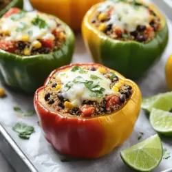 Um leckere gefüllte Paprika zu machen, brauchen wir einige wichtige Zutaten. Hier ist, was Sie brauchen: - 4 große Paprika (jede Farbe: rot, gelb, grün, orange) - 1 Tasse Quinoa, gründlich gespült - 2 Tassen Gemüsebrühe - 1 Dose (425 g) schwarze Bohnen, abgetropft und gespült - 1 Tasse Mais (frisch, gefroren oder aus der Dose) - 1 Tasse gewürfelte Tomaten (frisch oder aus der Dose) - 1 Teelöffel Kreuzkümmel - 1 Teelöffel geräucherter Paprika - ½ Teelöffel Knoblauchpulver - ½ Teelöffel Zwiebelpulver - 1 Tasse geriebener Käse (Cheddar oder eine mexikanische Mischung) - ¼ Tasse frischer Koriander, gehackt - Salz und Pfeffer nach Geschmack - 1 Esslöffel Olivenöl - Limettenviertel zum Servieren Diese Zutaten geben den Paprika einen tollen Geschmack. Quinoa ist eine gute Basis. Sie ist nahrhaft und voller Proteine. Die Bohnen fügen noch mehr Ballaststoffe hinzu. Ich liebe es, mit Variationen zu experimentieren. Hier sind einige tolle Ideen: - Gewürfeltes Gemüse wie Zucchini oder Karotten - Verschiedene Käsesorten wie Feta oder Mozzarella - Frische Kräuter wie Petersilie oder Thymian - Gewürze wie Chili-Pulver für mehr Schärfe Diese Zutaten können Sie nach Ihrem Geschmack hinzufügen. So machen Sie das Gericht einzigartig. Wenn Sie gesunde Optionen suchen, probieren Sie diese Zutaten: - Verwenden Sie braunen Reis oder Hirse anstelle von Quinoa. - Ersetzen Sie Käse durch Avocado für eine cremige Textur. - Fügen Sie Spinat oder Grünkohl für zusätzliche Vitamine hinzu. Diese Alternativen machen Ihre gefüllten Paprika noch gesünder. Sie sind lecker und gut für Ihren Körper. Probieren Sie das Rezept in der [Full Recipe]. Zuerst heizen Sie den Ofen auf 190°C vor. Wählen Sie vier große Paprika in verschiedenen Farben. Ich liebe es, die Farben zu mischen – es sieht toll aus! Schneiden Sie die Oberseiten der Paprika ab und entfernen Sie die Kerne. Vergessen Sie nicht die Membranen. Bestreichen Sie die Außenseite leicht mit Olivenöl. Stellen Sie die Paprika aufrecht in eine Auflaufform. Für die Füllung brauchen wir Quinoa. Messen Sie eine Tasse Quinoa und spülen Sie sie gut ab. Geben Sie die Quinoa in einen mittelgroßen Topf. Fügen Sie zwei Tassen Gemüsebrühe hinzu. Bringen Sie das Ganze zum Kochen. Reduzieren Sie dann die Hitze und decken Sie den Topf ab. Lassen Sie die Quinoa etwa 15 Minuten köcheln, bis die Flüssigkeit aufgesogen ist. Nehmen Sie den Topf vom Herd und lockern Sie die Quinoa mit einer Gabel auf. Jetzt kommt der spaßige Teil! Nehmen Sie eine große Schüssel. Vermengen Sie die gekochte Quinoa mit schwarzen Bohnen, Mais und gewürfelten Tomaten. Fügen Sie Kreuzkümmel, geräucherten Paprika, Knoblauchpulver und Zwiebelpulver hinzu. Mischen Sie das Ganze gut. Jetzt können Sie die Paprika vorsichtig mit der Quinoa-Mischung füllen. Drücken Sie die Füllung leicht an. Setzen Sie den restlichen Käse oben auf jede Paprika. Geben Sie etwa 60 ml Wasser in die Auflaufform, um die Paprika zu dämpfen. Decken Sie die Form mit Alufolie ab und backen Sie sie 25 Minuten lang. Entfernen Sie die Folie und backen Sie weitere 10 bis 15 Minuten. Der Käse sollte geschmolzen und blubbernd sein. Lassen Sie die Paprika nach dem Garen einige Minuten abkühlen. Servieren Sie sie mit einem Limettenviertel. Für das vollständige Rezept schauen Sie sich das [Full Recipe] an. Um die perfekte Garzeit zu finden, achte auf die Farbe der Paprika. Sie sollte leuchtend und leicht weich sein. Die Backzeit beträgt insgesamt etwa 35 bis 40 Minuten. Die ersten 25 Minuten mit Folie abdecken. Dann die Folie entfernen, damit der Käse schön schmilzt. Wenn die Paprika zart sind, sind sie fertig. Käse macht gefüllte Paprika noch besser. Du kannst Cheddar verwenden, aber probiere auch Mozzarella oder Feta. Jeder Käse bringt seinen eigenen Geschmack mit. Eine mexikanische Käsemischung passt besonders gut. Sie schmilzt gut und gibt einen tollen Geschmack. Du kannst gefüllte Paprika im Voraus zubereiten. Bereite die Füllung einen Tag vorher vor. Fülle die Paprika und lege sie in den Kühlschrank. Backe sie dann einfach, wenn du bereit bist. Das spart Zeit und macht das Abendessen einfach. Du kannst auch gefüllte Paprika einfrieren. Backe sie gefroren, aber verlängere die Backzeit ein wenig. So hast du immer einen schnellen Snack parat. {{image_4}} Vegetarische gefüllte Paprika sind einfach und lecker. Du kannst in der Füllung viele gesunde Zutaten verwenden. Zum Beispiel, benutze Kichererbsen oder Linsen statt Fleisch. Diese Bohnen sind proteinreich und geben dir Energie. Du kannst auch verschiedene Gemüse wie Zucchini oder Spinat hinzufügen. Das macht das Gericht bunt und nahrhaft. Wenn du Fleisch magst, probiere Hackfleisch oder Geflügel. Rinderhack oder Hähnchenhack sind tolle Optionen. Sie machen die gefüllten Paprika herzhaft und sättigend. Brate das Fleisch vorher an, damit es schön braun wird. Du kannst auch Gewürze hinzufügen, um den Geschmack zu verbessern. Zum Beispiel, füge Paprika oder Oregano hinzu. Nutze regionale und saisonale Zutaten für mehr Geschmack. Im Sommer sind frische Tomaten und Basilikum ideal. Im Herbst sind Kürbis oder Pilze eine gute Wahl. So bleiben deine gefüllten Paprika frisch und gesund. Außerdem unterstützt du lokale Bauern. Das macht das Kochen noch besser und schmackhafter. Wenn du mehr über die Zubereitung erfahren möchtest, schau dir das [Full Recipe] an. Wenn Sie gefüllte Paprika übrig haben, lagern Sie sie in einem luftdichten Behälter. Sie bleiben so frisch und lecker. Lassen Sie die gefüllten Paprika zuerst auf Raumtemperatur abkühlen. Danach decken Sie sie gut ab. So vermeiden Sie Austrocknen und Geruchsübertragung im Kühlschrank. Reste sind bis zu drei Tage haltbar. Um gefüllte Paprika länger zu genießen, können Sie sie einfrieren. Lassen Sie die gebackenen Paprika vollständig abkühlen. Wickeln Sie jede Paprika in Frischhaltefolie und legen Sie sie in einen Gefrierbeutel. So bleiben sie bis zu drei Monate frisch. Wenn Sie bereit sind, sie zu essen, lassen Sie sie über Nacht im Kühlschrank auftauen. Gefüllte Paprika halten sich im Kühlschrank drei Tage. Wenn Sie sie aufwärmen, nutzen Sie die Mikrowelle. Legen Sie die Paprika auf einen mikrowellengeeigneten Teller. Decken Sie sie mit einem feuchten Papiertuch ab. Erwärmen Sie sie bei mittlerer Hitze für etwa zwei bis drei Minuten. Prüfen Sie, ob sie heiß sind. So bleiben die Aromen gut. Die Zubereitungszeit für gefüllte Paprika beträgt etwa 15 Minuten. Das Kochen der Quinoa dauert in der Regel 15 Minuten. Das Backen im Ofen nimmt 35 bis 40 Minuten in Anspruch. Insgesamt sind das etwa 50 Minuten, um ein köstliches Gericht zu genießen. Ja, du kannst gefüllte Paprika im Voraus machen. Bereite die Füllung und die Paprika am Vortag zu. Fülle die Paprika, decke sie gut ab und stelle sie in den Kühlschrank. Wenn du bereit bist, sie zu backen, musst du sie nur noch in den Ofen schieben. Dies spart Zeit an einem geschäftigen Tag. Zu gefüllten Paprika passen verschiedene Beilagen gut. Hier sind einige Vorschläge: - Ein frischer grüner Salat - Reis, Quinoa oder Couscous - Guacamole oder Salsa - Ein würziger Joghurt-Dip Diese Beilagen runden das Gericht ab und bringen zusätzliche Aromen ins Spiel. Gefüllte Paprika sind vielseitig und lecker. Wir haben die wichtigsten Zutaten und Variationen besprochen. Die Anleitung findet ihr einfach und klar. Tipps helfen, die perfekten Garpunkte zu erreichen. Zudem gibt es nützliche Informationen zur Aufbewahrung der Reste. Ich hoffe, ihr wisst jetzt, wie ihr gefüllte Paprika toll zubereitet und lagert. Nutzt diese Ideen für gesunde und schmackhafte Gerichte. Viel Spaß beim Kochen!