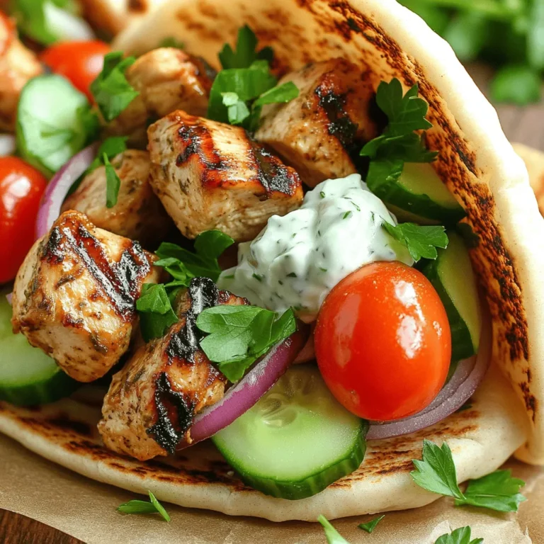 Für die Zubereitung der Hähnchen Souvlaki Pita benötigst du einige Hauptzutaten. Diese Zutaten geben dem Gericht den vollen Geschmack. Hier sind die wichtigsten: - 450 g Hähnchenbrustfilet - 3 Esslöffel Olivenöl - 2 Esslöffel Zitronensaft - 3 Knoblauchzehen - 1 Teelöffel getrockneter Oregano - 1 Teelöffel Kreuzkümmel - Salz und Pfeffer - 4 Vollkornpitas Die Marinade ist der Schlüssel zu saftigem Hähnchen. Sie gibt dem Fleisch Geschmack und macht es zart. Hier ist, wie du die Marinade machst: 1. In einer großen Schüssel das Hähnchen mit Olivenöl, Zitronensaft, gehacktem Knoblauch, Oregano, Kreuzkümmel, Salz und Pfeffer vermengen. 2. Stelle sicher, dass alle Stücke gut bedeckt sind. 3. Lass das Hähnchen mindestens 30 Minuten im Kühlschrank marinieren, um den Geschmack zu verbessern. Frische Beilagen bringen Farbe und Textur in dein Gericht. Hier sind einige tolle Optionen: - 1 Tasse Kirschtomaten, halbiert - 1 Gurke, gewürfelt - 1/2 rote Zwiebel, dünn geschnitten - 1 Tasse Tzatziki-Sauce - Frische Petersilie zum Garnieren Diese Zutaten machen die Pita frisch und köstlich. Du kannst sie nach Belieben anpassen! Um dein Hähnchen perfekt zu marinieren, beginne mit einer großen Schüssel. Füge die Hähnchenwürfel, Olivenöl, Zitronensaft, Knoblauch, Oregano, Kreuzkümmel, Salz und Pfeffer hinzu. Mische alles gut durch, sodass die Marinade alle Stücke umhüllt. Lass das Hähnchen mindestens 30 Minuten im Kühlschrank ruhen. Je länger du es marinierst, desto mehr Geschmack bekommt es. Ein Zeitraum von bis zu 2 Stunden ist ideal. Heize deine Grillpfanne oder den Grill auf mittelhohe Hitze vor. Wenn du eine Grillpfanne benutzt, sprühe sie leicht mit Kochspray ein, damit das Hähnchen nicht kleben bleibt. Lege die marinierten Hähnchenwürfel in die heiße Pfanne. Grille das Hähnchen für etwa 10 bis 12 Minuten. Wende die Stücke regelmäßig, bis sie durchgegart sind und schöne Grillmarkierungen haben. Achte darauf, dass das Hähnchen saftig bleibt. Während das Hähnchen grillt, ist es Zeit, die Pitas vorzubereiten. Erwärme die Vollkornpitas, indem du sie für 30 Sekunden auf einer heißen Pfanne drehst oder sie in Aluminiumfolie wickelst und im Ofen für 5 Minuten erhitzt. Jetzt kommt der spaßige Teil! Nimm eine warme Pita und verteile eine großzügige Menge Tzatziki-Sauce darin. Füge dann die gegrillten Hähnchenstücke hinzu, gefolgt von den Kirschtomaten, der gewürfelten Gurke und der roten Zwiebel. Garnieren mit frischer Petersilie bringt Farbe und Geschmack. Falte die Pita über die Füllung und genieße deine köstliche Hähnchen-Souvlaki-Pita. Du wirst begeistert sein! Die Marinierzeit ist sehr wichtig. Ich empfehle, das Hähnchen mindestens 30 Minuten zu marinieren. So zieht der Geschmack tiefer ein. Wenn du mehr Zeit hast, lass das Hähnchen bis zu 2 Stunden im Kühlschrank. Die Aromen werden intensiver und das Hähnchen wird zarter. Grilltechniken sind entscheidend für leckeres Hähnchen. Verwende mittelhohe Hitze, damit das Hähnchen gleichmäßig gart. Wende die Stücke alle paar Minuten. So bekommst du schöne Grillstreifen und das Hähnchen bleibt saftig. Wenn du eine Grillpfanne verwendest, sprühe sie leicht mit Kochspray ein. Das verhindert Ankleben. Achte darauf, dass das Hähnchen gut durchgegart ist, um die beste Textur zu erreichen. Die Präsentation macht das Essen besonders. Serviere die Souvlaki-Pitas auf bunten Tellern. Füge frische Gemüsesticks hinzu, wie Karotten und Paprika. Das gibt Farbe und Textur. Tzatziki sollte nicht fehlen! Stelle eine extra Schale Tzatziki zum Dippen bereit. So können die Gäste nach Belieben nachnehmen. Frische Petersilie darüber streuen, um dem Gericht den letzten Schliff zu geben. {{image_4}} Für eine leckere vegetarische Option, kannst du Tofu oder Halloumi verwenden. Diese Zutaten nehmen die Marinade gut auf und geben einen tollen Geschmack. Um Tofu zu nutzen, schneide ihn in Würfel. Marinieren wie beim Hähnchen und dann grillen. Halloumi in Scheiben schneiden und ebenfalls grillen, bis er goldbraun ist. Diese Alternativen sind gesund und sättigend. Die Wahl der Sauce kann einen großen Unterschied machen. Neben Tzatziki kannst du Hummus oder eine scharfe Salsa wählen. Hummus gibt eine cremige Textur. Die scharfe Salsa bringt einen Kick. Experimentiere mit verschiedenen Dressings, um deinen persönlichen Favoriten zu finden. Eine einfache Joghurtsauce mit Kräutern passt ebenfalls super. Wenn du es würziger magst, füge mehr Gewürze zur Marinade hinzu. Paprika, Cayennepfeffer oder frische Kräuter wie Oregano verleihen dem Hähnchen einen besonderen Geschmack. Du kannst auch die Marinierzeit verlängern, um mehr Geschmack zu bekommen. So wird dein Souvlaki noch aromatischer und intensiver. Um die Souvlaki-Pitas frisch zu halten, lege sie in einen luftdichten Behälter. Du kannst sie auch in Frischhaltefolie wickeln. Stelle sicher, dass die Pitas abgekühlt sind, bevor du sie lagerst. So bleibt ihre Textur erhalten. In der Regel bleiben sie im Kühlschrank etwa drei Tage frisch. Wenn du Hähnchen Souvlaki aufbewahren möchtest, friere die Würfel nach dem Marinieren ein. Lege sie in einen Gefrierbeutel und drücke die Luft heraus. So kannst du sie bis zu drei Monate lagern. Wenn du sie verwenden möchtest, lasse sie über Nacht im Kühlschrank auftauen. Verwende die Reste kreativ! Du kannst die übrig gebliebenen Hähnchenwürfel in Salaten oder Wraps nutzen. Auch in einer Pasta mit Gemüse machen sie eine gute Figur. Ich empfehle, die Reste schnell zu verzehren, um den besten Geschmack zu genießen. Eine gute Idee ist es, die Reste mit frischen Kräutern oder einem Spritzer Zitrone aufzupeppen. Wenn du mehr über die Zubereitung erfahren möchtest, schau dir das [Full Recipe] an! Das Hähnchen sollte mindestens 30 Minuten mariniert werden. So zieht der Geschmack gut ein. Wenn du mehr Zeit hast, lasse es bis zu 2 Stunden im Kühlschrank. Eine längere Marinierzeit macht das Hähnchen zarter und voller Geschmack. Ja, du kannst das Hähnchen auch im Ofen zubereiten. Heize den Ofen auf 200 °C vor. Lege die marinierten Hähnchenwürfel auf ein Blech. Backe sie etwa 20 bis 25 Minuten. Wende sie einmal, damit sie gleichmäßig garen. So bekommst du auch im Ofen leckeres Souvlaki. Wenn du keine Pitas hast, nutze Tortillas oder Fladenbrot. Du kannst auch einfach einen Salat machen. Lege das Hähnchen und die Beilagen auf einen Teller. Das schmeckt auch sehr gut und ist leicht. Hähnchen Souvlaki Pita ist einfach und lecker. Diese Anleitung gibt dir alles, was du brauchst. Du hast gelernt, wie man das Hähnchen mariniert und grillt. Wir haben die besten Beilagen und Toppings besprochen. Denk auch an Variationen, falls du etwas Neues probieren willst. Die Lagerungshinweise helfen dir, Reste nicht wegzuwerfen. Wenn du Fragen hast, findest du die Antworten in der FAQ. Bereite dir diese Mahlzeit zu und genieße sie mit Freunden oder Familie. Es wird sicher ein Hit!