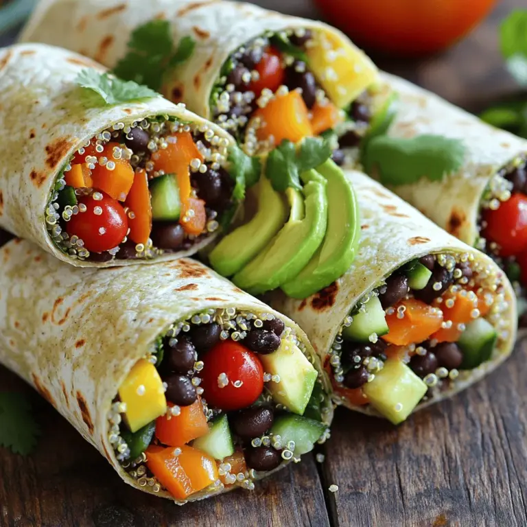 Für die Rainbow Quinoa Crunch Wraps benötigst du einige frische und gesunde Zutaten. Hier ist die Liste: - 1 Tasse Quinoa, gut abgespült - 2 Tassen Gemüsebrühe oder Wasser - 1 Tasse Kirschtomaten, halbiert - 1 Tasse Paprika (gemischte Farben), gewürfelt - 1 Tasse Gurke, gewürfelt - 1 Tasse geraspelte Karotten - 1 Avocado, in Scheiben geschnitten - 1 Tasse schwarze Bohnen, gut abgespült und abgetropft - 1/4 Tasse frischer Koriander, gehackt - 2 Esslöffel Olivenöl - Saft von 1 Limette - Salz und Pfeffer nach Geschmack - Wraps aus Vollkorn oder Spinat - Optional: scharfe Soße zum Servieren Diese Zutaten bringen Farbe und Geschmack auf deinen Teller. Die Quinoa ist nahrhaft und voller Proteine. Die bunten Gemüse sorgen für Vitamine und Mineralstoffe. Um deine Wraps noch gesünder zu machen, kannst du einige Extras hinzufügen: - Spinatblätter für mehr Eisen - Avocado für gesunde Fette - Mais für natürliche Süße - Nüsse oder Samen für Crunch und Proteine Diese Extras machen die Wraps noch nahrhafter und schmecken einfach toll. Wähle frische und reife Zutaten aus. Achte auf Bio-Produkte, wenn möglich. Dies sorgt für besseren Geschmack und mehr Nährstoffe. - Quinoa sollte glänzend und ohne Schmutz sein. - Gemüse sollte fest und knackig wirken. - Wähle Wraps, die wenig Zusatzstoffe haben. Mit diesen Tipps stellst du sicher, dass deine Rainbow Quinoa Crunch Wraps immer lecker und gesund sind. Du kannst das ganze Rezept [Full Recipe] in der Anleitung finden. Um die Quinoa vorzubereiten, spülen Sie sie zuerst gut ab. Dies entfernt Bitterstoffe. Nehmen Sie dann einen mittelgroßen Topf. Geben Sie die gespülte Quinoa und zwei Tassen Gemüsebrühe oder Wasser hinein. Bringen Sie alles bei hoher Hitze zum Kochen. Senken Sie die Hitze und decken Sie den Topf ab. Lassen Sie die Quinoa etwa 15 Minuten köcheln, bis sie fluffig ist. Lockern Sie die Quinoa mit einer Gabel und lassen Sie sie abkühlen. In einer großen Schüssel vermengen Sie die abgekühlte Quinoa mit den anderen Zutaten. Fügen Sie die halbierten Kirschtomaten, gewürfelte Paprika, Gurke, geraspelte Karotten und die schwarzen Bohnen hinzu. Der frische Koriander bringt einen tollen Geschmack. Gießen Sie dann das Olivenöl und den Limettensaft darüber. Würzen Sie die Mischung mit Salz und Pfeffer. Mischen Sie alles vorsichtig, damit die Farben und Aromen gut verteilt sind. Legen Sie einen Wrap flach auf eine saubere Fläche. Geben Sie eine großzügige Menge der Quinoamischung in die Mitte. Platzieren Sie die Avocadoscheiben darauf. Klappen Sie zuerst die Seiten des Wraps ein. Rollen Sie den Wrap dann von unten nach oben fest zusammen. Wiederholen Sie diesen Schritt mit den restlichen Wraps und der Füllung. Servieren Sie die Wraps ganz oder schneiden Sie sie diagonal in zwei Hälften. So können die bunten Füllungen schön präsentiert werden. Ein häufiger Fehler ist, zu viel Füllung zu verwenden. Wenn Sie die Wraps überladen, werden sie schwer zu schließen. Achten Sie darauf, eine gute Portion Quinoamischung zu nehmen, aber nicht zu viel. Ein weiterer häufiger Fehler ist, die Wraps nicht richtig zu rollen. Beginnen Sie am unteren Ende und rollen Sie fest. So bleibt die Füllung innen. Stellen Sie sicher, dass die Wraps frisch sind. Alte Wraps brechen leicht. Rainbow Quinoa Crunch Wraps schmecken am besten mit frischen Beilagen. Servieren Sie sie mit einer Schale guacamole oder Joghurt-Dip. Ein leichter Salat aus grünem Blattgemüse passt gut dazu. Sie können auch frische Salsa anbieten, um den Geschmack zu verstärken. Für mehr Crunch, fügen Sie Tortillachips hinzu. Sie können die Wraps leicht anpassen. Ersetzen Sie Quinoa durch braunen Reis oder Hirse für eine andere Textur. Fügen Sie zusätzliches Protein wie Hähnchen oder Tofu hinzu. Wenn Sie die Wraps vegan machen wollen, verwenden Sie pflanzliche Alternativen für Joghurt-Dips. Achten Sie auch auf die Auswahl der Wraps. Vollkorn ist gesund, während Spinat-Wraps mehr Farbe bringen. Weitere Tipps finden Sie in der [Full Recipe]. {{image_4}} Wenn du einen leckeren vegetarischen Snack suchst, sind diese Wraps perfekt. Sie enthalten viele frische Zutaten. Du kannst die Avocado durch Hummus ersetzen. Das macht die Wraps cremig und schmackhaft. Für vegane Optionen, achte darauf, dass die Wraps ohne tierische Produkte sind. Um mehr Eiweiß hinzuzufügen, nimm Kichererbsen oder Tofu. Kichererbsen passen gut zu den bunten Zutaten. Tofu kannst du anbraten oder marinieren. Beides gibt dir mehr Nährstoffe und macht die Wraps sättigender. Nutze saisonales Gemüse für frische Aromen. Im Sommer sind Zucchini und Auberginen gut. Im Herbst passen Kürbis und Rüben. Diese Zutaten bringen neue Geschmäcker und Farben in die Wraps. Du kannst die Füllung an die Jahreszeiten anpassen. Für das vollständige Rezept, schau dir die Anleitung für die Regenbogen Quinoa Crunch Wraps an. Um die Rainbow Quinoa Crunch Wraps frisch zu halten, lege sie in einen luftdichten Behälter. Trenne die Wraps mit Backpapier, damit sie nicht zusammenkleben. Stelle den Behälter in den Kühlschrank. Dies bewahrt die Frische und den Geschmack. Die Wraps bleiben im Kühlschrank etwa drei bis fünf Tage frisch. Achte darauf, die Wraps gut zu verpacken. So bleibt die Füllung knackig und der Wrap weich. Wenn du sie länger aufbewahren möchtest, kannst du sie auch einfrieren. Um die Wraps aufzuwärmen, nutze eine Pfanne oder einen Toaster. Erhitze sie bei mittlerer Hitze für einige Minuten, bis sie warm sind. Drehe sie um, damit sie gleichmäßig warm werden. Du kannst auch die Mikrowelle nutzen. Wickel die Wraps in ein feuchtes Papiertuch, um sie weich zu halten. Um Rainbow Quinoa Crunch Wraps zu machen, folge diesen einfachen Schritten: 1. Spüle 1 Tasse Quinoa gut ab. 2. Koche die Quinoa in 2 Tassen Gemüsebrühe oder Wasser. 3. Lass sie 15 Minuten köcheln, bis sie fluffig ist. 4. Mische die Quinoa mit 1 Tasse Kirschtomaten, 1 Tasse Paprika, 1 Tasse Gurke, 1 Tasse geraspelten Karotten, 1 Tasse schwarzen Bohnen und 1/4 Tasse frischem Koriander. 5. Füge 2 Esslöffel Olivenöl und den Saft von 1 Limette hinzu. 6. Würze mit Salz und Pfeffer. 7. Wickele die Mischung in Vollkorn- oder Spinatschwraps. Das ist alles! Die Wraps sind bunt und nährstoffreich. Ja, du kannst die Wraps im Voraus zubereiten! Fülle die Wraps und wickele sie fest ein. Bewahre sie im Kühlschrank auf. Sie bleiben frisch für bis zu drei Tage. Wenn du sie servieren möchtest, schneide sie einfach in zwei Hälften. Du kannst sie auch leicht erwärmen, wenn du möchtest. Wenn du keine Quinoa hast, gibt es viele Alternativen. Du kannst braunen Reis, Couscous oder sogar Hirse verwenden. Jedes dieser Körner hat seine eigenen Vorteile. Sie sind alle nahrhaft und einfach zuzubereiten. Wähle die, die dir am besten schmeckt! Zusammenfassend haben wir die wichtigsten Zutaten für Rainbow Quinoa Crunch Wraps besprochen. Ich habe Tipps zur Zubereitung und Lagerung gegeben. Du kannst die Wraps leicht anpassen, um sie gesünder oder leckerer zu machen. Denke daran, neue Zutaten zu probieren und die Vielfalt zu genießen. So bleibt jedes Essen spannend und köstlich. Viel Spaß beim Kochen und Experimentieren mit deinen Wraps!