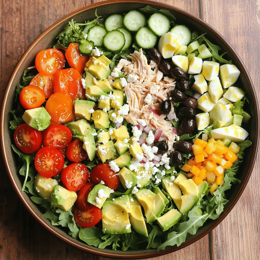 Um einen leckeren Cobb-Salat zu machen, brauchst du einige Hauptzutaten. Diese geben dem Salat Geschmack und Nährstoffe. Hier sind die Zutaten: - 4 Tassen gemischte Salatblätter (Rucola, Spinat und Romanasalat) - 1 Tasse Cherry-Tomaten, halbiert - 1 Tasse gekochte, zerkleinerte Hähnchenbrust - 1 Avocado, gewürfelt - 1/2 Tasse Gurke, gewürfelt - 1/4 Tasse zerbröckelter Feta-Käse - 1/4 Tasse schwarze Oliven, in Scheiben geschnitten - 2 hartgekochte Eier, in Scheiben geschnitten - 1/4 Tasse rote Zwiebel, dünn geschnitten Diese Zutaten sorgen für eine ausgewogene Mischung. Sie sind reich an Vitaminen und Mineralstoffen. Das Hähnchen bringt Eiweiß, während die Avocado gesunde Fette hinzufügt. Du kannst den Cobb-Salat mit frischen Zutaten noch besser machen. Probiere verschiedene Salatsorten oder Gemüse. Du könntest auch: - Paprika für eine süße Note hinzufügen - Radieschen für einen scharfen Geschmack nutzen - Mais für etwas Süße und Knusprigkeit einfügen Diese Optionen machen den Salat bunt und spannend. Du kannst die Zutaten nach deinem Geschmack anpassen. Frische Kräuter wie Petersilie oder Schnittlauch geben auch einen tollen Geschmack. Um den Cobb-Salat noch nährstoffreicher zu machen, kannst du einige Zusätze verwenden. Hier sind einige Ideen: - Nüsse oder Samen für gesunde Fette - Quinoa für zusätzliches Eiweiß - Kichererbsen für Ballaststoffe und Proteine Diese Zusätze bringen nicht nur Geschmack, sondern auch mehr Nährstoffe in dein Gericht. Du kannst die Zutaten in der [Full Recipe] nachlesen und deinen perfekten Salat kreieren. Beginnen wir mit den Eiern. Nehmen Sie zwei frische Eier und legen Sie sie in einen Topf. Füllen Sie den Topf mit kaltem Wasser, bis die Eier vollständig bedeckt sind. Stellen Sie den Herd auf hohe Hitze und bringen Sie das Wasser zum Kochen. Wenn das Wasser kocht, decken Sie den Topf ab und nehmen ihn vom Herd. Lassen Sie die Eier für 12 Minuten im heißen Wasser ruhen. Danach legen Sie die Eier in ein Eiswasserbad. Dies stoppt den Garvorgang und macht das Schälen einfacher. Nach wenigen Minuten sind die Eier kalt. Schälen Sie sie vorsichtig und schneiden Sie sie in Scheiben. Jetzt richten wir den Salat an. Nehmen Sie eine große Schüssel und fügen Sie die gemischten Salatblätter hinzu. Diese bilden die Basis. Streuen Sie die halbierten Cherry-Tomaten gleichmäßig darüber. Dann fügen Sie die zerkleinerte Hähnchenbrust hinzu. Danach kommt die gewürfelte Avocado. Sie sorgt für eine cremige Textur. Fügen Sie die Gurkenwürfel hinzu, gefolgt von den in Scheiben geschnittenen schwarzen Oliven. Jetzt platzieren Sie die geschnittenen hartgekochten Eier und die dünn geschnittene rote Zwiebel. Achten Sie darauf, alles schön und ordentlich zu arrangieren. So sieht der Salat appetitlich aus. Für das Dressing nehmen Sie eine kleine Schüssel. Geben Sie 3 Esslöffel Olivenöl, 2 Esslöffel Apfelessig und 1 Teelöffel Dijon-Senf hinein. Würzen Sie mit Salz und Pfeffer. Mischen Sie alles gut mit einem kleinen Schneebesen. Das Dressing sollte cremig und gut vermischt sein. Gießen Sie das Dressing kurz vor dem Servieren über den Salat oder servieren Sie es separat. So kann jeder nach Belieben würzen. Zum Schluss streuen Sie den zerbröckelten Feta-Käse über den Salat. Dieser gibt einen tollen Geschmack und sieht schön aus. Für die vollständige Zubereitung sehen Sie sich das [Full Recipe] an. Um die Zutaten frisch zu halten, achte darauf, sie richtig zu lagern. Bewahre die Salatblätter in einem luftdichten Behälter im Kühlschrank auf. Lege ein Papiertuch hinein, um Feuchtigkeit zu absorbieren. Das hilft, die Blätter knackig zu halten. Halte die geschnittenen Zutaten wie Avocado und Gurke in separaten Behältern. So vermeidest du, dass sie matschig werden. Um den Geschmack deines Cobb-Salats zu verbessern, verwende frische Kräuter. Petersilie oder Basilikum geben viel Aroma. Du kannst auch geröstete Nüsse oder Samen hinzufügen. Sie bringen einen schönen Crunch. Experimentiere mit verschiedenen Dressings, um den Salat spannend zu halten. Ein Spritzer Zitrone kann auch Wunder wirken. Ein häufiger Fehler ist, den Salat zu früh zu mischen. Mische die Zutaten erst kurz vor dem Servieren. So bleiben sie frisch und knackig. Achte darauf, die richtigen Mengen zu verwenden. Zu viel Dressing kann den Salat schwer machen. Ein weiterer Fehler ist, die Zutaten nicht gleichmäßig zu schneiden. Gleich große Stücke sorgen für einen besseren Biss. Wenn du all diese Tipps beachtest, wird dein Cobb-Salat immer lecker schmecken. {{image_4}} Für einen vegetarischen Cobb-Salat lassen Sie das Hähnchen weg. Fügen Sie stattdessen mehr Gemüse hinzu. Gegrillte Paprika oder Champignons bringen einen tollen Geschmack. Sie können auch Kichererbsen oder schwarze Bohnen einfügen. Diese Zutaten sind reich an Ballaststoffen und halten lange satt. Ein hoher Proteingehalt macht den Salat nahrhaft und lecker. Wenn Sie weniger Kohlenhydrate möchten, reduzieren Sie die Menge an Avocado und Oliven. Stattdessen nutzen Sie Zucchini oder Radieschen für einen knusprigen Biss. Diese Gemüsesorten haben wenig Zucker und viele Nährstoffe. Ein zusätzlicher Vorteil: Sie bleiben frisch und knackig. So genießen Sie einen leichten Salat, der dennoch voll ist. Es gibt viele Wege, den Proteingehalt zu erhöhen. Fügen Sie Quinoa oder Linsen hinzu. Diese Zutaten sind pflanzlich und bieten viel Eiweiß. Sie können auch geräucherten Lachs oder Garnelen verwenden. Diese Meeresfrüchte bringen einen tollen Geschmack in den Salat. Sie sind leicht und gesund. So wird der Cobb-Salat noch nahrhafter und befriedigender. Probieren Sie verschiedene Kombinationen, um Ihre eigene Lieblingsversion zu finden! Um deinen gesunden Cobb-Salat frisch zu halten, lagere ihn in einem luftdichten Behälter. Achte darauf, das Dressing separat aufzubewahren. So bleiben die Blätter knackig. Du kannst den Salat bis zu drei Tage im Kühlschrank aufbewahren. Wenn du ihn länger lagern möchtest, bereite die Zutaten besser einzeln vor. Die Haltbarkeit der Zutaten variiert. Hier sind einige Hinweise: - Salatblätter: 3-5 Tage im Kühlschrank. - Gekochte Hähnchenbrust: 3-4 Tage, wenn gut verpackt. - Avocado: 1-2 Tage, nach dem Schneiden schnell verwenden. - Eier: 1 Woche, wenn sie hartgekocht sind. - Feta-Käse: 1 Woche, nach dem Öffnen. Behalte die Frische der Zutaten im Auge. Wenn sie schlaff oder verfärbt sind, verwende sie nicht mehr. Es ist nicht ideal, einen fertigen Cobb-Salat einzufrieren. Die Textur leidet dabei. Du kannst jedoch einige Zutaten einfrieren: - Gekochte Hähnchenbrust: Gekühlt bis zu drei Monate haltbar. - Hartgekochte Eier: Besser im Kühlschrank halten. Einfrieren kann die Textur verändern. Für frische Zutaten ist es besser, diese frisch zu kaufen. Das gibt deinem Salat den besten Geschmack und die besten Nährstoffe. Um einen Cobb-Salat gesund zu machen, wähle frische, nährstoffreiche Zutaten. Verwende mehr Gemüse wie Spinat und Rucola. Füge gesunde Fette aus Avocado und Oliven hinzu. Reduziere die Menge an Käse und wähle fettarmen Feta. Verwende ein einfaches Dressing aus Olivenöl und Essig. So bleibst du im Rahmen, aber der Geschmack bleibt großartig! Ja, du kannst andere Käsesorten verwenden. Mozzarella oder Ziegenkäse sind gute Alternativen. Diese Käsesorten sind leichter und passen gut zu frischen Zutaten. Wenn du einen kräftigeren Geschmack magst, probiere Parmesan oder Blauschimmelkäse. Achte darauf, die Menge zu reduzieren, um den Salat leicht zu halten. Für den Cobb-Salat gibt es viele Dressing-Optionen. Ein einfaches Olivenöl und Essig-Dressing ist klassisch. Du kannst auch Joghurt oder Avocado-Dressing verwenden für cremigen Geschmack. Balsamico-Dressing bringt eine süße Note. Experimentiere mit verschiedenen Kräutern und Gewürzen, um deinen perfekten Geschmack zu finden. Ein Cobb-Salat ist frisch, gesund und vielseitig. Wir haben die wichtigen Zutaten, Zubereitungsschritte und nützliche Tipps besprochen. Du kannst ihn leicht anpassen und aufbewahren. Das macht ihn perfekt für jeden Anlass. Denke daran, frische Zutaten zu wählen und Fehler zu vermeiden. Mit diesen Tipps zauberst du immer einen leckeren Salat. Experimentiere mit Variationen und verbessere deinen Cobb-Salat. Gesundes Essen muss nicht kompliziert sein. Genieß dein nächstes Salaterlebnis!