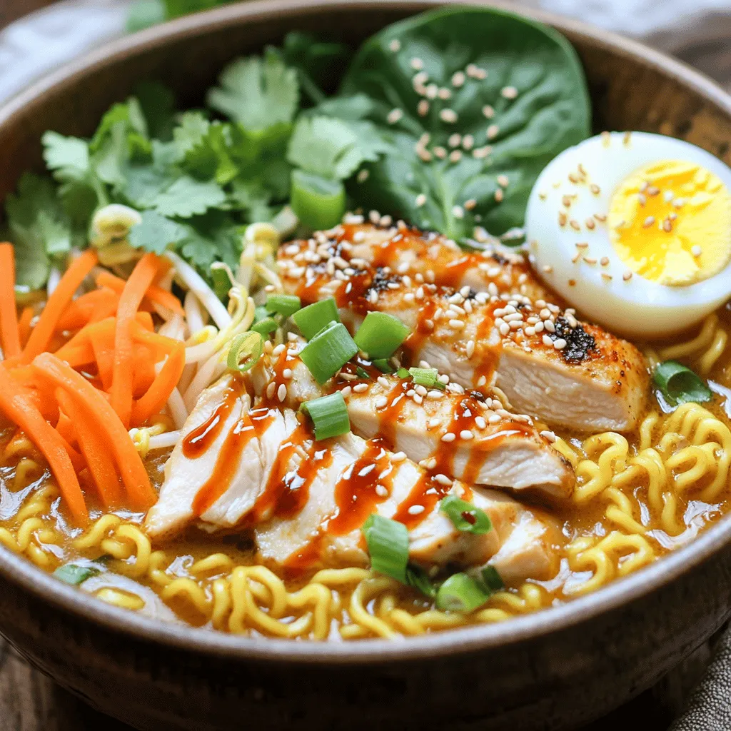 - Hähnchen, Brühe und Ramen-Nudeln Für diese leckeren Ramen-Bowls brauchst du frisches Hähnchen. Ich empfehle Hähnchenschenkel, weil sie saftig und geschmackvoll sind. Verwende eine gute Hühnerbrühe. Das macht die Brühe aromatisch. Die Ramen-Nudeln sind der Hauptbestandteil. Sie sind schnell zu kochen und nehmen den Geschmack gut auf. - Gemüse und aromatische Zutaten Das Gemüse bringt Farbe und Nährstoffe. Ich mag Karotten und Baby-Spinat. Karotten in feinen Streifen machen die Schüssel bunt. Der Spinat gibt einen frischen Geschmack. Achte darauf, frischen Ingwer und Knoblauch zu nutzen. Diese Zutaten geben der Brühe eine tolle Tiefe. - Gewürze und Garnierungen Gewürze machen das Gericht spannend. Sojasauce und Sriracha sind wichtig für die Marinade. Sie bringen die Würze und Schärfe. Miso-Paste gibt einen umami Geschmack. Zum Garnieren verwende Frühlingszwiebeln, Sesamkörner und frischen Koriander. Diese Toppings machen die Bowls nicht nur lecker, sondern auch schön anzusehen. Für die vollständige Zubereitung schaue dir das [Full Recipe] an. Um die Marinade herzustellen, vermischst du einfach die Sojasauce, Sriracha und das Sesamöl in einer Schüssel. Diese Mischung gibt dem Hähnchen viel Geschmack. Lege die Hähnchenschenkel in die Marinade und achte darauf, dass sie gut bedeckt sind. Lass sie mindestens 15 Minuten einziehen. Jetzt kommt das Braten. Erhitze eine Pfanne bei mittlerer Hitze. Brate die marinierten Hähnchenschenkel für etwa 5-7 Minuten auf jeder Seite. Sie sollten goldbraun und durchgegart sein. Nimm sie vom Herd, lass sie kurz ruhen und schneide sie dann in dünne Streifen. Für die Brühe nimm einen großen Topf und erhitze die Hühnerbrühe bei mittlerer Hitze. Füge den geriebenen Ingwer, den gehackten Knoblauch und die Miso-Paste hinzu. Rühre gut um, bis die Miso-Paste sich auflöst. Lass die Brühe sanft zum Simmern kommen. Jetzt ist es Zeit, die Ramen-Nudeln zu kochen. Gib die Nudeln in die köchelnde Brühe. Koche sie gemäß der Packungsanleitung, meist etwa 3-4 Minuten. In der letzten Minute füge die in Streifen geschnittene Karotte und den Baby-Spinat hinzu. Sie sollen leicht welken und weich werden. Verteile die Nudeln und die Brühe gleichmäßig auf die Schüsseln. Garniere jede Schüssel mit den Hähnchenstreifen, einem weich gekochten Ei, geschnittenen Frühlingszwiebeln, Sesamkörnern und frischem Koriander. Serviere die Ramen-Bowls heiß. Du kannst nach Belieben noch etwas Sriracha hinzufügen, wenn du mehr Schärfe magst. Diese Ramen sind ein Genuss und einfach zuzubereiten. Für das vollständige Rezept sieh dir den [Full Recipe] an. Um die besten Ramen-Nudeln zu kochen, achte auf die Kochzeit. Die meisten Ramen-Nudeln brauchen etwa 3 bis 4 Minuten in kochendem Wasser. Überprüfe die Packung, um sicher zu sein. Zu lange Kochen macht die Nudeln matschig. Es gibt verschiedene Arten von Ramen-Nudeln. Die gängigsten sind: - Instant-Ramen - Frische Ramen - Trocken-Ramen Jede Sorte hat ihren eigenen Geschmack und ihre eigene Textur. Du kannst die Marinade für das Hühnchen anpassen. Probiere verschiedene Saucen wie Teriyaki oder Soja. Mische auch Kräuter und Gewürze, um neue Aromen zu entdecken. Möchtest du mehr Schärfe? Füge mehr Sriracha hinzu. Für weniger Schärfe, reduziere die Menge oder lasse sie ganz weg. Eine schöne Präsentation macht die Ramen-Bowls noch besser. Verwende frische Zutaten, um die Schüsseln bunt zu machen. Hier sind einige Garnierungen, die du verwenden kannst: - Frühlingszwiebeln - Sesamkörner - Koriander - Weichgekochte Eier Serviere die Ramen-Bowls heiß. Ein guter Tipp ist, die Schüsseln vorher mit heißem Wasser zu wärmen. Das hält die Suppe länger warm. Für die komplette Anleitung schaue dir das [Full Recipe] an. {{image_4}} Wenn du eine vegetarische oder vegane Option suchst, sind Tofu oder Tempeh großartige Ersatzstoffe. Tofu hat eine weiche Textur, die die Brühe gut aufnimmt. Tempeh hat mehr Biss und einen nussigen Geschmack. Du kannst sie einfach in der gleichen Marinade wie das Hähnchen einlegen. Für die Brühe kannst du eine pflanzliche Basis verwenden. Gemüsebrühe ist eine gute Wahl. Sie bringt viel Geschmack und ist leicht zuzubereiten. Füge auch etwas Miso hinzu, um die Brühe reichhaltiger zu machen. Die Toppings machen dein Ramen einzigartig. Beliebte Ramen-Toppings sind weich gekochte Eier, Frühlingszwiebeln, und Algen. Du kannst auch Mais, Bambussprossen oder Pilze hinzufügen. Sei kreativ mit Garnierungen! Frisches Basilikum oder Koriander bringt neue Aromen. Für einen zusätzlichen Crunch probiere geröstete Nüsse oder Sesamkörner. Möchtest du die Schärfe anpassen? Du kannst milde oder scharfe Ramen zubereiten. Füge mehr Sriracha für mehr Hitze hinzu. Wenn du es milder magst, nimm weniger Sriracha oder verwende eine süße Chilisauce. Verwende Gewürze wie Chili-Flocken oder frische Chilis. So kannst du die Schärfe genau nach deinem Geschmack einstellen. Um Reste aufzubewahren, empfehle ich den Kühlschrank. Dort bleiben sie frisch. In einem luftdichten Behälter halten sich die Ramen-Bowls 3 bis 4 Tage. Wenn du die Reste länger aufbewahren möchtest, nutze den Gefrierschrank. Dort halten sie bis zu 2 Monate. Achte darauf, die Brühe und die Nudeln getrennt zu lagern. So bleibt die Textur der Nudeln besser. Um die Ramen wieder zu erwärmen, ist die Mikrowelle eine schnelle Option. Stelle die Schüssel abgedeckt für 1-2 Minuten hinein. Rühre nach der Hälfte um. Wenn du den Herd bevorzugst, erwärme die Ramen in einem Topf. Füge etwas Wasser hinzu, um die Brühe aufzulockern. So bleibt die Konsistenz gut. Für die beste Textur kannst du etwas frisches Gemüse oder ein neues Ei hinzufügen. Die Zubereitung im Voraus macht das Essen einfach und schnell. Marinier das Hähnchen einen Tag vorher. Das gibt dem Fleisch mehr Geschmack. Du kannst die Brühe auch schon am Vortag kochen. Bewahre sie im Kühlschrank auf. Wenn du alles vorbereitet hast, lagere die Brühe und die Nudeln getrennt. So bleiben die Nudeln nicht matschig. Wenn du bereit bist zu essen, koche die Nudeln in der Brühe. So hast du schnell eine leckere Ramen-Bowl. Für das beste Ergebnis, mache frische Garnierungen kurz vor dem Servieren. Für die vollständige Anleitung, schau dir das Rezept an: Full Recipe. Die Ramen-Bowls sind im Kühlschrank etwa drei bis vier Tage haltbar. Bewahren Sie sie in einem luftdichten Behälter auf. Achten Sie darauf, die Brühe von den Nudeln getrennt aufzubewahren. So bleibt alles frisch. Wenn Sie die Nudeln getrennt aufbewahren, vermeiden Sie, dass sie matschig werden. Ja, Sie können andere Proteine verwenden. Tofu ist eine gute Wahl für Vegetarier. Garnelen oder Rindfleisch sind ebenfalls lecker. Wenn Sie eine andere Fleischart möchten, probieren Sie Schweinefleisch. Die Marinade funktioniert gut mit vielen verschiedenen Proteinen. In vielen Städten gibt es tolle Ramen-Restaurants. Suchen Sie nach Restaurants mit guten Bewertungen. Fragen Sie Freunde oder Familie nach ihren Empfehlungen. Online können Sie Plattformen wie Yelp oder Google Maps nutzen. Geben Sie einfach „Ramen-Restaurants in meiner Nähe“ ein. So finden Sie die besten Orte, um leckere Ramen zu genießen. Diese Anleitung zeigt dir, wie du würzige Hühnchen-Ramen-Bowls zubereitest. Wir haben über die Hauptzutaten, die Zubereitung und geniale Tipps zur Anpassung gesprochen. Du kannst sogar vegetarische Optionen in Betracht ziehen. Denke daran, Reste sicher aufzubewahren und die besten Aufwärmmethoden zu nutzen. Experimentiere mit verschiedenen Toppings und Grad der Schärfe, um deine perfekte Schüssel zu finden. Ramen zu machen kann einfach sein und viel Spaß bringen. Probiere es aus und genieße jede Schüssel!