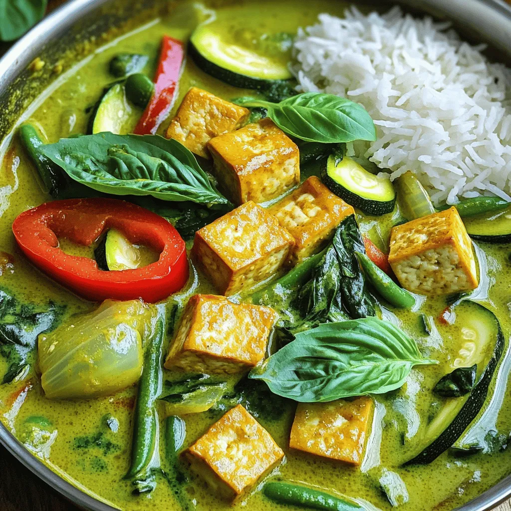 Für dieses köstliche Thai grüne Curry mit Tofu brauchst du folgende Zutaten: - 400g fester Tofu, gepresst und gewürfelt - 2 Esslöffel Kokosöl - 1 Dose (400ml) Kokosmilch - 2-3 Esslöffel Thai-Grün-Currypaste (je nach gewünschter Schärfe anpassen) - 1 Tasse Gemüsebrühe - 1 Paprika (rot oder gelb), in Streifen geschnitten - 1 Zucchini, in Scheiben geschnitten - 1 Tasse grüne Bohnen, geputzt und halbiert - 1 Tasse Babyspinat - 2 Teelöffel Sojasoße - 1 Esslöffel Limettensaft - Frische Basilikumblätter zur Garnierung - Gekochter Jasminreis zum Servieren Diese Zutaten machen dein Curry reichhaltig und nahrhaft. Bei der Auswahl frischer Zutaten solltest du auf Qualität achten. Wähle Tofu, der fest ist und keine Wasserflecken hat. Das Gemüse sollte leuchtend und knackig sein. Achte darauf, dass die Paprika straff und die Bohnen grün sind. Zucchini sollte fest und ohne dunkle Flecken sein. Frische Basilikumblätter sind wichtig für den Geschmack. Suche nach glänzenden, grünen Blättern. Du kannst dein Thai Curry mit verschiedenen Zutaten anpassen. Wenn du keinen Tofu magst, kannst du Hühnchen oder Garnelen verwenden. Statt Kokosmilch kannst du Mandelmilch versuchen, wenn du eine leichtere Version willst. Füge auch andere Gemüsesorten hinzu, wie Karotten oder Auberginen. Für mehr Schärfe kannst du frische Chilis hinzufügen. Sei kreativ und finde deine perfekte Kombination! Für das vollständige Rezept schau dir die [Full Recipe] an. Um den Tofu perfekt vorzubereiten, beginnen Sie mit dem Pressen. Das entfernt die überschüssige Feuchtigkeit. Schneiden Sie den gepressten Tofu in kleine Würfel. Diese Stücke werden knusprig, wenn wir sie braten. Erhitzen Sie Kokosöl in einer großen Pfanne. Sobald das Öl heiß ist, geben Sie die Tofuwürfel hinein. Braten Sie sie an, bis sie goldbraun sind. Nehmen Sie den Tofu aus der Pfanne und stellen Sie ihn beiseite. In der gleichen Pfanne fügen Sie jetzt die Thai-Grün-Currypaste hinzu. Lassen Sie diese für 1-2 Minuten anrösten. Dadurch entfalten sich die Aromen. Gießen Sie dann die Kokosmilch und die Gemüsebrühe dazu. Rühren Sie alles gut um und bringen Sie die Mischung zum Köcheln. Jetzt ist es Zeit für das Gemüse! Geben Sie die geschnittene Paprika, Zucchini und die grünen Bohnen in die Pfanne. Kochen Sie alles für etwa 5-7 Minuten. Das Gemüse sollte zart, aber noch knackig sein. Danach kommt der Tofu zurück in die Pfanne. Rühren Sie den Babyspinat, die Sojasoße und den Limettensaft ein. Lassen Sie alles weitere 2-3 Minuten kochen. So welkt der Spinat und das Curry wird heiß. Probieren Sie das Gericht und passen Sie die Würze an. Servieren Sie es heiß mit frischen Basilikumblättern und Jasminreis. Für das vollständige Rezept schauen Sie sich die [Full Recipe] an. Ein häufiger Fehler beim Kochen ist, den Tofu nicht richtig vorzubereiten. Drücken Sie den Tofu gut, um die Feuchtigkeit zu entfernen. So wird er knuspriger. Achten Sie auch darauf, die Curry-Paste nicht zu lange zu braten. Zu langes Braten kann den Geschmack bitter machen. Die Garzeiten sind wichtig für die Textur des Gemüses. Paprika und Zucchini sollten etwa 5-7 Minuten garen. So bleiben sie knackig und frisch. Grüne Bohnen benötigen ebenfalls etwa 5 Minuten. Überkochen Sie das Gemüse nicht, um die Farben und Nährstoffe zu erhalten. Schmecken Sie das Curry vor dem Servieren ab. Fügen Sie mehr Sojasoße hinzu, wenn Sie es salziger mögen. Limettensaft bringt Frische. Experimentieren Sie mit der Menge der Thai-Grün-Currypaste. So finden Sie die perfekte Balance für Ihren Geschmack. Weitere Tipps finden Sie im Full Recipe. {{image_4}} Thai grünes Curry mit Tofu ist von Natur aus vegan. Wenn Sie die Zutaten wechseln möchten, versuchen Sie seitan oder Tempeh. Diese Alternativen bieten eine andere Textur. Sie sind proteinreich und passen gut zu den Aromen im Curry. Um verschiedene Geschmäcker zu entdecken, variieren Sie die Gemüse. Sie können Karotten, Brokkoli oder Auberginen verwenden. Auch Ananas kann für eine süße Note sorgen. Experimentieren Sie mit verschiedenen Kräutern wie Koriander oder Minze. Diese geben dem Curry ein frisches Aroma. Jasminreis ist die klassische Beilage zu diesem Gericht. Er nimmt die Sauce gut auf. Sie können auch Quinoa oder Reisnudeln servieren. Für einen knackigen Kontrast sind frische Salate oder gebratene Frühlingsrollen eine tolle Idee. So wird jede Mahlzeit noch spannender. Für das vollständige Rezept, schauen Sie sich die Details im [Full Recipe] an. Um die Reste von deinem Thai grünen Curry mit Tofu frisch zu halten, lege sie in einen luftdichten Behälter. Achte darauf, dass das Curry vollständig abgekühlt ist, bevor du es verschließt. So vermeidest du Kondenswasser. Im Kühlschrank bleibt das Curry etwa 3 bis 4 Tage gut. Du kannst das Curry auch einfrieren. Teile es in Portionen auf, damit du nur das benötigte auftauen musst. Verwende gefriergeeignete Behälter oder Beutel. Das Curry hält sich im Gefrierfach bis zu 3 Monate. Um das Curry wieder zu erwärmen, nimm eine Pfanne oder einen Topf. Füge etwas Wasser oder Brühe hinzu, um es nicht trocken zu machen. Erhitze es langsam bei mittlerer Hitze. Rühre regelmäßig um, damit alles gleichmäßig warm wird. Du kannst auch die Mikrowelle nutzen. Stelle sicher, dass du es in einem mikrowellenfesten Behälter erhitzt. Erwärme es in kurzen Intervallen und rühre dazwischen um. So bleibt der Geschmack frisch und lecker. Für das vollständige Rezept besuche die Seite für den vollen Genuss. Du kannst das Curry bis zu fünf Tage im Kühlschrank aufbewahren. Stelle sicher, dass du es in einem luftdichten Behälter lagerst. Wenn du das Curry länger aufbewahren möchtest, friere es ein. Das einfrieren bewahrt den Geschmack gut. Achte darauf, dass du es in Portionen teilst, damit du nur das auftauen musst, was du brauchst. Ja, du kannst die Currypaste selbst machen! Du brauchst frische Zutaten wie grüne Chilischoten, Knoblauch, Ingwer, Zitronengras und Kaffir-Limettenblätter. Diese Zutaten pürierst du zusammen, um eine frische Paste zu erhalten. So kannst du die Schärfe und den Geschmack ganz nach deinem Wunsch anpassen. Es macht das Gericht noch leckerer und gesünder. Thai grünes Curry kann scharf sein, aber es hängt von der verwendeten Currypaste ab. Wenn du weniger Schärfe magst, nimm weniger Paste oder wähle eine milde Variante. Du kannst auch mehr Kokosmilch hinzufügen, um die Schärfe zu mildern. So kannst du das Gericht nach deinem Geschmack anpassen. Das Curry-Rezept bietet dir viele Möglichkeiten. Wir haben die Zutaten und Tipps zur Auswahl behandelt. Du lernst auch, wie du den Tofu und die Currybasis zubereitest. Vergiss nicht, häufige Fehler zu vermeiden und Garzeiten zu beachten. Variationen und passende Beilagen bringen Abwechslung. Achte auf die Lagerung und wie du Reste verwendest. Mit diesem Wissen bist du gut gerüstet, ein leckeres Curry zu zaubern!