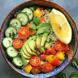 - 1 Tasse Quinoa - 2 Tassen Gemüsebrühe - 1 Tasse Cherrytomaten - 1 Gurke - 1 Paprika - 1 Avocado - 1/4 Tasse frische Petersilie - 1/4 Tasse frische Minze - Saft von 1 großen Zitrone Die Zutaten für die Zesty Lemon Herb Quinoa Bowl sind frisch und bunt. Quinoa ist die Basis. Diese kleine, nahrhafte Körner gibt es in vielen Farben. Ich verwende oft die helle Sorte. Sie hat einen milden Geschmack. Die Gemüsebrühe bringt tiefen Geschmack. Sie hilft der Quinoa, schön zu quellen. Cherrytomaten fügen süße Frische hinzu. Ich schneide sie in zwei Hälften. Das gibt mehr Geschmack und eine schöne Farbe. Frisches Gemüse ist wichtig. Ich wähle Gurken und Paprika für Crunch und Farbe. Die Gurke bleibt knackig. Paprika bringt Süße. Avocado ist der Star. Sie macht die Schüssel cremig und lecker. Die Kräuter sind das Geheimnis. Petersilie verleiht eine frische Note. Minze bringt ein tolles Aroma. Der Saft von einer großen Zitrone macht alles spritzig. Diese Kombination sorgt für einen tollen Geschmack. Für die vollständigen Zutaten und die Zubereitung schauen Sie sich das [Full Recipe] an. Zuerst bringst du die Gemüsebrühe in einem mittelgroßen Topf zum Kochen. Wenn sie sprudelt, füge die abgespülte Quinoa hinzu. Reduziere die Hitze sofort und decke den Topf ab. Lass die Quinoa etwa 15 Minuten köcheln. Sie ist fertig, wenn sie fluffig ist und die Brühe aufgesogen wurde. Nimm den Topf vom Herd und lass sie leicht abkühlen. In einer großen Schüssel mischst du die gekochte Quinoa mit den halbierten Cherrytomaten, der gewürfelten Gurke und der gewürfelten Paprika. Rühre vorsichtig um, damit alles gleichmäßig verteilt ist. Achte darauf, die Mischung nicht zu zerdrücken. So bleibt alles frisch und knackig. Jetzt bereitest du das Dressing vor. In einer kleinen Schüssel verrührst du den Zitronensaft, das Olivenöl, Salz und Pfeffer. Wenn du magst, füge etwas rote Pfefferflocken hinzu. Gieße das Dressing über die Quinoa-Mischung und vermenge alles gut. So wird jedes Stück Quinoa und Gemüse schön gewürzt. Du kannst das gesamte Rezept für den Zesty Lemon Herb Quinoa Bowl hier finden und ausprobieren. Um die Quinoa perfekt zu machen, spülen Sie sie zuerst gut ab. Dies entfernt Bitterstoffe und verbessert den Geschmack. Verwenden Sie kaltes Wasser und reiben Sie die Quinoa mit den Händen. Garen Sie die Quinoa bei niedriger Hitze. So bleibt sie locker und fluffig. Lassen Sie sie nach dem Garen etwas abkühlen. Experimentieren Sie mit verschiedenen Dressings. Ein einfaches Olivenöl-Zitronen-Dressing ist großartig. Sie können auch Joghurt oder Tahini hinzufügen. Weitere frische Kräuter machen den Geschmack lebendig. Probieren Sie Basilikum oder Koriander für neue Aromen. Servieren Sie die Quinoa-Bowl in bunten Schalen. Bunte Schalen machen das Essen fröhlicher. Garnieren Sie mit frischen Kräutern oder Nüssen. Ein Zitronenschnitz macht auch einen schönen Akzent. Das Auge isst mit, also seien Sie kreativ! {{image_4}} Eine tolle Idee, um den Zesty Lemon Herb Quinoa Bowl zu bereichern, ist die Zugabe von Kichererbsen. Diese Hülsenfrüchte sind nahrhaft und geben einen schönen Crunch. Einfach eine halbe Tasse Kichererbsen hinzufügen. Sie machen das Gericht sättigender und voller Geschmack. Eine andere Möglichkeit ist, Feta-Käse hinzuzufügen. Der Käse bringt eine salzige Note und eine cremige Textur. Zerbröseln Sie eine halbe Tasse Feta und mischen Sie ihn unter die Quinoa. Dies sorgt für eine köstliche Kombination mit den frischen Kräutern. Für eine proteinreiche Variante können Sie gegrilltes Hähnchen verwenden. Würzen Sie das Hähnchen nach Ihrem Geschmack. Nach dem Grillen in Stücke schneiden und auf den Quinoa-Bowl legen. So wird das Gericht herzhaft und nahrhaft. Eine weitere Option ist, Tofu oder Tempeh zu verwenden. Diese pflanzlichen Proteine sind perfekt für Veganer. Einfach den Tofu in Würfel schneiden, anbraten und unter die Quinoa mischen. Das gibt eine schöne Textur und sorgt für einen gesunden Kick. Um saisonale Zutaten zu nutzen, fügen Sie frische Früchte der Saison hinzu. Erdbeeren oder Pfirsiche passen gut. Sie bringen eine süße Note in die Schüssel. Schneiden Sie die Früchte in Stücke und mischen Sie sie vorsichtig unter die Quinoa. Experimentieren Sie auch mit anderen Gemüsearten. Zucchini oder Spargel können tolle Ergänzungen sein. Einfach das Gemüse nach Wahl anbraten oder dünsten und unter die Quinoa mischen. So bleibt das Gericht frisch und spannend. Für das vollständige Rezept, schauen Sie sich das Full Recipe an. Bewahren Sie die Zesty Lemon Herb Quinoa Bowl im Kühlschrank auf. Nutzen Sie einen luftdichten Behälter für längere Haltbarkeit. So bleibt der Geschmack frisch und die Zutaten knackig. Achten Sie darauf, die Bowl gut zu verschließen, um Gerüche zu vermeiden. Die Quinoa Bowl darf bis zu 3 Tage im Kühlschrank bleiben. Wenn Sie sie wieder aufwärmen, nutzen Sie eine Mikrowelle oder einen Topf. Fügen Sie vielleicht ein wenig Wasser hinzu, damit die Quinoa nicht austrocknet. Das sorgt für eine zarte Textur. Teilen Sie die Quinoa Bowl in Portionen auf und frieren Sie sie ein. Verwenden Sie gefrierfreundliche Behälter oder Beutel. Achten Sie darauf, die Luft herauszudrücken, bevor Sie sie verschließen. Zum Auftauen legen Sie die Portionen über Nacht in den Kühlschrank. Zum Wiedererwärmen können Sie die Mikrowelle oder den Herd verwenden. So bleibt der Geschmack der Bowl lebendig. Um Quinoa gut zu machen, spüle die Körner zuerst gründlich ab. Das entfernt Bitterstoffe. Verwende zwei Teile Gemüsebrühe für einen Teil Quinoa. Bringe die Brühe zum Kochen und füge die Quinoa hinzu. Reduziere die Hitze und decke den Topf ab. Lass die Quinoa etwa 15 Minuten köcheln, bis sie weich ist. Danach nehme den Topf vom Herd und lasse sie kurz abkühlen. Fluffe die Quinoa mit einer Gabel auf, bevor du sie servierst. Ja, du kannst die Zesty Lemon Herb Quinoa Bowl im Voraus zubereiten. Koche die Quinoa und bereite das Gemüse vor. Lagere die Quinoa und das Gemüse getrennt im Kühlschrank. So bleiben sie frisch. Du kannst die Schüssel bis zu drei Tage im Kühlschrank aufbewahren. Wenn du bereit bist zu essen, mische alles und gib das Dressing dazu. So bleibt alles knackig und lecker. Diese Quinoa Bowl passt gut zu vielen Beilagen. Eine schöne Option sind gegrillte Gemüse-Spieße. Sie bringen zusätzliche Aromen. Auch ein frischer grüner Salat ist eine tolle Wahl. Du kannst dazu auch ein Glas Zitronenwasser servieren. Es ergänzt den Geschmack der Schüssel perfekt. Probiere auch, etwas Hummus dazu zu reichen. So hast du eine bunte und gesunde Mahlzeit. In diesem Blogbeitrag haben wir gelernt, wie man eine köstliche Quinoa-Schüssel zubereitet. Wir haben die Hauptzutaten, frische Zutaten, Kräuter und verschiedene Variationen erkundet. Außerdem gaben wir Tipps für die Zubereitung und Lagerung. Probiere unterschiedliche Kombinationen und genieße die Vielfalt. Diese Quinoa-Schüssel passt zu vielen Gerichten. Sie ist einfach, gesund und vollgepackt mit Geschmack. Starte dein Kochen und entdecke neue Möglichkeiten!