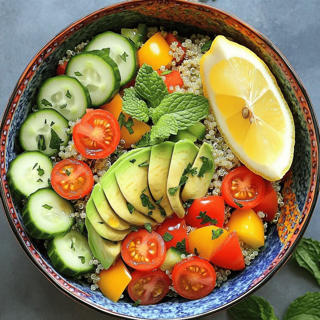 - 1 Tasse Quinoa - 2 Tassen Gemüsebrühe - 1 Tasse Cherrytomaten - 1 Gurke - 1 Paprika - 1 Avocado - 1/4 Tasse frische Petersilie - 1/4 Tasse frische Minze - Saft von 1 großen Zitrone Die Zutaten für die Zesty Lemon Herb Quinoa Bowl sind frisch und bunt. Quinoa ist die Basis. Diese kleine, nahrhafte Körner gibt es in vielen Farben. Ich verwende oft die helle Sorte. Sie hat einen milden Geschmack. Die Gemüsebrühe bringt tiefen Geschmack. Sie hilft der Quinoa, schön zu quellen. Cherrytomaten fügen süße Frische hinzu. Ich schneide sie in zwei Hälften. Das gibt mehr Geschmack und eine schöne Farbe. Frisches Gemüse ist wichtig. Ich wähle Gurken und Paprika für Crunch und Farbe. Die Gurke bleibt knackig. Paprika bringt Süße. Avocado ist der Star. Sie macht die Schüssel cremig und lecker. Die Kräuter sind das Geheimnis. Petersilie verleiht eine frische Note. Minze bringt ein tolles Aroma. Der Saft von einer großen Zitrone macht alles spritzig. Diese Kombination sorgt für einen tollen Geschmack. Für die vollständigen Zutaten und die Zubereitung schauen Sie sich das [Full Recipe] an. Zuerst bringst du die Gemüsebrühe in einem mittelgroßen Topf zum Kochen. Wenn sie sprudelt, füge die abgespülte Quinoa hinzu. Reduziere die Hitze sofort und decke den Topf ab. Lass die Quinoa etwa 15 Minuten köcheln. Sie ist fertig, wenn sie fluffig ist und die Brühe aufgesogen wurde. Nimm den Topf vom Herd und lass sie leicht abkühlen. In einer großen Schüssel mischst du die gekochte Quinoa mit den halbierten Cherrytomaten, der gewürfelten Gurke und der gewürfelten Paprika. Rühre vorsichtig um, damit alles gleichmäßig verteilt ist. Achte darauf, die Mischung nicht zu zerdrücken. So bleibt alles frisch und knackig. Jetzt bereitest du das Dressing vor. In einer kleinen Schüssel verrührst du den Zitronensaft, das Olivenöl, Salz und Pfeffer. Wenn du magst, füge etwas rote Pfefferflocken hinzu. Gieße das Dressing über die Quinoa-Mischung und vermenge alles gut. So wird jedes Stück Quinoa und Gemüse schön gewürzt. Du kannst das gesamte Rezept für den Zesty Lemon Herb Quinoa Bowl hier finden und ausprobieren. Um die Quinoa perfekt zu machen, spülen Sie sie zuerst gut ab. Dies entfernt Bitterstoffe und verbessert den Geschmack. Verwenden Sie kaltes Wasser und reiben Sie die Quinoa mit den Händen. Garen Sie die Quinoa bei niedriger Hitze. So bleibt sie locker und fluffig. Lassen Sie sie nach dem Garen etwas abkühlen. Experimentieren Sie mit verschiedenen Dressings. Ein einfaches Olivenöl-Zitronen-Dressing ist großartig. Sie können auch Joghurt oder Tahini hinzufügen. Weitere frische Kräuter machen den Geschmack lebendig. Probieren Sie Basilikum oder Koriander für neue Aromen. Servieren Sie die Quinoa-Bowl in bunten Schalen. Bunte Schalen machen das Essen fröhlicher. Garnieren Sie mit frischen Kräutern oder Nüssen. Ein Zitronenschnitz macht auch einen schönen Akzent. Das Auge isst mit, also seien Sie kreativ! {{image_4}} Eine tolle Idee, um den Zesty Lemon Herb Quinoa Bowl zu bereichern, ist die Zugabe von Kichererbsen. Diese Hülsenfrüchte sind nahrhaft und geben einen schönen Crunch. Einfach eine halbe Tasse Kichererbsen hinzufügen. Sie machen das Gericht sättigender und voller Geschmack. Eine andere Möglichkeit ist, Feta-Käse hinzuzufügen. Der Käse bringt eine salzige Note und eine cremige Textur. Zerbröseln Sie eine halbe Tasse Feta und mischen Sie ihn unter die Quinoa. Dies sorgt für eine köstliche Kombination mit den frischen Kräutern. Für eine proteinreiche Variante können Sie gegrilltes Hähnchen verwenden. Würzen Sie das Hähnchen nach Ihrem Geschmack. Nach dem Grillen in Stücke schneiden und auf den Quinoa-Bowl legen. So wird das Gericht herzhaft und nahrhaft. Eine weitere Option ist, Tofu oder Tempeh zu verwenden. Diese pflanzlichen Proteine sind perfekt für Veganer. Einfach den Tofu in Würfel schneiden, anbraten und unter die Quinoa mischen. Das gibt eine schöne Textur und sorgt für einen gesunden Kick. Um saisonale Zutaten zu nutzen, fügen Sie frische Früchte der Saison hinzu. Erdbeeren oder Pfirsiche passen gut. Sie bringen eine süße Note in die Schüssel. Schneiden Sie die Früchte in Stücke und mischen Sie sie vorsichtig unter die Quinoa. Experimentieren Sie auch mit anderen Gemüsearten. Zucchini oder Spargel können tolle Ergänzungen sein. Einfach das Gemüse nach Wahl anbraten oder dünsten und unter die Quinoa mischen. So bleibt das Gericht frisch und spannend. Für das vollständige Rezept, schauen Sie sich das Full Recipe an. Bewahren Sie die Zesty Lemon Herb Quinoa Bowl im Kühlschrank auf. Nutzen Sie einen luftdichten Behälter für längere Haltbarkeit. So bleibt der Geschmack frisch und die Zutaten knackig. Achten Sie darauf, die Bowl gut zu verschließen, um Gerüche zu vermeiden. Die Quinoa Bowl darf bis zu 3 Tage im Kühlschrank bleiben. Wenn Sie sie wieder aufwärmen, nutzen Sie eine Mikrowelle oder einen Topf. Fügen Sie vielleicht ein wenig Wasser hinzu, damit die Quinoa nicht austrocknet. Das sorgt für eine zarte Textur. Teilen Sie die Quinoa Bowl in Portionen auf und frieren Sie sie ein. Verwenden Sie gefrierfreundliche Behälter oder Beutel. Achten Sie darauf, die Luft herauszudrücken, bevor Sie sie verschließen. Zum Auftauen legen Sie die Portionen über Nacht in den Kühlschrank. Zum Wiedererwärmen können Sie die Mikrowelle oder den Herd verwenden. So bleibt der Geschmack der Bowl lebendig. Um Quinoa gut zu machen, spüle die Körner zuerst gründlich ab. Das entfernt Bitterstoffe. Verwende zwei Teile Gemüsebrühe für einen Teil Quinoa. Bringe die Brühe zum Kochen und füge die Quinoa hinzu. Reduziere die Hitze und decke den Topf ab. Lass die Quinoa etwa 15 Minuten köcheln, bis sie weich ist. Danach nehme den Topf vom Herd und lasse sie kurz abkühlen. Fluffe die Quinoa mit einer Gabel auf, bevor du sie servierst. Ja, du kannst die Zesty Lemon Herb Quinoa Bowl im Voraus zubereiten. Koche die Quinoa und bereite das Gemüse vor. Lagere die Quinoa und das Gemüse getrennt im Kühlschrank. So bleiben sie frisch. Du kannst die Schüssel bis zu drei Tage im Kühlschrank aufbewahren. Wenn du bereit bist zu essen, mische alles und gib das Dressing dazu. So bleibt alles knackig und lecker. Diese Quinoa Bowl passt gut zu vielen Beilagen. Eine schöne Option sind gegrillte Gemüse-Spieße. Sie bringen zusätzliche Aromen. Auch ein frischer grüner Salat ist eine tolle Wahl. Du kannst dazu auch ein Glas Zitronenwasser servieren. Es ergänzt den Geschmack der Schüssel perfekt. Probiere auch, etwas Hummus dazu zu reichen. So hast du eine bunte und gesunde Mahlzeit. In diesem Blogbeitrag haben wir gelernt, wie man eine köstliche Quinoa-Schüssel zubereitet. Wir haben die Hauptzutaten, frische Zutaten, Kräuter und verschiedene Variationen erkundet. Außerdem gaben wir Tipps für die Zubereitung und Lagerung. Probiere unterschiedliche Kombinationen und genieße die Vielfalt. Diese Quinoa-Schüssel passt zu vielen Gerichten. Sie ist einfach, gesund und vollgepackt mit Geschmack. Starte dein Kochen und entdecke neue Möglichkeiten!