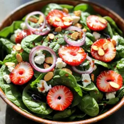 - 4 Tassen frischer Spinat - 1 Tasse Erdbeeren - 1/2 Tasse Ziegenkäse Die Hauptzutaten sind einfach und frisch. Frischer Spinat macht die Basis des Salats. Er hat viele Vitamine und ist knackig. Erdbeeren bringen Süße und Farbe. Sie machen den Salat lebendig. Ziegenkäse sorgt für einen cremigen Geschmack. Er ist auch leicht salzig und passt gut zu den anderen Zutaten. - 1/4 Tasse Mandelblättchen - 1/4 rote Zwiebel Zusätzliche Zutaten machen den Salat noch besser. Die Mandelblättchen geben einen leckeren Crunch. Sie sind auch gesund und voller Nährstoffe. Die rote Zwiebel hat einen scharfen Geschmack. Sie bringt eine schöne Farbe und mehr Tiefe in den Salat. - 2 Esslöffel Balsamico-Essig - 1 Esslöffel Olivenöl - 1 Teelöffel Honig - Salz und Pfeffer Das Dressing ist ganz einfach zu machen. Balsamico-Essig gibt dem Salat eine süß-saure Note. Olivenöl sorgt für einen feinen Geschmack. Honig fügt eine milde Süße hinzu. Salz und Pfeffer bringen alles zusammen. Dieses Dressing macht den Salat frisch und lecker. Für das komplette Rezept, schau dir den [Full Recipe] an. Zuerst waschen Sie den frischen Spinat gründlich. Ich empfehle, ihn unter kaltem Wasser abzuspülen. Danach legen Sie ihn auf ein sauberes Küchentuch, um ihn gut zu trocknen. Nehmen Sie dann die Erdbeeren. Entfernen Sie die grünen Teile, die „Kelchblätter“. Schneiden Sie die Erdbeeren in dünne Scheiben. Achten Sie darauf, dass die Stücke gleichmäßig sind. So sieht der Salat schön aus und schmeckt toll. Jetzt kommt der spannende Teil! Nehmen Sie eine große Schüssel und geben Sie den trockenen Spinat hinein. Fügen Sie die geschnittenen Erdbeeren hinzu. Mischen Sie beides vorsichtig, damit die Erdbeeren den Spinat nicht zerdrücken. Jetzt fügen Sie den zerbröselten Ziegenkäse hinzu. Die Cremigkeit des Käses passt perfekt zu den Erdbeeren. Streuen Sie dann die gerösteten Mandelblättchen darüber. Sie bringen einen knusprigen Biss. Zum Schluss schneiden Sie die rote Zwiebel in dünne Ringe und geben sie in die Schüssel. Für das Dressing benötigen Sie eine kleine Schüssel. Geben Sie dort den Balsamico-Essig, Olivenöl und den Honig hinein. Rühren Sie alles gut um, bis die Mischung cremig wird. Fügen Sie eine Prise Salz und Pfeffer hinzu. Träufeln Sie das Dressing gleichmäßig über den Salat. Mischen Sie alles vorsichtig, damit die Zutaten gut bedeckt sind. Achten Sie darauf, dass nichts zerdrückt wird. Genießen Sie diesen tollen Salat sofort! Weitere Details finden Sie im [Full Recipe]. - Wählen Sie frischen Spinat. Achten Sie auf leuchtend grüne Blätter ohne Flecken. - Schneiden Sie die Erdbeeren in gleichmäßige Scheiben. So sehen sie schön aus und schmecken besser. - Fügen Sie das Dressing nicht zu früh hinzu. Es macht den Salat matschig. - Halten Sie den Salat frisch. Lagern Sie ihn bis zum Servieren im Kühlschrank. - Garnieren Sie den Salat mit zusätzlichen Nüssen. Mandeln oder Walnüsse geben einen tollen Crunch. - Servieren Sie den Salat mit frischem Brot. Es macht das Essen noch besser. Für das vollständige Rezept, schauen Sie sich den Full Recipe an. {{image_4}} Sie können den Salat anpassen, indem Sie andere Früchte verwenden. Himbeeren und Heidelbeeren sind tolle Optionen. Sie bringen eine süße Note und eine schöne Farbe. Äpfel sind auch eine gute Wahl. Die knackige Textur der Äpfel ergänzt den Salat perfekt. Für den Käse können Sie verschiedene Sorten ausprobieren. Feta oder Parmesan geben dem Salat einen salzigen Geschmack. Wenn Sie eine vegane Option möchten, gibt es viele leckere vegane Käsealternativen. Diese sind oft cremig und passen gut zum Salat. Nüsse bringen Crunch in den Salat. Walnüsse oder Pecannüsse sind eine gute Wahl. Sie haben einen reichen Geschmack und passen gut zu den Früchten. Wenn Sie eine andere Textur möchten, probieren Sie Saaten wie Sonnenblumenkerne oder Kürbiskerne. Diese bringen Abwechslung und sind auch gesund. Bewahre den Salat im Kühlschrank auf. So bleibt er frisch und knackig. Du solltest ihn in einem luftdichten Behälter lagern. Die optimale Aufbewahrungsdauer beträgt zwei bis drei Tage. Achte darauf, dass der Salat nicht zu lange steht. Zu viel Zeit im Kühlschrank kann die Frische beeinträchtigen. Du kannst die Zutaten vorab schneiden. Halte die Erdbeeren und den Spinat bereit. Das spart Zeit, wenn du den Salat zubereitest. Lagere das Dressing separat. So bleibt der Salat frisch und die Zutaten matschen nicht. Du kannst das Dressing bis zu einer Woche aufbewahren. Wenn der Salat etwas welkt, gib ihm einen Frischekick. Du kannst frische Erdbeeren oder etwas Spinat hinzufügen. Das bringt neue Farbe und Geschmack. Füge das Dressing erst kurz vor dem Servieren hinzu. So bleibt der Salat schön knackig und lecker. Ja, du kannst den Salat leicht vegan machen. Statt Ziegenkäse kannst du vegane Käsealternativen wie Cashew- oder Mandelkäse verwenden. Diese geben einen schönen Geschmack und eine cremige Textur. Bei der Vinaigrette kannst du den Honig durch Ahornsirup oder Agavendicksaft ersetzen, um die Süße zu erhalten. So bleibt der Salat frisch und lecker, auch ohne tierische Produkte. Der Salat bleibt im Kühlschrank etwa 1 bis 2 Tage frisch. Um die Frische zu bewahren, lagere die Zutaten separat. Spinat und Erdbeeren sollten nicht mit dem Dressing vermischt werden, bis du bereit bist zu essen. So bleibt alles knackig und schmackhaft. Wenn der Salat matschig aussieht, ist es Zeit, ihn wegzuwerfen. Ja, du kannst diesen Salat leicht für eine größere Gruppe anpassen. Verdopple oder verdreifache einfach die Zutaten, je nach Bedarf. Achte darauf, die Dressing-Menge ebenfalls zu erhöhen. Du kannst auch eine große Schüssel nutzen, um den Salat schön zu vermengen. So kannst du sicherstellen, dass jeder eine Portion bekommt. Dieser Salat ist sehr gesund. Spinat ist reich an Eisen und Vitaminen. Erdbeeren liefern viele Antioxidantien und Vitamin C. Der Ziegenkäse bringt Kalzium und Proteine mit. Mandeln bieten gesunde Fette und Ballaststoffe. Insgesamt unterstützt dieser Salat dein Wohlbefinden und gibt dir Energie. Du kannst ihn als leichte Mahlzeit oder Beilage genießen. Für das vollständige Rezept schaue dir [Full Recipe] an. Dieser Blogbeitrag hat gezeigt, wie man einen frischen Spinat-Erdbeer-Salat herstellt. Wir haben die Hauptzutaten, das Dressing, die Zubereitung und Tipps behandelt. Außerdem haben wir Variationen und Aufbewahrungshinweise gegeben. Denke daran, frisch zu bleiben und kreative Anpassungen vorzunehmen. So genießt du einen leckeren und gesunden Salat bei jedem Essen. Sei mutig und probiere neue Kombinationen!
