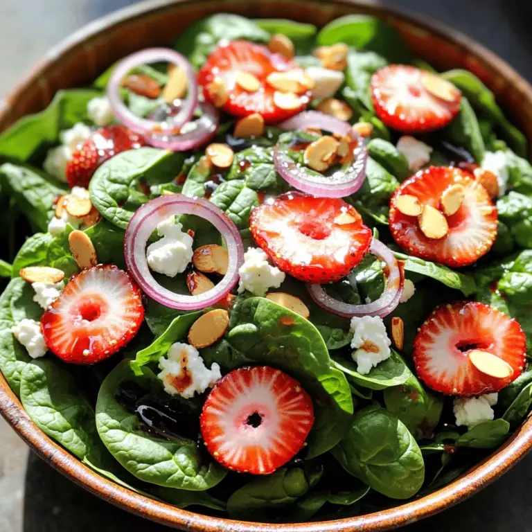 - 4 Tassen frischer Spinat - 1 Tasse Erdbeeren - 1/2 Tasse Ziegenkäse Die Hauptzutaten sind einfach und frisch. Frischer Spinat macht die Basis des Salats. Er hat viele Vitamine und ist knackig. Erdbeeren bringen Süße und Farbe. Sie machen den Salat lebendig. Ziegenkäse sorgt für einen cremigen Geschmack. Er ist auch leicht salzig und passt gut zu den anderen Zutaten. - 1/4 Tasse Mandelblättchen - 1/4 rote Zwiebel Zusätzliche Zutaten machen den Salat noch besser. Die Mandelblättchen geben einen leckeren Crunch. Sie sind auch gesund und voller Nährstoffe. Die rote Zwiebel hat einen scharfen Geschmack. Sie bringt eine schöne Farbe und mehr Tiefe in den Salat. - 2 Esslöffel Balsamico-Essig - 1 Esslöffel Olivenöl - 1 Teelöffel Honig - Salz und Pfeffer Das Dressing ist ganz einfach zu machen. Balsamico-Essig gibt dem Salat eine süß-saure Note. Olivenöl sorgt für einen feinen Geschmack. Honig fügt eine milde Süße hinzu. Salz und Pfeffer bringen alles zusammen. Dieses Dressing macht den Salat frisch und lecker. Für das komplette Rezept, schau dir den [Full Recipe] an. Zuerst waschen Sie den frischen Spinat gründlich. Ich empfehle, ihn unter kaltem Wasser abzuspülen. Danach legen Sie ihn auf ein sauberes Küchentuch, um ihn gut zu trocknen. Nehmen Sie dann die Erdbeeren. Entfernen Sie die grünen Teile, die „Kelchblätter“. Schneiden Sie die Erdbeeren in dünne Scheiben. Achten Sie darauf, dass die Stücke gleichmäßig sind. So sieht der Salat schön aus und schmeckt toll. Jetzt kommt der spannende Teil! Nehmen Sie eine große Schüssel und geben Sie den trockenen Spinat hinein. Fügen Sie die geschnittenen Erdbeeren hinzu. Mischen Sie beides vorsichtig, damit die Erdbeeren den Spinat nicht zerdrücken. Jetzt fügen Sie den zerbröselten Ziegenkäse hinzu. Die Cremigkeit des Käses passt perfekt zu den Erdbeeren. Streuen Sie dann die gerösteten Mandelblättchen darüber. Sie bringen einen knusprigen Biss. Zum Schluss schneiden Sie die rote Zwiebel in dünne Ringe und geben sie in die Schüssel. Für das Dressing benötigen Sie eine kleine Schüssel. Geben Sie dort den Balsamico-Essig, Olivenöl und den Honig hinein. Rühren Sie alles gut um, bis die Mischung cremig wird. Fügen Sie eine Prise Salz und Pfeffer hinzu. Träufeln Sie das Dressing gleichmäßig über den Salat. Mischen Sie alles vorsichtig, damit die Zutaten gut bedeckt sind. Achten Sie darauf, dass nichts zerdrückt wird. Genießen Sie diesen tollen Salat sofort! Weitere Details finden Sie im [Full Recipe]. - Wählen Sie frischen Spinat. Achten Sie auf leuchtend grüne Blätter ohne Flecken. - Schneiden Sie die Erdbeeren in gleichmäßige Scheiben. So sehen sie schön aus und schmecken besser. - Fügen Sie das Dressing nicht zu früh hinzu. Es macht den Salat matschig. - Halten Sie den Salat frisch. Lagern Sie ihn bis zum Servieren im Kühlschrank. - Garnieren Sie den Salat mit zusätzlichen Nüssen. Mandeln oder Walnüsse geben einen tollen Crunch. - Servieren Sie den Salat mit frischem Brot. Es macht das Essen noch besser. Für das vollständige Rezept, schauen Sie sich den Full Recipe an. {{image_4}} Sie können den Salat anpassen, indem Sie andere Früchte verwenden. Himbeeren und Heidelbeeren sind tolle Optionen. Sie bringen eine süße Note und eine schöne Farbe. Äpfel sind auch eine gute Wahl. Die knackige Textur der Äpfel ergänzt den Salat perfekt. Für den Käse können Sie verschiedene Sorten ausprobieren. Feta oder Parmesan geben dem Salat einen salzigen Geschmack. Wenn Sie eine vegane Option möchten, gibt es viele leckere vegane Käsealternativen. Diese sind oft cremig und passen gut zum Salat. Nüsse bringen Crunch in den Salat. Walnüsse oder Pecannüsse sind eine gute Wahl. Sie haben einen reichen Geschmack und passen gut zu den Früchten. Wenn Sie eine andere Textur möchten, probieren Sie Saaten wie Sonnenblumenkerne oder Kürbiskerne. Diese bringen Abwechslung und sind auch gesund. Bewahre den Salat im Kühlschrank auf. So bleibt er frisch und knackig. Du solltest ihn in einem luftdichten Behälter lagern. Die optimale Aufbewahrungsdauer beträgt zwei bis drei Tage. Achte darauf, dass der Salat nicht zu lange steht. Zu viel Zeit im Kühlschrank kann die Frische beeinträchtigen. Du kannst die Zutaten vorab schneiden. Halte die Erdbeeren und den Spinat bereit. Das spart Zeit, wenn du den Salat zubereitest. Lagere das Dressing separat. So bleibt der Salat frisch und die Zutaten matschen nicht. Du kannst das Dressing bis zu einer Woche aufbewahren. Wenn der Salat etwas welkt, gib ihm einen Frischekick. Du kannst frische Erdbeeren oder etwas Spinat hinzufügen. Das bringt neue Farbe und Geschmack. Füge das Dressing erst kurz vor dem Servieren hinzu. So bleibt der Salat schön knackig und lecker. Ja, du kannst den Salat leicht vegan machen. Statt Ziegenkäse kannst du vegane Käsealternativen wie Cashew- oder Mandelkäse verwenden. Diese geben einen schönen Geschmack und eine cremige Textur. Bei der Vinaigrette kannst du den Honig durch Ahornsirup oder Agavendicksaft ersetzen, um die Süße zu erhalten. So bleibt der Salat frisch und lecker, auch ohne tierische Produkte. Der Salat bleibt im Kühlschrank etwa 1 bis 2 Tage frisch. Um die Frische zu bewahren, lagere die Zutaten separat. Spinat und Erdbeeren sollten nicht mit dem Dressing vermischt werden, bis du bereit bist zu essen. So bleibt alles knackig und schmackhaft. Wenn der Salat matschig aussieht, ist es Zeit, ihn wegzuwerfen. Ja, du kannst diesen Salat leicht für eine größere Gruppe anpassen. Verdopple oder verdreifache einfach die Zutaten, je nach Bedarf. Achte darauf, die Dressing-Menge ebenfalls zu erhöhen. Du kannst auch eine große Schüssel nutzen, um den Salat schön zu vermengen. So kannst du sicherstellen, dass jeder eine Portion bekommt. Dieser Salat ist sehr gesund. Spinat ist reich an Eisen und Vitaminen. Erdbeeren liefern viele Antioxidantien und Vitamin C. Der Ziegenkäse bringt Kalzium und Proteine mit. Mandeln bieten gesunde Fette und Ballaststoffe. Insgesamt unterstützt dieser Salat dein Wohlbefinden und gibt dir Energie. Du kannst ihn als leichte Mahlzeit oder Beilage genießen. Für das vollständige Rezept schaue dir [Full Recipe] an. Dieser Blogbeitrag hat gezeigt, wie man einen frischen Spinat-Erdbeer-Salat herstellt. Wir haben die Hauptzutaten, das Dressing, die Zubereitung und Tipps behandelt. Außerdem haben wir Variationen und Aufbewahrungshinweise gegeben. Denke daran, frisch zu bleiben und kreative Anpassungen vorzunehmen. So genießt du einen leckeren und gesunden Salat bei jedem Essen. Sei mutig und probiere neue Kombinationen!