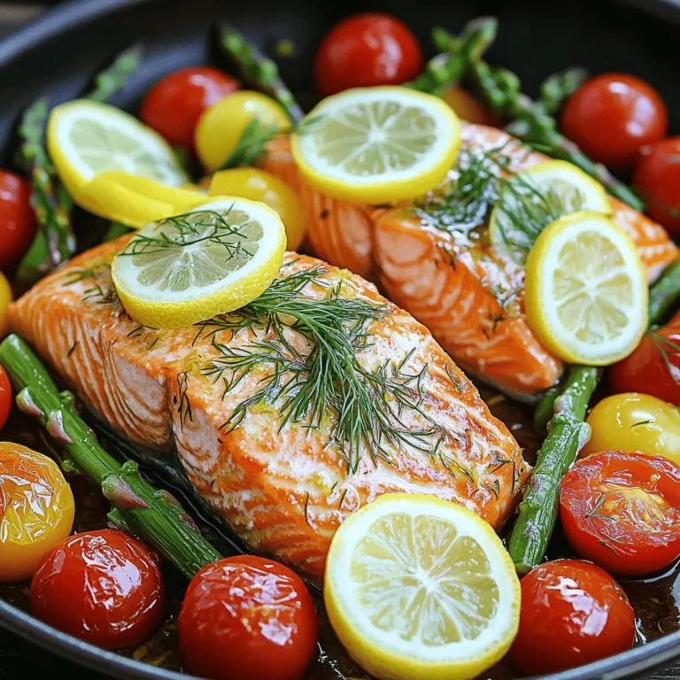 - 4 Lachsfilets (je etwa 170 g) - 2 Esslöffel Olivenöl - 2 Esslöffel frischer Zitronensaft - 2 Teelöffel Zitronenschale - 2 Esslöffel frischer Dill, gehackt - 1 Teelöffel Knoblauchpulver - 1 Tasse Kirschtomaten, halbiert - 1 Tasse Spargel, Enden entfernt - Zitronenscheiben zur Garnierung Ich liebe es, mit frischen Zutaten zu kochen. Für mein One-Pan Lemon Dill Salmon benötigst du frische Lachsfilets. Diese sind die Hauptzutat und bringen viel Geschmack. Vergiss nicht, das Olivenöl und den Zitronensaft hinzuzufügen. Diese Zutaten sorgen für eine tolle Marinade. Die Gewürze machen das Gericht besonders. Die Zitronenschale gibt einen frischen Duft. Der Dill bringt einen tollen Geschmack, während das Knoblauchpulver für einen zusätzlichen Kick sorgt. Für die Beilagen nimm frische Kirschtomaten und Spargel. Sie sind einfach zuzubereiten und passen perfekt zum Lachs. Die Zitronenscheiben sind ein schöner Abschluss und sehen toll aus. Wenn du die Zutaten für das Rezept bereit hast, bist du bereit für die Zubereitung. Du kannst das gesamte Rezept hier finden: [Full Recipe]. Um die Marinade zu machen, nehmen Sie eine kleine Schüssel. Fügen Sie 2 Esslöffel Olivenöl, 2 Esslöffel frischen Zitronensaft und 2 Teelöffel Zitronenschale hinzu. Dann geben Sie 2 Esslöffel gehackten Dill und 1 Teelöffel Knoblauchpulver dazu. Mischen Sie alles gut. Schmecken Sie die Marinade mit Salz und Pfeffer ab. Wenn Sie die Zutaten messen, nutzen Sie einen Esslöffel oder einen Teelöffel. Achten Sie darauf, dass die Messung genau ist. So bleibt der Geschmack perfekt. Legen Sie ein großes Backblech mit Backpapier aus. Das macht das Aufräumen einfacher. Danach platzieren Sie die Lachsfilets darauf. Achten Sie darauf, dass sie genug Platz haben. Jetzt verteilen Sie die halbierten Kirschtomaten und den Spargel um den Lachs. So sieht das Gericht schön bunt aus. Gießen Sie die Marinade gleichmäßig über die Lachsfilets und das Gemüse. Heizen Sie den Ofen auf 200°C vor. Legen Sie das Backblech in den Ofen und backen Sie alles für etwa 15-20 Minuten. Der Lachs sollte durchgegart sein und leicht auseinanderfallen. Um die Garstufe des Lachses zu überprüfen, stechen Sie mit einer Gabel hinein. Wenn der Lachs nicht mehr glasig ist, ist er fertig. Nehmen Sie das Blech aus dem Ofen und garnieren Sie mit Zitronenscheiben. Für das vollständige Rezept schauen Sie in den Abschnitt "Full Recipe". Um den Lachs perfekt zu garen, ist die Zeit wichtig. Backe ihn bei 200°C für 15 bis 20 Minuten. Der Lachs ist fertig, wenn er sich leicht mit einer Gabel zerteilen lässt. Wenn du ihn zu lange backst, wird er trocken. Um Trockenheit zu vermeiden, mariniere den Lachs gut. Die Marinade mit Olivenöl und Zitronensaft hilft, die Feuchtigkeit zu halten. Du kannst auch etwas Butter über den Lachs geben, bevor du ihn in den Ofen schiebst. Du kannst die Marinade ganz nach deinem Geschmack anpassen. Füge frische Kräuter wie Petersilie oder Basilikum hinzu. Ein Hauch von Paprika kann auch eine schöne Note geben. Wenn du keinen Lachs magst, probiere Kabeljau oder Forelle. Diese Fische haben einen ähnlichen Geschmack und eignen sich gut für dieses Rezept. Präsentiere das Gericht ansprechend, um es noch leckerer wirken zu lassen. Lege den Lachs und das Gemüse auf eine große Servierplatte. Träufle die restliche Marinade darüber. Füge ein paar Zitronenschnitze hinzu, um Farbe zu bringen. Du kannst auch frischen Dill darüber streuen. Das sieht schön aus und schmeckt gut. Serviere das Gericht direkt aus der Pfanne für einen rustikalen Look. {{image_4}} Wählen Sie saisonales Gemüse. Das bringt frische Aromen und Farben auf den Teller. Zum Beispiel passen Zucchini, Paprika oder Brokkoli gut dazu. Diese Varianten machen Ihr Gericht aufregender. Sie können auch andere Gemüsesorten verwenden. Karotten oder grüne Bohnen sind ebenfalls lecker. Probieren Sie verschiedene Kombinationen aus, um Ihren Favoriten zu finden. Servieren Sie den Lachs über Pasta oder Reis. Das macht das Gericht sättigender und herzhaft. Die Sauce aus der Pfanne schmeckt wunderbar dazu. Alternativ können Sie den Lachs als Teil eines Salatgerichts anrichten. Frische Blattsalate bieten einen tollen Kontrast zum Lachs. Fügen Sie einige Nüsse oder Samen hinzu, um mehr Textur zu bekommen. Geeignete Beilagen für das Gericht sind Quinoa oder Couscous. Diese Körner harmonieren gut mit den Aromen des Lachs. Auch ein frischer grüner Salat passt perfekt dazu. Für Getränke empfehle ich einen spritzigen Weißwein oder ein leichtes Bier. Diese Getränke unterstützen die frischen Aromen des Essens. So genießen Sie Ihr One-Pan Lemon Dill Salmon voll und ganz. Um die Reste von deinem One-Pan Lemon Dill Salmon richtig zu lagern, lege sie in einen luftdichten Behälter. So bleiben die Aromen frisch. Stelle den Behälter in den Kühlschrank. Dort bleiben die Reste für mehrere Tage genießbar. Wenn du die Reste aufwärmen möchtest, benutze einen Ofen oder eine Pfanne. So bleibt der Lachs saftig. Vermeide die Mikrowelle, da sie den Lachs trocken machen kann. Die Reste sind im Kühlschrank etwa 3 bis 4 Tage haltbar. Achte auf den Geruch und das Aussehen. Wenn der Lachs einen fischigen Geruch hat oder die Farbe sich verändert hat, wirf ihn weg. Das sind sichere Anzeichen für Verderb. Wenn du die Reste länger aufbewahren möchtest, kannst du sie einfrieren. Packe den Lachs und das Gemüse in einen gefrierfesten Beutel. Drücke so viel Luft wie möglich heraus. So bleiben sie bis zu 3 Monate frisch. Beim Auftauen lege die Reste über Nacht in den Kühlschrank. Du kannst auch kaltes Wasser verwenden, um den Lachs schneller aufzutauen. Nach dem Auftauen kann der Lachs in der Pfanne oder im Ofen aufgewärmt werden. Frischer Lachs hält sich 1 bis 2 Tage im Kühlschrank. Wenn du ihn gekocht hast, kannst du ihn 3 bis 4 Tage aufbewahren. Achte darauf, ihn in einem luftdichten Behälter zu lagern. So bleibt der Lachs frisch und lecker. Ja, gefrorener Lachs ist eine großartige Option. Du solltest ihn zuerst im Kühlschrank auftauen. Plane dafür etwa 24 Stunden ein. Wenn du es eilig hast, kannst du ihn auch unter kaltem Wasser auftauen. Dann kannst du ihn wie frischen Lachs verwenden. Es ist wichtig, den gefrorenen Lachs gleich zu garen, damit er nicht an Qualität verliert. Zu diesem Gericht passen viele Beilagen. Probiere frischen grünen Salat oder eine leckere Quinoa-Beilage. Auch Reis passt gut. Für Getränke empfehle ich einen leichten Weißwein oder ein erfrischendes Mineralwasser mit Zitrone. Ja, dieses Rezept ist sehr gesund. Lachs ist reich an Omega-3-Fettsäuren. Diese sind gut für das Herz. Die frischen Kräuter und das Gemüse bringen viele Vitamine mit. Zitrone hilft, die Verdauung zu fördern. Wenn du die Portionen im Auge behältst, ist es eine tolle, ausgewogene Mahlzeit. Zusammenfassend lässt sich sagen, dass das Rezept für One-Pan Lemon Dill Salmon einfach und lecker ist. Mit frischen Zutaten wie Lachs, Zitronensaft, Dill und Gemüse zauberst du ein schmackhaftes Gericht. Die Tipps zur Zubereitung und Variationen geben dir viele Möglichkeiten, es anzupassen. Denke daran, die Reste richtig zu lagern, um ihre Frische zu bewahren. Dieses Gericht ist nicht nur gesund, sondern auch vielseitig. Viel Spaß beim Kochen und Experimentieren!