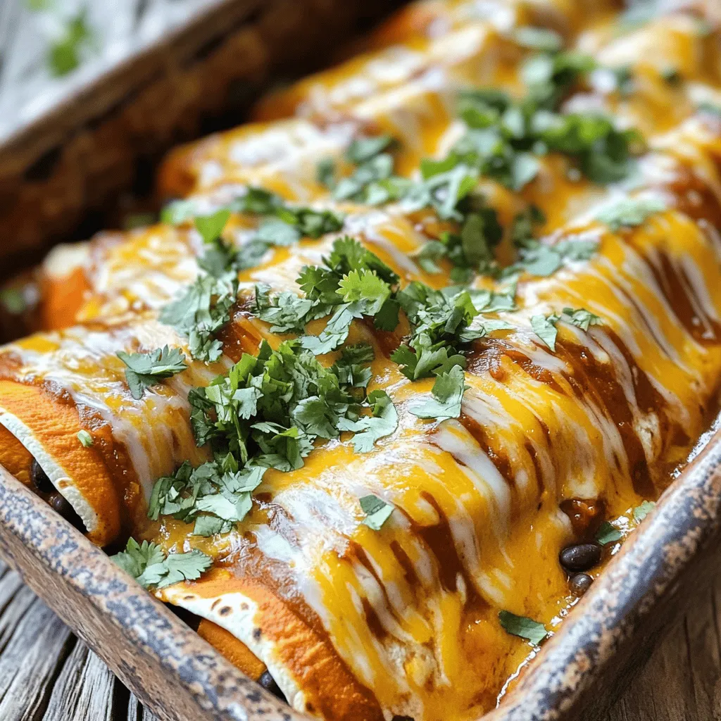 - Süßkartoffeln: Diese knolligen Gemüse sind süß und nahrhaft. Sie geben den Enchiladas eine schöne Farbe und Textur. - Schwarze Bohnen: Sie sind proteinreich und fügen einen herzhaften Geschmack hinzu. Die Bohnen machen die Füllung sättigend und lecker. - Maistortillas: Sie sind die Basis für die Enchiladas. Maistortillas sind weich und nehmen die Aromen gut auf. - Kreuzkümmel: Er bringt einen warmen, erdigen Geschmack. Eine kleine Menge reicht aus, um die Füllung zu beleben. - Geräuchertes Paprikapulver: Es gibt einen rauchigen Geschmack, der die Enchiladas besonders macht. Dies verleiht dem Gericht Tiefe und Komplexität. - Chilipulver: Es gibt einen leichten Kick. Passen Sie die Menge an, je nachdem, wie scharf Sie es mögen. - Enchiladasauce: Diese Sauce macht die Enchiladas saftig. Sie können sie kaufen oder selbst machen. - Käse: Geriebener Käse schmilzt schön und fügt Geschmack hinzu. Cheddar oder eine Mischung ist ideal. - Garnierung mit Koriander: Frischer Koriander gibt einen frischen, hellen Geschmack. Er sieht auch hübsch aus auf dem Teller. Für die vollständige Zubereitung, siehe die Full Recipe. Süßkartoffeln kochen. Beginne damit, Wasser in einem großen Topf zum Kochen zu bringen. Füge die gewürfelten Süßkartoffeln hinzu und koche sie für etwa 10 bis 12 Minuten. Achte darauf, dass sie zart sind. Danach gieße sie ab und stelle sie beiseite. Die Füllung in der Pfanne zubereiten. Erhitze in einer großen Pfanne einen Schuss Olivenöl bei mittlerer Hitze. Füge die fein gehackte rote Zwiebel hinzu. Sautiere sie für etwa 3 bis 4 Minuten, bis sie durchsichtig ist. Danach kommt der gehackte Knoblauch dazu. Brate ihn eine weitere Minute an. Tortillas befüllen und aufrollen. Nimm eine Maistortilla und lege etwa 2 Esslöffel der Füllung in die Mitte. Streue etwas geriebenen Käse darüber und rolle die Tortilla auf. Lege sie mit der Nahtseite nach unten in eine Auflaufform. Wiederhole diesen Schritt mit allen Tortillas. Enchiladas in die Auflaufform legen. Verteile eine dünne Schicht Enchiladasauce auf dem Boden der Form, bevor du die Tortillas hineinlegst. Sobald alle Enchiladas in der Form sind, gieße die restliche Enchiladasauce gleichmäßig darüber und streue den restlichen geriebenen Käse darauf. Enchiladas backen. Decke die Auflaufform mit Folie ab und stelle sie in den vorgeheizten Ofen bei 190°C (375°F). Backe die Enchiladas für 20 Minuten. Entferne dann die Folie und backe sie weitere 10 Minuten, bis der Käse geschmolzen und sprudelnd ist. Garnieren und Servieren. Nimm die Enchiladas aus dem Ofen und lasse sie ein paar Minuten abkühlen. Vor dem Servieren kannst du sie mit frischem Koriander garnieren. Das gibt den Enchiladas einen zusätzlichen Geschmack. Du findest die vollständige Rezeptanleitung [hier](Full Recipe). - Tipps zum Kochen: Kochen Sie die Süßkartoffeln in leicht gesalzenem Wasser. Achten Sie darauf, dass sie weich, aber nicht matschig sind. Das dauert etwa 10 bis 12 Minuten. So bleibt der Geschmack frisch und die Textur gut. - Alternativen zur Zubereitung: Sie können die Süßkartoffeln auch im Ofen rösten. Schneiden Sie sie in Würfel, tossen Sie sie mit etwas Öl und Salz und backen Sie sie bei 200 °C für 25 bis 30 Minuten. Das bringt einen tollen, karamellisierten Geschmack. - Empfehlungen für Gewürze: Verwenden Sie Kreuzkümmel, rauchiges Paprikapulver und Chilipulver. Diese Gewürze geben den Enchiladas einen warmen, herzhaften Geschmack. - Kombinationen für den besten Geschmack: Kombinieren Sie die Gewürze mit frischen Kräutern wie Koriander oder Oregano. Diese frischen Aromen heben den Geschmack der Füllung hervor und machen die Enchiladas lebendig. - Beste Käsesorten für Enchiladas: Cheddar und Monterey Jack sind hervorragende Optionen. Sie schmelzen gut und haben einen tollen Geschmack. - Vegane Optionen: Verwenden Sie pflanzliche Käsealternativen. Diese sind oft auf Nussbasis oder aus Soja. Sie schmelzen nicht immer, aber sie geben einen guten Geschmack und eine schöne Cremigkeit. Für das vollständige Rezept, schauen Sie sich die [Full Recipe] an. {{image_4}} Wenn Sie einen veganen Käse verwenden, können Sie den Geschmack der Enchiladas genießen. Viele Marken bieten Käse auf pflanzlicher Basis an. Diese Produkte schmelzen gut und sorgen für eine cremige Textur. Alternativ können Sie Nusskäse oder sogar Avocado verwenden. Für die Füllung können Sie kreative Änderungen vornehmen. Statt schwarzer Bohnen können Sie Kichererbsen oder Linsen nutzen. Diese Hülsenfrüchte geben Ihnen einen ähnlichen Proteingehalt. Sie können auch Spinat oder Zucchini hinzufügen, um mehr Gemüse zu integrieren. Variieren Sie das Gemüse in Ihrer Füllung. Probieren Sie Süßkartoffeln mit Paprika oder Zucchini. Karotten oder Pilze geben auch eine tolle Textur. Sie können auch frische Kräuter wie Spinat oder Basilikum hinzufügen, um den Geschmack zu intensivieren. Für die Enchiladasauce können Sie Ihre eigene Sauce herstellen. Mischen Sie pürierte Tomaten mit Zwiebeln, Knoblauch und Gewürzen. Ein Spritzer Limettensaft bringt Frische in die Sauce. Sie können auch eine schärfere Variante mit Jalapeños zubereiten. Zu den Enchiladas passen viele Beilagen gut. Servieren Sie einen frischen Salat mit Avocado und Limette. Reis oder Quinoa sind ebenfalls gute Optionen. Diese Beilagen ergänzen die Enchiladas und sorgen für eine ausgewogene Mahlzeit. Für festliche Anlässe können Sie die Enchiladas auf einem bunten Teller anrichten. Garnieren Sie mit frischem Koriander und einem zusätzlichen Spritzer Enchiladasauce. Dieser Anblick lässt das Gericht besonders einladend wirken. Nach dem Kochen sind die Enchiladas am besten frisch. Wenn du Reste hast, lass sie abkühlen. Dann lege sie in eine luftdichte Schüssel. Du kannst sie auch in der Auflaufform aufbewahren. Decke die Form mit Folie ab. Im Kühlschrank bleiben sie 3 bis 5 Tage frisch. Wenn du die Enchiladas länger aufbewahren möchtest, ist das Einfrieren eine gute Wahl. Wickel jede Enchilada in Frischhaltefolie. Lege sie dann in einen gefrierfesten Beutel. So bleiben sie bis zu 3 Monate haltbar. Zum Wiedererwärmen nimm die Enchiladas aus dem Gefrierfach. Lass sie im Kühlschrank über Nacht auftauen. Dann backe sie bei 180°C für 20 Minuten. Die Enchiladas sind im Kühlschrank 3 bis 5 Tage haltbar. Achte auf Anzeichen für Verderb. Wenn sie unangenehm riechen oder die Farbe ändern, wirf sie weg. Frische Enchiladas schmecken am besten. Wenn du sie richtig aufbewahrst, kannst du ihre köstlichen Aromen lange genießen. Die Zubereitung dieser Enchiladas dauert insgesamt etwa 50 Minuten. Die Vorbereitungszeit liegt bei etwa 20 Minuten, während die Kochzeit etwa 30 Minuten in Anspruch nimmt. Das Kochen der Süßkartoffeln benötigt 10-12 Minuten. Diese Zeit kann variieren, je nachdem, wie schnell du die Zutaten vorbereitest. Ja, du kannst die Enchiladas im Voraus zubereiten. Du kannst die Füllung am Vortag machen und im Kühlschrank aufbewahren. Die Tortillas kannst du ebenfalls füllen und in eine Auflaufform legen. Decke die Form ab und stelle sie in den Kühlschrank. Vor dem Backen lasse die Enchiladas etwa 30 Minuten bei Raumtemperatur stehen. So sparst du Zeit, wenn du sie später backen möchtest. Zu Süßkartoffel & Schwarze Bohnen Enchiladas passen viele Getränke gut. Ich empfehle, sie mit einer frischen Limonade oder einem kräftigen Rotwein zu genießen. Auch ein kühles Bier oder ein erfrischender Eistee harmonieren hervorragend. Diese Getränke ergänzen die Aromen der Enchiladas und machen dein Essen noch genussvoller. Die vollständige Rezeptanleitung findest du in der Full Recipe. Dort kannst du alle Schritte und Mengenangaben für die Zubereitung nachlesen. Die Zubereitung von Süßkartoffel- und schwarzen Bohnen-Enchiladas ist einfach. Wir haben die Hauptzutaten, Gewürze und perfekte Tipps behandelt. Außerdem haben wir Variationen für jeden Geschmack und Lagerungshinweise gegeben. Denke daran, dass Übung den Meister macht. Probiere verschiedene Füllungen und Gewürze aus. So entwickelst du deinen eigenen Geschmack. Diese Enchiladas sind lecker und vielseitig. Gutes Gelingen beim Nachkochen!