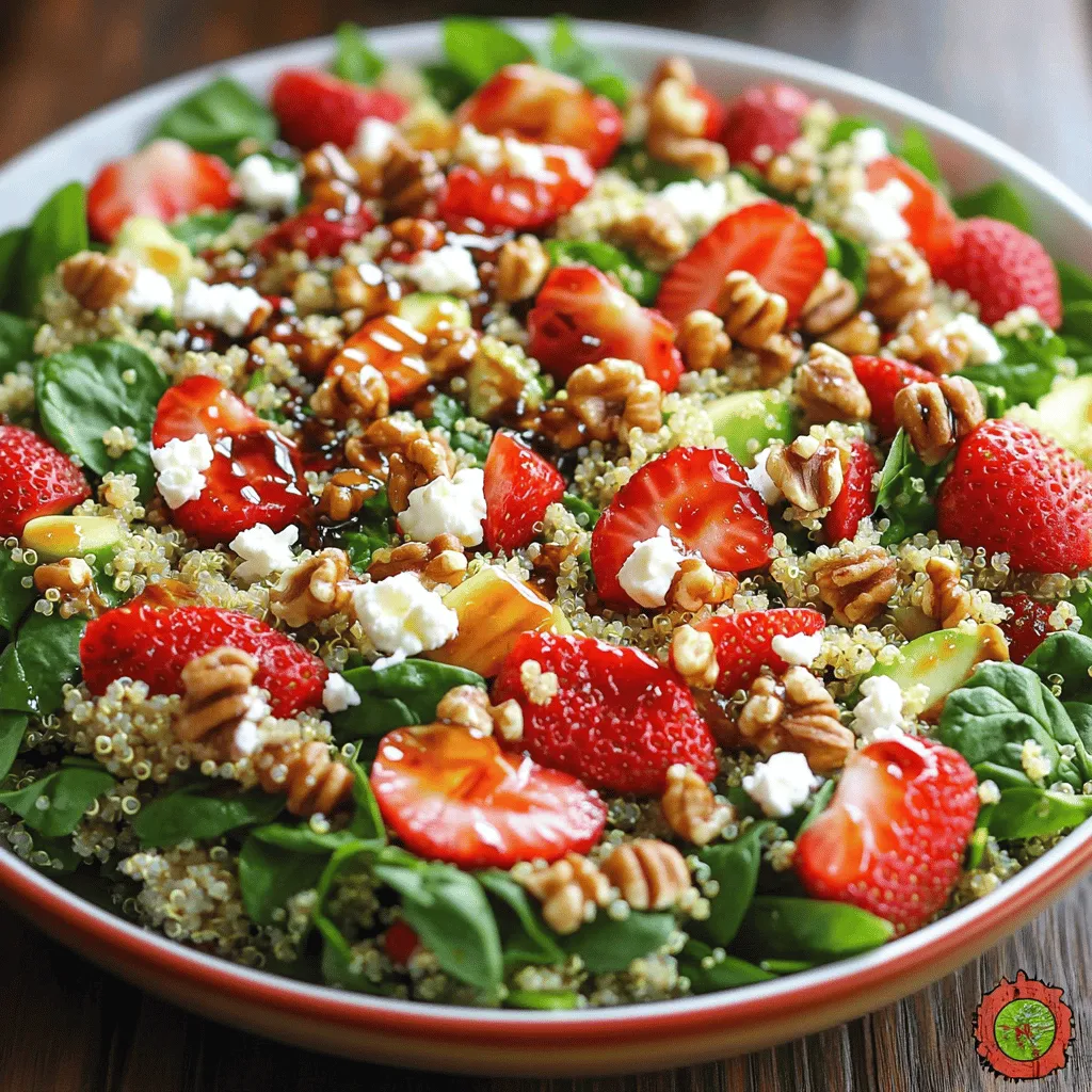 - 1 Tasse Quinoa - 2 Tassen frischer Babyspinat - 1 Tasse Erdbeeren Die Hauptzutaten sind wichtig für den Geschmack und die Nährstoffe. Quinoa gibt dem Salat eine tolle Basis. Diese Körner sind reich an Eiweiß und Ballaststoffen. Frischer Babyspinat bringt einen knackigen und grünen Geschmack. Erdbeeren fügen Süße und Frische hinzu. - 1 Esslöffel Honig - 2 Esslöffel Balsamico-Essig - 1 Esslöffel Olivenöl Das Dressing sorgt für eine perfekte Mischung. Honig bietet Süße, während Balsamico-Essig einen tollen säuerlichen Kick gibt. Olivenöl macht das Dressing schön glatt. Diese Zutaten verbinden sich gut und ziehen in den Salat ein. - 1/2 Tasse Feta-Käse - 1/4 Tasse Walnüsse Optional können Sie Feta-Käse für einen cremigen Geschmack hinzufügen. Walnüsse geben dem Salat eine knusprige Textur. Diese Zutaten machen den Salat noch interessanter und sättigender. Wenn Sie mehr Abwechslung wollen, sind sie eine tolle Wahl. Für die vollständige Zubereitung besuchen Sie bitte die Full Recipe. - Kochen der Quinoa: Beginne mit einer Tasse Quinoa. Spüle die Quinoa gut ab. Dies entfernt Bitterstoffe. Fülle einen mittelgroßen Topf mit zwei Tassen Wasser. Bringe das Wasser zum Kochen. Füge die Quinoa hinzu und reduziere die Hitze. Decke den Topf ab und lasse die Quinoa 15 Minuten köcheln. Sie wird fluffig und das Wasser ist aufgesogen. - Abkühlen der Quinoa: Nimm den Topf vom Herd. Lasse die Quinoa abgedeckt für fünf Minuten ruhen. Danach lockere die Quinoa mit einer Gabel auf. Lass die Quinoa auf Raumtemperatur abkühlen, bevor du sie weiterverwendest. - Zutaten vermengen: In einer großen Schüssel vermenge die abgekühlte Quinoa mit zwei Tassen frischem Babyspinat. Füge eine Tasse geschnittene Erdbeeren hinzu. Streue eine halbe Tasse zerbröselten Feta-Käse und eine viertel Tasse grob gehackte Walnüsse darüber. - Dressing anrühren: In einer kleinen Schüssel mische einen Esslöffel Honig, zwei Esslöffel Balsamico-Essig und einen Esslöffel Olivenöl. Würze mit Salz und Pfeffer. Verquirle alles gut, bis es vermischt ist. - Anrichten der Portionen: Gieße das Dressing über den Salat. Mische alles sanft, damit der Salat gut bedeckt ist. Serviere den Salat sofort oder lasse ihn für 30 Minuten im Kühlschrank stehen. So ziehen die Aromen besser ein. - Garnierungsoptionen: Für eine schöne Präsentation kannst du den Salat in einer großen, flachen Schüssel anrichten. Garniere ihn mit zusätzlichen Erdbeeren und Walnüssen. Das sieht toll aus und schmeckt auch so! - Zugabe von Kräutern: Frische Kräuter bringen Leben in den Salat. Petersilie, Minze oder Basilikum passen sehr gut. Sie geben einen tollen Geschmack und mehr Farbe. - Variation des Dressings: Experimentiere mit den Dressings. Probiere Joghurt oder Zitrone. Das kann den Geschmack stark verändern und noch frischer machen. - Meal Prepping Tipps: Bereite die Quinoa und das Gemüse im Voraus vor. So sparst du Zeit an stressigen Tagen. Halte alles in luftdichten Behältern. - Haltbarkeit der Zutaten: Frischer Babyspinat hält sich 3 bis 5 Tage im Kühlschrank. Erdbeeren sind am besten frisch, aber du kannst sie auch einige Tage lagern. Quinoa bleibt lange haltbar, wenn sie richtig gelagert wird. - Hinzufügen von zusätzlichem Dressing: Wenn der Salat trocken wirkt, füge mehr Dressing hinzu. Ein kleiner Spritzer kann viel bewirken. - Texturvariationen: Probiere verschiedene Nüsse oder Samen. Mandeln oder Sonnenblumenkerne können dem Salat eine neue Textur geben. Das macht ihn noch interessanter. Für das vollständige Rezept, schau dir die [Full Recipe] an. {{image_4}} Für eine vegane Version des Salats können Sie pflanzlichen Käse verwenden. Dieser Käse kann aus Nüssen oder Soja bestehen. Ich empfehle, einen cremigen Cashew-Käse zu probieren. Dieser fügt einen reichhaltigen Geschmack hinzu. Auch die Nüsse können variieren. Statt Walnüssen können Sie Mandeln oder Sonnenblumenkerne nutzen. Diese Optionen sind nahrhaft und lecker. Möchten Sie den Salat noch voller machen? Fügen Sie Avocado hinzu! Die cremige Textur passt perfekt zu den frischen Erdbeeren. Auch gegrilltes Gemüse ist eine tolle Ergänzung. Zucchini oder Paprika geben dem Salat einen rauchigen Geschmack. Sie können das Gemüse einfach auf dem Grill zubereiten und dann klein schneiden. Nutzen Sie die Früchte der Saison. Äpfel oder Pfirsiche passen gut zu diesem Salat. Sie bringen einen anderen süßen Geschmack mit. Bei den Blattsalaten können Sie auch Rucola oder Kopfsalat verwenden. Diese Alternativen bringen neue Aromen in Ihr Gericht. Experimentieren Sie mit verschiedenen Kombinationen, um Ihren perfekten Salat zu finden. Für die detaillierte Zubereitung schauen Sie sich das [Full Recipe] an. Du kannst den Salat sofort nach der Zubereitung essen. Die frischen Zutaten schmecken am besten, wenn sie frisch sind. Wenn du ihn nicht sofort servierst, kannst du ihn abdecken und im Kühlschrank aufbewahren. So bleibt der Salat knackig und frisch. Wenn du den Salat länger aufbewahren möchtest, gibt es einige Tipps: - Aufbewahrung im Kühlschrank: Stelle sicher, dass der Salat in einem luftdichten Behälter ist. Dies verhindert, dass der Salat zu schnell matschig wird. Du kannst den Salat bis zu drei Tage im Kühlschrank lagern. - Einfrieren von Salatzutaten: Du kannst die Quinoa und das Gemüse getrennt einfrieren. Das hält die frischen Zutaten länger haltbar. Wenn du bereit bist zu essen, tau sie einfach auf und mische alles wieder zusammen. Es ist wichtig, auf die Frische deiner Zutaten zu achten. Hier sind einige Tipps: - Erkennung von Verderblichkeit: Achte auf Veränderungen im Geruch oder der Farbe. Wenn etwas seltsam riecht oder aussieht, wirf es weg. - Beste Aufbewahrungsmethoden: Halte den Salat kühl und trocken. Dies verlängert die Haltbarkeit und sorgt dafür, dass du einen leckeren und gesunden Salat genießt. Du findest das gesamte Rezept im [Full Recipe]. Der frisch zubereitete Salat hält sich etwa drei Tage im Kühlschrank. Achten Sie darauf, ihn in einem luftdichten Behälter aufzubewahren. So bleibt der Salat frisch und knackig. Ja, Sie können die Quinoa im Voraus kochen. Kochen Sie die Quinoa und lassen Sie sie abkühlen. Geben Sie sie dann in einen luftdichten Behälter. So sparen Sie Zeit, wenn Sie den Salat zubereiten. Die Quinoa bleibt im Kühlschrank bis zu fünf Tage frisch. Dieser Salat ist sehr vielseitig. Hier sind einige Zutaten, die gut passen: - Avocado für Cremigkeit - Gegrilltes Hähnchen für mehr Protein - Mango für eine süße Note - Sonnenblumenkerne für Crunch Die beste Methode zur Zubereitung von Quinoa ist einfach: 1. Spülen Sie die Quinoa gründlich unter kaltem Wasser ab. 2. Verwenden Sie das Verhältnis von 1 Tasse Quinoa zu 2 Tassen Wasser. 3. Bringen Sie das Wasser zum Kochen, dann reduzieren Sie die Hitze und decken Sie den Topf ab. 4. Lassen Sie die Quinoa 15 Minuten köcheln, bis das Wasser aufgesogen ist. 5. Lassen Sie sie danach nochmals 5 Minuten ruhen und lockern Sie sie mit einer Gabel auf. Für das volle Rezept, schauen Sie sich die [Full Recipe] an. In diesem Artikel haben wir die Hauptzutaten für einen leckeren Salat erkundet. Quinoa, frischer Babyspinat, und Erdbeeren bilden eine gesunde Basis. Das Dressing aus Honig, Balsamico-Essig und Olivenöl sorgt für Geschmack. Ich habe auch Tipps zur Vorbereitung und perfekten Anpassung gegeben. Experimentiere mit weiteren Zutaten wie Avocado oder Feta-Käse. Achte auf die richtige Lagerung, damit dein Salat frisch bleibt. Mit diesen Informationen gelingt dir ein toller Salat, der immer gut ankommt.
