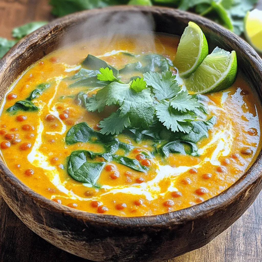 Um die köstliche Kokos-Curry-Linsen-Suppe zuzubereiten, benötigst du folgende Zutaten: - 1 Tasse rote Linsen, abgespült und abgetropft - 1 Dose (400 ml) Kokosmilch - 4 Tassen Gemüsebrühe - 1 Esslöffel Kokosöl - 1 Zwiebel, gewürfelt - 3 Knoblauchzehen, fein gehackt - 1 Esslöffel Ingwer, gerieben - 2 Esslöffel rote Currypaste - 1 Teelöffel Kurkumapulver - 1 Teelöffel Kreuzkümmelpulver - 1 Esslöffel Sojasauce oder Tamari - Salz und Pfeffer nach Geschmack - 1 Tasse Spinat, grob gehackt - 1 Limette, ausgepresst - Frischer Koriander, zum Garnieren Die Wahl der richtigen Zutaten ist entscheidend für den Geschmack. Hier sind einige Tipps: - Rote Linsen: Wähle frische Linsen ohne Schäden. Sie sollten gleichmäßig in der Farbe sein. - Kokosmilch: Achte auf hochwertige Marken mit hohem Kokosanteil. Vermeide Zusatzstoffe. - Gemüsebrühe: Nutze selbstgemachte Brühe für mehr Geschmack. Fertige Brühen können auch gut sein. - Gewürze: Frische Gewürze bringen mehr Aroma. Überprüfe das Verfallsdatum. Die Hauptzutaten bieten viele Nährstoffe: - Rote Linsen: Sie sind reich an Proteinen und Ballaststoffen. Gut für die Verdauung. - Kokosmilch: Sie liefert gesunde Fette. Diese helfen bei der Nährstoffaufnahme. - Spinat: Voller Vitamine und Mineralien. Unterstützt die Gesundheit der Augen. - Zwiebel und Knoblauch: Diese Gemüse stärken das Immunsystem und fördern die Herzgesundheit. Mit diesen Zutaten kannst du die perfekte Kokos-Curry-Linsen-Suppe zubereiten. Für das vollständige Rezept schaue dir die Anleitung an. Um den Aromagrundstock zu machen, nehme ich einen großen Topf. Ich erhitze dort Kokosöl bei mittlerer Hitze. Dann füge ich die gewürfelte Zwiebel hinzu. Diese brate ich etwa fünf Minuten lang an, bis sie glasig ist. Danach gebe ich den gehackten Knoblauch und den geriebenen Ingwer dazu. Ich rühre alles gut um und lasse es ein bis zwei Minuten braten. Es duftet dann wunderbar. Jetzt kommt die rote Currypaste, das Kurkumapulver und das Kreuzkümmelpulver in den Topf. Ich mische sie gut unter die Zwiebeln und lasse alles eine Minute kochen. Dieser Schritt gibt der Suppe viel Geschmack. Nachdem die Gewürze gut vermischt sind, gieße ich die Gemüsebrühe und die Kokosmilch dazu. Ich rühre alles gut durch, um die Zutaten zu verbinden. Dann gebe ich die abgespülten Linsen in den Topf. Ich bringe die Mischung zum Köcheln. Die Hitze reduziere ich und lasse die Suppe 20 bis 25 Minuten köcheln. So werden die Linsen zart. Ich rühre gelegentlich um, damit nichts anbrennt. Wenn die Linsen weich sind, füge ich die Sojasauce, den gehackten Spinat und den Limettensaft hinzu. Ich koche alles weitere zwei bis drei Minuten, bis der Spinat verwelkt ist. Nun schmecke ich die Suppe mit Salz und Pfeffer ab. Die Suppe serviere ich heiß. Ich gebe sie in Schalen und garniere sie mit frischem Koriander. Für einen zusätzlichen Frischekick lege ich Limettenviertel an die Seite. So sieht die Suppe nicht nur gut aus, sie schmeckt auch lecker. Wenn du mehr wissen möchtest, schau dir das [Full Recipe] an! Für eine perfekte Kokos-Curry-Linsen-Suppe gibt es einige wichtige Punkte. Beginne mit frischen Zutaten. Frische Zwiebeln und Knoblauch geben den besten Geschmack. Achte darauf, die Linsen gründlich abzuspülen. So entfernst du Stärke und erhältst eine bessere Konsistenz. Verwende ein großes Kochgeschirr. Das hilft, die Suppe gleichmäßig zu garen. Rühre die Suppe regelmäßig um. So verhinderst du, dass sie anbrennt. Ein häufiger Fehler ist, die Linsen zu lange zu kochen. Achte darauf, sie nur 20-25 Minuten zu garen. Überprüfe die Konsistenz, damit sie nicht zerfallen. Ein weiterer Fehler ist, die Gewürze nicht richtig zu mischen. Gib die Currypaste gut zu den Zwiebeln, um den vollen Geschmack zu entfalten. Vergiss nicht, am Ende mit Limette zu würzen. Das bringt Frische und Balance in die Suppe. Möchtest du die Schärfe erhöhen? Füge mehr rote Currypaste hinzu. Beginne mit einem Teelöffel und taste dich langsam vor. Für weniger Schärfe kannst du die Menge reduzieren. Eine süße Note hilft, die Schärfe auszugleichen. Probiere, etwas Honig oder Zucker hinzuzufügen. Das ist eine einfache Methode, die Schärfe zu mildern. Denk daran, die Suppe gut abzuschmecken, bevor du servierst. So wird sie perfekt für deinen Geschmack. {{image_4}} Die Kokos-Curry-Linsen-Suppe ist schon von Natur aus vegetarisch und vegan. Du kannst die Suppe einfach anpassen. Füge zum Beispiel mehr Gemüse wie Karotten oder Süßkartoffeln hinzu. Diese geben der Suppe zusätzliche Süße und Textur. Auch Kichererbsen passen gut. Sie machen die Suppe noch sättigender. Statt Sojasauce kannst du Tamari verwenden, um die Suppe glutenfrei zu halten. Möchtest du die Suppe noch geschmackvoller machen? Probiere frische Kräuter wie Basilikum oder Petersilie. Ein Spritzer Limettensaft hebt den Geschmack an. Für etwas Schärfe kannst du frische Chili oder mehr Currypaste hinzufügen. Das macht die Suppe aufregender. Du kannst auch geröstete Erdnüsse oder Cashews darüber streuen. Diese bringen Crunch und zusätzliche Aromen. Die Suppe schmeckt toll allein, aber du kannst sie auch mit Beilagen servieren. Reis oder Quinoa sind gute Optionen. Sie machen die Mahlzeit kompletter und sättigender. Naan-Brot oder Fladenbrot passen ebenfalls gut dazu. Diese kannst du verwenden, um die Suppe zu dippen. Ein frischer Salat als Beilage bringt eine schöne Frische. So wird dein Essen noch bunter und leckerer. Die Lagerung der Kokos-Curry-Linsen-Suppe ist einfach. Lassen Sie die Suppe zuerst abkühlen. Füllen Sie sie dann in einen luftdichten Behälter. Dieser Behälter sollte aus Glas oder BPA-freiem Kunststoff sein. Achten Sie darauf, die Suppe bis zu einem Zentimeter unter dem Rand zu füllen. Dies gibt der Suppe Raum zum Ausdehnen, falls sie gefriert. Im Kühlschrank hält sich die Suppe bis zu fünf Tage. Sie bleibt frisch, wenn Sie sie gut abdecken. Achten Sie darauf, die Suppe nicht länger als nötig bei Raumtemperatur stehen zu lassen. Bei Zimmertemperatur sollte die Suppe nicht länger als zwei Stunden stehen. Wenn Sie die Suppe länger aufbewahren möchten, frieren Sie sie ein. Zum Wiedererwärmen können Sie die Suppe auf dem Herd oder in der Mikrowelle erhitzen. Wenn Sie den Herd verwenden, geben Sie die Suppe in einen Topf. Erhitzen Sie sie bei mittlerer Hitze und rühren Sie regelmäßig um. In der Mikrowelle füllen Sie die Suppe in eine mikrowellengeeignete Schüssel. Erhitzen Sie die Suppe in 30-Sekunden-Intervallen, bis sie heiß ist. Achten Sie darauf, die Suppe nicht zu überhitzen, um ein Anbrennen zu vermeiden. Die Kokos-Curry-Linsen-Suppe hält sich gut im Kühlschrank für etwa 4 bis 5 Tage. Achte darauf, sie in einem luftdichten Behälter zu lagern. So bleibt der Geschmack frisch. Wenn du die Suppe aufwärmst, rühre gut um. Die Linsen nehmen etwas Flüssigkeit auf, also füge eventuell etwas Brühe hinzu. Ja, du kannst die Suppe einfrieren. Sie hält sich im Gefrierfach bis zu 3 Monate. Lass die Suppe zuerst abkühlen. Fülle sie dann in einen gefrierfesten Behälter oder einen Gefrierbeutel. Wenn du bereit bist, sie zu essen, tau sie über Nacht im Kühlschrank auf. Erhitze sie langsam auf dem Herd, und genieße das leckere Aroma. Zu dieser Suppe passen viele Brotsorten. Fladenbrot ist eine tolle Wahl. Es ist weich und perfekt zum Dippen. Auch Baguette oder ein einfaches Bauernbrot sind gut. Wenn du es würziger magst, probiere Knoblauchbrot. Es ergänzt die Aromen der Suppe schön. Die Kokos-Curry-Linsen-Suppe ist einfach und gesund. Wir haben alle Zutaten besprochen und Tipps zur Auswahl gegeben. Eine Schritt-für-Schritt-Anleitung hilft beim Zubereiten und Servieren. Außerdem habe ich Fehler aufgezeigt und Anpassungen für jeden Geschmack empfohlen. Mit den richtigen Lagerungshinweisen bleibt die Suppe frisch und lecker. Jetzt bist du bereit, deine eigene köstliche Suppe zu machen. Viel Spaß beim Kochen und Genießen!