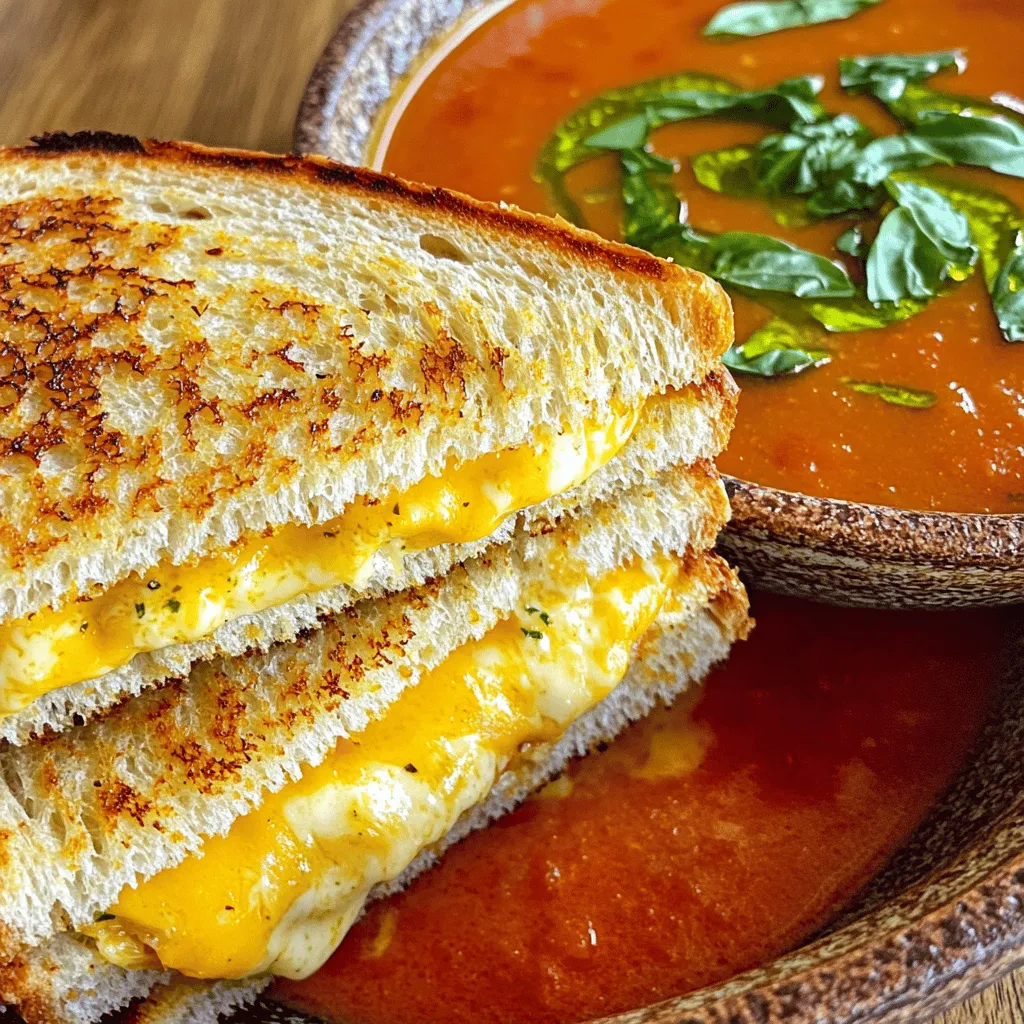 Für dieses köstliche Gericht brauchst du folgende Hauptzutaten: - 4 Scheiben Sauerteigbrot - 4 Scheiben gereifter Cheddar-Käse - 2 Scheiben frischer Mozzarella-Käse - 2 Esslöffel Butter - 1 Tasse Kirschtomaten, halbiert - 1 kleine Zwiebel, gewürfelt - 2 Knoblauchzehen, gehackt - 1 Tasse Gemüsebrühe - 1/2 Tasse frische Basilikumblätter, gehackt - 1 Teelöffel rote Pfefferflocken - Salz und Pfeffer nach Geschmack Diese Zutaten bilden die Basis für ein einfaches und schmackhaftes Rezept. Der Geschmack von Käse verbindet sich wunderbar mit der frischen Tomatensuppe. Wenn du den Geschmack verbessern möchtest, kannst du ein paar zusätzliche Zutaten hinzufügen: - Ein Schuss Olivenöl - Etwas Parmesan für den Käse - Ein Spritzer Zitronensaft für die Suppe Diese kleinen Extras können viel ausmachen. Sie geben dem Gericht mehr Tiefe und machen es noch leckerer. Wenn du spezielle Diätwünsche hast, gibt es tolle Alternativen: - Nutze glutenfreies Brot, wenn du glutenfrei essen musst. - Verwende pflanzliche Butter oder Margarine für eine vegane Option. - Statt Käse kannst du auch vegane Käsealternativen verwenden. Diese Anpassungen helfen dir, das Rezept nach deinen Bedürfnissen zu gestalten. Mit diesen Zutaten kannst du ein großartiges, herzhaftes Gericht zubereiten. Wenn du mehr über die Zubereitung erfahren möchtest, schau dir das Full Recipe an. Um die Suppe zuzubereiten, erhitze einen Topf mit 1 Esslöffel Olivenöl bei mittlerer Hitze. Füge die gewürfelte Zwiebel hinzu und brate sie etwa 5 Minuten lang, bis sie weich und durchsichtig ist. Danach kommt der gehackte Knoblauch dazu. Brate ihn eine weitere Minute, bis er duftet. Jetzt gib die halbierten Kirschtomaten in den Topf. Füge auch die Gemüsebrühe und die roten Pfefferflocken hinzu. Lass alles 15 Minuten köcheln. Danach püriere die Mischung mit einem Standmixer, bis sie ganz glatt ist. Rühre das gehackte Basilikum unter und schmecke die Suppe mit Salz und Pfeffer ab. Für den gegrillten Käse heize eine Pfanne bei mittlerer Hitze vor. Verteile 2 Esslöffel Butter auf einer Seite jeder Scheibe Sauerteigbrot. Lege auf die ungebutterte Seite von zwei Brotscheiben die Scheiben von Cheddar und Mozzarella. Decke die Sandwiches mit den anderen Brotscheiben ab, sodass die gebutterte Seite nach oben zeigt. Grille die Sandwiches in der Pfanne etwa 3-4 Minuten auf jeder Seite. Das Brot sollte goldbraun sein und der Käse innen geschmolzen. Für die Präsentation schneide die gegrillten Käsetriangle. Serviere die Suppe in tiefen Schalen und platziere die Käsetriangle daneben. Garniere die Suppe mit einem Schuss Olivenöl und einer Prise frischem Basilikum. Diese einfache, aber leckere Präsentation macht dein Gericht noch einladender. Für das komplette Rezept, schau dir den [Full Recipe] an. Um den perfekten gegrillten Käse zu machen, wähle das richtige Brot. Sauerteigbrot ist ideal, da es knusprig wird. Verwende auch einen guten Käse. Eine Mischung aus reifem Cheddar und frischem Mozzarella sorgt für tollen Geschmack. Butter ist wichtig. Bestreiche die Brotscheiben gleichmäßig. Erhitze die Pfanne gut. Grill den Käse bei mittlerer Hitze, damit er nicht anbrennt. Ein häufiger Fehler ist, die Hitze zu hoch zu stellen. Dadurch wird das Brot schnell dunkel, aber der Käse bleibt fest. Ein weiterer Fehler ist, zu wenig Käse zu verwenden. Das Sandwich sollte reich belegt sein. Achte darauf, die Sandwiches nicht zu früh zu wenden. Warte, bis die Unterseite goldbraun ist. So schmilzt der Käse gleichmäßig. Du kannst die Gewürze leicht anpassen. Füge etwas Knoblauchpulver oder Zwiebelpulver hinzu, um mehr Geschmack zu bekommen. Für einen scharfen Kick, probiere Jalapeños oder eine Prise Cayennepfeffer. Wenn du es süß magst, füge etwas Honig oder Feigenmarmelade hinzu. Experimentiere mit frischen Kräutern wie Oregano oder Thymian. So machst du das Gericht einzigartig! {{image_4}} Für den perfekten gegrillten Käse kann man viele Käsesorten ausprobieren. Beliebte Optionen sind: - Gouda - Brie - Gruyère - Provolone Jeder Käse bringt seinen eigenen Geschmack mit. Zum Beispiel hat Brie eine cremige Textur. Gouda ist nussig und mild. Man kann auch einen Mix aus Käsesorten verwenden. Das gibt mehr Tiefe und Vielfalt. Für Vegetarier gibt es viele köstliche Optionen. Statt Butter kann man Olivenöl verwenden. Veganer können pflanzliche Käsesorten nutzen. Diese sind oft aus Nüssen oder Soja gemacht. Sie schmelzen gut und schmecken lecker. Man kann auch ein Avocado-Aufstrich für extra Cremigkeit nutzen. Beilagen machen das Gericht noch besser. Hier sind einige Vorschläge: - Frischer Salat - Gegrilltes Gemüse - Chips oder Cracker Diese Beilagen bieten einen schönen Kontrast zur Cremigkeit des Käses. Sie sorgen für mehr Textur und Geschmack. Probieren Sie auch verschiedene Dips für die Sandwiches. Eine würzige Salsa oder ein scharfer Senf passen gut dazu. Für das vollständige Rezept schauen Sie sich das [Full Recipe] an. Wenn du Reste von der Tomatensuppe hast, lass sie zuerst abkühlen. Fülle die Suppe dann in einen luftdichten Behälter. Du kannst die Suppe bis zu fünf Tage im Kühlschrank aufbewahren. Achte darauf, die Suppe vor dem Servieren gut zu erhitzen. Das sorgt für den vollen Geschmack. Gegrillter Käse eignet sich gut zum Einfrieren. Lass die Sandwiches vollständig abkühlen. Wickel sie dann in Frischhaltefolie und lege sie in einen Gefrierbehälter. So bleiben sie frisch. Du kannst sie bis zu drei Monate einfrieren. Zum Aufwärmen, einfach im Ofen oder in der Pfanne erneut erhitzen. Die Haltbarkeit im Kühlschrank ist wichtig. Gegrillter Käse hält sich etwa zwei bis drei Tage. Lagere ihn in einem luftdichten Behälter. Überprüfe immer den Geruch, bevor du ihn isst. Wenn etwas komisch riecht, ist es besser, es wegzuwerfen. So bleibst du sicher und gesund. Die Suppe kann im Kühlschrank bis zu fünf Tage aufbewahrt werden. Achte darauf, sie in einem luftdichten Behälter zu lagern. Wenn du die Suppe länger aufbewahren möchtest, friere sie ein. So bleibt sie bis zu drei Monate frisch. Ja, du kannst die Suppe im Voraus zubereiten. Koche sie einfach und lasse sie abkühlen. Danach kannst du sie im Kühlschrank lagern. Wenn du bereit bist, sie zu essen, erwärme sie einfach in einem Topf oder in der Mikrowelle. So sparst du Zeit an einem hektischen Tag. Für gegrillten Käse sind einige Brotsorten sehr gut geeignet. Hier sind meine Favoriten: - Sauerteigbrot - Weißbrot - Vollkornbrot - Ciabatta Jede dieser Brotsorten bringt ihren eigenen Geschmack mit. Sauerteigbrot hat eine tolle Kruste, während Ciabatta leicht und luftig ist. Wähle das Brot, das dir am besten gefällt, und genieße deinen Käse! In diesem Artikel haben wir die Zutaten für eine leckere Tomaten-Basilikum-Suppe und einen gegrillten Käse betrachtet. Ich habe dir Schritt-für-Schritt-Anleitungen gegeben, um beide Gerichte zuzubereiten. Tipps und Tricks halfen dir, die besten Ergebnisse zu erzielen. Du hast auch Variationen entdeckt, die deinem Geschmack entsprechen. Abschließend weißt du nun, wie du Reste aufbewahrst und weitere Fragen beantwortet werden. Probier es aus und genieße diese einfache und köstliche Kombination.