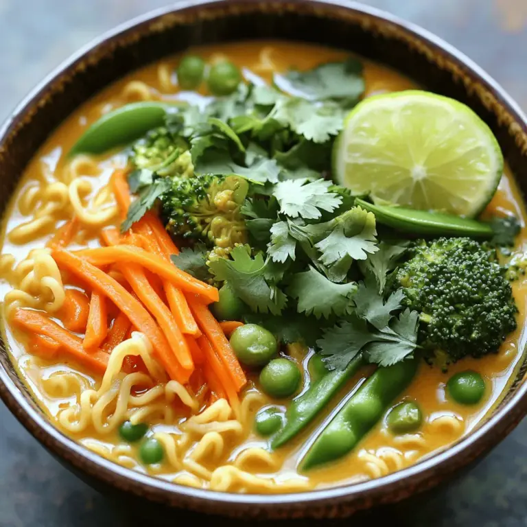 Für das leckere Rezept der veganen Kokos-Curry-Ramen brauchen Sie folgende Zutaten: - 200 g Ramen-Nudeln (frisch oder getrocknet) - 1 Dose (400 ml) Kokosmilch - 1 Esslöffel Kokosöl - 1 Zwiebel, fein gehackt - 3 Knoblauchzehen, zerdrückt - 1 Esslöffel frischer Ingwer, gerieben - 2 Esslöffel rote Currypaste - 1 Esslöffel Sojasauce oder Tamari - 1 Esslöffel Limettensaft - 1 Tasse Gemüsebrühe - 1 Tasse Brokkoliröschen - 1 Tasse Zuckerschoten - 1 rote Paprika, in Scheiben geschnitten - 1 Karotte, in feine Streifen geschnitten (Julienne) - 1/4 Tasse frischer Koriander, gehackt (zum Garnieren) - Limettenspalten (zum Servieren) - Salz und Pfeffer nach Geschmack Die rote Currypaste ist der Schlüssel. Sie gibt dem Gericht seine schöne Schärfe und Tiefe. Kokosmilch macht die Brühe cremig und reichhaltig. Frischer Ingwer und Knoblauch bringen ein tolles Aroma. Achten Sie darauf, diese Zutaten frisch zu verwenden, um den besten Geschmack zu erzielen. Die Zwiebel fügt Süße hinzu und das Gemüse sorgt für Knusprigkeit. Wenn Sie keine Ramen-Nudeln haben, können Sie Reisnudeln oder sogar Zucchini-Nudeln verwenden. Für die Currypaste können Sie auch grüne Currypaste nutzen, wenn Sie es milder mögen. Wenn Sie Sojasauce meiden, ist Tamari eine gute glutenfreie Option. Für das Gemüse können Sie Karotten durch Kürbis ersetzen oder Spinat für zusätzlichen Nährwert hinzufügen. Seien Sie kreativ! Kochen Sie die Ramen-Nudeln nach den Anweisungen auf der Verpackung. Bei frischen Nudeln dauert das nur wenige Minuten. Bei getrockneten Nudeln kann es etwas länger dauern. Nach dem Kochen, gießen Sie sie ab und stellen Sie sie beiseite. Achten Sie darauf, die Nudeln nicht zu lange zu kochen. So bleiben sie schön bissfest. Erhitzen Sie das Kokosöl in einem großen Topf bei mittlerer Hitze. Fügen Sie die fein gehackte Zwiebel hinzu und braten Sie sie an, bis sie glasig ist. Das dauert etwa fünf Minuten. Dann geben Sie den zerdrückten Knoblauch und den geriebenen Ingwer dazu. Braten Sie alles für eine weitere Minute an, bis es aromatisch riecht. Jetzt kommt die rote Currypaste. Rühren Sie sie gut ein und lassen Sie die Mischung eine Minute lang köcheln. So entfaltet sich der Geschmack. Gießen Sie die Kokosmilch, die Gemüsebrühe, die Sojasauce und den Limettensaft hinein. Rühren Sie kräftig um, um alles gut zu vermengen. Lassen Sie die Mischung leicht köcheln. Fügen Sie dann das Gemüse hinzu: Brokkoli, Zuckerschoten, rote Paprika und Karotten. Kochen Sie alles für etwa fünf bis sieben Minuten, bis das Gemüse zart ist. Verteilen Sie die gekochten Ramen-Nudeln auf Servierschalen. Löffeln Sie die heiße Kokos-Curry-Brühe mit dem Gemüse über die Nudeln. Garnieren Sie jede Schüssel mit frischem Koriander und einer Limettenspalte. Das gibt einen frischen Geschmack. Servieren Sie die Ramen sofort, damit sie heiß und lecker sind. Für eine besondere Note können Sie geröstete Erdnüsse oder Chili-Flocken hinzufügen. Für das vollständige Rezept können Sie [Full Recipe] besuchen. Um die beste Konsistenz für deine vegane Kokos-Curry-Ramen zu erreichen, achte auf die Brühe. Sie sollte cremig, aber nicht zu dick sein. Bei Bedarf kannst du mehr Gemüsebrühe hinzufügen, um sie flüssiger zu machen. Das Gemüse sollte zart, aber knackig sein. Koche es nur so lange, dass es seine Farbe behält. Die Gewürze machen den Unterschied. Du kannst die rote Currypaste anpassen, um mehr Schärfe hinzuzufügen. Ein Spritzer Sojasauce verstärkt den Geschmack. Für eine süßere Note kannst du etwas braunen Zucker oder Agavendicksaft einrühren. Experimentiere mit frischen Kräutern wie Basilikum oder Minze, um neue Geschmäcker zu entdecken. Vorbereitung ist der Schlüssel zur schnellen Zubereitung. Schneide dein Gemüse im Voraus und bewahre es im Kühlschrank auf. Das spart Zeit. Du kannst die Ramen-Nudeln auch vorher kochen und kalt stellen. So sind sie schnell bereit, wenn die Brühe fertig ist. Wenn du magst, füge geröstete Erdnüsse oder Chili-Flocken als Garnitur hinzu. Das gibt dem Gericht eine besondere Note. Für das vollständige Rezept, schau dir die [Full Recipe] an. {{image_4}} Wenn Sie Protein möchten, fügen Sie Tofu oder Tempeh hinzu. Tofu ist leicht und nimmt den Geschmack gut auf. Schneiden Sie den Tofu in Würfel und braten Sie ihn in Kokosöl an, bis er goldbraun ist. Tempeh hat einen nussigen Geschmack und eine festere Textur. Schneiden Sie das Tempeh in Scheiben und braten Sie es ebenfalls an. Geben Sie die Tofu- oder Tempeh-Würfel in die Brühe, um sie zu erwärmen. So wird Ihre vegane Kokos-Curry-Ramen eine nahrhafte Mahlzeit. Sie können die Gemüsesorten nach Ihrem Geschmack anpassen. Brokkoli und Zuckerschoten sind klassisch, aber auch Karotten und Paprika passen gut. Für mehr Abwechslung können Sie Spinat, Pilze oder Kürbis verwenden. Schneiden Sie das Gemüse klein, damit es schnell gar wird. Fügen Sie das Gemüse in die Brühe, um die Aromen zu mischen. So wird jedes Gericht einzigartig und bunt. Die Schärfe der Ramen können Sie leicht anpassen. Wenn Sie es mild mögen, verwenden Sie weniger rote Currypaste. Für mehr Schärfe fügen Sie Chili oder Sambal Oelek hinzu. Ein Spritzer Limettensaft kann die Schärfe balancieren und frisch schmecken lassen. Probieren Sie die Brühe während des Kochens, um die richtige Schärfe zu finden. So wird Ihr Ramen genau nach Ihrem Geschmack. Um Reste deines Vegan Coconut Curry Ramen zu lagern, fülle sie in einen luftdichten Behälter. Stelle sicher, dass die Brühe die Nudeln gut bedeckt. Dies verhindert, dass die Nudeln austrocknen. Lass die Reste auf Raumtemperatur abkühlen, bevor du sie in den Kühlschrank stellst. Um die Ramen aufzuwärmen, gib sie in einen Topf. Füge etwas Gemüsebrühe oder Wasser hinzu, um die Brühe wieder cremig zu machen. Erhitze alles langsam bei mittlerer Hitze. Rühre die Mischung gut um, damit die Aromen gleichmäßig verteilt werden. Eine Mikrowelle funktioniert auch, aber achte darauf, das Gericht in Intervallen zu erwärmen. Rühre es zwischendurch um. Im Kühlschrank halten sich die Reste etwa 3 bis 4 Tage. Du kannst die Ramen auch einfrieren. Sie halten sich bis zu 3 Monate im Gefrierschrank. Achte darauf, die Ramen in einem gefrierfesten Behälter aufzubewahren. Vor dem Servieren tau die Ramen im Kühlschrank auf und wärme sie dann auf. Vergiss nicht, die Ramen rechtzeitig aus dem Gefrierschrank zu nehmen. Ja, du kannst glutenfreie Ramen verwenden. Es gibt viele Marken, die Reis- oder Buchweizennudeln anbieten. Diese sind eine gute Wahl für ein glutenfreies Gericht. Achte beim Kauf auf das Etikett. So stellst du sicher, dass keine glutenhaltigen Zutaten enthalten sind. Die Konsistenz hängt von der Menge der Flüssigkeiten ab. Für eine dickere Brühe, füge weniger Gemüsebrühe hinzu. Alternativ kannst du mehr Kokosmilch verwenden, um die Brühe cremiger zu machen. Wenn du eine dünnere Brühe magst, einfach mehr Brühe hinzufügen. So kannst du das Rezept nach deinem Geschmack anpassen. Veganen Ramen kannst du mit vielen Beilagen servieren. Hier sind einige Vorschläge: - Frischer Koriander - Limettenspalten - Geröstete Erdnüsse - Chili-Flocken - Frisches Gemüse wie Radieschen oder Spinat Probiere verschiedene Kombinationen aus, um dein perfektes Gericht zu finden! Wenn du mehr erfahren möchtest, sieh dir das [Full Recipe] an. In diesem Blogbeitrag haben wir alle wichtigen Zutaten für vegane Ramen betrachtet. Wir haben die Zubereitung der Nudeln und der Kokos-Curry-Brühe Schritt für Schritt erklärt. Tipps zur perfekten Konsistenz und verschiedene Anpassungen für den Geschmack helfen jedem Koch. Variationen mit Tofu oder verschiedenen Gemüsesorten erleichtern die Anpassung. Reste lassen sich einfach lagern und aufwärmen. Vegan zu kochen, kann kreativ und einfach sein. Viel Spaß beim Ausprobieren!