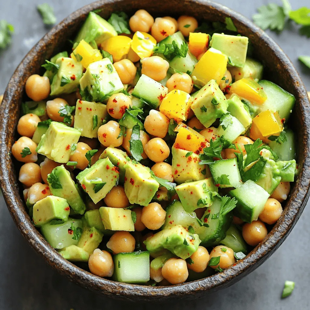 - Reife Avocado - Kichererbsen aus der Dose - Gemüse (Gurke, rote Zwiebel, Paprika) Die Hauptzutaten machen den Salat frisch und nahrhaft. Eine reife Avocado bringt Cremigkeit und gesunde Fette. Wähle eine, die leicht druckempfindlich ist. Kichererbsen aus der Dose sind praktisch und voll von Proteinen. Sie geben dem Salat einen tollen Biss. Für das Gemüse nehme ich Gurke, rote Zwiebel, und Paprika. Diese Zutaten sorgen für Knackigkeit und Farbe. Sie sind auch voll von Vitaminen und Mineralstoffen. - Limettensaft - Olivenöl - Gewürze (Salz, Pfeffer, Kreuzkümmel, rote Pfefferflocken) Das Dressing ist einfach, aber wichtig. Limettensaft sorgt für Frische und Säure. Olivenöl bringt einen leichten Geschmack und gesunde Fette. Ich würze mit Salz, Pfeffer, Kreuzkümmel und roten Pfefferflocken. Diese Gewürze verleihen dem Salat Tiefe und einen Hauch von Wärme. - Portionen: 4 - Kalorien und Nährstoffe pro Portion Der Salat ergibt vier Portionen. Jede Portion hat etwa 200 Kalorien. Ideal für ein leichtes Mittagessen oder als Beilage. Die Nährstoffe kommen aus den frischen Zutaten. Du erhältst Ballaststoffe, Proteine, und gesunde Fette. Das macht den Salat nahrhaft und sättigend. Für die genaue Nährstoffverteilung sieh dir das [Full Recipe] an. Um den Salat richtig zuzubereiten, beginne mit dem Schneiden der Avocado und des Gemüses. - Nimm eine reife Avocado und schneide sie in kleine Würfel. - Würfle eine kleine Salatgurke. - Hacke eine viertel rote Zwiebel fein. - Schneide eine halbe Paprika in kleine Stücke. Jetzt sind die frischen Zutaten bereit. Bereite die Kichererbsen vor, indem du eine Dose Kichererbsen öffnest. - Spüle sie gut ab und lasse sie abtropfen. Das sorgt dafür, dass der Salat frisch bleibt. In einer großen Schüssel kombinierst du jetzt alle vorbereiteten Zutaten. - Gib die gewürfelte Avocado, Kichererbsen, Gurke, rote Zwiebel und Paprika hinein. - Füge den gehackten Koriander hinzu. Vermenge alles vorsichtig, damit die Avocado nicht zerdrückt wird. Jetzt kommt das Dressing. - Nimm eine kleine Schüssel und vermische 2 Esslöffel Limettensaft, 2 Esslöffel Olivenöl, Salz, Pfeffer und optional Kreuzkümmel sowie rote Pfefferflocken. - Verquirle die Zutaten gut. Gieße das Dressing über den Salat und rühre alles sanft um. - Probiere den Salat und passe die Würze nach deinem Geschmack an. Präsentiere den Salat in bunten Schalen. - Garniere ihn mit zusätzlichen Korianderblättern und einer Limettenscheibe. Das gibt dem Salat einen frischen Look. Lass den Salat 10 Minuten bei Zimmertemperatur ruhen. Das hilft, die Aromen zu entfalten. Du kannst den Salat kühl oder bei Zimmertemperatur servieren. Genieße die cremige Textur und die lebhaften Aromen! Für das vollständige Rezept, schaue dir die Anleitung an. Wie man eine reife Avocado auswählt? Du solltest die Avocado sanft drücken. Sie sollte leicht nachgeben, aber nicht zu weich sein. Eine reife Avocado hat eine dunkle, matte Haut. Vermeide grüne oder sehr harte Avocados. Diese sind noch nicht reif. Wenn du sie zu Hause hast, lege sie bei Zimmertemperatur. So reifen sie schneller. Zusätzliche Zutaten für mehr Geschmack: Du kannst Tomaten oder Mais hinzufügen. Diese geben dem Salat mehr Frische. Ein wenig Feta-Käse passt auch gut dazu. Für vegane oder glutenfreie Ernährung sind die meisten Zutaten geeignet. Achte jedoch darauf, dass das Dressing ohne tierische Produkte ist. Übermixen der Avocado ist ein häufiger Fehler. Mische die Zutaten vorsichtig, damit die Avocado nicht zerdrückt wird. Das macht den Salat matschig. Unzureichende Würzung kann den Geschmack verderben. Probiere den Salat und füge mehr Salz oder Limettensaft hinzu. Achte darauf, dass die Aromen gut zur Geltung kommen. Wenn du diese Tipps befolgst, wird dein Avocado-Kichererbsen-Salat ein Hit! Für das vollständige Rezept schau dir die [Full Recipe] an. {{image_4}} Um diesen Salat noch leckerer zu machen, können Sie Feta und Oliven hinzufügen. Feta bringt eine salzige Note. Die Oliven geben einen herzhaften Geschmack. Diese Zutaten passen perfekt zu Avocado und Kichererbsen. Ein mediterraner Twist macht den Salat aufregender und bietet neue Geschmäcker. Für eine proteinreiche Option können Sie Quinoa oder Hähnchen integrieren. Quinoa ist voll von Nährstoffen und sehr sättigend. Hähnchen fügt zusätzliches Protein hinzu und macht den Salat noch herzhafter. Diese Anpassungen machen den Salat ideal für ein leichtes Mittagessen oder Abendessen. Passen Sie die Zutaten je nach Jahreszeit an. Im Frühling können Sie frische Erbsen oder Radieschen hinzufügen. Im Sommer sind Tomaten und Gurken großartig. Im Herbst passen geröstete Kürbisstücke gut dazu. Im Winter können Sie auch einige geröstete Nüsse für extra Crunch verwenden. So bleibt der Salat das ganze Jahr über spannend und frisch. Für das komplette Rezept schauen Sie sich den [Full Recipe] an. Um den Avocado-Kichererbsen-Salat frisch zu halten, ist die Lagerung wichtig. Ich empfehle, den Salat in einem luftdichten Behälter aufzubewahren. So bleibt er frisch und lecker. Lagern Sie ihn im Kühlschrank. Vermeiden Sie es, ihn mit einer Plastikfolie abzudecken. Diese kann Feuchtigkeit ansammeln und die Avocado matschig machen. Der Salat hält sich im Kühlschrank etwa zwei Tage. Nach dieser Zeit wird die Avocado braun. Die Kichererbsen bleiben jedoch länger frisch. Überprüfen Sie den Salat vor dem Essen auf Geruch oder Textur. Wenn er komisch riecht, essen Sie ihn nicht. Der Salat schmeckt am besten kalt. Wenn Sie ihn wieder aufwärmen möchten, vermeiden Sie die Mikrowelle. Stattdessen lassen Sie ihn einfach bei Raumtemperatur stehen. So bleibt die Textur der Avocado gut. Wenn Sie den Salat frisch genießen möchten, fügen Sie frische Kräuter oder einen Spritzer Limettensaft hinzu. Dadurch wird er lebendiger und geschmackvoller. Probieren Sie auch, den Salat in Wraps zu füllen oder auf einem Bett aus frischem Spinat zu servieren. Der Avocado-Kichererbsen-Salat bleibt frisch, wenn Sie ihn richtig lagern. Bewahren Sie ihn in einem luftdichten Behälter auf. So bleibt er bis zu zwei Tage im Kühlschrank gut. Achten Sie darauf, den Salat nicht zu lange stehen zu lassen. Die Avocado kann schnell braun werden. Wenn das passiert, mischen Sie einfach alles gut durch. Ja, Sie können die Kichererbsen leicht ersetzen. Eine gute Wahl sind schwarze Bohnen oder weiße Bohnen. Diese Optionen bieten einen ähnlichen Geschmack und eine ähnliche Textur. Für eine proteinreiche Variante können Sie auch Linsen verwenden. Sie sind nahrhaft und fügen einen neuen Geschmack hinzu. Experimentieren Sie mit den Zutaten, um Ihre perfekte Mischung zu finden! Ja, der Salat ist vegan! Alle Zutaten, die Sie verwenden, sind pflanzlich. Die Avocado, Kichererbsen und Gemüse machen ihn nahrhaft. Um sicher zu gehen, prüfen Sie die Etiketten der Zutaten. Achten Sie darauf, dass keine tierischen Produkte enthalten sind. So bleibt Ihr Salat rein pflanzlich und gesund. Für weitere vegane Rezepte, schauen Sie sich das Full Recipe an. In diesem Artikel haben wir die wichtigsten Zutaten für einen Avocado-Kichererbsen-Salat besprochen. Wir haben die Schritte zur Zubereitung erklärt sowie Tipps gegeben, um Fehler zu vermeiden. Auch Variationen und Aufbewahrung wurden behandelt. Der Salat ist gesund, einfach zuzubereiten und sehr lecker. Probiere deine eigene Version und genieße die frischen Aromen! Ein guter Salat bereichert jede Mahlzeit und macht glücklich.