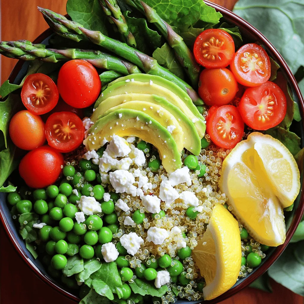 Um diese leckeren Power-Bowls zu machen, benötigst du folgende Hauptzutaten: - 1 Tasse Quinoa, gründlich abgespült - 2 Tassen Gemüsebrühe oder Wasser - 1 Tasse Kirschtomaten, halbiert - 1 Tasse Spargel, geputzt und in 5 cm lange Stücke geschnitten - 1 Tasse grüne Erbsen (frisch oder gefroren) - 1 Paprika (rot oder gelb), gewürfelt - 1 Avocado, in Scheiben geschnitten - 1 Tasse gemischte Blätter (Spinat, Rucola oder Baby-Wirsing) - 2 Esslöffel Olivenöl - 2 Esslöffel Zitronensaft - 1 Teelöffel Knoblauchpulver - Salz und Pfeffer nach Geschmack - ¼ Tasse geröstete Sonnenblumenkerne oder deine Lieblingsnüsse Diese Zutaten bilden die Basis für eine gesunde und nahrhafte Bowl. Die Quinoa liefert dir gesunde Kohlenhydrate, während das Gemüse viele Vitamine bietet. Um deinen Bowls noch mehr Geschmack zu verleihen, kannst du folgende optionale Zutaten hinzufügen: - ¼ Tasse Feta-Käse, zerkrümelt - Weitere Gewürze wie Paprika oder Kreuzkümmel - Frische Kräuter wie Petersilie oder Basilikum - Ein Spritzer Balsamico-Glasur für Süße Diese Zutaten bringen Vielfalt in die Bowls und helfen dir, den Geschmack nach deinen Wünschen anzupassen. Die Frühlingsgemüse Power-Bowls sind nicht nur lecker, sondern auch gesund. Hier sind einige Nährwerte: - Quinoa: Reich an Protein und Ballaststoffen, gut für die Verdauung. - Gemüse wie Spargel und Erbsen: Voll mit Vitaminen und Antioxidantien. - Avocado: Liefert gesunde Fette, die gut für das Herz sind. - Feta-Käse (optional): Eine gute Calciumquelle. Diese Zutaten machen deine Power-Bowls nahrhaft und sättigend. Du kannst die Nährwerte leicht anpassen, indem du mehr oder weniger von den Zutaten verwendest. Wenn du mehr über die Zubereitung erfahren möchtest, schau dir das [Full Recipe] an. Um die Quinoa perfekt zu kochen, beginne mit 1 Tasse Quinoa und 2 Tassen Gemüsebrühe oder Wasser. Gib die Quinoa in einen mittelgroßen Kochtopf. Füge die Brühe hinzu und bringe die Mischung zum Kochen. Reduziere die Hitze auf niedrig. Decke den Topf ab und lasse die Quinoa etwa 15 Minuten lang köcheln. Sie sollte nach dieser Zeit fluffig sein und die Flüssigkeit vollständig aufgesogen haben. Nimm den Topf vom Herd und stelle ihn beiseite. Jetzt ist es Zeit, das Gemüse zuzubereiten. Nimm einen großen Topf und bringe gesalzenes Wasser zum Kochen. Du benötigst frischen Spargel und grüne Erbsen. Blanchiere beide Gemüse für 2-3 Minuten. Achte darauf, dass sie leuchtend grün und zartknackig sind. Verwende einen Schaumlöffel, um sie herauszunehmen, und lege sie in ein Eisbad. Das stoppt den Garprozess und bewahrt die Farbe. Lass das Gemüse gut abtropfen und stelle es beiseite. Jetzt kommt der kreative Teil! Nimm eine große Schüssel und kombiniere die gekochte Quinoa mit dem blanchierten Spargel, den Erbsen, den halbierten Kirschtomaten und der gewürfelten Paprika. Beträufle die Mischung mit 2 Esslöffeln Olivenöl und 2 Esslöffeln Zitronensaft. Streue 1 Teelöffel Knoblauchpulver, Salz und Pfeffer nach Geschmack darüber. Rühre vorsichtig um, um alles gleichmäßig zu vermengen. Um die Power-Bowls zusammenzustellen, beginne mit einer Basis aus gemischten Blättern in jeder Schüssel. Fülle eine großzügige Portion der Quinoa-Gemüse-Mischung darauf. Garniere jede Bowl mit Avocado-Scheiben und zerkrümeltem Feta-Käse, wenn du möchtest. Zum Schluss streue eine Handvoll gerösteter Sonnenblumenkerne darüber. So bekommst du einen tollen Crunch! Serviere die Bowls frisch, vielleicht mit einem zusätzlichen Spritzer Olivenöl und Zitronensaft. Für das vollständige Rezept schau dir den [Full Recipe] an. Um perfekte Quinoa zu machen, spülen Sie sie gut ab. Das entfernt Bitterstoffe. Verwenden Sie Wasser oder Gemüsebrühe für mehr Geschmack. Kochen Sie die Quinoa bei niedriger Hitze, bis sie fluffig ist. Lassen Sie sie etwas ruhen, bevor Sie sie servieren. So wird sie luftiger. Blanchieren verbessert die Farbe und den Geschmack von Gemüse. Kochen Sie Wasser in einem großen Topf. Fügen Sie Salz hinzu, um den Geschmack zu heben. Legen Sie das Gemüse für zwei bis drei Minuten ins kochende Wasser. Dann sofort in ein Eisbad geben. Das stoppt den Garprozess und erhält die Knackigkeit. Um Ihre Power-Bowls zu bereichern, fügen Sie verschiedene Toppings hinzu. Nüsse oder Samen geben Crunch. Kräuter wie Petersilie oder Koriander bringen Frische. Für einen zusätzlichen Protein-Kick können Sie Hülsenfrüchte oder Hähnchen hinzufügen. Experimentieren Sie mit Dressings für mehr Abwechslung. Eine Zitronen-Balsamico-Vinaigrette passt hervorragend. Entdecken Sie die Möglichkeiten! Für das vollständige Rezept klicken Sie auf [Full Recipe]. {{image_4}} Die Frühlingsgemüse Power-Bowls sind von Natur aus einfach anpassbar. Für die vegetarische Version lassen Sie einfach den Feta-Käse weg. So bleibt der Geschmack frisch und leicht. Für eine vegane Option ersetzen Sie die Feta mit einer Mischung aus zerdrücktem Tofu und einem Spritzer Zitronensaft. Das gibt einen schönen, cremigen Effekt. Um die Power-Bowls noch nahrhafter zu machen, fügen Sie eine Proteinquelle hinzu. Gegrillte Hähnchenbrust oder Tofu sind gute Optionen. Auch Kichererbsen passen gut. Sie sind reich an Eiweiß und geben der Bowl mehr Substanz. Gebratene Garnelen sind auch eine köstliche Wahl. Sie bringen einen Hauch von Meer in Ihr Gericht. Das Dressing kann den Geschmack der Power-Bowls stark beeinflussen. Olivenöl und Zitronensaft sind klassisch, aber Sie können auch andere Dressings ausprobieren. Probieren Sie ein Tahini-Dressing für einen nussigen Geschmack. Eine Erdnusssoße gibt einen asiatischen Twist. Für Toppings sind geröstete Nüsse oder Samen immer lecker. Sie fügen einen tollen Crunch hinzu. Ein paar frische Kräuter wie Petersilie oder Basilikum bringen Farbe und frischen Geschmack. Die Frühlingsgemüse Power-Bowls sind einfach aufzubewahren. Füllen Sie sie in luftdichte Behälter. Lagern Sie sie im Kühlschrank. So bleiben die Zutaten frisch. Achten Sie darauf, die Avocado getrennt zu halten. Sie wird schnell braun. Verwenden Sie Zitronensaft, um die Avocado frisch zu halten. Zum Wiedererwärmen nehmen Sie eine Schüssel. Geben Sie die Power-Bowl in die Mikrowelle. Erhitzen Sie sie in kurzen Intervallen. So bleibt das Gemüse knackig. Alternativ können Sie die Mischung in einer Pfanne aufwärmen. Fügen Sie etwas Wasser hinzu, um das Gemüse zu dämpfen. So bleibt der Geschmack erhalten. Die Haltbarkeit der Zutaten variiert. Quinoa hält sich bis zu einer Woche im Kühlschrank. Kirschtomaten und Paprika bleiben frisch für etwa fünf Tage. Spargel und Erbsen sollten innerhalb von drei Tagen gegessen werden. Avocados sind am besten, wenn sie frisch sind. Verwenden Sie sie innerhalb von zwei Tagen nach dem Schneiden. Feta-Käse bleibt bis zu einer Woche genießbar, wenn er gut verpackt ist. Die Frühlingsgemüse Power-Bowls bleiben frisch für etwa drei Tage im Kühlschrank. Lagern Sie sie in einem luftdichten Behälter. Achten Sie darauf, die Avocado separat zu halten, um eine braune Farbe zu vermeiden. Wenn sie gut verpackt sind, bleibt der Geschmack toll. Ja, gefrorenes Gemüse ist eine gute Wahl! Es ist oft frisch gefroren und behält seine Nährstoffe. Sie können gefrorene Erbsen und Spargel direkt in die Quinoa geben. Blanchieren Sie sie nicht, sondern fügen Sie sie einfach während des Kochens hinzu. So sparen Sie Zeit, und die Power-Bowls schmecken weiterhin lecker. Zu diesen Bowls passen viele Beilagen. Hier einige Vorschläge: - Gegrilltes Hähnchen oder Tofu für mehr Protein - Ein frischer Salat mit Zitronendressing - Knuspriges Brot oder Fladenbrot Diese Beilagen ergänzen die Power-Bowls perfekt. Probieren Sie sie aus und finden Sie Ihre Lieblingskombination! Die Frühlingsgemüse Power-Bowls sind lecker und gesund. Wir haben die Hauptzutaten, Zubereitung, Tipps und Variationen besprochen. Zudem erhieltest du wichtige Tipps zur Lagerung und häufige Fragen. Power-Bowls sind vielseitig und halten frisch. Du kannst sie nach deinem Geschmack anpassen. Lass einfach deiner Kreativität freien Lauf und genieße gesunde Mahlzeiten, wann immer du willst. Sei gespannt auf deine nächsten Kreationen!