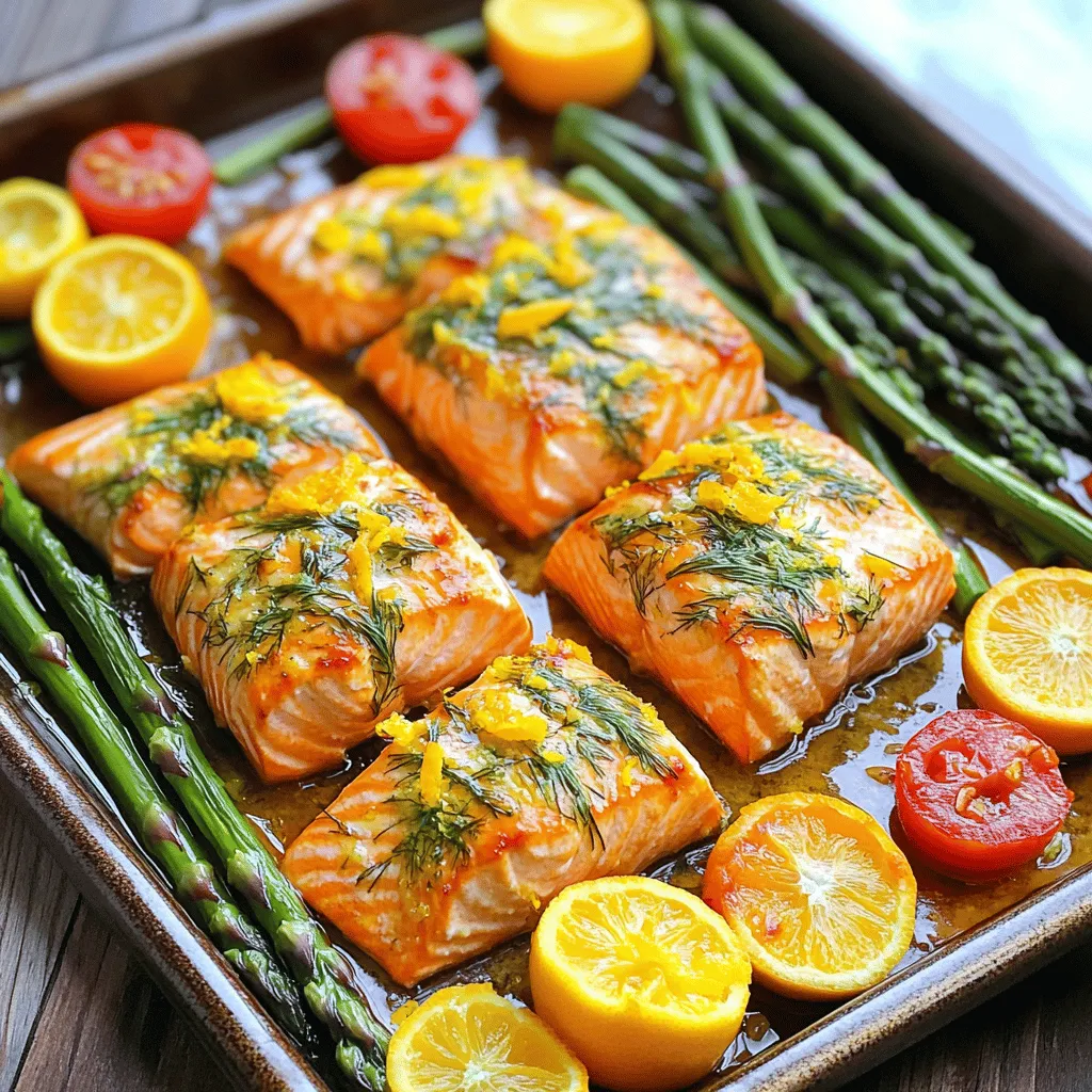 - 4 Lachsfilets - 2 Orangen (Saft und Schale abgerieben) - 1 Zitrone (Saft und Schale abgerieben) - 4 Esslöffel Olivenöl Die Hauptzutaten sind einfach und frisch. Lachsfilets sind zart und voller Geschmack. Orangen und Zitronen geben eine spritzige Note. Olivenöl sorgt für den perfekten Glanz und Geschmack. - 2 Esslöffel frischer Dill, gehackt (oder 1 Esslöffel getrockneter Dill) - 3 Knoblauchzehen, gehackt - Salz und Pfeffer nach Geschmack Frischer Dill bringt das Gericht zum Leben. Er hat ein tolles Aroma und ist gesund. Knoblauch fügt Tiefe hinzu und macht alles besser. Salz und Pfeffer sind wichtig für den Geschmack. - 2 Tassen Spargel, geputzt - 1 Tasse Kirschtomaten, halbiert Spargel ist knackig und gesund. Er passt gut zu Lachs und gibt Farbe. Kirschtomaten sind süß und bringen Frische. Beide Gemüse machen das Gericht bunt und einladend. Für das volle Rezept von One-Pan Citrus Dill Salmon, schauen Sie sich das [Full Recipe] an. Zuerst machen wir die Marinade. Nehmen Sie eine kleine Schüssel. Geben Sie den Saft der Orangen und der Zitrone hinein. Fügen Sie die abgeriebene Schale der Zitrusfrüchte hinzu. Geben Sie auch das Olivenöl, den gehackten Dill und den gehackten Knoblauch dazu. Rühren Sie alles gut um. So mischen Sie die Aromen gut und erzielen einen frischen Geschmack. Vergessen Sie nicht, mit Salz und Pfeffer zu würzen! Die Marinade ist jetzt bereit für den Lachs. Nehmen Sie ein großes Backblech. Legen Sie die Lachsfilets in die Mitte. Achten Sie darauf, dass sie gut nebeneinander liegen. Jetzt nehmen Sie den Spargel und die Kirschtomaten. Platzieren Sie das Gemüse um den Lachs. So bekommt alles die gleiche köstliche Marinade. Gießen Sie die Marinade gleichmäßig über den Lachs und das Gemüse. Achten Sie darauf, dass alles gut bedeckt ist. Heizen Sie den Ofen auf 200°C vor. Stellen Sie sicher, dass er richtig heiß ist. Jetzt kommt das Blech in den Ofen. Backen Sie alles für 15 bis 20 Minuten. Der Lachs sollte leicht mit einer Gabel auseinanderfallen. Überprüfen Sie auch das Gemüse. Es sollte zart sein. Nach dem Backen lassen Sie das Gericht einige Minuten ruhen. So können sich die Aromen setzen. Sie finden das vollständige Rezept und weitere Tipps im [Full Recipe]. - Marinierzeit für besseren Geschmack: Lassen Sie den Lachs mindestens 15 Minuten marinieren. So zieht der Geschmack besser ein. Sie können ihn auch länger marinieren, wenn Sie Zeit haben. Ein paar Stunden im Kühlschrank machen wirklich einen Unterschied. - Temperaturcheck des Lachses: Der Lachs ist perfekt, wenn er eine Innentemperatur von 55°C erreicht. Verwenden Sie ein Fleischthermometer für Genauigkeit. So bleibt der Lachs saftig und zart. - Serviervorschläge direkt aus der Pfanne: Servieren Sie das Gericht direkt aus der Pfanne. Das sieht rustikal und einladend aus. Es ist einfach und macht weniger Abwasch. - Garnierung mit frischem Dill und Zitrusfrüchten: Fügen Sie frischen Dill und Zitrusfrüchte hinzu, um das Gericht zu garnieren. Die Farben und Aromen machen es noch schöner. Ein paar Scheiben Orange und Zitrone oben drauf sind ein echter Hingucker. - Empfehlung für das richtige Backblech: Verwenden Sie ein großes, flaches Backblech. So haben alle Zutaten genug Platz, um gleichmäßig zu garen. Achten Sie darauf, dass es ofenfest ist. - Nützliche Küchengeräte: Ein scharfes Messer ist wichtig für die Vorbereitung. Ein gutes Schneidebrett hilft Ihnen, alles sicher zu schneiden. Ein Fleischthermometer sorgt für perfekt gegarten Lachs. {{image_4}} Für das One-Pan Citrus Dill Salmon kann man andere Fische verwenden. Forelle ist eine tolle Wahl. Sie hat einen ähnlichen Geschmack und ist einfach zu finden. Wenn du eine vegetarische Option suchst, probiere Tofu. Tofu nimmt die Aromen gut auf und ist reich an Proteinen. Das Gemüse in diesem Gericht kann ganz einfach variieren. Nutze saisonales Gemüse, um Frische zu bringen. Zum Beispiel passen Zucchini oder Paprika gut dazu. Um noch mehr Gemüse hinzuzufügen, versuche Brokkoli oder Karotten. Du kannst sie einfach in die Pfanne legen und mit der Marinade übergießen. Es gibt viele Möglichkeiten, den Geschmack zu verändern. Füge zusätzliche Kräuter wie Petersilie oder Basilikum hinzu. Auch eine Prise Paprika kann interessant sein. Die Zitrusfrüchte kannst du nach deinem Geschmack anpassen. Probier Limetten oder Grapefruits für eine neue Note. So bleibt das Gericht spannend und frisch. Wenn du Reste von deinem Ein-Pfannen Zitrus-Dill-Lachs hast, lagere sie gut. Du solltest die Reste in einen luftdichten Behälter geben. Stelle den Behälter in den Kühlschrank. So bleibt der Lachs frisch. Du kannst die Reste auch für die Essensvorbereitung nutzen. Teile die Portionen in kleine Behälter auf. So hast du gesunde Mahlzeiten für die Woche. Wie lange bleibt der Lachs frisch? Der Lachs hält sich im Kühlschrank etwa 3 Tage. Achte darauf, dass er gut verpackt ist. Um Lebensmittelverschwendung zu vermeiden, schmecke die Reste vor dem Essen ab. Wenn der Lachs unangenehm riecht, wirf ihn weg. Es ist besser, auf Nummer sicher zu gehen. Du möchtest deinen Lachs wieder aufwärmen? Die besten Methoden sind im Ofen oder in der Mikrowelle. Bei der Mikrowelle stelle die Leistung auf niedrig. So wird der Lachs gleichmäßig warm. Wenn du den Lachs im Ofen aufwärmst, lege ihn auf ein Backblech. Backe ihn bei 150°C für etwa 10 Minuten. Achte darauf, dass du ihn nicht überkochst. Überkochen macht den Lachs trocken und zäh. Um One-Pan Citrus Dill Salmon zu machen, folgen Sie diesen einfachen Schritten: 1. Marinade herstellen: Mischen Sie in einer Schüssel Orangensaft, Zitronensaft, Olivenöl, Orangenschale, Zitronenschale, Dill, Knoblauch, Salz und Pfeffer. 2. Zutaten anordnen: Legen Sie die Lachsfilets auf ein Backblech. Platzieren Sie den Spargel und die Kirschtomaten um den Lachs. 3. Marinade auftragen: Gießen Sie die Marinade gleichmäßig über den Lachs und das Gemüse. 4. Backen: Backen Sie alles bei 200°C für 15-20 Minuten. Der Lachs sollte leicht zerfallen. 5. Servieren: Lassen Sie das Gericht kurz ruhen und servieren Sie es frisch. Ja, Sie können das Rezept im Voraus zubereiten. Hier sind einige Tipps: - Marinieren: Marinieren Sie den Lachs und das Gemüse bis zu zwei Stunden im Voraus. So ziehen die Aromen besser ein. - Lagerung: Decken Sie die Zutaten ab und stellen Sie sie in den Kühlschrank. - Aufbewahrung: Sie können das gebackene Gericht auch bis zu drei Tage im Kühlschrank aufbewahren. Zu One-Pan Citrus Dill Salmon passen viele Beilagen gut. Hier sind einige Ideen: - Reis: Ein einfacher, leichter Reis ergänzt die Aromen. - Kartoffeln: Ofenkartoffeln oder Kartoffelpüree passen perfekt. - Salat: Ein frischer grüner Salat bringt etwas Knackigkeit. - Brot: Ein Stück Baguette ist ideal, um die Marinade aufzutunken. Für die vollständige Anleitung besuchen Sie das [Full Recipe]. Zusammenfassend haben wir ein einfaches und leckeres Rezept für Lachs mit Zitrus-Dill-Marinade besprochen. Wir haben die Hauptzutaten, Gewürze und Gemüse untersucht. Die Schritt-für-Schritt-Anleitung macht die Zubereitung leicht. Nutzen Sie die Tipps, um das Gericht zu perfektionieren und kreativ zu variieren. Schließlich sollten Sie die Reste richtig lagern, um Frische zu bewahren. Genießen Sie das Kochen und Experimentieren mit verschiedenen Aromen. Probieren Sie es aus!