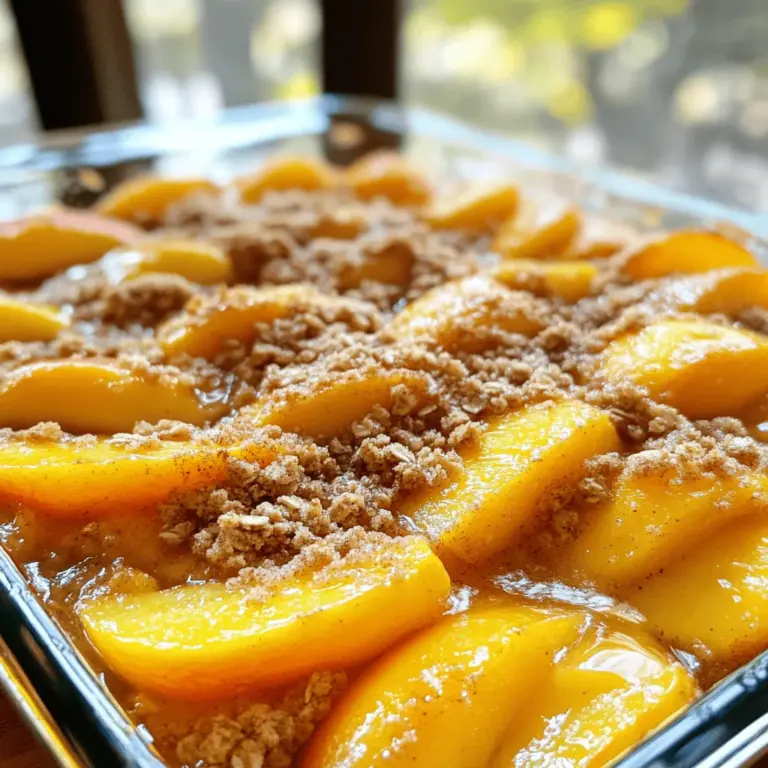 Für einen leckeren Pfirsich Crisp brauchst du einige Hauptzutaten: - 6 reife Pfirsiche, geschält und in Scheiben geschnitten - 1 Esslöffel Zitronensaft - 80 g Kristallzucker - 1 Teelöffel Zimt - 100 g Haferflocken - 65 g Allzweckmehl - 100 g brauner Zucker, gepackt - 1/4 Teelöffel Salz - 115 g ungesalzene Butter, geschmolzen - 1/2 Teelöffel Vanilleextrakt Diese Zutaten bilden die Basis für deinen Pfirsich Crisp. Die Pfirsiche geben den süßen Geschmack, während Zimt und Zucker die Aromen verstärken. Die zusätzlichen Zutaten sind wichtig für die Textur und den Geschmack: - Zitronensaft: Er sorgt dafür, dass die Pfirsiche frisch bleiben und gibt eine leichte Säure. - Haferflocken: Sie machen die Kruste knusprig und lecker. - Allzweckmehl: Es bindet die anderen Zutaten und gibt Stabilität. - Brauner Zucker: Er fügt einen tiefen Karamellgeschmack hinzu. - Butter: Sie sorgt für einen reichen Geschmack und macht die Mischung schön krümelig. - Vanilleextrakt: Er rundet das Aroma ab und macht den Crisp noch besser. Die Auswahl der Pfirsiche ist sehr wichtig. Hier sind einige Tipps: - Reife Pfirsiche: Wähle Pfirsiche, die leicht weich sind und einen süßen Duft haben. - Keine Druckstellen: Vermeide Pfirsiche mit Dellen oder braunen Flecken. - Farbe: Achte auf eine schöne goldene Farbe. Das zeigt, dass sie gut gereift sind. - Saison: Kaufe Pfirsiche in der Saison für den besten Geschmack. In Deutschland sind sie oft im Hochsommer erhältlich. Mit diesen Tipps und Zutaten bereitest du ein köstliches Pfirsich Crisp zu. Du kannst das ganze Rezept [Full Recipe] nachlesen, um nichts zu verpassen! Zuerst waschen Sie die Pfirsiche gründlich. Danach schälen Sie sie und schneiden sie in Scheiben. Verwenden Sie sechs reife Pfirsiche für den besten Geschmack. Geben Sie die geschnittenen Pfirsiche in eine große Schüssel. Fügen Sie einen Esslöffel Zitronensaft hinzu. Dieser Saft hilft, die Farbe zu halten. Streuen Sie nun 80 g Kristallzucker und einen Teelöffel Zimt über die Pfirsiche. Mischen Sie alles vorsichtig, bis die Pfirsiche gleichmäßig bedeckt sind. Diese Mischung kommt dann in eine gefettete Backform. In einer anderen Schüssel vermengen Sie 100 g Haferflocken, 65 g Allzweckmehl, 100 g braunen Zucker und 1/4 Teelöffel Salz. Rühren Sie gut um, bis alles gut vermischt ist. Jetzt gießen Sie 115 g geschmolzene Butter und 1/2 Teelöffel Vanilleextrakt in die Mischung. Rühren Sie erneut, bis die Mischung krümelig ist. Wenn Sie sie zusammendrücken, sollte sie zusammenhalten. Verteile die Hafermischung gleichmäßig über die Pfirsichschicht in der Backform. Heizen Sie Ihren Ofen auf 175°C vor. Stellen Sie die Backform mit dem Crisp in den Ofen. Backen Sie das Ganze für 35 bis 40 Minuten. Die oberste Schicht sollte goldbraun sein. Außerdem sollten die Pfirsiche anfangen zu sprudeln. Nehmen Sie die Form nach dem Backen heraus und lassen Sie sie einige Minuten abkühlen. Servieren Sie den Crisp warm. Er schmeckt besonders gut mit Vanilleeis oder frisch geschlagener Sahne. Besuchen Sie die [Full Recipe], um weitere Details zu sehen. Um die beste Konsistenz zu erreichen, mische die Pfirsiche gut. Sie sollten saftig, aber nicht wässrig sein. Der Zitronensaft hilft, die Süße der Pfirsiche zu betonen. Achte darauf, die Haferflocken-Mischung nicht zu fest zu drücken. Dies sorgt für eine luftige und knusprige Kruste. Um zu verhindern, dass der Crisp matschig wird, verwende frische Pfirsiche. Achte darauf, dass sie reif, aber fest sind. Wenn deine Pfirsiche zu saftig sind, kannst du etwas mehr Haferflocken oder Mehl hinzufügen. Diese Zutaten saugen die überschüssige Flüssigkeit auf. Backe den Crisp auch lange genug, bis die Oberseite goldbraun ist. Für mehr Geschmack kannst du verschiedene Gewürze ausprobieren. Vanilleextrakt gibt eine süße Note. Muskatnuss oder Ingwer bringen ein warmes Aroma. Du kannst auch eine Prise Nelken hinzufügen. Diese Gewürze ergänzen den Pfirsichgeschmack perfekt. Experimentiere mit diesen Optionen, um deinen eigenen Twist zu finden. Für die vollständige Anleitung und die genauen Schritte, schau dir das Full Recipe an. {{image_4}} Um einen glutenfreien Pfirsich Himmel Crisp zu machen, tausche das Allzweckmehl gegen eine glutenfreie Mischung aus. Achte darauf, dass die Mischung gut bindet. Du kannst auch Mandelmehl verwenden, um einen nussigen Geschmack zu erzielen. So bleibt der Crisp lecker und knusprig. Für eine vegane Version, ersetze die Butter durch pflanzliche Margarine oder Kokosöl. Nutze auch einen pflanzlichen Joghurt oder Apfelmus anstelle von Vanilleextrakt, um die Feuchtigkeit zu erhöhen. So bleibt der Crisp saftig und geschmackvoll, ohne tierische Produkte. Du kannst auch andere Früchte in deinem Crisp probieren. Äpfel, Birnen oder Beeren passen gut zu Pfirsichen. Mische verschiedene Früchte, um neue Geschmäcker zu entdecken. Achte darauf, die Zuckermenge je nach Fruchtsüße anzupassen. So bleibt der Crisp ausgewogen und köstlich. Für das vollständige Rezept kannst du die [Full Recipe] ansehen. Um den Pfirsich Crisp frisch zu halten, lassen Sie ihn zuerst abkühlen. Decken Sie ihn dann mit Frischhaltefolie oder legen Sie ihn in einen luftdichten Behälter. So bleibt der Crisp knusprig. Lagern Sie ihn im Kühlschrank. Dadurch bleibt der Geschmack erhalten und er bleibt mehrere Tage gut. Wenn Sie den Crisp aufwärmen, heizen Sie den Ofen auf 175°C vor. Legen Sie den Crisp in eine Backform und decken Sie ihn leicht mit Alufolie ab. Backen Sie ihn 10 bis 15 Minuten lang. So wird der Crisp wieder warm und die Oberseite bleibt knusprig. Alternativ können Sie auch die Mikrowelle nutzen. Erwärmen Sie ihn in kurzen Intervallen, damit er nicht matschig wird. Im Kühlschrank hält der Pfirsich Crisp etwa 3 bis 5 Tage. Wenn Sie ihn länger aufbewahren möchten, können Sie ihn einfrieren. Wickeln Sie ihn gut in Frischhaltefolie und gefrierfesten Beutel. So bleibt er bis zu 3 Monate frisch. Zum Auftauen legen Sie ihn über Nacht in den Kühlschrank oder bringen ihn direkt im Ofen auf Temperatur. Du kannst deinen Pfirsich Himmel Crisp im Kühlschrank für bis zu fünf Tage aufbewahren. Stelle sicher, dass du ihn in einem luftdichten Behälter aufbewahrst. So bleibt er frisch und lecker. Wenn du den Crisp länger aufbewahren willst, friere ihn ein. Im Gefrierschrank hält er bis zu drei Monate. Ja, gefrorene Pfirsiche sind eine tolle Option. Sie sind praktisch und oft sehr süß. Achte darauf, sie vorher aufzutauen und gut abtropfen zu lassen. So wird dein Crisp nicht matschig. Diese Methode spart dir Zeit und du kannst das ganze Jahr über frischen Pfirsichgeschmack genießen. Ja, du kannst den Zucker weglassen oder ersetzen. Verwende stattdessen Honig oder Ahornsirup. Du kannst auch süße, reife Pfirsiche nutzen, um den Zuckergehalt zu reduzieren. Beachte, dass dies den Geschmack leicht verändert, aber der Crisp bleibt trotzdem köstlich. Experimentiere mit deiner Lieblingssüße, um den perfekten Geschmack zu finden. Du findest das vollständige Rezept [hier](#). Pfirsich Himmel Crisp ist einfach und köstlich. Wir haben die besten Zutaten besprochen, die deinen Crisp perfekt machen. Ich habe dir Schritt für Schritt erklärt, wie du ihn zubereitest und welche Tipps dir helfen, die beste Konsistenz zu erreichen. Viele Variationen bieten dir die Freiheit, kreativ zu sein. Denke immer daran, den Crisp richtig zu lagern, damit er frisch bleibt. Vertraue auf diese Tipps, und du wirst begeistert sein von deinem Ergebnis!