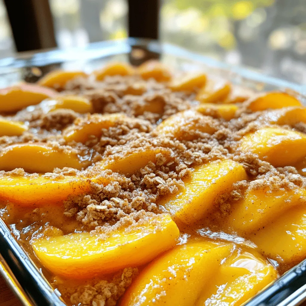 Für einen leckeren Pfirsich Crisp brauchst du einige Hauptzutaten: - 6 reife Pfirsiche, geschält und in Scheiben geschnitten - 1 Esslöffel Zitronensaft - 80 g Kristallzucker - 1 Teelöffel Zimt - 100 g Haferflocken - 65 g Allzweckmehl - 100 g brauner Zucker, gepackt - 1/4 Teelöffel Salz - 115 g ungesalzene Butter, geschmolzen - 1/2 Teelöffel Vanilleextrakt Diese Zutaten bilden die Basis für deinen Pfirsich Crisp. Die Pfirsiche geben den süßen Geschmack, während Zimt und Zucker die Aromen verstärken. Die zusätzlichen Zutaten sind wichtig für die Textur und den Geschmack: - Zitronensaft: Er sorgt dafür, dass die Pfirsiche frisch bleiben und gibt eine leichte Säure. - Haferflocken: Sie machen die Kruste knusprig und lecker. - Allzweckmehl: Es bindet die anderen Zutaten und gibt Stabilität. - Brauner Zucker: Er fügt einen tiefen Karamellgeschmack hinzu. - Butter: Sie sorgt für einen reichen Geschmack und macht die Mischung schön krümelig. - Vanilleextrakt: Er rundet das Aroma ab und macht den Crisp noch besser. Die Auswahl der Pfirsiche ist sehr wichtig. Hier sind einige Tipps: - Reife Pfirsiche: Wähle Pfirsiche, die leicht weich sind und einen süßen Duft haben. - Keine Druckstellen: Vermeide Pfirsiche mit Dellen oder braunen Flecken. - Farbe: Achte auf eine schöne goldene Farbe. Das zeigt, dass sie gut gereift sind. - Saison: Kaufe Pfirsiche in der Saison für den besten Geschmack. In Deutschland sind sie oft im Hochsommer erhältlich. Mit diesen Tipps und Zutaten bereitest du ein köstliches Pfirsich Crisp zu. Du kannst das ganze Rezept [Full Recipe] nachlesen, um nichts zu verpassen! Zuerst waschen Sie die Pfirsiche gründlich. Danach schälen Sie sie und schneiden sie in Scheiben. Verwenden Sie sechs reife Pfirsiche für den besten Geschmack. Geben Sie die geschnittenen Pfirsiche in eine große Schüssel. Fügen Sie einen Esslöffel Zitronensaft hinzu. Dieser Saft hilft, die Farbe zu halten. Streuen Sie nun 80 g Kristallzucker und einen Teelöffel Zimt über die Pfirsiche. Mischen Sie alles vorsichtig, bis die Pfirsiche gleichmäßig bedeckt sind. Diese Mischung kommt dann in eine gefettete Backform. In einer anderen Schüssel vermengen Sie 100 g Haferflocken, 65 g Allzweckmehl, 100 g braunen Zucker und 1/4 Teelöffel Salz. Rühren Sie gut um, bis alles gut vermischt ist. Jetzt gießen Sie 115 g geschmolzene Butter und 1/2 Teelöffel Vanilleextrakt in die Mischung. Rühren Sie erneut, bis die Mischung krümelig ist. Wenn Sie sie zusammendrücken, sollte sie zusammenhalten. Verteile die Hafermischung gleichmäßig über die Pfirsichschicht in der Backform. Heizen Sie Ihren Ofen auf 175°C vor. Stellen Sie die Backform mit dem Crisp in den Ofen. Backen Sie das Ganze für 35 bis 40 Minuten. Die oberste Schicht sollte goldbraun sein. Außerdem sollten die Pfirsiche anfangen zu sprudeln. Nehmen Sie die Form nach dem Backen heraus und lassen Sie sie einige Minuten abkühlen. Servieren Sie den Crisp warm. Er schmeckt besonders gut mit Vanilleeis oder frisch geschlagener Sahne. Besuchen Sie die [Full Recipe], um weitere Details zu sehen. Um die beste Konsistenz zu erreichen, mische die Pfirsiche gut. Sie sollten saftig, aber nicht wässrig sein. Der Zitronensaft hilft, die Süße der Pfirsiche zu betonen. Achte darauf, die Haferflocken-Mischung nicht zu fest zu drücken. Dies sorgt für eine luftige und knusprige Kruste. Um zu verhindern, dass der Crisp matschig wird, verwende frische Pfirsiche. Achte darauf, dass sie reif, aber fest sind. Wenn deine Pfirsiche zu saftig sind, kannst du etwas mehr Haferflocken oder Mehl hinzufügen. Diese Zutaten saugen die überschüssige Flüssigkeit auf. Backe den Crisp auch lange genug, bis die Oberseite goldbraun ist. Für mehr Geschmack kannst du verschiedene Gewürze ausprobieren. Vanilleextrakt gibt eine süße Note. Muskatnuss oder Ingwer bringen ein warmes Aroma. Du kannst auch eine Prise Nelken hinzufügen. Diese Gewürze ergänzen den Pfirsichgeschmack perfekt. Experimentiere mit diesen Optionen, um deinen eigenen Twist zu finden. Für die vollständige Anleitung und die genauen Schritte, schau dir das Full Recipe an. {{image_4}} Um einen glutenfreien Pfirsich Himmel Crisp zu machen, tausche das Allzweckmehl gegen eine glutenfreie Mischung aus. Achte darauf, dass die Mischung gut bindet. Du kannst auch Mandelmehl verwenden, um einen nussigen Geschmack zu erzielen. So bleibt der Crisp lecker und knusprig. Für eine vegane Version, ersetze die Butter durch pflanzliche Margarine oder Kokosöl. Nutze auch einen pflanzlichen Joghurt oder Apfelmus anstelle von Vanilleextrakt, um die Feuchtigkeit zu erhöhen. So bleibt der Crisp saftig und geschmackvoll, ohne tierische Produkte. Du kannst auch andere Früchte in deinem Crisp probieren. Äpfel, Birnen oder Beeren passen gut zu Pfirsichen. Mische verschiedene Früchte, um neue Geschmäcker zu entdecken. Achte darauf, die Zuckermenge je nach Fruchtsüße anzupassen. So bleibt der Crisp ausgewogen und köstlich. Für das vollständige Rezept kannst du die [Full Recipe] ansehen. Um den Pfirsich Crisp frisch zu halten, lassen Sie ihn zuerst abkühlen. Decken Sie ihn dann mit Frischhaltefolie oder legen Sie ihn in einen luftdichten Behälter. So bleibt der Crisp knusprig. Lagern Sie ihn im Kühlschrank. Dadurch bleibt der Geschmack erhalten und er bleibt mehrere Tage gut. Wenn Sie den Crisp aufwärmen, heizen Sie den Ofen auf 175°C vor. Legen Sie den Crisp in eine Backform und decken Sie ihn leicht mit Alufolie ab. Backen Sie ihn 10 bis 15 Minuten lang. So wird der Crisp wieder warm und die Oberseite bleibt knusprig. Alternativ können Sie auch die Mikrowelle nutzen. Erwärmen Sie ihn in kurzen Intervallen, damit er nicht matschig wird. Im Kühlschrank hält der Pfirsich Crisp etwa 3 bis 5 Tage. Wenn Sie ihn länger aufbewahren möchten, können Sie ihn einfrieren. Wickeln Sie ihn gut in Frischhaltefolie und gefrierfesten Beutel. So bleibt er bis zu 3 Monate frisch. Zum Auftauen legen Sie ihn über Nacht in den Kühlschrank oder bringen ihn direkt im Ofen auf Temperatur. Du kannst deinen Pfirsich Himmel Crisp im Kühlschrank für bis zu fünf Tage aufbewahren. Stelle sicher, dass du ihn in einem luftdichten Behälter aufbewahrst. So bleibt er frisch und lecker. Wenn du den Crisp länger aufbewahren willst, friere ihn ein. Im Gefrierschrank hält er bis zu drei Monate. Ja, gefrorene Pfirsiche sind eine tolle Option. Sie sind praktisch und oft sehr süß. Achte darauf, sie vorher aufzutauen und gut abtropfen zu lassen. So wird dein Crisp nicht matschig. Diese Methode spart dir Zeit und du kannst das ganze Jahr über frischen Pfirsichgeschmack genießen. Ja, du kannst den Zucker weglassen oder ersetzen. Verwende stattdessen Honig oder Ahornsirup. Du kannst auch süße, reife Pfirsiche nutzen, um den Zuckergehalt zu reduzieren. Beachte, dass dies den Geschmack leicht verändert, aber der Crisp bleibt trotzdem köstlich. Experimentiere mit deiner Lieblingssüße, um den perfekten Geschmack zu finden. Du findest das vollständige Rezept [hier](#). Pfirsich Himmel Crisp ist einfach und köstlich. Wir haben die besten Zutaten besprochen, die deinen Crisp perfekt machen. Ich habe dir Schritt für Schritt erklärt, wie du ihn zubereitest und welche Tipps dir helfen, die beste Konsistenz zu erreichen. Viele Variationen bieten dir die Freiheit, kreativ zu sein. Denke immer daran, den Crisp richtig zu lagern, damit er frisch bleibt. Vertraue auf diese Tipps, und du wirst begeistert sein von deinem Ergebnis!