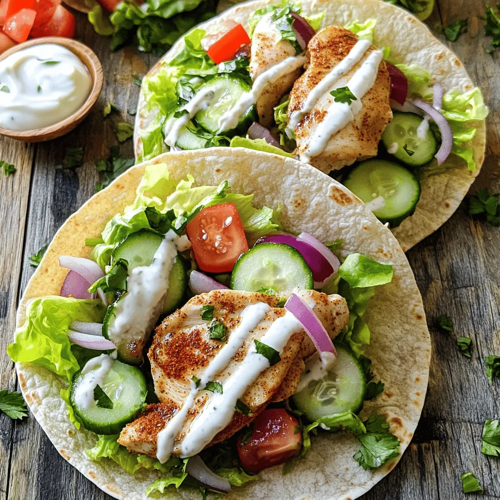 - 500 g entbeinte Hähnchenschenkel - 4 große Vollkorn-Tortillas oder Pita-Brot - 1 Tasse Lettuce - 1 große Tomate - ½ Gurke - 2 Esslöffel Olivenöl - 3 Knoblauchzehen - 1 Esslöffel gemahlener Kreuzkümmel - 1 Esslöffel gemahlener Koriander - 1 Teelöffel gemahlener Kurkuma - ¼ Tasse Naturjoghurt oder Tahini-Sauce - ¼ Tasse frische Petersilie - Salz und Pfeffer nach Geschmack Die Zutaten für die Chicken Shawarma Wraps sind einfach zu finden. Erstens, die Hauptzutaten sind wichtig. Du brauchst saftige Hähnchenschenkel. Sie geben dem Wrap Geschmack und Textur. Die Tortillas oder das Pita-Brot sind die perfekte Hülle. Sie halten alles zusammen. Frisches Gemüse ist auch wichtig für den Crunch. Verwende knackigen Salat, reife Tomaten und frische Gurken. Die Gewürze bringen das Aroma. Olivenöl sorgt für eine gute Marinade. Knoblauch gibt einen tollen Geschmack. Kreuzkümmel und Koriander sind die Hauptgewürze hier. Sie machen das Hähnchen so lecker. Kurkuma gibt eine schöne Farbe und einen milden Geschmack. Für die Toppings kannst du Naturjoghurt oder Tahini-Sauce verwenden. Beide sind cremig und machen den Wrap frisch. Die frische Petersilie bringt Farbe und Aroma. Salz und Pfeffer runden alles ab. Wenn du alle Zutaten hast, bist du bereit für das Rezept. Du kannst das komplette Rezept [Full Recipe] hier finden. Um die Marinade vorzubereiten, gebe ich Olivenöl, gehackten Knoblauch, Kreuzkümmel, Koriander, Kurkuma, Paprika, Cayennepfeffer, Salz und Pfeffer in eine große Schüssel. Ich vermenge alles gründlich. Dann füge ich die dünn geschnittenen Hähnchenschenkel hinzu und mische sie gut mit der Marinade. Ich lasse das Hähnchen für mindestens 30 Minuten im Kühlschrank marinieren. So entfalten sich die Aromen. Man kann es auch über Nacht marinieren, um einen intensiveren Geschmack zu erzielen. Jetzt erhitze ich eine große Pfanne bei mittlerer bis hoher Hitze. Das marinierte Hähnchen kommt in die Pfanne. Ich brate es für etwa 5-7 Minuten, bis es durchgegart ist und eine schöne Bräunung hat. Es ist wichtig, das Hähnchen gelegentlich umzurühren. Nach dem Braten lasse ich das Hähnchen ein paar Minuten ruhen. Dies macht es saftiger und zarter. Ich erwärme die Tortillas in einer trockenen Pfanne für etwa 30 Sekunden auf jeder Seite. So werden sie geschmeidig. Auf jede Tortilla verteile ich eine großzügige Schicht Hummus. Dann belege ich sie mit zerrissenem Salat, gewürfelter Tomate, Gurkenscheiben und roter Zwiebel. Anschließend gebe ich eine Portion des gebratenen Hähnchens auf die Füllung. Zum Schluss träufle ich Joghurt oder Tahini-Sauce darüber und bestreue alles mit frischer Petersilie. Um die Wraps zu rollen, klappe ich die Seiten der Tortilla über die Füllung und rolle sie von unten nach oben fest auf. Dann schneide ich jeden Wrap in zwei Hälften. Diese Wraps sind einfach und lecker – ein echtes Highlight! Für das komplette Rezept siehe [Full Recipe]. Um das Hähnchen wirklich zart und voller Geschmack zu machen, marinieren wir es. Ich empfehle, das Hähnchen mindestens 30 Minuten zu marinieren. Wenn du mehr Zeit hast, lass es über Nacht im Kühlschrank. Frische Kräuter machen einen großen Unterschied. Petersilie oder Koriander geben einen tollen Geschmack. Die Hitzeeinstellungen sind wichtig. Erhitze die Pfanne auf mittlerer bis hoher Temperatur. So brät das Hähnchen gut an, ohne trocken zu werden. Brate das Hähnchen für 5-7 Minuten. Achte darauf, dass es innen saftig bleibt. Lass es nach dem Braten ein paar Minuten ruhen. So verteilt sich der Saft. Zu den Wraps passen viele Beilagen. Ich empfehle einen frischen Salat oder Gemüse-Sticks. Für Dips sind Hummus und Tahini-Sauce ideal. Du kannst auch Joghurt darüber geben. So wird der Wrap noch leckerer. {{image_4}} Für eine vegetarische Version kannst du pflanzliche Proteine nutzen. Kichererbsen sind eine tolle Wahl. Du kannst sie einfach rösten oder pürieren. Hummus bleibt ein großartiger Dip. Alternativ kannst du einen Avocado-Dip verwenden. Das gibt einen tollen Geschmack. Wenn du es scharf magst, füge scharfe Peperoni hinzu. Diese kannst du frisch oder eingelegt verwenden. Auch scharfe Gewürze sind eine gute Idee. Probiere mehr Cayennepfeffer oder Paprika. Das bringt mehr Hitze in deinen Wrap. Du kannst auch mediterrane Zutaten hinzufügen. Feta-Käse und Oliven passen gut. Diese Zutaten geben deinem Wrap einen anderen Flair. Auch asiatische Einflüsse sind möglich. Füge Sojasauce oder Frischkäse hinzu, um einen neuen Geschmack zu kreieren. Um Ihre Chicken Shawarma Wraps frisch zu halten, verpacken Sie sie gut. Nutzen Sie Frischhaltefolie oder einen luftdichten Behälter. Stellen Sie sicher, dass die Wraps nicht direkt mit Luft in Kontakt kommen. So bleiben sie länger lecker. Wenn Sie die Wraps für später aufbewahren wollen, können Sie sie auch einfrieren. Wickeln Sie jeden Wrap in Frischhaltefolie und legen Sie sie in einen Gefrierbeutel. So bleiben sie bis zu drei Monate frisch. Wie lange sind die Wraps haltbar? Frisch zubereitete Chicken Shawarma Wraps sind im Kühlschrank etwa drei bis vier Tage haltbar. Achten Sie darauf, sie gut verpackt zu lagern. Bei Anzeichen von Verderb sollten Sie die Wraps nicht mehr essen. Dazu gehören unangenehmer Geruch, Farbveränderungen oder eine matschige Textur. Wenn Sie diese Hinweise beachten, genießen Sie Ihre Wraps in bester Qualität. Mariniere das Hähnchen mindestens 30 Minuten. So nimmt es den besten Geschmack auf. Wenn du Zeit hast, lass es über Nacht im Kühlschrank. Die Aromen verbinden sich dann noch besser. Die Marinade enthält viele Gewürze, die das Hähnchen zart und würzig machen. Ja, du kannst Tortillas ersetzen. Pita-Brot ist eine gute Wahl. Du kannst auch Fladenbrot oder sogar Salatblätter nutzen. So machst du eine glutenfreie Version. Das bringt einen frischen Geschmack in dein Gericht. Probiere verschiedene Alternativen für neue Erlebnisse. Zu Shawarma Wraps passen viele Beilagen. Ein frischer Salat ist ideal. Auch gebratenes Gemüse oder Reis sind super Ergänzungen. Du kannst auch eine leckere Joghurtsauce als Dip anbieten. Für einen besonderen Touch, versuche Fritten oder Süßkartoffeln. Ja, das Rezept kann glutenfrei sein. Verwende einfach glutenfreie Tortillas oder Pita-Brot. Auch das Hähnchen und die Gewürze sind glutenfrei. Achte darauf, dass die Zutaten keine versteckten Glutenquellen enthalten. So kannst du dein Gericht ohne Sorgen genießen. Zusammenfassend haben wir heute ein köstliches Rezept für Hähnchen Shawarma Wraps erkundet. Die Auswahl frischer Zutaten, wie Hähnchen, Gemüse und aromatische Gewürze, sorgt für tollen Geschmack. Marinieren und richtig braten sind entscheidend für ein saftiges Ergebnis. Es gibt auch Variationen für jeden Geschmack. Ob vegetatisch oder würzig, die Möglichkeiten sind groß. Vergessen Sie nicht, wie wichtig die Aufbewahrung ist. Bewahren Sie Ihre Wraps richtig auf, um ihre Frische zu erhalten. Jetzt sind Sie bereit, diese leckeren Wraps selbst auszuprobieren!
