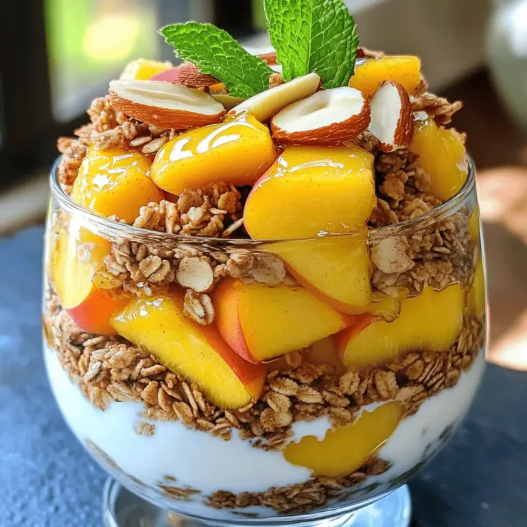 Für ein leckeres Pfirsich-Granola-Parfait brauchst du einige einfache Zutaten: - 2 reife Pfirsiche, gewürfelt - 1 Tasse griechischer Joghurt (Vanille oder Natur) - 1 Tasse Granola (nach Wahl, vorzugsweise mit Nüssen und Samen) - 2 Esslöffel Honig oder Ahornsirup - 1/2 Teelöffel Zimt - 1/4 Tasse Mandelscheiben (optional) - Frische Minzblätter zur Garnitur Diese Zutaten sind frisch und nahrhaft. Sie bieten eine tolle Mischung aus Aromen und Texturen. Du kannst die Zutaten nach deinem Geschmack anpassen. Statt Pfirsichen kannst du auch andere Früchte verwenden, wie Beeren oder Bananen. Für den Joghurt sind auch pflanzliche Alternativen möglich. Wenn du kein Granola hast, nutze Müsli oder Haferflocken. Probiere auch verschiedene Süßungsmittel aus, wie Stevia oder Kokosblütenzucker. Wähle reife Pfirsiche, die fest aber leicht druckempfindlich sind. Achte auf die Farbe; ein schöner, goldgelber Farbton zeigt, dass sie süß sind. Vermeide Pfirsiche mit dunklen Flecken oder Druckstellen. Wenn du die Pfirsiche leicht drücken kannst und sie angenehm duften, sind sie perfekt für dein Parfait. Um ein köstliches Pfirsich-Granola-Parfait zu machen, beginne mit frischen Pfirsichen. Du benötigst zwei reife Pfirsiche, die du würfelst. Gib die Pfirsiche in eine Schüssel. Füge zwei Esslöffel Honig oder Ahornsirup und einen halben Teelöffel Zimt hinzu. Mische alles gut, damit die Pfirsiche den Geschmack aufnehmen. Lass die Mischung zehn Minuten ruhen, damit sich die Aromen entfalten. Nehme jetzt ein Glas oder eine Schüssel. Beginne mit einer großzügigen Schicht griechischen Joghurts am Boden. Verwende eine Tasse Joghurt, egal ob Vanille oder Natur. Danach füge eine Schicht der Pfirsiche auf den Joghurt hinzu. Streue eine Tasse Granola über die Pfirsiche. Wiederhole diese Schichten, bis dein Glas voll ist. Beende mit einer Schicht Granola obenauf. Beim Schichten ist die Reihenfolge wichtig. Beginne immer mit Joghurt, dann die Pfirsiche und schließlich Granola. So bleibt alles schön frisch. Achte darauf, dass die Schichten gleichmäßig sind. So sieht dein Parfait toll aus. Optional kannst du Mandelscheiben darüber streuen, um den Crunch zu erhöhen. Und vergiss nicht die frischen Minzblätter als Garnitur. Sie verleihen dem Parfait einen frischen Kick. Das Beste an diesem Rezept? Es dauert nur zehn Minuten! Plane deine Zeit gut. Während die Pfirsiche mit Honig und Zimt ziehen, kannst du die anderen Zutaten bereitstellen. So sparst du Zeit. Wenn du alles vorbereitet hast, geht es schnell. In weniger als einer Viertelstunde hast du ein gesundes und leckeres Frühstück oder einen Snack. Perfekt für hektische Morgen oder entspannte Nachmittage. Für die vollständige Anleitung schaue dir das [Full Recipe] an. Um das perfekte Pfirsich-Granola-Parfait zu machen, schichten Sie die Zutaten klug. Beginnen Sie mit Joghurt. Fügen Sie dann die Pfirsiche hinzu. Streuen Sie das Granola gleichmäßig obenauf. Wiederholen Sie diesen Vorgang, bis Ihr Glas voll ist. So sieht es toll aus und bleibt frisch. Achten Sie darauf, die Schichten nicht zu fest zu drücken. Das Parfait sieht so attraktiver aus und schmeckt besser. Halten Sie alle Zutaten bereit, bevor Sie anfangen. Das macht den Prozess schneller und einfacher. Verwenden Sie frische Pfirsiche für den besten Geschmack. Sie können auch gefrorene Pfirsiche nutzen, wenn frische nicht verfügbar sind. Achten Sie darauf, dass der Joghurt nicht zu fest ist. Ein cremiger Joghurt macht Ihr Parfait köstlicher. Ein kleiner Schuss Zitronensaft kann die Frische der Pfirsiche betonen. Ein häufiger Fehler ist, zu viel Granola zu verwenden. Es kann matschig werden, wenn es zu lange im Joghurt sitzt. Ein anderer Fehler ist, die Schichten nicht klar zu machen. Wenn die Schichten vermischt sind, sieht das Parfait weniger ansprechend aus. Stellen Sie sicher, dass Sie die Pfirsiche gleichmäßig schneiden. Ungleichmäßige Stücke können die Textur stören. Sehen Sie sich auch die Portionen an. Zu große Portionen können schnell sättigen und das Parfait schwer machen. {{image_4}} Du kannst viele gesunde Varianten des Pfirsich-Granola-Parfaits ausprobieren. Nutze zum Beispiel griechischen Joghurt mit niedrigem Fettgehalt. Das gibt dir die gleiche Cremigkeit, ohne zu viele Kalorien. Du kannst auch verschiedene Früchte verwenden. Heidelbeeren oder Himbeeren passen gut zu Pfirsichen. Sie sind reich an Antioxidantien. Wenn du die Süße reduzieren möchtest, nutze weniger Honig oder ganz ohne. Sei kreativ mit deinem Parfait! Probiere Joghurt mit Kokosgeschmack für einen tropischen Twist. Du kannst auch Gewürze hinzufügen. Eine Prise Muskatnuss kann den Geschmack stark verändern. Wenn du Nüsse magst, füge Walnüsse oder Pekannüsse hinzu. Sie geben deinem Parfait einen knackigen Biss. Du kannst auch Samen wie Chia oder Leinsamen für mehr Nährstoffe einstreuen. Nutze saisonale Früchte für mehr Geschmack! Im Sommer sind Erdbeeren großartig. Im Herbst kannst du Äpfel oder Birnen verwenden. Diese Früchte bringen frische Aromen in dein Parfait. Im Winter sind Zitrusfrüchte wie Orangen eine gute Wahl. Sie geben einen schönen Farbkontrast und einen spritzigen Geschmack. So bleibt dein Pfirsich-Granola-Parfait interessant und lecker das ganze Jahr über. Wenn du deinen Pfirsich-Granola-Parfait aufbewahren möchtest, ist das einfach. Stelle sicher, dass du ihn in einem luftdichten Behälter lagerst. Dies schützt das Parfait vor Luft und Feuchtigkeit. Lagere es im Kühlschrank, wo es frisch bleibt. Es hält sich gut für bis zu zwei Tage. Um die Zutaten frisch zu halten, lagere die Granola separat. Granola wird weich, wenn es mit Feuchtigkeit in Kontakt kommt. Bewahre die Pfirsiche in einem anderen Behälter auf, um ihre Textur zu erhalten. Joghurt kann im Kühlschrank bleiben, bis du bereit bist, zu servieren. So bleibt alles knackig und lecker. Die Haltbarkeit deines Pfirsich-Granola-Parfaits beträgt etwa zwei Tage im Kühlschrank. Wenn du Reste hast, kannst du sie kreativ nutzen. Füge sie zu einem Smoothie hinzu oder genieße sie als Topping für Haferflocken. Achte darauf, alles gut zu überprüfen, bevor du es verwendest. So vermeidest du, dass dir etwas verdirbt. Das Rezept für das Pfirsich-Granola-Parfait ergibt zwei Portionen. Dies ist perfekt für ein schnelles Frühstück oder eine leichte Snack-Idee. Sie können die Menge einfach verdoppeln, wenn Sie mehr Personen bedienen wollen. Ja, Sie können dieses Rezept leicht anpassen. Möchten Sie mehr Früchte? Fügen Sie Beeren oder Bananen hinzu. Haben Sie eine Nussallergie? Lassen Sie die Mandeln weg. Sie können auch den Joghurttyp ändern. Probieren Sie Kokos- oder Sojajoghurt für eine neue Note. Pfirsiche sind reich an Vitaminen und Ballaststoffen. Sie fördern die Verdauung und helfen bei der Hautgesundheit. Granola liefert wertvolle Nährstoffe durch Hafer und Nüsse. Es gibt Energie und hält lange satt. Dieses Parfait ist somit eine gesunde Wahl für jeden Tag. Das Pfirsich-Granola-Parfait ist einfach und lecker. Wir haben die besten Zutaten und Tipps besprochen. Du weißt nun, wie du schnell schichtest und deine Parfaits perfekt machst. Es gibt viele Möglichkeiten, sie anzupassen und frisch zu halten. Denke daran, verschiedene Früchte auszuprobieren und kreative Varianten zu erstellen. Mit diesen Tipps und Tricks wird dein Parfait immer ein Hit. Genieße die Zubereitung und teile deine Lieblingsversion mit anderen!