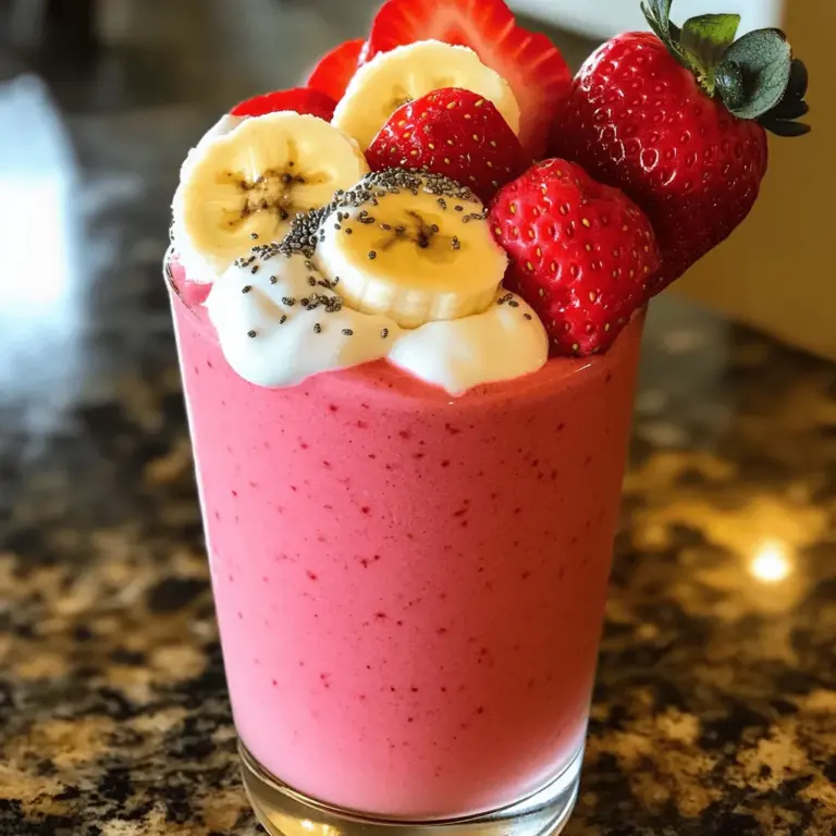 Um einen leckeren Erdbeer-Banane Smoothie zuzubereiten, brauchst du frische und nahrhafte Zutaten. Hier sind die Hauptzutaten, die du benötigst: - 1 Tasse frische Erdbeeren, entkelcht und gehackt - 1 reife Banane, in Scheiben geschnitten - 1/2 Tasse griechischer Joghurt (natur oder Vanille) - 1/2 Tasse Mandelmilch (oder jede Milch nach Wahl) Diese Zutaten bringen viel Geschmack und Nährstoffe. Die Erdbeeren sind süß und saftig, die Banane macht den Smoothie cremig. Griechischer Joghurt fügt Proteine hinzu, während Mandelmilch eine tolle, milde Basis bietet. Wenn du deinen Smoothie noch interessanter machen möchtest, kannst du einige optionale Zutaten hinzufügen: - 1 Esslöffel Honig oder Ahornsirup (optional, je nach gewünschter Süße) - 1 Esslöffel Chiasamen (für zusätzliche Nährstoffe) - Eine Prise Zimt (zur Geschmacksverbesserung) - Eiswürfel (optional, für einen kühlen Smoothie) Mit diesen Zutaten kannst du deinen Smoothie ganz nach deinem Geschmack anpassen. Ein Hauch von Honig oder Ahornsirup verleiht Süße, während Chiasamen für einen gesunden Kick sorgen. Zimt gibt dem ganzen einen warmen, würzigen Charakter, und Eiswürfel sorgen für die perfekte Erfrischung. Wenn du mehr über die Zubereitung erfahren möchtest, schaue dir das Full Recipe an. Zuerst bereiten wir die Früchte vor. Nimm eine Tasse frische Erdbeeren. Entkelche sie und hacke sie in kleine Stücke. Das macht sie leicht zu mixen. Jetzt nimm eine reife Banane. Schneide sie in Scheiben. Diese Schritte sind schnell und einfach. Jetzt kommt der spannende Teil. Gib die gehackten Erdbeeren und die Bananenscheiben in den Mixer. Füge auch 1/2 Tasse griechischen Joghurt hinzu. Gieße 1/2 Tasse Mandelmilch dazu. Wenn du es süßer magst, füge 1 Esslöffel Honig oder Ahornsirup hinzu. Streue 1 Esslöffel Chiasamen für mehr Nährstoffe hinein. Eine Prise Zimt macht es lecker. Wenn du den Smoothie kühl magst, füge ein paar Eiswürfel hinzu. Stelle den Mixer richtig ein und starte ihn. Mixe alles auf hoher Stufe, bis die Mischung glatt ist. Jetzt teste den Smoothie. Schmecke, ob er süß genug ist. Wenn nicht, füge mehr Honig oder Sirup hinzu. Gieße den Smoothie in hohe Gläser. Du kannst ihn auch mit ganzen Erdbeeren und Bananenscheiben garnieren. So sieht es schön aus. Jetzt kannst du deinen Erdbeer-Banane Smoothie genießen! Um einen leckeren Erdbeer-Banane Smoothie zu machen, wähle reife Früchte. Reife Erdbeeren haben viel Geschmack. Sie sollten rot und saftig sein. Bananen sollten ebenfalls gut gereift sein. Eine gelbe Banane hat die beste Süße. Für den Joghurt wähle einen hochwertigen griechischen Joghurt. Er ist dick und cremig. Das macht deinen Smoothie besonders lecker. Naturjoghurt hat einen milden Geschmack. Vanillejoghurt kann eine süßere Note hinzufügen. Beim Mixen ist die richtige Technik wichtig. Stelle deinen Mixer auf hohe Geschwindigkeit ein. So wird der Smoothie schön cremig. Während des Mixens musst du die Seiten des Mixers abkratzen. Das hilft, alle Zutaten gleichmäßig zu vermischen. Wenn du das Gefühl hast, dass es noch klumpig ist, mixe einfach weiter. Der perfekte Smoothie hat eine glatte Konsistenz. Die Süße kann nach deinem Geschmack angepasst werden. Wenn du es süßer magst, füge mehr Honig oder Sirup hinzu. Fang mit einem Esslöffel an und probiere dann. Für eine kühlere Textur kannst du Eiswürfel hinzufügen. Sie geben deinem Smoothie eine erfrischende Note. Dies ist besonders an heißen Tagen nützlich. Mit diesen Tipps und Tricks machst du einen tollen Erdbeer-Banane Smoothie. Du kannst die vollständige Zubereitung im [Full Recipe] finden. {{image_4}} Erdbeer-Banane Smoothies sind sehr vielseitig. Du kannst sie auf viele Arten anpassen. Hier sind einige großartige Ideen: Möchtest du etwas Gesundes hinzufügen? Spinat oder Grünkohl sind perfekt dafür. Sie geben deinem Smoothie eine grüne Farbe. Du schmeckst die grünen Blätter kaum. So bekommst du mehr Vitamine. Ein kleiner Handvoll reicht aus. Mixe einfach alles zusammen, und du hast einen leckeren grünen Smoothie. Wenn du mehr Protein brauchst, füge etwas Proteinpulver hinzu. Auch Nüsse sind eine gute Wahl. Mandeln oder Walnüsse passen gut in den Smoothie. Sie machen ihn cremiger und sättigender. Das ist besonders gut nach dem Sport. Du kannst die Nüsse vorher klein hacken, damit sie besser mixen. Hast du eine Milchalternative? Kokosmilch gibt dem Smoothie einen tollen Geschmack. Sie macht ihn auch cremiger. Hafermilch ist eine weitere gute Option. Sie hat einen milden Geschmack und ist oft süßlich. Probiere verschiedene Milchsorten aus, um deinen perfekten Smoothie zu finden. Mit diesen Variationen kannst du immer wieder neue Geschmäcker entdecken. Nutze die Full Recipe für die Grundversion und experimentiere dann mit diesen Ideen. Der Erdbeer-Banane Smoothie schmeckt am besten gleich nach der Zubereitung. Wenn du ihn frisch trinkst, sind die Aromen lebendig und voller Geschmack. Der Mix aus Erdbeeren und Banane ist einfach köstlich. Ich empfehle, ihn sofort zu genießen, um die frische Note zu erleben. Wenn du den Smoothie nicht gleich trinken kannst, bewahre ihn im Kühlschrank auf. Gieße ihn in ein luftdichtes Gefäß, um die Frische zu erhalten. So bleibt er 1-2 Tage genießbar. Schüttel oder rühre den Smoothie vor dem Trinken gut durch. Das sorgt dafür, dass sich die Zutaten wieder vermischen. Du kannst den Erdbeer-Banane Smoothie auch einfrieren. Gieße die Mischung in Eiswürfelformen oder einen gefrierfesten Behälter. Achte darauf, etwas Platz zu lassen, da die Flüssigkeit sich ausdehnt. Um ihn später zu genießen, lasse den Smoothie über Nacht im Kühlschrank auftauen oder mixe die gefrorenen Würfel direkt mit etwas Milch. So hast du immer einen kühlen Snack bereit! Ein Erdbeer-Banane Smoothie hält idealerweise 1-2 Tage im Kühlschrank. Nach dieser Zeit kann der Geschmack und die Konsistenz abnehmen. Der Smoothie kann sich trennen, aber ein schnelles Rühren hilft. Um den besten Geschmack zu erleben, genieße ihn frisch. Ja, gefrorene Früchte sind eine tolle Option. Sie geben dem Smoothie eine kühle, cremige Textur. Du kannst gefrorene Erdbeeren und Bananen verwenden. Achte darauf, die Früchte vor dem Mixen nicht zu tauen. So bleibt der Smoothie erfrischend und dick. Ein Erdbeer-Banane Smoothie hat etwa 200-300 Kalorien pro Portion. Die genauen Kalorien hängen von deinen Zutaten ab. Zum Beispiel enthält griechischer Joghurt viele Proteine, die gesund sind. Wenn du Honig oder Sirup hinzufügst, steigt die Kalorienzahl. Mit dem richtigen Mix kannst du einen nahrhaften Smoothie genießen. Für das genaue Rezept siehe die Full Recipe. Der Erdbeer-Banane Smoothie ist einfach zu machen und lecker. Wir haben frische Erdbeeren, reife Bananen, griechischen Joghurt und Mandelmilch genutzt. Du kannst optionale Zutaten wie Honig oder Chiasamen hinzufügen. Denke daran, die besten Zutaten auszuwählen und die richtige Technik beim Mixen zu verwenden, um die perfekte Konsistenz zu erreichen. Dieser Smoothie ist frisch am besten, aber du kannst ihn auch ein paar Tage im Kühlschrank aufbewahren. Experimentiere mit Variationen, um neue Geschmäcker zu entdecken. Genieß deinen Smoothie!
