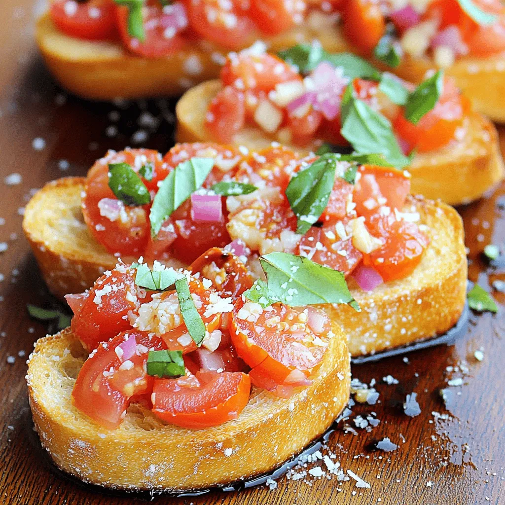 - 4 reife Tomaten, gewürfelt - 1 Tasse frische Basilikumblätter, gehackt - 2 Knoblauchzehen, fein gehackt - 1/4 Tasse rote Zwiebel, fein gewürfelt - 1 Esslöffel Balsamico-Essig - 1 Esslöffel Olivenöl - Salz und Pfeffer nach Geschmack - 1 Baguette, in Scheiben geschnitten - 1/4 Tasse frisch geriebener Parmesan (optional) Die Zutaten für die Bruschetta sind einfach, frisch und lecker. Ich liebe es, mit reifen Tomaten zu arbeiten. Sie bringen viel Geschmack. Basilikum ist ein weiteres Muss. Es gibt der Bruschetta einen aromatischen Kick. Die Knoblauchzehen fügen eine angenehme Schärfe hinzu. Rote Zwiebeln sind süß und knackig. Ich verwende oft Balsamico-Essig. Er macht die Mischung würziger. Ein gutes Olivenöl ist wichtig für den Geschmack. Salz und Pfeffer runden alles ab. Das Baguette ist der perfekte Träger für die Mischung. Ich schneide es in dicke Scheiben. Das bringt mehr Textur. Parmesan ist optional, aber sehr empfehlenswert. Er gibt einen tollen, salzigen Geschmack. Für das vollständige Rezept schauen Sie sich die Full Recipe an. Zuerst wähle vier reife Tomaten aus. Schneide sie in kleine Würfel. Nimm eine Tasse frische Basilikumblätter und hacke sie grob. Die frischen Aromen sind entscheidend. Jetzt schneide zwei Knoblauchzehen und eine rote Zwiebel fein. Diese Zutaten bringen Geschmack in die Bruschetta. Gib alle vorbereiteten Zutaten in eine mittelgroße Schüssel. Füge einen Esslöffel Balsamico-Essig und einen Esslöffel Olivenöl hinzu. Streue etwas Salz und Pfeffer hinein. Mische alles gut. Lass die Mischung dann für etwa zehn Minuten marinieren. So verbinden sich die Aromen richtig. Heize deinen Ofen auf 200°C vor. Schneide ein Baguette in Scheiben. Lege die Scheiben auf ein Backblech. Beträufle jede Scheibe leicht mit Olivenöl. Röste die Baguettescheiben im Ofen für etwa fünf bis sieben Minuten. Sie sollten goldbraun und knusprig sein. Nimm das Brot aus dem Ofen und lass es kurz abkühlen. Belege jede Scheibe mit der Tomaten- und Basilikum-Mischung. Wenn du magst, streue frisch geriebenen Parmesan darüber. Jetzt ist deine Bruschetta fertig und bereit zum Genießen! Um den besten Geschmack zu erzielen, wähle frische Zutaten. Frische Tomaten bringen mehr Aroma und Saftigkeit. Basilikum sollte hellgrün und duftend sein. Achte darauf, dass die Blätter knackig sind. So erhält deine Bruschetta einen lebendigen Geschmack. Wenn du keinen Balsamico-Essig hast, kannst du auch Zitronensaft verwenden. Er bringt eine frische Note. Alternativ probiere Rotweinessig. Dieser Essig hat eine tiefere, komplexe Geschmacksnote. Experimentiere mit verschiedenen Essigen, um deinen Favoriten zu finden. Für besondere Anlässe präsentiere die Bruschetta auf einem schönen Servierteller. Lege die Stücke in einer ansprechenden Form an. Garniere sie mit frischen Basilikumblättern für einen einladenden Look. Du kannst auch einige dünne Scheiben von frischem Mozzarella hinzufügen. Bruschetta passt gut zu vielen Gerichten. Serviere sie als Vorspeise zu einer Pasta. Sie harmoniert auch toll mit gegrilltem Fisch oder Hühnchen. So wird dein Menü vielfältig und lecker. Für ein komplettes Erlebnis, genieße sie mit einem Glas Weißwein. Für das vollständige Rezept, schau dir die [Full Recipe] an. {{image_4}} Bruschetta ist vielseitig. Sie können Avocado hinzufügen. Das macht sie cremig und lecker. Eine andere Option ist Mozzarella. Dies bringt einen milden, herzlichen Geschmack. Auch andere Kräuter sind toll. Probieren Sie Petersilie oder Thymian. Diese Kräuter geben Ihrer Bruschetta einen neuen Geschmack. Im Sommer liebe ich es, Gemüse zu grillen. Zucchini und Paprika sind perfekt. Sie geben der Bruschetta einen rauchigen Geschmack. Im Herbst können Sie Kürbis verwenden. Rösten Sie ihn vorher für extra Süße. Jede Saison bringt neue Farben und Geschmäcker. So bleibt Ihre Bruschetta frisch und spannend. Für das vollständige Rezept schauen Sie bitte [Full Recipe]. Frisch zubereitete Bruschetta kann am besten genossen werden. Wenn Sie Reste haben, lagern Sie die Mischung getrennt vom Brot. So bleibt das Brot knusprig. Verwenden Sie einen luftdichten Behälter für die Tomatenmischung. Sie sollten die Bruschetta innerhalb von zwei Tagen essen. Um die Aromen aufzufrischen, fügen Sie etwas Olivenöl hinzu. Dies bringt den Geschmack zurück. Lagern Sie Tomaten an einem kühlen, trockenen Ort. Vermeiden Sie den Kühlschrank, da dies ihren Geschmack beeinträchtigt. Basilikum sollte in Wasser stehen oder in einem feuchten Tuch gewickelt werden. So bleibt er frisch und grün. Baguette bleibt am besten in einer Papiertüte. Achten Sie darauf, es nicht in Plastik zu lagern, da es weich wird. Wenn Sie Baguette länger aufbewahren möchten, können Sie es einfrieren. Achten Sie darauf, das Brot in Scheiben zu schneiden. So können Sie es leicht auftauen und rösten. Bruschetta bleibt für ein bis zwei Tage frisch. Lagern Sie sie im Kühlschrank. Decken Sie die Mischung gut ab. Das Brot wird schnell weich, wenn es zu lange liegt. Ich empfehle, die Mischung und das Brot getrennt zu lagern. So bleibt alles frisch. Wenn Sie Reste haben, essen Sie sie bald. Ja, Sie können Bruschetta im Voraus machen. Bereiten Sie die Tomatenmischung einige Stunden vorher zu. Lagern Sie sie jedoch im Kühlschrank. Rösten Sie das Brot erst kurz vor dem Servieren. So bleibt es knusprig und lecker. Zu Bruschetta passen viele Beilagen gut. Ein leichter Salat ist immer eine gute Wahl. Ein spritziger Weißwein ergänzt das Gericht perfekt. Servieren Sie auch Oliven oder Antipasti. Diese Snacks passen gut zu Bruschetta und sorgen für Vielfalt. - Weitere häufig gestellte Fragen zu dieser klassischen Vorspeise sind willkommen. Bruschetta ist einfach und lecker. Wir haben die besten Zutaten, die Zubereitung und Tipps besprochen. Frische Tomaten und Basilikum sind wichtig für den Geschmack. Verwende verschiedene Kräuter oder Gemüse, um neue Variationen zu schaffen. Lagere deine Zutaten richtig, damit sie frisch bleiben. Denk daran, Bruschetta ist eine tolle Vorspeise für jedes Ereignis. Sei kreativ und probiere verschiedene Kombinationen aus. Jetzt bist du bereit, deine eigene Bruschetta zu machen!