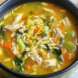 - 450 g Hähnchenoberschenkel, entbeint und gewürfelt - 1,5 Liter Hühnerbrühe - 1 mittelgroße Zwiebel, fein gehackt - 2 Knoblauchzehen, fein gehackt - 2 mittelgroße Karotten, gewürfelt - 2 Stangen Sellerie, gewürfelt - 125 g Orzo-Nudeln Die Hauptzutaten sind wichtig für den Geschmack. Die Hähnchenoberschenkel bringen viel Saftigkeit in die Suppe. Hühnerbrühe gibt der Suppe Tiefe. Zwiebel, Karotten und Sellerie bilden die aromatische Basis. Diese Mischung nennt man auch Mirepoix. Sie ist wichtig in vielen Suppen. Die Orzo-Nudeln machen die Suppe sättigend und geben eine schöne Textur. - Salz und Pfeffer - Saft von 2 großen Zitronen - Abrieb von 1 Zitrone - 60 g frischer Dill, gehackt Gewürze sind der Schlüssel zu gutem Essen. Salz und Pfeffer bringen die Aromen hervor. Zitronensaft und -abrieb geben der Suppe eine frische Note. Der frisch gehackte Dill sorgt für einen tollen Geschmack. Diese Zutaten machen die Suppe besonders und einzigartig. - 120 g Baby-Spinat (optional, zur Garnierung) - 60 g Feta-Käse, zerbröselt (optional, zur Garnierung) Zusätzliche Optionen bringen Abwechslung. Baby-Spinat ist gesund und sieht schön aus. Er gibt auch einen schönen Farbkontrast. Feta-Käse bringt eine cremige Textur und salzige Note. Beide Optionen können das Rezept aufpeppen. Wenn Sie mehr Geschmack wollen, probieren Sie sie aus! Für das gesamte Rezept schauen Sie bitte bei [Full Recipe]. Beginne mit dem Erhitzen von Olivenöl in einem großen Topf. Füge die gehackte Zwiebel, die gewürfelten Karotten und den Sellerie hinzu. Brate das Gemüse für etwa 5 bis 7 Minuten an. Es sollte weich werden und gut duften. Jetzt kommt der gehackte Knoblauch. Füge ihn hinzu und brate ihn eine weitere Minute. Dies gibt der Suppe einen tollen Geschmack. Nimm die gewürfelten Hähnchenoberschenkel und gib sie in den Topf. Würze das Hähnchen mit Salz und Pfeffer. Brate das Hähnchen etwa 5 bis 6 Minuten an, bis es von allen Seiten schön gebräunt ist. So wird es zart und lecker. Gieße die Hühnerbrühe in den Topf. Lass die Mischung aufkochen. Wenn sie kocht, reduziere die Hitze und lass die Suppe etwa 10 Minuten köcheln. Das Hähnchen sollte jetzt gut durchgegart sein. Rühre die Orzo-Nudeln ein. Lass die Suppe weitere 8 bis 10 Minuten köcheln, bis die Nudeln al dente sind. Diese Schritte machen die Suppe herzhaft und sättigend. Für das vollständige Rezept schaue dir die [Full Recipe] an. Um den Geschmack deiner Griechischen Zitronenhühnchensuppe zu verbessern, verwende frisch gepressten Zitronensaft. Dieser gibt der Suppe einen lebendigen und frischen Geschmack. Achte darauf, den Saft am Ende der Kochzeit hinzuzufügen. So bleibt das Zitronenaroma stark und frisch. Für die richtige Würzung kannst du Salz und Pfeffer nach Geschmack hinzufügen. Probiere auch frische Kräuter wie Dill. Dill passt perfekt zu Huhn und Zitronen. Du kannst auch eine Prise Paprika für einen zusätzlichen Kick verwenden. Wenn du die Suppe glutenfrei machen möchtest, ersetze die Orzo-Nudeln durch Reis oder glutenfreie Pasta. Diese Optionen sind leicht zu finden und schmecken gut in der Suppe. Eine vegetarische Version ist ebenfalls möglich. Verwende einfach Gemüsebrühe anstelle von Hühnerbrühe und lasse das Huhn weg. Du kannst auch Kichererbsen hinzufügen, um zusätzliche Proteine zu bekommen. So bleibt die Suppe nahrhaft und lecker. Um Zeit zu sparen, kannst du deine Zutaten im Voraus vorbereiten. Schneide das Gemüse und lagere es in einem luftdichten Behälter. So sind sie beim Kochen schnell griffbereit. Ein weiterer Tipp zur Zeitersparnis ist die Nutzung von vorgekochtem Huhn. Du kannst auch Reste von Hähnchen verwenden. Das macht die Suppe noch schneller zubereitet. So hast du in kürzester Zeit eine köstliche Mahlzeit. Für die vollständige Anleitung, sieh dir das [Full Recipe] an. {{image_4}} Du kannst die Griechische Zitronenhühnchensuppe mit mehr Gemüse anpassen. Erbsen und Brokkoli sind tolle Optionen. Sie bringen Farbe und zusätzliche Nährstoffe. Erbsen fügen eine süße Note hinzu. Brokkoli sorgt für eine knusprige Textur. Schneide das Gemüse klein, damit es gleichmäßig gart. So bleibt die Suppe leicht und frisch. Für eine neue Geschmackserfahrung kannst du verschiedene Proteinquellen verwenden. Putenbrust ist eine leckere Alternative zu Hähnchen. Sie ist mager und hat einen feinen Geschmack. Kichererbsen sind eine großartige vegetarische Option. Sie sind proteinreich und machen die Suppe herzhaft. Wenn du die Suppe vegan gestalten möchtest, lass das Hähnchen weg. Füge stattdessen mehr Gemüse und Kichererbsen hinzu. Die Krönung deiner Suppe sind die Kräuter. Frischer Dill ist klassisch, aber du kannst auch andere Kräuter verwenden. Petersilie bringt einen frischen Geschmack und passt gut zur Zitrone. Thymian hat ein erdiges Aroma und gibt der Suppe Tiefe. Experimentiere mit den Kräutern, um deinen eigenen Stil zu finden. So wird jede Schüssel zu einem neuen Erlebnis. Bewahre die Griechische Zitronenhühnchensuppe im Kühlschrank auf. Ideal ist ein Zeitraum von 3 bis 4 Tagen. Nutze luftdichte Behälter, um die Frische zu sichern. So bleibt der Geschmack und die Konsistenz der Suppe erhalten. Stelle sicher, dass die Suppe vollständig abgekühlt ist, bevor du sie in den Behälter gibst. Das hilft, das Wachstum von Bakterien zu vermeiden. Möchtest du die Suppe länger aufbewahren? Dann friere sie ein. Fülle sie in gefrierfeste Behälter oder -beutel. Lass dabei etwas Platz, da die Suppe beim Gefrieren expandiert. Um die Suppe aufzutauen, lege sie über Nacht in den Kühlschrank. Alternativ kannst du sie direkt in einem Topf bei niedriger Hitze aufwärmen. Rühre gelegentlich um, damit sie gleichmäßig warm wird. Im Kühlschrank bleibt die Suppe 3 bis 4 Tage frisch. Im Gefrierfach kann sie bis zu 3 Monate halten. Achte darauf, die Suppe vor dem Verzehr gut zu prüfen. Wenn sie seltsam riecht oder die Farbe sich verändert hat, solltest du sie entsorgen. So sorgst du dafür, dass du immer eine köstliche und sichere Mahlzeit genießt. Du kannst die Griechische Zitronen-Hühnchensuppe bis zu fünf Tage im Kühlschrank aufbewahren. Achte darauf, sie in einem luftdichten Behälter zu lagern. Wenn du die Suppe länger aufbewahren möchtest, friere sie ein. So bleibt sie bis zu drei Monate frisch. Beim Auftauen kannst du die Suppe einfach im Kühlschrank über Nacht lassen oder sie sanft in der Mikrowelle erwärmen. Ja, du kannst die Orzo-Nudeln weglassen. Wenn du sie nicht verwenden möchtest, kannst du stattdessen Reis oder Quinoa hinzufügen. Diese Optionen geben der Suppe eine andere Textur, aber sie bleiben genauso lecker. Du kannst auch die Nudeln ganz weglassen, wenn du eine leichtere Suppe bevorzugst. Ja, es ist möglich, die Suppe vegetarisch zuzubereiten. Ersetze das Hähnchen durch Tofu oder Kichererbsen. Verwende Gemüsebrühe anstelle von Hühnerbrühe. Füge zusätzliches Gemüse wie Zucchini oder Paprika hinzu, um den Geschmack zu erhöhen. So bleibt die Suppe nahrhaft und lecker. Experimentiere mit verschiedenen Kräutern für einen neuen Geschmack. Die Griechische Zitronen-Hühnchensuppe ist einfach zu machen und lecker. Wir haben über die Hauptzutaten, Gewürze und Optionen gesprochen, die den Geschmack stärker machen. Du kannst die Suppe nach deinem Wunsch variieren, indem du verschiedene Gemüse oder Proteine verwendest. Denke daran, sie richtig aufzubewahren und zu lagern. Probiere die Rezeptideen aus, um deine Familie zu erfreuen. Kochen sollte Spaß machen und einfach sein. Viel Spaß beim Zubereiten!