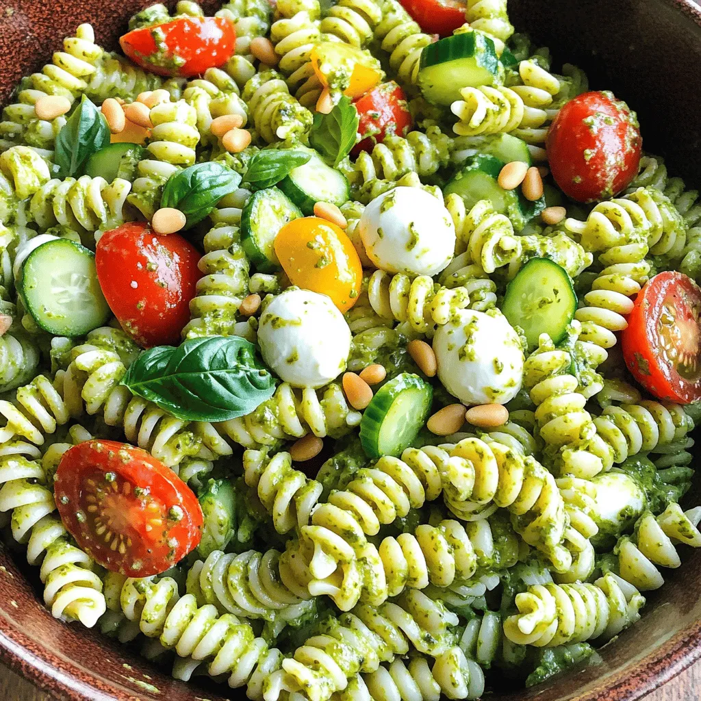 - Fusilli-Pasta: Diese Form bringt die Sauce gut zur Geltung. - Frische Basilikumblätter: Sie geben dem Salat sein frisches Aroma. - Geröstete Pinienkerne: Sie fügen einen tollen Crunch hinzu. - Geriebener Parmesan-Käse: Er sorgt für einen herzhaften Geschmack. - Olivenöl: Das Öl macht das Pesto schön cremig. - Kirschtomaten, gewürfelte Gurke: Sie bringen Farbe und Frische in den Salat. - Knoblauchpulver: Es gibt dem Pesto einen leckeren Kick. - Salz und Pfeffer nach Geschmack: Diese Gewürze runden den Geschmack ab. - Griechischer Joghurt für Cremigkeit: Er macht das Pesto noch besser und sämiger. Diese Zutaten bieten eine großartige Basis für einen leckeren und erfrischenden Salat. Wenn du die einzelnen Komponenten zusammenbringst, wirst du einen köstlichen Genuss erleben. Für das vollständige Rezept kannst du auf den Link zum Full Recipe klicken. - Bring einen großen Topf mit gesalzenem Wasser zum Kochen. - Füge die Fusilli-Pasta hinzu und koche sie al dente, etwa 8-10 Minuten. - Gieße die Pasta ab und spüle sie unter kaltem Wasser. - Lass sie dann abkühlen, während du das Pesto zubereitest. - Gib die frischen Basilikumblätter, die gerösteten Pinienkerne, den Parmesan-Käse und das Knoblauchpulver in die Küchenmaschine. - Mische alles gut, bis die Mischung fein gehackt ist. - Lass die Küchenmaschine laufen und träufle langsam das Olivenöl hinzu. - Mixe, bis eine glatte Paste entsteht. - Füge den griechischen Joghurt zum Pesto hinzu und mixe nochmals kurz. - In einer großen Schüssel kombinierst du die abgekühlte Pasta, die halbierten Kirschtomaten, die gewürfelte Gurke und die Mozzarella-Kugeln. - Mische alles sanft, bis die Pasta gut mit dem Pesto bedeckt ist. Du kannst das Rezept [Full Recipe] für mehr Details und Hinweise überprüfen. - Verwende frische Basilikumblätter. Sie geben dem Pesto einen intensiven Geschmack. - Experimentiere mit verschiedenen Nüssen. Mandeln oder Walnüsse sind tolle Alternativen. - Fusilli-Pasta ist ideal für diesen Salat. Sie hält das Pesto gut fest. - Koche die Pasta al dente. Das gibt der Pasta den perfekten Biss. - Ergänze den Salat mit gegrilltem Hähnchen oder gebratenem Gemüse. - Portioniere den Salat in Schalen. So sieht es schön aus und ist praktisch. {{image_4}} Für eine slow-carb Version des Salats, kannst du glutenfreie Pasta verwenden. Es gibt viele Optionen, wie Kichererbsen- oder Linsenpasta. Diese Nudeln sind gesund und lecker. Eine weitere tolle Idee ist, Zucchini-Nudeln zu verwenden. Sie sind leicht und bringen frische Aromen in das Gericht. Mit einem Spiralschneider kannst du Zucchini einfach in Nudeln verwandeln. Um dem Salat mehr Geschmack zu geben, füge geräucherten Lachs oder Hähnchen hinzu. Diese Zutaten machen das Gericht sättigender und geben eine neue Textur. Du kannst auch mit verschiedenen Kräutern experimentieren. Petersilie, Schnittlauch oder Rucola sind gute Optionen. Diese Kräuter bringen frische Noten und neue Geschmäcker in den Salat. Für eine vegane Version, nutze pflanzliche Käsealternativen. Es gibt viele leckere Produkte, die genauso gut schmecken. Außerdem kannst du den Joghurt weglassen und durch Avocado ersetzen. Die Avocado macht den Salat cremig und gibt gesunde Fette. Auf diese Weise bleibt der Geschmack toll und der Salat ist vegan. Um den cremigen Basilikum-Pesto-Pasta-Salat frisch zu halten, lege ihn in einen luftdichten Behälter. So bleibt der Salat knackig und die Aromen erhalten. Du kannst ihn bis zu drei Tage im Kühlschrank aufbewahren. Achte darauf, dass der Salat gut abgedeckt ist, um Austrocknung zu vermeiden. Das Einfrieren des Salats ist nicht ideal. Die Nudeln und die frischen Zutaten verlieren beim Auftauen ihre Textur. Wenn du dennoch den Salat einfrieren möchtest, tue dies nur ohne die frischen Zutaten. Um den Salat zu genießen, tau ihn über Nacht im Kühlschrank auf, bevor du die frischen Zutaten hinzufügst. Wenn du den Salat aufwärmen möchtest, empfehle ich, ihn vorsichtig in einer Pfanne bei niedriger Hitze zu erhitzen. Rühre oft um, um ein Anbrennen zu verhindern. Die Qualität kann nach dem Aufwärmen verringert werden. Die Nudeln könnten weich werden, und die Frische der Zutaten geht verloren. Es ist am besten, den Salat kalt oder bei Zimmertemperatur zu genießen. Um das Pesto noch cremiger zu machen, füge mehr griechischen Joghurt hinzu. Der Joghurt sorgt für eine schöne, glatte Konsistenz. Du kannst auch etwas mehr Olivenöl einmischen. Das macht das Pesto reichhaltiger. Eine weitere Idee ist, die Pinienkerne länger zu pürieren. So wird es feiner und cremiger. Ja, du kannst die Nudeln im Voraus kochen. Koche die Fusilli-Pasta idealerweise 1-2 Stunden vorher. Lass sie dann abkühlen und bewahre sie im Kühlschrank auf. So bleiben die Nudeln frisch und lecker. Wenn du sie mehr als zwei Stunden aufbewahrst, kann die Textur leiden. Dieser Salat passt gut zu vielen Beilagen. Du kannst gegrilltes Hähnchen oder Garnelen dazu servieren. Auch ein frischer grüner Salat ist eine gute Wahl. Wenn du etwas Vegetarisches möchtest, probiere geröstetes Gemüse oder einen Quinoasalat. Diese Optionen ergänzen den Geschmack und die Textur. Für die vollständige Anleitung und weitere Details, siehe den cremigen Basilikum-Pesto-Pasta-Salat 🥗. Du hast nun alles Wissenswerte über den cremigen Basilikum-Pesto-Pasta-Salat. Wir haben die Hauptzutaten besprochen und wie du sie zubereitest. Zusätzlich haben wir Tipps gegeben, um dein Pesto perfekt zu machen und den Salat für verschiedene Ernährungsweisen anzupassen. Vergiss nicht, die Lagerungshinweise zu beachten, um die Frische zu erhalten. Dieser Salat ist einfach und lecker und eignet sich für jeden Anlass. Probiere die Variationen aus und finde deinen Lieblingsgeschmack!