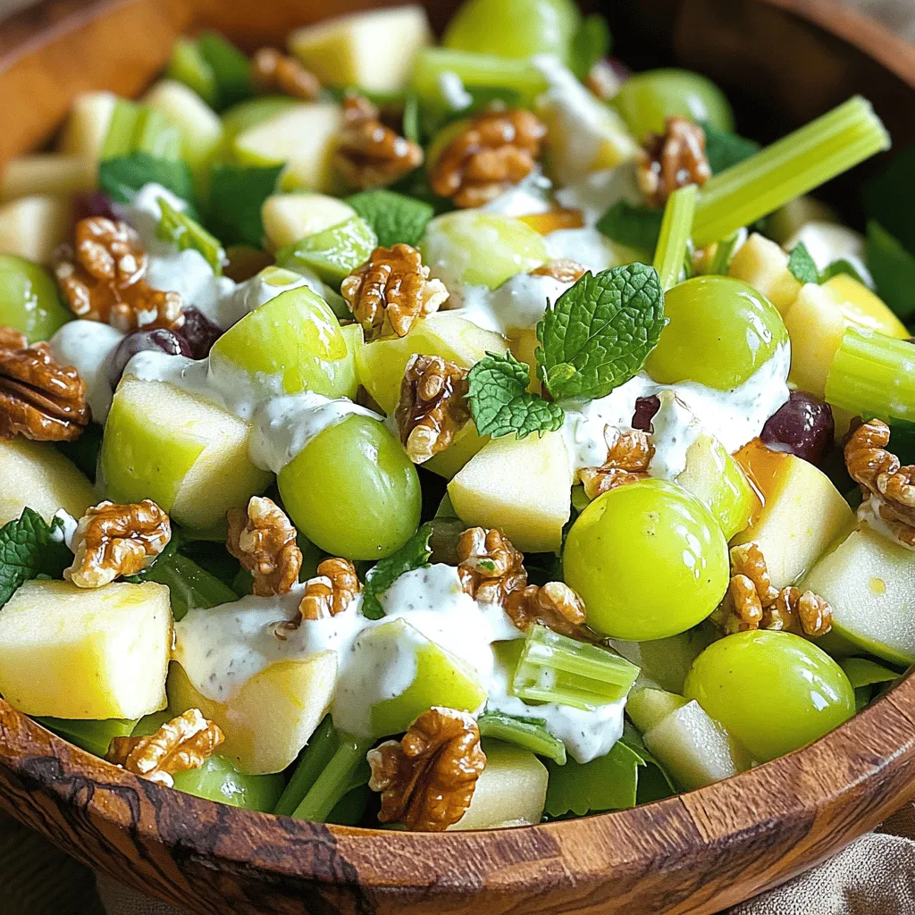 - 2 Tassen grüne Äpfel, gewürfelt - 1 Tasse Sellerie, gehackt - 1 Tasse Walnüsse, grob gehackt - 1 Tasse Trauben, halbiert - 1 Tasse griechischer Joghurt Die Hauptzutaten machen diesen Salat frisch und knackig. Ich bevorzuge Granny Smith Äpfel, da sie süß-sauer sind. Sellerie bringt einen tollen Crunch mit. Die Walnüsse fügen einen nussigen Geschmack hinzu. Die Trauben sorgen für eine süße Note, die den Salat ausgleicht. Griechischer Joghurt macht das Dressing cremig und gesund. - 2 Esslöffel Honig - 1 Esslöffel Zitronensaft - Salz und Pfeffer nach Geschmack Das Dressing ist einfach, aber lecker. Honig gibt Süße, während Zitronensaft Frische bringt. Salz und Pfeffer runden den Geschmack ab. Du kannst die Menge nach deinem Geschmack anpassen. - Frische Minzblätter (optional) Garnierung ist wichtig! Frische Minzblätter bringen Farbe und einen frischen Geschmack. Sie machen den Salat noch ansprechender. Du kannst sie auch weglassen, wenn du magst. Für die vollständige Anleitung, schau dir mein Rezept an: [Full Recipe]. Zuerst schneide ich die Äpfel und den Sellerie in kleine Würfel. Die Apfelstücke geben dem Salat einen knackigen Biss, während der Sellerie Frische bringt. Danach halbiere ich die Trauben. Ich verwende rote oder grüne Trauben, je nach Geschmack. Als Nächstes hacke ich die Walnüsse grob. Diese Nüsse fügen einen nussigen Geschmack hinzu und machen den Salat herzhaft. In einer separaten Schüssel vermische ich griechischen Joghurt, Honig und Zitronensaft. Diese Mischung wird cremig und süß. Dann schmecke ich das Dressing mit Salz und Pfeffer ab. Das gibt dem Dressing eine ausgewogene Note und hebt die anderen Aromen hervor. Jetzt ist es Zeit, alles zusammenzuführen. Ich gebe die gewürfelten Äpfel, den Sellerie, die Trauben und die Walnüsse in eine große Schüssel. Dann gieße ich das Dressing gleichmäßig darüber. Mit einem großen Löffel vermenge ich alles sanft. So wird jeder Bissen voller Geschmack. Ich stelle den Salat dann für mindestens 30 Minuten in den Kühlschrank. So können die Aromen gut durchziehen. Vor dem Servieren mische ich alles noch einmal leicht durch. Die Wahl der Äpfel ist wichtig. Ich empfehle Granny Smith Äpfel. Sie sind knackig und frisch. Ihre Säure ergänzt die anderen Zutaten gut. Andere feste Sorten, wie Honeycrisp, können ebenfalls verwendet werden. Achten Sie darauf, dass die Äpfel reif, aber nicht mehlig sind. Wenn Sie den Salat zubereiten, kühlen Sie ihn vor dem Servieren. Lassen Sie ihn mindestens 30 Minuten im Kühlschrank. So entfalten sich die Aromen besser. Die Kälte macht den Salat erfrischend. Sie können ihn auch einen Tag vorher machen. Das spart Zeit und hilft den Geschmäckern, sich zu verbinden. Für eine gesündere Variante verwenden Sie fettarmen Joghurt. Dies macht den Salat leichter. Sie können auch mehr Nüsse oder Trockenfrüchte hinzufügen. Mandeln oder Cranberries bringen zusätzliche Textur und Süße. Es gibt viele Wege, den Salat an Ihren Geschmack anzupassen. Seien Sie kreativ und probieren Sie neue Kombinationen aus. {{image_4}} Wenn Sie etwas Abwechslung möchten, probieren Sie Mandeln oder Pecannüsse. Diese Nüsse bringen einen süßen und knackigen Geschmack. Sie passen gut zu den Äpfeln und Trauben im Salat. Mandeln geben einen leichten Crunch, während Pecannüsse eine butterartige Note hinzufügen. Beide Optionen sind lecker und können leicht ersetzt werden. Für mehr Frische können Sie zusätzliche Früchte hinzufügen. Ananasstücke oder Beeren sind großartige Optionen. Ananas gibt dem Salat eine tropische Note, während Beeren einen fruchtigen Kick bringen. Sie können auch eine Mischung aus verschiedenen Früchten verwenden. Dies macht den Salat bunt und ansprechend. Um einen veganen Waldorf-Salat zu machen, ersetzen Sie den Joghurt. Verwenden Sie pflanzliche Joghurtalternativen, die es in vielen Geschmacksrichtungen gibt. Anstelle von Honig können Sie Ahornsirup verwenden. Dies sorgt für eine süße Note, die gut zu den anderen Zutaten passt. Ein veganer Waldorf-Salat ist ebenso lecker und gesund. Für das vollständige Rezept, schauen Sie sich den Waldorf Wonderland Salad an. Der Salat bleibt frisch, wenn du ihn in einem luftdichten Behälter aufbewahrst. So hält er bis zu 2 Tage. Ich empfehle, ihn vor dem Servieren kurz durchzumischen, um die Texturen zu beleben. Leider kannst du den Waldorf-Salat nicht einfrieren. Der Joghurt trennt sich beim Auftauen und das sieht nicht gut aus. Es ist besser, den Salat frisch zuzubereiten. Um die Apfelstücke frisch zu halten, beträufele sie mit Zitronensaft. Das verhindert, dass sie braun werden. So bleibt der Salat schön und appetitlich. Ein kleiner Tipp von mir: Du kannst auch etwas mehr Zitronensaft im Dressing verwenden, um die Frische zu verstärken. Die Zubereitung des klassischen Waldorf-Salats dauert insgesamt 50 Minuten. Die Vorbereitungszeit beträgt nur 20 Minuten. Das bedeutet, dass du schnell und einfach einen frischen Salat zubereiten kannst. Ja, du kannst den Waldorf-Salat im Voraus zubereiten. Es ist sogar empfehlenswert! Die Aromen entfalten sich im Kühlschrank besser, wenn du ihn mindestens 30 Minuten vor dem Servieren kühl stellst. So schmeckt der Salat noch besser. Der klassische Waldorf-Salat passt gut zu gegrilltem Hähnchen. Du kannst ihn auch als leichtes Mittagessen genießen. Die frischen Zutaten und die knackige Textur machen ihn zu einer tollen Wahl. Der klassische Waldorf-Salat ist frisch und lecker. In diesem Beitrag haben wir die besten Zutaten, das Dressing und die Zubereitung besprochen. Ich habe Tipps gegeben, um den Salat anzupassen und frisch zu halten. Egal, ob du Walnüsse oder alternative Nüsse benutzt, der Salat bleibt köstlich. Außerdem kannst du ihn gut vorbereiten und im Kühlschrank lagern. Probier diese Variationen aus und finde deine Lieblingsversion! Ein gesunder und einfacher Genuss wartet auf dich.