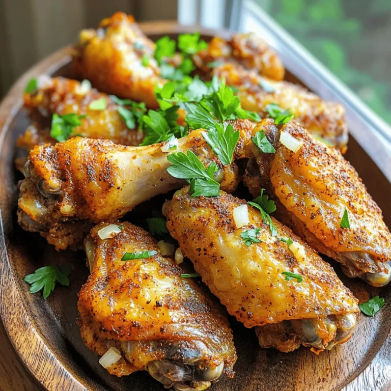 Für ein tolles Rezept benötigst du die folgenden Hauptzutaten: - 900 g Hähnchenflügel - 2 Esslöffel Backpulver (aluminiumfrei) - 1 Teelöffel Knoblauchpulver - 1 Teelöffel Zwiebelpulver - 1 Teelöffel geräuchertes Paprika-Pulver - 1/2 Teelöffel Salz - 1/2 Teelöffel schwarzer Pfeffer - 1/4 Teelöffel Cayennepfeffer (optional, für Schärfe) - Frische Petersilie, zum Garnieren Diese Zutaten machen die Hähnchenflügel knusprig und geschmackvoll. Die Kombination aus Gewürzen bringt die Flügel auf ein neues Level. Die Würzmischung ist der Schlüssel für das Aroma. Du brauchst: - 2 Esslöffel Backpulver (aluminiumfrei) - 1 Teelöffel Knoblauchpulver - 1 Teelöffel Zwiebelpulver - 1 Teelöffel geräuchertes Paprika-Pulver - 1/2 Teelöffel Salz - 1/2 Teelöffel schwarzer Pfeffer - 1/4 Teelöffel Cayennepfeffer (optional) Diese Gewürze geben den Flügeln den perfekten Geschmack. Für die Zubereitung dieser köstlichen Hähnchenflügel brauchst du einige Hilfsmittel: - Airfryer - Große Schüssel - Küchenpapier - Messlöffel Mit diesen Werkzeugen gelingt dir das Rezept einfach. Der Airfryer sorgt für die knusprige Textur, die wir alle lieben. Um die besten knusprigen Airfryer Hähnchenflügel zu machen, beginne mit frischen Hähnchenflügeln. Du musst sie gründlich trocknen. Nimm ein sauberes Küchentuch oder Küchenpapier. Tupfe die Hähnchenflügel vorsichtig ab. Das entfernt die Feuchtigkeit. Weniger Feuchtigkeit bedeutet mehr Knusprigkeit. Jetzt kommt der spaßige Teil! Du stellst deine Gewürzmischung her. Nimm eine große Schüssel und füge folgende Zutaten hinzu: - 2 Esslöffel Backpulver - 1 Teelöffel Knoblauchpulver - 1 Teelöffel Zwiebelpulver - 1 Teelöffel geräuchertes Paprika-Pulver - 1/2 Teelöffel Salz - 1/2 Teelöffel schwarzer Pfeffer - 1/4 Teelöffel Cayennepfeffer (optional) Mische alles gut. Füge dann die trockenen Hähnchenflügel hinzu. Wende sie sorgfältig, bis sie gleichmäßig gewürzt sind. Heize nun deinen Airfryer vor. Stelle ihn auf 200°C für etwa 5 Minuten. Wenn er heiß ist, leg die gewürzten Flügel in den Korb. Achte darauf, dass sie in einer einzigen Schicht liegen. Überfülle den Korb nicht. Das ist wichtig für die Luftzirkulation. Koche die Hähnchenflügel für 25 bis 30 Minuten. Wende sie zur Hälfte der Garzeit. So werden sie gleichmäßig knusprig. Wenn du extra Knusprigkeit willst, erhöhe die Temperatur in den letzten 5 Minuten auf 220°C. Wenn du mehr Details benötigst, schau dir das Full Recipe an! Um knusprige Hähnchenflügel zu bekommen, starten Sie mit trockenen Flügeln. Tupfen Sie die Hähnchenflügel gründlich mit Küchenpapier ab. Feuchtigkeit macht die Haut weich. Verwenden Sie Backpulver in der Würzmischung. Es hilft, die Haut knusprig zu machen. Mischen Sie die Gewürze gut, bevor Sie die Flügel hinzufügen. So verteilt sich der Geschmack gleichmäßig. Heizen Sie den Airfryer vor. Stellen Sie die Temperatur auf 200°C ein. Kochen Sie die Flügel 25 bis 30 Minuten lang. Wenden Sie sie in der Mitte der Garzeit. Wenn Sie extra Knusprigkeit wollen, erhöhen Sie die Temperatur in den letzten 5 Minuten auf 220°C. So werden die Flügel goldbraun und knusprig. Seien Sie kreativ mit den Gewürzen! Fügen Sie verschiedene Paprikasorten hinzu. Experimentieren Sie mit Kräutern wie Thymian oder Oregano. Für einen scharfen Kick verwenden Sie mehr Cayennepfeffer. Auch Honig oder Sojasauce können eine leckere Marinade ergeben. Passen Sie die Würze an Ihren Geschmack an. So machen Sie jedes Mal einzigartige Flügel. Nutzen Sie das [Full Recipe], um die genaue Würzmischung zu erfahren. {{image_4}} Sie können die Hähnchenflügel nach Ihrem Geschmack anpassen. Marinaden sind eine großartige Möglichkeit, neue Aromen zu entdecken. Hier sind einige Ideen: - Honig-Senf: Mischen Sie Honig, Senf und etwas Sojasauce. - BBQ: Verwenden Sie Ihre Lieblings-Barbecue-Sauce für einen rauchigen Geschmack. - Asiatisch: Sojasauce, Ingwer und Sesamöl bieten einen tollen Kick. Experimentieren Sie mit den Marinaden. Lassen Sie die Flügel mindestens 30 Minuten marinieren. So ziehen die Aromen gut ein. Wenn Sie gesunde Beilagen suchen, probieren Sie frisches Gemüse. Karotten und Sellerie sind ideal. Sie sind knackig und leicht. Auch ein schöner Salat passt gut. - Gemüsesticks: Bieten Sie Gurken, Paprika und Karotten an. - Dips: Hummus oder Joghurt-Dips sind gesund und lecker. Diese Beilagen ergänzen die knusprigen Flügel bestens und machen Ihr Essen leicht und frisch. Falls Sie eine vegane Option suchen, gibt es tolle Alternativen. Blumenkohl eignet sich hervorragend. Er wird ähnlich zubereitet wie die Hähnchenflügel. - Blumenkohlflügel: Marinieren Sie sie wie die Hähnchenflügel. - Tofu: Würfeln Sie festen Tofu und nehmen Sie die gleiche Marinade. Diese Optionen sind lecker und bringen Vielfalt auf den Tisch. So kann jeder genießen, egal ob vegan oder nicht. Wenn Sie Hähnchenflügel übrig haben, lagern Sie sie richtig. Lassen Sie die Flügel zuerst auf Raumtemperatur abkühlen. Legen Sie sie dann in einen luftdichten Behälter. Verwenden Sie Frischhaltefolie oder Aluminiumfolie, um den Behälter abzudecken. Das hält die Flügel frisch. Sie können auch eine wiederverschließbare Plastiktüte nutzen. Drücken Sie die Luft heraus, bevor Sie sie verschließen. Um die Flügel wieder knusprig zu machen, heizen Sie Ihren Airfryer auf 180°C vor. Legen Sie die Flügel in den Korb. Erhitzen Sie sie etwa 8-10 Minuten. Wenden Sie sie nach der Hälfte der Zeit. So wird die Haut schön knusprig. Sie können auch den Ofen nutzen. Legen Sie die Flügel auf ein Backblech und backen Sie sie bei 200°C für 10-15 Minuten. Reste von Hähnchenflügeln sind im Kühlschrank 3 bis 4 Tage haltbar. Achten Sie darauf, den Behälter dicht zu verschließen. Sie können die Flügel auch einfrieren. So halten sie bis zu 3 Monate. Achten Sie darauf, sie gut einzupacken, um Gefrierbrand zu vermeiden. Um die besten Ergebnisse zu erzielen, essen Sie die Flügel frisch oder innerhalb der empfohlenen Fristen. Die Hähnchenflügel müssen 25 bis 30 Minuten im Airfryer garen. Wenden Sie sie nach der Hälfte der Zeit. So werden sie gleichmäßig knusprig. Wenn Sie eine goldene Farbe wollen, erhöhen Sie die Temperatur am Ende auf 220°C. Das sorgt für eine extra knusprige Oberfläche. Ja, Sie können die Flügel im Voraus vorbereiten. Marinieren Sie sie mit der Gewürzmischung und lassen Sie sie im Kühlschrank stehen. So können die Aromen gut einziehen. Sie können die Flügel bis zu zwei Tage im Voraus vorbereiten. Einfach im Airfryer garen, wenn Sie bereit sind. Um die Hähnchenflügel schärfer zu machen, fügen Sie mehr Cayennepfeffer hinzu. Sie können auch scharfe Soßen wie Sriracha oder Habanero-Sauce verwenden. Mischen Sie die Sauce in die Gewürzmischung oder träufeln Sie sie nach dem Garen über die Flügel. So erhalten Sie eine köstliche Schärfe, die jedem Biss einen Kick verleiht. Um perfekte knusprige Hähnchenflügel zuzubereiten, müssen Sie die richtigen Zutaten nutzen. Beginnen Sie mit der Vorbereitung und der Gewürzmischung. Verwenden Sie den Airfryer für die besten Ergebnisse. Achten Sie auf Temperatur und Garzeit für die perfekte Textur. Experimentieren Sie mit verschiedenen Geschmacksrichtungen und gesunden Beilagen. Lagern Sie Reste korrekt, damit sie frisch bleiben. Folgen Sie diesen Tipps, und genießen Sie köstliche Flügel, die jeder mag!