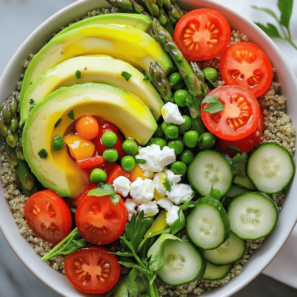 - Quinoa und Gemüse - Quinoa ist das Herz dieser Schale. Es liefert viele Nährstoffe. Kombiniere es mit frischem Gemüse. Spargel, Erbsen und Kirschtomaten sind perfekt. Sie bringen Farbe und Geschmack. - Feta-Käse und Olivenöl - Feta-Käse gibt der Schale eine cremige Note. Er harmoniert gut mit frischem Gemüse. Olivenöl fügt gesunde Fette hinzu. Es sorgt für einen angenehmen Geschmack. Verwende hochwertiges, extra natives Olivenöl für das Beste. - Gewürze und frische Kräuter - Gewürze bringen die Aromen zusammen. Knoblauchpulver, Salz und Pfeffer sind einfach, aber lecker. Frische Kräuter wie Petersilie oder Basilikum machen das Gericht lebendig. Sie bringen Frische und Farbe auf den Teller. Wenn du mehr über die Zubereitung erfahren möchtest, schau dir das [Full Recipe] an. 1. Wasser oder Gemüsebrühe kochen: Nimm einen mittelgroßen Topf. Gieße 2 Tassen Gemüsebrühe oder Wasser hinein und bringe es zum Kochen. Das gibt der Quinoa tollen Geschmack. 2. Quinoa hinzufügen und kochen: Füge 1 Tasse gut abgespülte Quinoa hinzu. Reduziere die Hitze. Decke den Topf ab und lasse die Mischung 15 Minuten köcheln. Die Quinoa wird locker und nimmt die Flüssigkeit auf. 3. Quinoa ruhen lassen: Nimm den Topf vom Herd und lasse die Quinoa weitere 5 Minuten zugedeckt ruhen. So wird sie perfekt fluffig. 1. Spargel und Erbsen anbraten: Nimm eine Pfanne und erhitze 1 Esslöffel Olivenöl bei mittlerer Hitze. Füge 1 Tasse gekappten Spargel hinzu. Brate ihn etwa 5 Minuten an. Der Spargel sollte zart, aber knackig bleiben. 2. Gewürze hinzufügen und abschmecken: Jetzt kommen 1 Tasse Erbsen in die Pfanne. Brate sie 2-3 Minuten mit. Würze das Gemüse mit Salz, Pfeffer und 1 Teelöffel Knoblauchpulver. Das macht es lecker. 1. Zutaten in einer Schüssel vermengen: Nimm eine große Schüssel. Vermenge die gekochte Quinoa, den angebratenen Spargel, die Erbsen, 1 Tasse halbierte Kirschtomaten, 1 gewürfelte rote Paprika und 1 gewürfelte Gurke. 2. Dressing hinzufügen und mischen: Träufle 1 Esslöffel Olivenöl und 2 Esslöffel Zitronensaft über den Salat. Mische alles vorsichtig, damit die Zutaten gut vermengt sind. 3. Anrichten in Schalen: Teile den Salat auf Schalen auf. Belege jede Schale mit Avocado-Scheiben und zerbröckeltem Feta-Käse. Garniere mit frischen Kräutern, um das Gericht noch schöner zu machen. Für das vollständige Rezept, schau dir die [Full Recipe] an. Um Quinoa gut zu kochen, achte auf das richtige Verhältnis von Quinoa zu Flüssigkeit. Du brauchst eine Tasse Quinoa und zwei Tassen Gemüsebrühe oder Wasser. Das Verhältnis ist wichtig, um die Quinoa nicht zu trocken oder matschig zu machen. Lass die Quinoa nach dem Kochen ruhen. Das macht die Körner locker und schmackhaft. Lass sie nach dem Kochen fünf Minuten zugedeckt stehen. So absorbiert sie den Rest der Flüssigkeit und wird perfekt. Um die Farbe und Knackigkeit deines Gemüses zu erhalten, gare es nicht zu lange. Brate den Spargel und die Erbsen nur kurz an, etwa fünf bis acht Minuten. So bleibt das Gemüse frisch und lebendig. Wähle frisches, saisonales Gemüse. Der Frühling bringt Spargel, Erbsen und Kirschtomaten. Diese Zutaten sind nicht nur lecker, sondern auch voll von Nährstoffen. Du bekommst das Beste aus der Saison und unterstützt lokale Bauern. {{image_4}} Für die Spring Veggie Quinoa Power Bowls kannst du saisonales Gemüse verwenden. Das macht das Gericht frischer und geschmackvoller. Einige tolle Optionen sind: - Zucchini - Brokkoli - Karotten - Rote Bete Wenn du Allergien oder Vorlieben hast, gibt es viele Alternativen. Zum Beispiel, wenn du keine Erbsen magst, kannst du grüne Bohnen verwenden. Du kannst auch Spinat oder Mangold hinzufügen, um mehr Farbe und Nährstoffe zu bekommen. Um deine Power Bowls noch nahrhafter zu machen, füge proteinreiche Zutaten hinzu. Hülsenfrüchte sind eine gute Wahl. Kichererbsen oder schwarze Bohnen liefern viel Protein und Ballaststoffe. Wenn du es lieber mit Tofu magst, brate ihn an und füge ihn hinzu. Hähnchenbrust ist auch eine tolle Option, wenn du Fleisch isst. Für vegane Optionen probiere Mandeln oder Sonnenblumenkerne. Sie geben einen schönen Crunch und sind nahrhaft. Diese Ergänzungen machen deine Bowls noch gesünder und sättigender. Schau dir das vollständige Rezept an, um deine eigenen Variationen zu erstellen! Um die Reste der Spring Veggie Quinoa Power Bowls frisch zu halten, müssen Sie einige einfache Schritte befolgen. Zuerst lassen Sie die Bowls auf Zimmertemperatur abkühlen. Danach teilen Sie die Reste in Portionen auf. Verwenden Sie luftdichte Behälter, um die Frische zu bewahren. So bleibt das Gemüse knackig und die Quinoa bleibt fluffig. Im Kühlschrank sind die Bowls bis zu drei Tage haltbar. Achten Sie darauf, dass sie gut verschlossen sind, um Gerüche zu vermeiden. Wenn Sie die Bowls länger aufbewahren möchten, sollten Sie sie einfrieren. Das Einfrieren der Power Bowls ist einfach. Teilen Sie die Portionen in geeignete Behälter auf. Achten Sie darauf, dass Sie nicht zu viel Platz lassen. Das hilft, Gefrierbrand zu vermeiden. Sie können die Bowls auch in Gefrierbeuteln aufbewahren. Stellen Sie sicher, dass Sie die Luft so gut wie möglich herausdrücken. Um die Bowls wieder aufzutauen, legen Sie sie über Nacht in den Kühlschrank. Wenn Sie es eilig haben, können Sie die Bowls auch in der Mikrowelle auftauen. Stellen Sie die Mikrowelle auf eine niedrige Stufe, um die Zutaten gleichmäßig zu erwärmen. Rühren Sie die Bowls nach dem Erwärmen gut um, damit die Temperatur überall gleich ist. Für die besten Ergebnisse erwärmen Sie die Bowls in einer Pfanne auf dem Herd. So bleibt das Gemüse knackig und die Quinoa bleibt perfekt. Um eine vegane Version zu machen, tauschen Sie den Feta-Käse gegen eine pflanzliche Option aus. Sie können auch einen leckeren, selbstgemachten Cashew-Käse verwenden. Für das Dressing sind Olivenöl und Zitronensaft großartig. Sie können auch tahin oder Avocado für eine cremige Textur verwenden. Quinoa bietet viele Nährstoffe. Sie ist reich an Protein, Ballaststoffen und Vitaminen. Quinoa enthält auch Mineralien wie Magnesium und Eisen. Diese Nährstoffe helfen, die Gesundheit zu unterstützen und den Körper zu stärken. Außerdem ist Quinoa glutenfrei, was sie zu einer tollen Wahl für viele macht. Ja, Sie können verschiedene Gemüsesorten verwenden. Brokkoli, Zucchini oder Karotten passen gut. Auch saisonales Gemüse macht die Power Bowls frisch und bunt. Achten Sie darauf, die Aromen harmonisch zu kombinieren. Zum Beispiel, süßes Gemüse wie Karotten harmoniert gut mit herben Aromen wie Rucola. Dies schafft ein ausgewogenes und schmackhaftes Gericht. Dieser Blogpost hat dir gezeigt, wie du leckere Quinoa Power Bowls zubereitest. Du hast die Hauptzutaten und die Schritte zur Zubereitung gelernt. Außerdem hast du Tipps für das perfekte Gemüse erhalten und einige Variationen entdeckt. Denke daran, dass Quinoa nicht nur gesund ist, sondern auch anpassbar. Egal, welche Vorlieben du hast, diese Bowls sind einfach und lecker. Probiere, was dir gefällt, und genieße deine Kreationen!