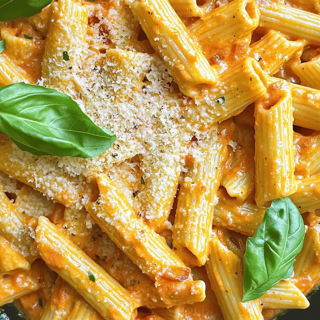 Für dieses leckere Gericht brauchst du einige Hauptzutaten. Hier sind sie: - 340 g Penne Pasta - 2 große rote Paprika - 2 Esslöffel Olivenöl - 3 Knoblauchzehen, fein gehackt - 240 ml Schlagsahne - 100 g frisch geriebener Parmesan - 1 Teelöffel italienische Gewürzmischung - Salz und frisch gemahlener Pfeffer nach Geschmack - Frische Basilikumblätter zum Garnieren Diese Zutaten bilden die Grundlage für die cremige Sauce und die Pasta. Die Paprika bringt eine süße Note, die mit dem Parmesan harmoniert. Die richtige Würze macht das Gericht besonders. Die italienische Gewürzmischung gibt der Sauce Tiefe. Sie enthält oft Oregano, Thymian und Rosmarin. Diese Kräuter ergänzen den Geschmack der Paprika. Außerdem solltest du frischen Pfeffer und Salz verwenden. Sie heben die Aromen der Zutaten hervor. Wenn du es schärfer magst, füge eine Prise Chili hinzu. Das bringt einen schönen Kick in die Pasta. Manchmal möchte man etwas Neues ausprobieren. Hier sind einige optionale Zutaten, die du hinzufügen kannst: - Gegrillte Zucchini für mehr Gemüse - Röstete Pinienkerne für Crunch - Eine Prise Zitronensaft für Frische - Gehackte Oliven für einen salzigen Geschmack Diese Zutaten verleihen dem Gericht eine persönliche Note. Du kannst die Kombinationen nach deinem Geschmack anpassen. Probiere verschiedene Varianten aus und finde deine Lieblingsversion. Das Rezept ist flexibel und lässt Raum für Kreativität. Für die vollständige Zubereitung schau dir das [Full Recipe] an. Heize deinen Ofen auf 200 °C vor. Halbiere die zwei großen roten Paprika. Entferne die Kerne und lege die Paprika mit der Schnittfläche nach unten auf ein Backblech. Beträufle sie mit zwei Esslöffeln Olivenöl. Röste die Paprika für etwa 25 Minuten. Die Haut sollte dunkel und teilweise verbrannt sein. Dies gibt der Pasta einen tollen Geschmack. Nimm die Paprika nach dem Rösten aus dem Ofen und lasse sie kurz abkühlen. Ziehe die schwarze Haut ab. Gib das Fruchtfleisch in einen Mixer. Füge drei fein gehackte Knoblauchzehen, 240 ml Schlagsahne, einen Teelöffel italienische Gewürzmischung sowie eine Prise Salz und Pfeffer hinzu. Püriere alles, bis die Mischung cremig und glatt ist. Diese Soße ist das Herzstück deiner Pasta. Koche 340 g Penne Pasta gemäß den Angaben auf der Verpackung. Achte darauf, dass die Pasta al dente ist. Lass sie abtropfen und stelle sie beiseite. Erhitze die geröstete Paprikasoße in einer großen Pfanne bei mittlerer Hitze. Gib dann die gekochte Pasta in die Pfanne. Wende die Pasta in der Soße, bis sie gleichmäßig bedeckt ist. Rühre 100 g frisch geriebenen Parmesan unter, damit er schmilzt. Schmecke die Pasta ab und passe das Gewürz mit Salz und Pfeffer nach Belieben an. Für das vollständige Rezept schaue dir [Full Recipe] an. Um die beste Konsistenz der Sauce zu bekommen, püriere die gerösteten Paprika gut. Die Mischung sollte glatt und cremig sein. Wenn es zu dick ist, füge etwas mehr Schlagsahne hinzu. Willst du es würziger? Dann gebe etwas mehr Knoblauch oder Parmesan hinzu. Penne passt gut zu dieser Sauce, aber du kannst auch andere Nudeln nehmen. Fusilli oder Farfalle sind tolle Optionen. Wenn du eine gesündere Wahl möchtest, probiere Vollkornnudeln oder Linsenpasta. Diese sind nahrhaft und geben der Speise einen neuen Geschmack. Ein häufiger Fehler ist, die Paprika nicht lange genug zu rösten. Sie sollten schön dunkel sein. So entfalten sie den besten Geschmack. Achte darauf, die Pasta nicht zu lange zu kochen. Sie sollte "al dente" sein, also bissfest. Wenn du die Pasta zu lange kochst, wird sie matschig. Für das vollständige Rezept und weitere Tipps schau dir das Rezept für cremige Pasta mit gerösteten roten Paprika an. {{image_4}} Wenn du eine vegetarische Variante der cremigen Pasta mit gerösteten roten Paprika zubereiten möchtest, gibt es viele tolle Möglichkeiten. Du kannst zum Beispiel frisches Gemüse wie Zucchini oder Spinat hinzufügen. Diese Zutaten bringen Farbe und Geschmack. Achte darauf, das Gemüse leicht anzubraten, bevor du es zur Sauce gibst. Ein weiterer Tipp ist, anstelle von Parmesan einen pflanzlichen Käse zu verwenden. So bleibt das Gericht vegan und du hast dennoch einen leckeren Geschmack. Für eine glutenfreie Version wähle glutenfreie Pasta. Mittlerweile gibt es viele gute Sorten aus Reis oder Linsen. Diese passen gut zu der cremigen Paprikasauce. Du kannst auch glutenfreie Soßen verwenden. Achte darauf, dass alle Zutaten, wie die Brühe oder Gewürze, glutenfrei sind. So kannst du ohne Bedenken genießen. Um mehr Protein in dein Gericht zu bringen, füge Hülsenfrüchte wie Kichererbsen oder Linsen hinzu. Diese Zutaten machen dein Gericht nahrhafter und sättigender. Eine andere Möglichkeit ist, gebratenes Hähnchen oder Garnelen hinzuzufügen. Diese Proteine passen gut zu der cremigen Sauce. Wenn du das Rezept anpassen willst, findest du die vollständige Anleitung im [Full Recipe]. Sobald du deine cremige Pasta mit gerösteten roten Paprika zubereitet hast, bleiben oft Reste übrig. Um die Frische zu bewahren, lasse die Pasta zuerst auf Raumtemperatur abkühlen. Danach fülle sie in einen luftdichten Behälter. Du kannst die Reste bis zu drei Tage im Kühlschrank lagern. Vor dem Servieren prüfe immer den Geruch und das Aussehen. Wenn etwas nicht frisch wirkt, wirf es besser weg. Das Aufwärmen kann den Geschmack beeinflussen. Um die beste Erfahrung zu haben, erwärme die Pasta langsam. Du kannst dies in einer Pfanne bei mittlerer Hitze tun. Füge einen kleinen Schuss Wasser oder Sahne hinzu, um die Soße cremig zu halten. Rühre die Pasta regelmäßig, damit sie gleichmäßig warm wird. So bleibt die Konsistenz schön und cremig. Im Kühlschrank hält die Pasta bis zu drei Tage. Du kannst die Reste auch einfrieren. Fülle die Pasta in einen gefrierfesten Behälter. Achte darauf, die Luft herauszudrücken, um Gefrierbrand zu vermeiden. Im Gefrierschrank bleibt sie bis zu drei Monate frisch. Zum Auftauen, lasse die Pasta über Nacht im Kühlschrank. Erwärme sie dann wie oben beschrieben. So erhältst du ein leckeres Gericht, das fast frisch zubereitet schmeckt. Du kannst das Rezept ganz leicht anpassen. Probiere verschiedene Gemüsesorten wie Zucchini oder Spinat. Das gibt der Pasta neue Aromen. Wenn du es würziger magst, füge rote Paprika oder Chili hinzu. Du kannst auch die Schlagsahne durch eine pflanzliche Alternative ersetzen. So wird das Gericht vegan. Für mehr Protein kannst du Hähnchen oder Garnelen hinzufügen. Experimentiere mit den Zutaten und finde deine perfekte Mischung. Cremige Pasta passt gut zu vielen Beilagen. Ein frischer Salat mit Rucola und Tomaten ist eine tolle Wahl. Auch knuspriges Brot oder Focaccia ergänzt das Gericht perfekt. Wenn du etwas Leichtes möchtest, serviere gedünstetes Gemüse. Es bringt Farbe und Textur auf den Teller. Denke daran, dass die Beilagen den Geschmack der Pasta unterstützen sollten. Die gesamte Zubereitungszeit für diese cremige Pasta beträgt etwa 40 Minuten. Du benötigst 10 Minuten für die Vorbereitung und 30 Minuten für das Kochen. Das Rösten der Paprika dauert etwa 25 Minuten. Währenddessen kannst du die Pasta kochen und die Sauce zubereiten. So sparst du Zeit und bekommst ein schnelles, leckeres Gericht. Cremige Pasta mit gerösteten roten Paprika ist einfach und lecker. Wir haben die besten Zutaten und Gewürze besprochen. Du hast erfahren, wie du die Sauce perfekt pürierst und die Pasta kochst. Mit unseren Tipps vermeidest du häufige Fehler. Unsere Variationen bieten viele Alternativen für alle Essensvorlieben. Denke daran, die Reste richtig zu lagern. So bleibt der Geschmack frisch. Diese einfache Anleitung macht das Kochen von Pasta zum Vergnügen. Probiere es aus und genieße dein Gericht!