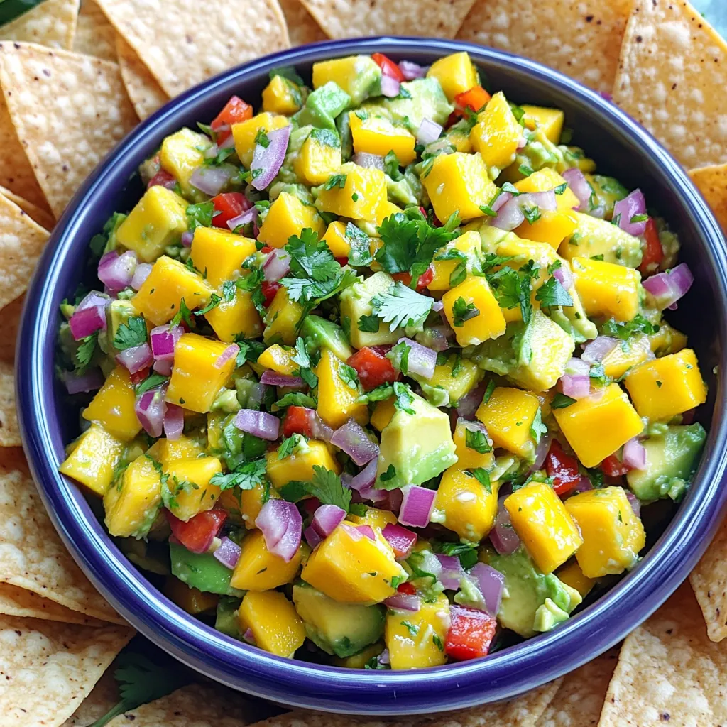 - 1 reife Mango, gewürfelt - 2 Avocados, gewürfelt - 1 kleine rote Zwiebel, fein gehackt - 1 Jalapeño, entkernt und fein gehackt - 1 rote Paprika, gewürfelt - 1/4 Tasse frischer Koriander, gehackt - 2 Esslöffel Limettensaft - 1 Esslöffel Olivenöl - Salz und Pfeffer nach Geschmack - Kalorien pro Portion: ca. 150 - Kohlenhydrate: 18 g - Fette: 10 g - Proteine: 2 g Ich liebe es, diese Salsa zu machen. Die süße Mango und die cremige Avocado passen perfekt zusammen. Wenn ich die Zutaten schneide, genieße ich die Farben. Das Grün der Avocado, das Gelb der Mango und das Rot der Zwiebel machen mich glücklich. Die Jalapeño bringt eine milden Schärfe. Du kannst die Menge anpassen, wenn du es weniger scharf magst. Die rote Paprika gibt einen süßen Geschmack und eine schöne Textur. Frischer Koriander ist ein Muss für mich. Er bringt einen lebendigen Geschmack. Limettensaft sorgt für Frische. Olivenöl macht alles geschmeidig. Denke daran, die Salsa mit Salz und Pfeffer abzuschmecken. So entfalten sich die Aromen. Diese Salsa ist nicht nur lecker, sie ist auch gesund. Du kannst sie zu Tortilla-Chips oder gegrilltem Fleisch servieren. Für das vollständige Rezept, schau dir das Rezept "Tropische Freude Avocado-Mango-Salsa" an. Um die Mango und Avocado richtig zu schneiden, beginne mit der Mango. Halte die Mango aufrecht und schneide entlang des großen Kerns. Du erhältst zwei Hälften. Schneide das Fruchtfleisch in kleine Stücke. Für die Avocado schneidest du sie in zwei Hälften. Entferne den Kern vorsichtig mit einem Löffel. Dann schneide das Fruchtfleisch in Würfel, während es noch in der Schale ist. Mit einem Löffel kannst du dann die Würfel herausheben. Für die Zwiebel nimm eine kleine rote Zwiebel und hacke sie fein. Bei der Jalapeño entferne zuerst die Kerne. Dann hacke sie ebenfalls sehr klein. Diese Zutaten bringen Frische und Würze in die Salsa. In einer großen Schüssel vermenge die gewürfelte Mango und Avocado vorsichtig. Achte darauf, dass die Avocado nicht zerdrückt wird. Füge die fein gehackte rote Zwiebel, die Jalapeño und die gewürfelte rote Paprika hinzu. Jetzt kommt der frische Koriander. Streue ihn gleichmäßig über die Mischung. Beträufle alles mit Limettensaft und Olivenöl. Würze die Salsa nach Belieben mit Salz und Pfeffer. Mische alles sanft, bis die Zutaten gut verteilt sind. Lass die Salsa mindestens 10 Minuten stehen. Diese Zeit hilft den Aromen, sich gut zu verbinden. Du kannst die Salsa so einfach im Kühlschrank ziehen lassen. Das macht die Aromen noch intensiver. Wenn du magst, kannst du die Salsa nach dieser Zeit probieren und je nach Geschmack anpassen. So entsteht eine perfekte Mischung aus süß, scharf und frisch. Für das vollständige Rezept schaue in den Abschnitt „Vollständiges Rezept“. Um die Avocado perfekt zu halten, gehe sanft vor. Mische die Zutaten vorsichtig. Vermeide kräftiges Rühren. Du willst die Avocado-Würfel ganz lassen. So bleibt die Textur schön und knackig. Du kannst den Geschmack leicht anpassen. Füge mehr Limettensaft für Frische hinzu. Ein wenig Knoblauch passt gut dazu. Auch ein Hauch von Kreuzkümmel kann den Geschmack verbessern. Experimentiere mit verschiedenen Gewürzen. Finde deine perfekte Mischung. Serviere die Salsa mit Tortilla-Chips. Das ist ein klassischer und leckerer Snack. Die knusprigen Chips passen gut zu der frischen Salsa. Eine andere Idee ist, die Salsa als Topping zu verwenden. Sie schmeckt hervorragend auf gegrilltem Huhn oder Fisch. Die Kombination aus fruchtig und herzhaft ist einfach köstlich. Probiere es aus! Bewahre die Salsa im Kühlschrank auf. Verwende einen luftdichten Behälter. So bleibt die Frische länger erhalten. Die frisch zubereitete Salsa hält etwa zwei Tage. Nach zwei Tagen kann die Avocado braun werden. Sie schmeckt zwar noch gut, sieht aber nicht mehr so schön aus. Mach also nur so viel, wie du brauchst. Für mehr Details schaue dir das vollständige Rezept an. {{image_4}} Für eine fruchtige Note kannst du Ananas oder Papaya hinzufügen. Diese Früchte bringen eine süße, saftige Textur. Schneide sie einfach in kleine Stücke und mische sie unter die Salsa. Du kannst auch frische Kräuter wie Minze ausprobieren. Minze gibt der Salsa einen erfrischenden Kick. Sie passt gut zu den süßen Aromen von Mango und Avocado. Wenn du auf der Suche nach einer veganen Option bist, tausche einfach das Olivenöl gegen Avocadoöl aus. Avocadoöl hat einen milden Geschmack und passt super zu den anderen Zutaten. Es bringt auch gesunde Fette in dein Gericht. So bleibt die Salsa frisch und lecker, während du gleichzeitig auf tierische Produkte verzichtest. Möchtest du die Schärfe anpassen? Verwende weniger Jalapeño oder greife zu milden Paprikas. Das macht die Salsa für jeden angenehm. Du kannst auch die Menge der Jalapeños schrittweise erhöhen. So findest du die perfekte Balance für deinen Geschmack. Avocado Mango Salsa bleibt frisch im Kühlschrank. Sie kann bis zu zwei Tage halten. Lagere die Salsa in einem luftdichten Behälter. Achte darauf, dass sie gut verschlossen ist. Dadurch vermeidest du, dass sie braun wird. Wenn du sie länger aufbewahren willst, friere sie ein. Das verändert jedoch die Textur. Ja, gefrorene Avocados und Mangos sind eine gute Option. Achte darauf, sie vorher gut aufzutauen. Das stellt sicher, dass sie weich genug sind. Verwende frische Zutaten, wenn möglich, für den besten Geschmack. Gefrorenes Obst kann einen anderen Geschmack haben, aber es funktioniert auch. Avocado Mango Salsa passt toll zu vielen Gerichten. Du kannst sie mit Tortilla-Chips servieren. Sie ist auch perfekt auf gegrilltem Huhn oder Fisch. Außerdem ist sie ein frischer Topping für Tacos. Die Kombination aus süß und scharf macht alles besser. Probiere sie auch in einem Burrito oder Wrap. Tropische Freude Avocado-Mango-Salsa 🥑🥭 Diese Salsa ist frisch und voller Geschmack. Sie ist perfekt für jeden Anlass. Folgendes brauchen Sie: - 1 reife Mango, gewürfelt - 2 Avocados, gewürfelt - 1 kleine rote Zwiebel, fein gehackt - 1 Jalapeño, entkernt und fein gehackt - 1 rote Paprika, gewürfelt - 1/4 Tasse frischer Koriander, gehackt - 2 Esslöffel Limettensaft - 1 Esslöffel Olivenöl - Salz und Pfeffer nach Geschmack 1. Mischen Sie die gewürfelte Mango und Avocado vorsichtig in einer Schüssel. 2. Fügen Sie die gehackte Zwiebel, Jalapeño und Paprika hinzu. 3. Streuen Sie den Koriander über die Mischung. 4. Geben Sie Limettensaft und Olivenöl dazu. 5. Würzen Sie mit Salz und Pfeffer nach Geschmack. 6. Mischen Sie alles sanft, um die Avocado nicht zu zerdrücken. 7. Lassen Sie die Salsa 10 Minuten stehen, um die Aromen zu vereinen. Diese Salsa passt gut zu Tortilla-Chips. Sie können sie auch auf gegrilltem Huhn oder Fisch servieren. Sie können Ananas oder Papaya hinzufügen, um die Salsa fruchtiger zu machen. Für eine vegane Option ersetzen Sie das Olivenöl durch Avocadoöl. Wenn Sie es weniger scharf mögen, verwenden Sie weniger Jalapeño oder milde Paprika. Für das Full Recipe können Sie Online-Rezepte durchsehen oder meine detaillierte Anleitung nutzen. Avocado-Mango-Salsa ist einfach und lecker. Wir haben die Hauptzutaten wie Mango und Avocado genutzt. Gewürze wie Jalapeño und frischer Koriander geben das Aroma. Die Schritt-für-Schritt-Anleitung macht die Zubereitung leicht. Denke an Variationen mit anderen Früchten oder herzhaften Optionen. Diese Salsa passt perfekt zu Chips oder gegrilltem Essen. Bewahre die Reste im Kühlschrank auf, um länger zu genießen. Mit diesen Tipps machst du immer wieder frische Salsa. Probiere es aus und finde deine Lieblingsversion!