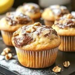 Um die leckeren Banana Nutella Swirl Muffins zu backen, benötigst du folgende Zutaten: - 2 reife Bananen, zerdrückt - 80 ml Pflanzenöl - 100 g Zucker - 1 großes Ei - 1 Teelöffel Vanilleextrakt - 1 Teelöffel Natron - 1/4 Teelöffel Salz - 190 g Weizenmehl - 120 g Nutella - 30 g gehackte Walnüsse (optional) Wenn du keine Walnüsse magst, kannst du andere Nüsse nehmen. Mandeln oder Haselnüsse passen gut. Für eine glutenfreie Option, ersetze das Weizenmehl mit einer glutenfreien Mischung. Statt Pflanzenöl kannst du auch geschmolzene Butter verwenden, um den Muffins mehr Geschmack zu geben. Bei den Bananen, achte darauf, dass sie wirklich reif sind. Je reifer, desto besser wird der Geschmack! Die Zutaten sind einfach zu finden und machen das Backen leicht. Wenn du alle Zutaten bereit hast, bist du bereit, um mit dem Backen zu starten! Für das komplette Rezept, schau dir die Full Recipe an. Heize deinen Ofen auf 175°C (350°F) vor. Das ist wichtig, damit die Muffins gleichmäßig backen. Wenn der Ofen nicht heiß genug ist, werden die Muffins nicht richtig aufgehen. In einer großen Rührschüssel zerdrücke zwei reife Bananen. Füge 80 ml Pflanzenöl, 100 g Zucker, ein großes Ei und 1 Teelöffel Vanilleextrakt hinzu. Mische alles gut, bis es gleichmäßig aussieht. Diese Mischung gibt den Muffins ihren saftigen Geschmack und die Süße. In einer separaten Schüssel vermische 1 Teelöffel Natron, 1/4 Teelöffel Salz und 190 g Weizenmehl. Gib die trockenen Zutaten langsam zur Bananenmischung. Rühre nur so lange, bis alles gerade vermischt ist. Ein paar Klumpen sind in Ordnung. Übermixen macht die Muffins zäh. Um den perfekten Marmoreffekt zu erzielen, fülle jede Muffinform zur Hälfte mit dem Bananenteig. Gib dann einen Teelöffel Nutella darauf. Nimm ein Holzstäbchen oder ein Messer und wirble es vorsichtig durch den Teig. So bekommst du schöne Muster. Backe die Muffins für 18-20 Minuten im vorgeheizten Ofen. Mache die Stäbchenprobe: Steche ein Zahnstocher in die Mitte eines Muffins. Wenn er sauber herauskommt, sind die Muffins fertig. Lass sie 5 Minuten im Blech abkühlen. Danach lege sie auf ein Kuchengitter, damit sie ganz abkühlen. Für das vollständige Rezept schau dir die [Full Recipe] an. Um tolle Muffins zu backen, ist es wichtig, den Teig nicht zu übermixen. Wenn du zu lange rührst, wird der Teig zäh. Mische die Zutaten nur so lange, bis sie gerade verbunden sind. Ein paar Klumpen sind in Ordnung. Sie geben den Muffins eine bessere Textur. Die richtige Teigkonsistenz ist entscheidend für seidige Muffins. Der Teig sollte dick, aber flüssig sein. Wenn er zu fest ist, fügen Sie einen Esslöffel Pflanzenöl hinzu. So bleibt der Teig schön feucht und die Muffins fluffig. Für eine ansprechende Präsentation kannst du die Muffins warm servieren. Bestäube sie leicht mit Puderzucker oder streiche etwas Nutella darüber. Das macht sie noch verlockender! Serviere sie mit einem Glas Milch oder deinem Lieblingsgetränk. So wird jedes Frühstück oder jeder Snack zum Genuss. Für das volle Rezept empfehle ich, die Full Recipe zu prüfen. {{image_4}} Du kannst die Muffins noch leckerer machen, indem du Schokoladenstückchen oder frische Früchte hinzufügst. Schokoladenstückchen bringen eine schöne Schokoladennote. Du kannst dunkle, milde oder sogar weiße Schokolade nutzen. Frische Früchte wie Himbeeren oder Erdbeeren passen ebenfalls hervorragend. Sie verleihen den Muffins fruchtige Frische. Die Kombination aus Bananen und Schokolade ist einfach himmlisch! Wenn du eine glutenfreie Variante möchtest, ersetze das Weizenmehl durch eine glutenfreie Mischung. Achte darauf, dass auch dein Backpulver glutenfrei ist. Für eine vegane Option lässt du das Ei weg. Ersetze es durch eine Banane oder Apfelmus. Verwende außerdem pflanzliches Öl und achte darauf, dass die Schokolade vegan ist, wenn du sie hinzufügst. So kannst du alle genießen! Du kannst die Muffins je nach Saison anpassen. Im Frühling sind frische Erdbeeren oder Rhabarber lecker. Im Sommer kannst du Pfirsiche oder Beeren verwenden. Im Herbst passen Äpfel und Zimt gut dazu. Im Winter kannst du die Muffins mit Schokolade oder Nüssen anreichern. Die Möglichkeiten sind endlos und machen die Muffins immer spannend! Um die Frische deiner Muffins zu erhalten, gibt es einige einfache Methoden. Lagere die Muffins in einem luftdichten Behälter. Das schützt sie vor Feuchtigkeit und macht sie länger haltbar. Du kannst auch ein Stück Brot in den Behälter legen. Das Brot hilft, die Muffins weich zu halten. Achte darauf, dass die Muffins vollständig abgekühlt sind, bevor du sie lagerst. So vermeidest du, dass sich Kondenswasser bildet. Wenn du die Muffins länger aufbewahren möchtest, friere sie einfach ein. Lass die Muffins zuerst auf Raumtemperatur abkühlen. Wickel jede Muffin einzeln in Frischhaltefolie oder lege sie in einen Gefrierbeutel. So bleiben sie frisch und lecker. Zum Auftauen kannst du die Muffins einfach über Nacht im Kühlschrank lassen. Wenn du es eilig hast, lege sie für eine kurze Zeit in die Mikrowelle. Erwärme sie sanft, damit sie nicht austrocknen. Die Muffins bleiben bei richtiger Lagerung bis zu einer Woche frisch. Achte auf Anzeichen von Verderb. Wenn die Muffins schimmelig sind oder unangenehm riechen, solltest du sie nicht mehr essen. Prüfe auch die Textur; wenn sie sehr trocken oder brüchig sind, ist es besser, sie wegzuwerfen. So kannst du sicherstellen, dass du immer frische und schmackhafte Muffins genießt. Die Muffins bleiben frisch, wenn du sie richtig lagerst. Du kannst sie in einem luftdichten Behälter aufbewahren. So bleiben sie bis zu fünf Tage saftig. Wenn du sie länger aufbewahren möchtest, friere sie ein. Auf diese Weise halten sie bis zu drei Monate. Lass sie vor dem Essen einfach bei Raumtemperatur auftauen. Ja, du kannst andere Nüsse nutzen. Mandeln oder Haselnüsse passen gut. Wenn du keine Nüsse magst, lasse sie einfach ganz weg. Die Muffins schmecken auch ohne Nüsse super lecker. Diese Muffins schmecken toll mit einem Glas Milch oder einer Tasse Kaffee. Du kannst sie auch mit etwas Joghurt servieren. Das macht das Frühstück oder den Snack besonders lecker. Um die Muffins schokoladiger zu machen, füge Schokoladenstückchen hinzu. Du kannst sie direkt in den Teig mischen. Ein extra Klecks Nutella obenauf ist auch eine schöne Idee. So bekommst du noch mehr Schokolade in jedem Bissen. Mit diesem Rezept kannst du zwölf Muffins backen. Wenn du mehr Muffins möchtest, verdopple einfach die Zutaten. Achte darauf, die Backzeit zu überprüfen, wenn du mehr Muffins backst. Diese Anleitung zeigt, wie du leckere Bananen-Nutella-Muffins backen kannst. Wir haben die benötigten Zutaten, die Schritt-für-Schritt-Anleitung, Tipps und Variationen besprochen. Du kannst das Rezept leicht anpassen, um es glutenfrei oder vegan zu gestalten. Achte darauf, die Muffins richtig aufzubewahren, damit sie frisch bleiben. Nutze die FAQs für zusätzliche Tipps. Die Muffins sind einfach zu machen und schmecken großartig. Probiere es aus, und genieße jeden Biss!