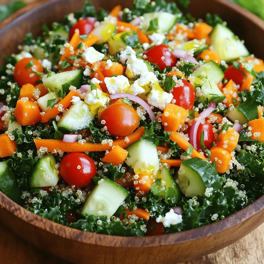 - 1 Tasse Quinoa, gründlich abgespült - 2 Tassen Gemüsebrühe oder Wasser - 1 Tasse Kirschtomaten, halbiert - 1 Salatgurke, gewürfelt - 1 Paprika (jede Farbe), gewürfelt - 1 Tasse geraspelte Karotten - 1 Tasse Grünkohl, gehackt (Stängel entfernt) - 1/4 Tasse rote Zwiebel, fein gehackt - 1/4 Tasse frische Petersilie, gehackt Die Quinoa ist die Basis dieses Salats. Sie ist reich an Protein und Ballaststoffen. Ich empfehle, die Quinoa gut abzuspülen. Dies entfernt Bitterstoffe und macht sie nussiger im Geschmack. Gemüsebrühe gibt der Quinoa zusätzlichen Geschmack. Das frische Gemüse bringt Farbe und Crunch in den Salat. - 3 Esslöffel Olivenöl - 2 Esslöffel Zitronensaft - 1 Teelöffel Dijon-Senf - Salz und Pfeffer nach Geschmack Das Dressing ist einfach, aber sehr lecker. Olivenöl bringt gesunde Fette. Zitronensaft sorgt für Frische. Dijon-Senf gibt dem Dressing einen leichten Kick. Salz und Pfeffer runden den Geschmack ab. - 1/4 Tasse Feta-Käse, zerbröselt - 1/4 Tasse frische Kräuter Feta-Käse fügt einen salzigen Geschmack hinzu, der gut zu den anderen Zutaten passt. Frische Kräuter wie Petersilie oder Basilikum bringen noch mehr Aroma. Diese Zutaten sind optional, aber sehr empfehlenswert. Für das volle Rezept, schaue dir bitte den [Full Recipe] an. Um die Quinoa perfekt zuzubereiten, bringe zuerst zwei Tassen Gemüsebrühe oder Wasser in einem mittelgroßen Topf zum Kochen. Sobald die Flüssigkeit kocht, füge eine Tasse abgespülte Quinoa hinzu. Reduziere die Hitze und decke den Topf ab. Lass die Quinoa ungefähr 15 Minuten köcheln, bis sie fluffig ist und die gesamte Flüssigkeit aufgenommen hat. Nimm den Topf vom Herd und lass die Quinoa abkühlen. Während die Quinoa abkühlt, bereite das Gemüse vor. Wasche alles gründlich. Schneide die Kirschtomaten, Gurke, Paprika, Karotten und Grünkohl in kleine Stücke. Gib die geschnittenen Zutaten in eine große Schüssel. Vermenge sie gut, damit sich die Aromen vermischen. Jetzt ist es Zeit, das Dressing zu machen. Misch in einer kleinen Schüssel das Olivenöl, den Zitronensaft, den Dijon-Senf, Salz und Pfeffer gut zusammen. Sobald die Quinoa abgekühlt ist, gib sie in die Schüssel mit dem Gemüse. Gieße das Dressing darüber und vermenge alles vorsichtig, sodass jedes Stück Gemüse gut bedeckt ist. Wenn du magst, streue etwas zerbröselten Feta-Käse darüber. Du kannst den Salat sofort genießen oder ihn für 30 Minuten im Kühlschrank kaltstellen, um die Aromen zu verstärken. Für das vollständige Rezept schaue dir die [Full Recipe] an. - Quinoa richtig spülen: Spülen Sie die Quinoa unter kaltem Wasser. Dies entfernt Bitterstoffe. Nutzen Sie ein feines Sieb, um die Körner gut zu reinigen. So schmeckt die Quinoa viel besser. - Ideal kochen und abkühlen lassen: Kochen Sie die Quinoa in Gemüsebrühe oder Wasser. Bringen Sie die Flüssigkeit zum Kochen, fügen Sie die Quinoa hinzu und reduzieren Sie die Hitze. Lassen Sie sie 15 Minuten köcheln. Nach dem Kochen lassen Sie die Quinoa abkühlen. So bekommt sie eine lockere Textur. - Saisonale Gemüseempfehlungen: Wählen Sie frisches Gemüse. Im Sommer sind Tomaten, Gurken und Paprika eine gute Wahl. Im Frühling sind Spargel und Erbsen lecker. Im Winter probieren Sie Karotten und Kohl. - Schnippeltechniken für gleichmäßige Stücke: Schneiden Sie das Gemüse in gleichmäßige Stücke. So garen alle Teile gleichmäßig und sehen hübsch aus. Verwenden Sie ein scharfes Messer für saubere Schnitte. - Servieren in einer großen Schüssel: Nutzen Sie eine große Schüssel, um den Salat zu servieren. Das sieht einladend aus und bietet Platz zum Mischen. So können alle Zutaten gut vermengen. - Garnieren für bessere Präsentation: Garnieren Sie den Salat mit frischen Kräutern oder zerbröseltem Feta-Käse. Das gibt Farbe und macht den Salat noch leckerer. Ein wenig Kreativität macht viel aus! {{image_4}} Möchten Sie mehr Protein in Ihrem Salat? Fügen Sie einfach Bohnen oder Linsen hinzu. Diese Zutaten sind nahrhaft und leicht zuzubereiten. Für Nicht-Vegetarier ist Hähnchen oder Tofu eine gute Wahl. Hähnchen bringt einen herzhaften Geschmack. Tofu ist eine tolle, pflanzliche Proteinquelle. Beide Optionen machen den Salat sättigender und voller Geschmack. Das Dressing macht den Unterschied! Sie können Balsamico oder Joghurtdressing als Alternative verwenden. Diese Dressings bringen frische Aromen und passen gut zu den Zutaten. Für zusätzlichen Geschmack empfehle ich, Gewürzmischungen hinzuzufügen. Ein Hauch von Kreuzkümmel oder Paprika kann das Geschmackserlebnis aufwerten. Variieren Sie das Gemüse nach Ihrem persönlichen Geschmack. Nutzen Sie saisonale Gemüsesorten, um frische Aromen zu genießen. Zum Beispiel schmecken gebratene Zucchini oder Brokkoli im Salat klasse. Auch frische Kräuter wie Basilikum oder Koriander können das Gericht beleben. Mit diesen Alternativen machen Sie den Salat noch interessanter und schmackhafter. Bewahre deinen Garden Veggie Quinoa Power Salad in einem luftdichten Behälter auf. So bleiben die frischen Aromen gut erhalten. Der Salat hält sich im Kühlschrank bis zu drei Tage. Wenn du ihn länger aufbewahrst, kann die Textur des Gemüses leiden. Du kannst den Salat auch einfrieren. Teile ihn in Portionen und lege sie in Gefrierbeutel. Achte darauf, so viel Luft wie möglich herauszudrücken. Der Salat bleibt bis zu einem Monat frisch. Zum Auftauen lege die Portionen in den Kühlschrank. Zum Aufwärmen kannst du die Quinoa leicht in der Mikrowelle erwärmen. Das Gemüse solltest du lieber kalt genießen. Du kannst den Salat sowohl warm als auch kalt genießen. Ich empfehle, ihn kalt als erfrischende Beilage zu servieren. Kombiniere ihn mit gegrilltem Hähnchen oder Fisch für ein vollwertiges Gericht. Für eine extra Portion Geschmack kannst du Nüsse oder Samen hinzufügen. So wird der Salat noch knackiger und nahrhafter. Du kannst den Salat bis zu drei Tage im Kühlschrank aufbewahren. Achte darauf, ihn in einem luftdichten Behälter zu lagern. So bleiben die Zutaten frisch und knackig. Wenn du den Salat länger aufbewahren möchtest, empfiehlt es sich, die Dressing-Zutaten separat zu lagern. So wird der Salat nicht matschig. Ja, du kannst Quinoa im Voraus zubereiten. Koche die Quinoa und lasse sie abkühlen. Danach kannst du sie in einem luftdichten Behälter im Kühlschrank aufbewahren. Quinoa bleibt bis zu einer Woche frisch. Achte darauf, sie gut abzudecken, damit sie nicht austrocknet. So hast du die Basis für deinen Salat bereit, wenn du ihn brauchst. Ja, dieser Salat ist vegan, solange du den Feta-Käse weglässt. Du kannst den Salat auch mit anderen veganen Zutaten anpassen. Probiere zum Beispiel, Avocado oder geröstete Nüsse hinzuzufügen. Diese machen den Salat noch nahrhafter und lecker. Der Quinoa selbst und das frische Gemüse sind ganz natürlich vegan. Du kannst das Dressing ganz leicht anpassen. Wenn du ein würziges Dressing magst, füge mehr Dijon-Senf oder etwas Knoblauch hinzu. Für ein süßeres Dressing kannst du Honig oder Ahornsirup verwenden. Auch die Menge von Zitronensaft lässt sich nach deinem Geschmack anpassen. Experimentiere mit Kräutern wie Basilikum oder Oregano für einen zusätzlichen Geschmackskick. Der Artikel hat die Schritte zur Zubereitung eines Quinoa-Salats verdeutlicht. Wir haben die Hauptzutaten, Zubereitungsschritte und Tipps behandelt. Experimentieren Sie mit verschiedenen Gemüse- und Dressingvariationen. Achten Sie auf Lagerung und Haltbarkeit, um die Frische zu bewahren. Mit diesen einfachen Anleitungen genießen Sie gesunde, leckere Salate, wann immer Sie möchten. Lassen Sie Ihrer Kreativität freien Lauf und machen Sie den Salat zu Ihrem eigenen!