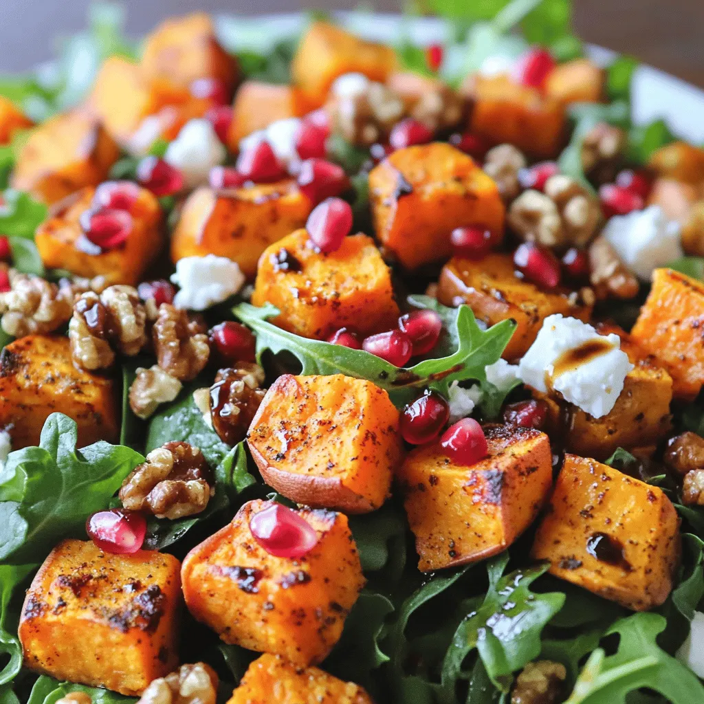 Für einen leckeren gerösteten Süßkartoffelsalat brauchst du: - 2 große Süßkartoffeln, geschält und in Würfel geschnitten - 4 Tassen gemischte Salatblätter (Rucola, Spinat und Grünkohl) - 1/2 Tasse Quinoa, gekocht - 1/4 Tasse Granatapfelkerne - 1/4 Tasse zerbröckelter Feta-Käse (optional) - 1/4 Tasse geröstete Walnüsse oder Pekannüsse, grob gehackt Die Süßkartoffeln sind die Hauptzutat. Sie bringen eine süße Note in den Salat. Quinoa fügt Protein hinzu und macht den Salat sättigender. Die Salatblätter sorgen für Frische. Granatapfelkerne bringen knusprige Textur und Farbe. Feta-Käse gibt einen salzigen Kick, den du nicht verpassen solltest. Um den Geschmack zu heben, verwende: - 2 Esslöffel Olivenöl - 1 Teelöffel geräucherter Paprika - 1/2 Teelöffel Kreuzkümmel, gemahlen - Salz und Pfeffer nach Geschmack - 2 Esslöffel Balsamico-Essig - 1 Esslöffel Honig (oder Ahornsirup für vegane Optionen) Olivenöl hilft, die Süßkartoffeln knusprig zu machen. Geräucherter Paprika gibt ein tiefes, rauchiges Aroma. Kreuzkümmel bringt einen warmen, erdigen Geschmack. Balsamico-Essig und Honig verbinden sich gut und machen das Dressing süß-sauer. Du kannst den Salat nach Belieben anpassen. Hier sind einige Optionen: - Avocado für Cremigkeit - Rote Zwiebel für Schärfe - Kürbiskerne für zusätzlichen Crunch Diese Zutaten bringen neue Aromen und Texturen in deinen Salat. Sie machen ihn bunter und interessanter. Nutze die [Full Recipe], um alle Zutaten und Schritte zu sehen. Heize deinen Ofen auf 220°C (425°F) vor. Das ist wichtig für eine perfekte Röstung. Lege ein Backblech mit Backpapier aus, damit die Süßkartoffeln nicht ankleben. In einer großen Schüssel mische die gewürfelten Süßkartoffeln mit Olivenöl, geräuchertem Paprika, Kreuzkümmel, Salz und Pfeffer. Diese Gewürze bringen viel Geschmack. Achte darauf, dass alle Würfel gut beschichtet sind. Verteile die Süßkartoffeln gleichmäßig auf dem Backblech. Röste sie für 25 bis 30 Minuten. Wende sie einmal während des Röstens. So werden sie von allen Seiten schön knusprig. Während die Süßkartoffeln im Ofen sind, kannst du die Quinoa kochen. Folge einfach den Anweisungen auf der Verpackung. Normalerweise kochst du sie in Wasser oder Brühe. Das macht sie noch leckerer. Wenn die Quinoa fertig ist, lockere sie mit einer Gabel auf. Lass sie dann abkühlen. In einer großen Schüssel kombiniere die gemischten Salatblätter mit der gekochten Quinoa. Füge die gerösteten Süßkartoffeln hinzu, nachdem sie etwas abgekühlt sind. Jetzt kommt der Spaß! Streue die Granatapfelkerne, den zerbröckelten Feta und die gehackten Nüsse über den Salat. In einer kleinen Schüssel vermische den Balsamico-Essig mit dem Honig. Träufel diese Mischung über den Salat und vermenge alles vorsichtig. Du kannst den Salat sofort servieren oder ihn für 15 Minuten in den Kühlschrank stellen. So wird er schön kühl und frisch. Das ist das Rezept für einen köstlichen gerösteten Süßkartoffelsalat. Wenn du mehr Details möchtest, schau dir das [Full Recipe] an. Die Röstzeit ist entscheidend für den Geschmack. Die Süßkartoffeln brauchen 25 bis 30 Minuten im Ofen. Ich empfehle, sie nach 15 Minuten einmal zu wenden. So rösten sie gleichmäßig und karamellisieren schön. Achten Sie darauf, dass sie zart sind, wenn Sie sie herausnehmen. Dieser Salat ist sehr anpassungsfähig. Sie können verschiedene Blattsalate verwenden, je nach Saison oder Vorliebe. Fügen Sie auch andere Zutaten hinzu, wie Kichererbsen oder Avocado. Möchten Sie es schärfer? Geben Sie etwas Chili oder Jalapeño dazu. Die Möglichkeiten sind endlos! Ein gutes Dressing macht den Salat lebendig. Balsamico-Essig und Honig sind großartige Optionen. Für eine cremigere Note probieren Sie Joghurtdressing oder Tahini. Als Topping passen geröstete Nüsse sehr gut. Sie geben Crunch und zusätzliche Nährstoffe. Granatapfelkerne bringen Frische und Farbe. Wenn Sie mehr über die Zubereitung erfahren möchten, schauen Sie sich das [Full Recipe] an! {{image_4}} Für eine vegane Variante des gerösteten Süßkartoffelsalats ersetze den Feta-Käse durch eine pflanzliche Alternative. Du kannst auch den Honig durch Ahornsirup ersetzen. Diese einfachen Anpassungen machen den Salat lecker und vegan. So kannst du die Aromen der Süßkartoffeln und der anderen Zutaten voll genießen. Dieser Salat ist von Natur aus glutenfrei. Quinoa ist eine großartige glutenfreie Zutat, die dem Salat Textur und Nährstoffe verleiht. Achte darauf, dass alle anderen Zutaten, wie die Gewürze und Nüsse, ebenfalls glutenfrei sind. Dies macht den Salat perfekt für jeden, der glutenfrei essen möchte. Im Herbst kannst du den Salat mit gerösteten Äpfeln oder Kürbis anpassen. Im Frühling passen frische Erbsen oder Spargel gut dazu. Diese saisonalen Zutaten bringen neue Geschmäcker und Farben in deinen Salat. Experimentiere mit verschiedenen Kombinationen und finde heraus, was dir am besten schmeckt. Um den gerösteten Süßkartoffelsalat frisch zu halten, lagern Sie ihn in einem luftdichten Behälter. Stellen Sie sicher, dass der Salat abgekühlt ist, bevor Sie ihn einpacken. So verhindern Sie, dass die Blätter welk werden. Wenn Sie den Salat länger frisch halten möchten, lagern Sie die Dressing-Zutaten separat. So bleibt der Salat knackig. Sie können viele Teile dieses Salats im Voraus zubereiten. Rösten Sie die Süßkartoffeln und kochen Sie die Quinoa am Vortag. Lagern Sie beides in separaten Behältern im Kühlschrank. Am Tag, an dem Sie den Salat servieren möchten, kombinieren Sie einfach die Zutaten. Fügen Sie das Dressing erst kurz vor dem Servieren hinzu. So bleibt alles frisch und lecker. Der Salat hält sich gut im Kühlschrank für etwa drei bis vier Tage. Achten Sie darauf, die Zutaten gut zu verpacken, um ein Austrocknen zu verhindern. Wenn Sie die Süßkartoffeln und die Quinoa getrennt aufbewahren, verlängert sich die Haltbarkeit. Reste können auch in andere Gerichte eingearbeitet werden. Sie können den Salat leicht abändern, um neue Geschmackserlebnisse zu schaffen. Für das vollständige Rezept schauen Sie sich die Anleitung an. Um Süßkartoffeln schnell zu schälen, verwenden Sie einen guten Gemüseschäler. Halten Sie die Süßkartoffel fest und ziehen Sie den Schäler von oben nach unten. Sie können auch die Süßkartoffeln vor dem Schälen kurz in heißes Wasser legen. Das erleichtert das Schälen. Wenn Sie eine Mikrowelle haben, können Sie die Süßkartoffeln für 3-4 Minuten erhitzen. Dadurch wird die Schale weicher und leichter zu entfernen. Ja, Sie können den Salat im Voraus zubereiten. Rösten Sie die Süßkartoffeln und kochen Sie die Quinoa. Kühlen Sie alles ab und lagern Sie es in einem luftdichten Behälter. Die Zutaten bleiben frisch für etwa drei Tage im Kühlschrank. Fügen Sie das Dressing jedoch erst kurz vor dem Servieren hinzu, damit der Salat nicht matschig wird. Süßkartoffeln sind sehr nahrhaft. Sie enthalten viele Vitamine und Mineralien. Hier sind einige der wichtigsten Nährstoffe: - Vitamin A: Gut für die Augen und das Immunsystem. - Vitamin C: Unterstützt das Immunsystem und die Hautgesundheit. - Ballaststoffe: Fördert die Verdauung und hält den Blutzucker stabil. - Kalium: Hilft, den Blutdruck im gesunden Bereich zu halten. Diese Nährstoffe machen Süßkartoffeln zu einer ausgezeichneten Wahl für eine gesunde Ernährung. Sie fügen Farbe und Geschmack zu Ihrem Gericht hinzu. In diesem gerösteten Süßkartoffelsalat kommen all diese Vorteile zusammen! Für das vollständige Rezept klicken Sie hier: [Full Recipe]. Der geröstete Süßkartoffelsalat ist lecker und einfach zuzubereiten. Du hast die wichtigsten Zutaten, Gewürze und Schritte kennengelernt. Auch die Tipps helfen dir, den Salat perfekt zu machen. Denke daran, den Salat nach deinem Geschmack anzupassen. Variationen geben dir viele Optionen, sei es vegan oder glutenfrei. Mit den richtigen Lagerinformationen bleibt der Salat frisch. Dieser Salat ist nicht nur nahrhaft, sondern auch vielseitig. Nutze die Rezepte und genieße jede Biss.