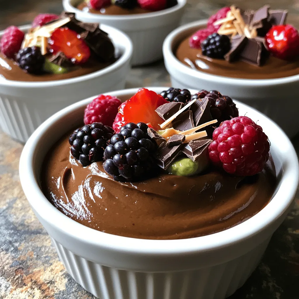 - 2 reife Avocados - 1/3 Tasse ungesüßtes Kakaopulver - 1/4 Tasse Ahornsirup (oder Honig) Die Hauptzutaten sind einfach und nahrhaft. Die reifen Avocados geben der Mousse ihre cremige Textur. Sie sind reich an gesunden Fetten. Das ungesüßte Kakaopulver bringt den schokoladigen Geschmack. Ahornsirup oder Honig sorgt für die nötige Süße. - 1/4 Tasse Mandelmilch (oder Milch nach Wahl) - 1 Teelöffel Vanilleextrakt - Eine Prise Salz Diese zusätzlichen Zutaten machen die Mousse noch besser. Mandelmilch fügt eine sanfte Note hinzu. Vanilleextrakt verstärkt den Geschmack. Eine Prise Salz hebt die Aromen hervor und macht sie lebendiger. - Frische Beeren - Schokoladenspäne Das Garnieren macht Spaß! Frische Beeren bringen Farbe und Frische. Schokoladenspäne sorgen für einen extra Schokoladenspaß. Sie machen das Dessert optisch ansprechend und lecker. Für die vollständige Anleitung und die Zubereitung schauen Sie sich das [Full Recipe] an! - Halbiere die Avocados und entferne die Kerne. - Schöpfe das Fruchtfleisch in einen Mixer. Es ist wichtig, reife Avocados zu wählen. Sie machen die Mousse schön cremig. Wenn die Avocados noch hart sind, wird die Mousse nicht gut. - Füge alle Zutaten hinzu. - Mixe, bis die Mischung glatt ist. Gib das ungesüßte Kakaopulver, den Ahornsirup, die Mandelmilch, den Vanilleextrakt und eine Prise Salz dazu. Mixe alles gut durch. Die Mousse sollte etwa 1-2 Minuten gemixt werden. Kratze dabei die Seiten ab, um alles zu vermischen. - Fülle die Mousse in Schalen. - Kühlzeit und Garnierung. Decke die Schalen mit Frischhaltefolie ab. Lass die Mousse mindestens 30 Minuten im Kühlschrank stehen. So wird sie fest und kühl. Vor dem Servieren kannst du frische Beeren oder Schokoladenspäne als Garnierung verwenden. Das macht die Mousse noch ansprechender! Du findest die vollständige Anleitung in der [Full Recipe]. Um die perfekte Mousse zu machen, vermeiden Sie das Übermixen. Mixen Sie nur so lange, bis alles glatt ist. Wenn Sie die Mousse übermixen, wird sie luftig und verliert die cremige Textur. Passen Sie die Süße an, um den besten Geschmack zu erzielen. Probieren Sie die Mousse während des Mixens. Fügen Sie mehr Ahornsirup oder Honig hinzu, wenn Sie es süßer mögen. Experimentieren Sie mit verschiedenen Süßungsmitteln. Statt Ahornsirup können Sie auch Agavendicksaft verwenden. Dies gibt der Mousse einen anderen Geschmack. Sie können auch Geschmacksvariationen hinzufügen. Espresso oder Nussbutter verleihen der Mousse eine interessante Note. Diese Zutaten passen gut zu Schokolade und machen das Dessert einzigartig. Präsentation ist wichtig! Richten Sie die Mousse in kleinen Schalen oder Ramekins an. Verwenden Sie frische Beeren oder Schokoladenspäne als Garnierung. Kombinieren Sie die Mousse mit anderen Desserts. Sie passt gut zu Keksen oder einer Kugel Eis. Diese Kombinationen machen das Dessert noch köstlicher. Für das vollständige Rezept schauen Sie bitte hier: [Full Recipe]. {{image_4}} Für eine vegane Mousse können Sie Agavendicksaft statt Honig verwenden. Agavendicksaft hat einen milden Geschmack und ist flüssiger. Dies hilft, die Mousse süß und cremig zu halten. Es ist einfach, die Süße anzupassen. Probieren Sie es aus und finden Sie die perfekte Balance. Um die Mousse interessanter zu machen, können Sie Kakao mit Kokosmilch kombinieren. Diese Mischung gibt einen tropischen Flair und ist sehr lecker. Eine andere Möglichkeit ist, Joghurt hinzuzufügen. Joghurt macht die Mousse noch cremiger und bringt eine leichte Säure mit. Es ist eine tolle Ergänzung, die die Textur verbessert. Die Mousse lässt sich wunderbar dekorieren. Verwenden Sie unterschiedliche Toppings wie geröstete Nüsse, Kakaonibs oder frische Minze. Diese machen das Dessert noch ansprechender. Zudem können kreative Serviermethoden den Genuss steigern. Servieren Sie die Mousse in Gläsern oder kleinen Schalen. So sieht es nicht nur schön aus, sondern macht auch Freude beim Essen. Um die Schokoladen-Avocado-Mousse richtig zu lagern, müssen Sie einige Dinge beachten. Die Mousse sollte im Kühlschrank aufbewahrt werden. Der Kühlschrank hält die Mousse kühl und frisch. Verwenden Sie luftdichte Behälter, um sie vor Gerüchen zu schützen. Ein Glas oder ein Plastikbehälter mit Deckel funktioniert gut. Die Mousse bleibt im Kühlschrank etwa drei Tage frisch. Nach dieser Zeit kann sie ihre Konsistenz und ihren Geschmack verlieren. Achten Sie auf Anzeichen von Verderb. Wenn die Mousse an der Oberfläche braun wird oder eine unappetitliche Textur annimmt, sollten Sie sie nicht mehr essen. Sie können die Schokoladen-Avocado-Mousse leicht im Voraus zubereiten. Machen Sie die Mousse einfach einen Tag vorher und lagern Sie sie im Kühlschrank. So hat sie Zeit, gut durchzuziehen. Vor dem Servieren können Sie die Mousse frisch garnieren. Das gibt ihr einen tollen Look. Für das vollständige Rezept, schauen Sie sich die [Full Recipe] an. Die gesamte Vorbereitungs- und Kühlzeit beträgt etwa 40 Minuten. Die Zubereitung selbst dauert nur etwa 10 Minuten. Danach müssen Sie die Mousse mindestens 30 Minuten kühlen, damit sie fest wird. Dies gibt Ihnen genug Zeit, um alles vorzubereiten und die Zutaten zu mischen. Ja, die Mousse ist vegan! Sie verwenden reife Avocados, ungesüßtes Kakaopulver, Ahornsirup und Mandelmilch. Diese Zutaten sind pflanzlich und frei von tierischen Produkten. So können auch Veganer dieses leckere Dessert genießen, ohne auf Geschmack zu verzichten. Ja, die Mousse lässt sich hervorragend im Voraus zubereiten. Sie können sie bis zu zwei Tage im Kühlschrank aufbewahren. Füllen Sie die Mousse einfach in Schalen und decken Sie sie ab. Vor dem Servieren können Sie sie mit frischen Beeren oder Schokoladenspänen dekorieren. So sparen Sie Zeit und haben mehr Platz für andere Vorbereitungen! Schokoladen-Avocado-Mousse ist einfach und lecker. Wir haben über Zutaten, die Zubereitung und geniale Tipps gesprochen. Du lernst, wie du die Mousse perfekt machst und Variationen ausprobieren kannst. Eigene kreative Ideen bringen noch mehr Freude. Denke daran, die Mousse richtig zu lagern, damit sie frisch bleibt. Probiere es aus und genieße dein Dessert! Schokolade und Avocado passen perfekt zusammen. Genieß jede Portion!