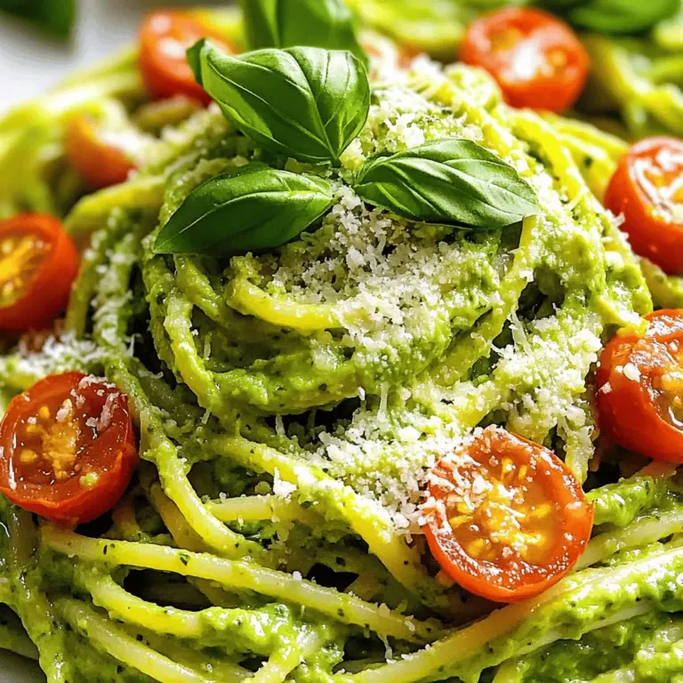 Für die cremige Avocado-Pasta brauchst du folgende Hauptzutaten: - 2 reife Avocados, entkernt und geschält - 2 Knoblauchzehen, fein gehackt - 2 Esslöffel frischer Zitronensaft - 1/4 Tasse frische Basilikumblätter - 1/4 Tasse Olivenöl - Salz und Pfeffer nach Geschmack - 225 g Pasta nach Wahl (Spaghetti oder Fettuccine eignen sich gut) Die Avocados sind der Star dieses Gerichts. Sie bringen eine samtige Textur und gesunde Fette. Knoblauch gibt Geschmack, während Zitronensaft für Frische sorgt. Basilikum bringt ein tolles Aroma und Olivenöl macht alles schön cremig. Zusätzlich zu den Hauptzutaten verwende einfach: - 1/2 Tasse Cherrytomaten, halbiert - 1/4 Tasse geriebener Parmesan (optional zum Garnieren) - Zusätzliche Basilikumblätter zum Garnieren Cherrytomaten fügen eine süße Note hinzu. Parmesan gibt einen würzigen Kick, aber du kannst ihn weglassen, wenn du willst. Die zusätzlichen Basilikumblätter machen die Pasta noch schöner. Du kannst die Pasta nach Belieben anpassen: - Gehackte Nüsse wie Pinienkerne oder Walnüsse - Rucola oder Spinat für mehr Farbe - Chili-Flocken für etwas Schärfe Diese Toppings bringen neuen Geschmack und Textur. Experimentiere, um deine eigene Mischung zu finden. So wird jede Portion einzigartig und lecker. Wenn du mehr über das Rezept erfahren möchtest, schau dir das Full Recipe an. Um die Pasta perfekt zu kochen, beginne mit einem großen Topf. Fülle ihn mit gesalzenem Wasser und bringe es zum Kochen. Ich empfehle, Spaghetti oder Fettuccine zu verwenden. Füge die Pasta hinzu und koche sie gemäß den Anweisungen auf der Verpackung, bis sie al dente ist. Das bedeutet, dass sie noch leicht fest ist. Vergiss nicht, 120 ml des Nudelwassers zu reservieren, bevor du die restliche Pasta abgießt. Jetzt kommt der spaßige Teil: die Avocado-Sauce! Nimm eine Küchenmaschine und füge die reifen Avocados, die fein gehackten Knoblauchzehen, den frischen Zitronensaft, die Basilikumblätter und das Olivenöl hinzu. Püriere alles gut, bis die Mischung cremig und glatt ist. Das gibt deiner Pasta einen tollen Geschmack. Vergiss nicht, mit Salz und Pfeffer abzuschmecken. In einer großen Schüssel vermenge die gekochte Pasta mit der Avocado-Sauce. Wenn die Sauce zu dick ist, füge nach und nach das reservierte Nudelwasser hinzu. Das hilft, die perfekte Konsistenz zu erreichen. Du möchtest, dass die Sauce die Pasta gut umhüllt, aber nicht zu flüssig wird. Jetzt ist es Zeit für die Cherrytomaten! Halbiere sie und mische sie vorsichtig unter die Pasta. So erhältst du einen frischen, saftigen Biss in jeder Gabel. Achte darauf, dass die Tomaten gleichmäßig verteilt sind. Verteile die cremige Avocado-Pasta auf Tellern. Du kannst sie nach Belieben mit geriebenem Parmesan bestreuen. Frische Basilikumblätter machen das Gericht noch schöner. So servierst du ein leckeres und ansprechendes Gericht, das jeder lieben wird. Für das vollständige Rezept, schau dir [Full Recipe] an. Wähle reife Avocados für die beste Sauce. Sie sollten weich sein, aber nicht matschig. Drücke leicht auf die Schale. Wenn sie sanft nachgeben, sind sie bereit. Achte auf die Farbe der Haut. Dunkle Haut bedeutet oft Reife. Vermeide Avocados mit großen, dunklen Flecken. Diese sind meist überreif. Die Sauce sollte glatt und cremig sein. Wenn sie zu dick ist, füge etwas Nudelwasser hinzu. Das reservierte Wasser enthält Stärke, die die Sauce bindet. Mixe die Avocados lange genug, um Luft einzuschließen. Das macht die Sauce fluffig und leicht. Probiere die Sauce und passe den Geschmack an. Mehr Salz oder Zitronensaft kann helfen. Ein häufiger Fehler ist das Überkochen der Pasta. Achte darauf, sie al dente zu kochen. So bleibt die Pasta bissfest. Ein weiterer Fehler ist das falsche Mischen der Sauce. Kombiniere die Sauce mit der Pasta in einer großen Schüssel. So verteilst du sie gleichmäßig. Vergiss nicht, die Cherrytomaten vorsichtig unterzuheben. Sie bringen Farbe und Frische. Für das vollständige Rezept schau dir die [Full Recipe] an. {{image_4}} Wenn du die Sauce anpassen möchtest, gibt es viele Wege. Du kannst zum Beispiel die Avocados mit Spinat oder Erbsen mischen. Diese Zutaten fügen schöne Farben und Nährstoffe hinzu. Du kannst auch frische Kräuter wie Petersilie oder Koriander verwenden. Diese bringen neue Aromen ins Spiel. So bleibt das Gericht frisch und lecker. Möchtest du etwas mehr Protein? Dann füge Hülsenfrüchte hinzu. Kichererbsen sind eine tolle Wahl. Sie passen gut zur Avocado und machen die Sauce noch cremiger. Du kannst auch gegrilltes Hähnchen oder Tofu verwenden. Diese Optionen machen die Pasta nahrhafter und sättigender. Vergiss nicht, die Proteine gut zu würzen. So schmecken sie besser. Für eine glutenfreie Pasta gibt es viele Alternativen. Du kannst Zucchini-Nudeln oder Reisnudeln verwenden. Diese sind leicht und gut verdaulich. Sie nehmen die Sauce gut auf und schmecken fantastisch. Achte beim Kauf der Pasta auf das Etikett. So stellst du sicher, dass sie wirklich glutenfrei ist. So kannst du das Gericht ohne Sorgen genießen. Das Rezept für die cremige Avocado-Pasta ist einfach und schnell. Probiere verschiedene Variationen aus, um neue Geschmäcker zu entdecken! Um die Reste deiner cremigen Avocado-Pasta frisch zu halten, benutze einen luftdichten Behälter. Fülle die Pasta gleich nach dem Essen in den Behälter. So bleibt die Sauce nicht nur frisch, sondern auch cremig. Du kannst die Reste bis zu drei Tage im Kühlschrank aufbewahren. Achte darauf, dass die Avocado nicht braun wird. Ein Spritzer Zitronensaft hilft dabei. Wenn du die Pasta aufwärmen möchtest, gehe vorsichtig vor. Erhitze die Reste in einer Pfanne bei schwacher Hitze. Füge einen kleinen Schuss Wasser oder Olivenöl hinzu, um die Sauce zu rehydrieren. Rühre regelmäßig um, bis die Pasta warm ist. So bleibt die Cremigkeit der Sauce erhalten. Vermeide die Mikrowelle, da diese die Textur der Sauce negativ beeinflussen kann. Im Kühlschrank hält sich deine Avocado-Pasta gut für drei Tage. Wenn du sie länger aufbewahren möchtest, kannst du sie einfrieren. Fülle die Pasta in einen gefriergeeigneten Behälter. Sie kann bis zu drei Monate im Gefrierschrank bleiben. Beachte, dass die Textur beim Auftauen leicht verändert sein kann. Verwende die gefrorene Pasta besser in Aufläufen oder als Füllung für andere Gerichte. Wenn du mehr über die Zubereitung erfahren möchtest, schau dir das [Full Recipe] an. Ja, das geht! Du kannst die Avocado-Pasta im Voraus zubereiten. Koche die Pasta und bereite die Sauce vor. Lagere beides getrennt im Kühlschrank. Wenn du bereit bist zu essen, wärme die Pasta kurz auf. Mische sie dann mit der Sauce. So bleibt die Pasta frisch und die Sauce cremig. Für dieses Rezept empfehle ich Spaghetti oder Fettuccine. Diese Sorten halten die Sauce gut. Du kannst auch andere Sorten wie Penne oder Linguine verwenden. Wähle, was dir am besten gefällt. Frische Pasta bringt noch mehr Geschmack. Ja, die cremige Avocado-Pasta ist gesund! Avocados sind reich an gesunden Fetten. Diese Fette unterstützen dein Herz. Die Pasta liefert dir Energie durch Kohlenhydrate. Außerdem bekommst du Vitamine und Ballaststoffe aus den Tomaten und dem Basilikum. Das Gericht ist lecker und nährstoffreich. Probiere auch den [Full Recipe], um es selbst zu machen! Die cremige Avocado-Pasta ist einfach lecker und gesund. Wir haben die Hauptzutaten und Gewürze betrachtet. Du hast gelernt, wie man die Pasta und Sauce zusammenbringt und mit Cherrytomaten anrichtet. Die Tipps helfen dir, die besten Avocados auszuwählen und häufige Fehler zu vermeiden. Es gibt viele Variationen sowie Aufbewahrungstipps für Reste. Mit diesen Anleitungen und Tricks machst du im Handumdrehen eine großartige Mahlzeit. Die Avocado-Pasta ist vielseitig und wird sicher gut ankommen. Probiere es aus!