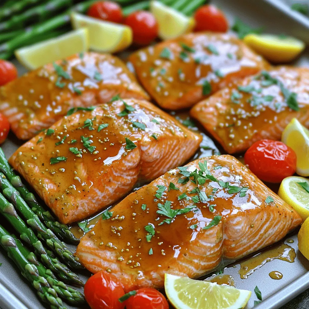 Für dieses Rezept benötigst du die folgenden Hauptzutaten: - 4 Lachsfilets (je etwa 170 g) - 450 g Spargel, geputzt - 150 g Kirschtomaten, halbiert Diese Zutaten sind frisch und lecker. Der Lachs bringt gesunde Fette mit. Der Spargel und die Tomaten sorgen für Farbe und Geschmack. Die Marinade ist der Star dieses Gerichts. Hier sind die Zutaten: - 60 ml reiner Ahornsirup - 45 ml Dijon-Senf - 30 ml Sojasauce (oder Tamari für glutenfrei) - 15 ml Olivenöl - 2 Knoblauchzehen, fein gehackt - 1 Teelöffel frischer Ingwer, gerieben - Salz und Pfeffer nach Geschmack Diese Mischung sorgt für einen süßen und würzigen Geschmack. Der Ahornsirup und der Senf harmonieren perfekt. Ingwer und Knoblauch geben eine tolle Frische. Für die perfekte Präsentation und den Geschmack kannst du folgende Beilagen verwenden: - Zitronenschnitze, zum Servieren - Frische Petersilie, gehackt, zum Garnieren Die Zitronenschnitze bringen eine spritzige Note. Die Petersilie macht das Gericht bunt und frisch. Du kannst die Garnierungen nach Belieben anpassen. Probiere dazu auch das [Full Recipe]. Heize den Ofen auf 200°C vor. Das hilft, den Lachs gleichmäßig zu garen. Lege ein großes Backblech mit Backpapier aus. So wird das Blech leicht sauber. Das Backpapier sorgt dafür, dass nichts kleben bleibt. Nimm eine kleine Schüssel. Gib den reinen Ahornsirup, Dijon-Senf und Sojasauce hinein. Füge das Olivenöl, den gehackten Knoblauch und den geriebenen Ingwer hinzu. Mische alles gut. Du willst eine schmackhafte Marinade, die den Lachs umhüllt. Vergiss nicht, Salz und Pfeffer nach Geschmack hinzuzufügen. Platziere die Lachsfilets auf einer Seite des Backblechs. Bestreiche die Oberseiten großzügig mit der Marinade. Bewahre etwas Marinade für später auf. Auf der anderen Seite des Blechs arrange den geputzten Spargel und die halbierten Kirschtomaten. Beträufle sie mit Olivenöl. Würze sie mit Salz und Pfeffer. Schiebe das Backblech in den Ofen. Backe alles für 15-20 Minuten. Der Lachs sollte leicht zerfallen, wenn du ihn mit einer Gabel anstichst. Nach der Hälfte der Zeit löffelst du etwas von der aufbewahrten Marinade über den Lachs. So bleibt er saftig und lecker. Nach dem Backen lasse alles einige Minuten ruhen, bevor du servierst. Um den perfekten Lachs zuzubereiten, achte auf die Frische. Frischer Lachs hat eine glänzende Haut und einen milden Geruch. Du kannst die Haut auch mit der Marinade anfeuchten. Das hilft, den Lachs saftig zu halten. Backe ihn bei 200°C für 15 bis 20 Minuten. Der Lachs ist fertig, wenn er leicht zerfällt. Verwende eine Gabel, um dies zu prüfen. Die Marinade für den Lachs kann leicht angepasst werden. Wenn du es schärfer magst, füge etwas Chili oder Pfeffer hinzu. Für eine süßere Note, nutze Honig statt Ahornsirup. Du kannst auch frische Kräuter wie Thymian oder Dill hinzufügen. Das gibt dem Gericht eine neue Geschmackstiefe. Probiere verschiedene Kombinationen, um deinen Favoriten zu finden. Zu diesem Lachs passen viele Beilagen. Probiere dazu Kartoffelpüree oder einen frischen Salat. Gemüse wie Brokkoli oder Zucchini sind auch gute Optionen. Serviere alles auf einem großen Teller. Füge frische Zitronenschnitze und Petersilie hinzu. So sieht das Gericht frisch und einladend aus. Diese Präsentation macht dein Essen noch köstlicher. Verwende die [Full Recipe] für mehr Ideen! {{image_4}} Wenn du auf der Suche nach einer vegetarischen Option bist, probiere Tofu oder Tempeh. Diese Produkte nehmen die Marinade gut auf. Schneide sie in gleichmäßige Stücke, damit sie gleichmäßig garen. Lege sie auf das Backblech zusammen mit dem Gemüse. Die Backzeit bleibt gleich. Für einen tollen Geschmack kannst du auch Gemüse wie Zucchini oder Paprika hinzufügen. Wenn du keinen Lachs magst, nutze Kabeljau oder Forelle. Diese Fische sind ebenfalls zart und schmackhaft. Sie garen schnell und nehmen die Marinade gut auf. Achte darauf, die Garzeit zu überprüfen, da sie je nach Fisch variieren kann. Bei dünneren Filets kann die Backzeit kürzer sein. Für glutenfreie Varianten nutze Tamari anstelle von Sojasauce. Diese Sauce hat einen ähnlichen Geschmack und ist perfekt für diese Marinade. Achte darauf, auch glutenfreies Gemüse oder Beilagen zu wählen. Du kannst auch Quinoa oder Reis als Beilage verwenden, um das Gericht zu vervollständigen. Du kannst die Reste von deinem Blechplatte mit Ahorn-Dijon-Lachs in einem luftdichten Behälter aufbewahren. Lass den Lachs und das Gemüse zuerst auf Raumtemperatur abkühlen. Danach stelle den Behälter in den Kühlschrank. So bleiben die Aromen frisch. Um den Lachs und das Gemüse später wieder zu genießen, heize deinen Ofen auf 175°C vor. Lege die Reste auf ein Backblech und decke sie mit Alufolie ab. So bleibt alles saftig. Backe sie für etwa 10 bis 15 Minuten. Du kannst auch die Mikrowelle benutzen. Stelle die Leistung auf mittel und erwärme alles für 2 bis 3 Minuten. Im Kühlschrank hält sich der Lachs etwa 2 bis 3 Tage. Wenn du ihn länger aufbewahren möchtest, friere ihn ein. In einem luftdichten Behälter ist er bis zu 3 Monate haltbar. Achte darauf, ihn gut zu verpacken, damit er nicht austrocknet. Das sorgt dafür, dass du auch später noch eine köstliche Mahlzeit genießen kannst. Man sollte Lachs etwa 15 bis 20 Minuten backen. Die genaue Zeit hängt von der Dicke der Filets ab. Der Lachs ist fertig, wenn er sich leicht mit einer Gabel zerteilen lässt. Wenn du deinen Lachs in den Ofen gibst, achte auf die Temperatur. Bei 200°C wird er schön zart und saftig. Ja, du kannst die Marinade im Voraus zubereiten. Lagere sie in einem luftdichten Behälter im Kühlschrank. So sparst du Zeit und kannst sie einfach verwenden, wenn du bereit bist zu kochen. Es ist sogar besser, die Marinade einige Stunden oder über Nacht ziehen zu lassen. So entwickeln die Aromen mehr Geschmack. Zu Lachs passen viele Beilagen gut. Hier sind einige Vorschläge: - Reis oder Quinoa für eine gesunde Basis - Gebratenes Gemüse für mehr Farbe und Nährstoffe - Kartoffeln, ob püriert oder gebacken - Ein frischer Salat für zusätzliche Frische und Crunch Mit diesen einfachen Antworten bist du gut gerüstet, um dein Gericht zu genießen. Für mehr Details kannst du das vollständige Rezept nachlesen. Um den perfekten Lachs zuzubereiten, haben wir die Hauptzutaten, Gewürze und Beilagen besprochen. Ich habe die Schritte für die Zubereitung erklärt, damit alles einfach gelingt. Sie wissen jetzt, wie man den Lachs richtig zubereitet und lagert. Variationen für Vegetarier und glutenfreie Optionen bieten Flexibilität. Bei Fragen zur Backzeit oder zu passenden Beilagen können Sie nun sicher entscheiden. Kochen macht Spaß und mit diesen Tipps wird Ihr Gericht sicher ein Hit!