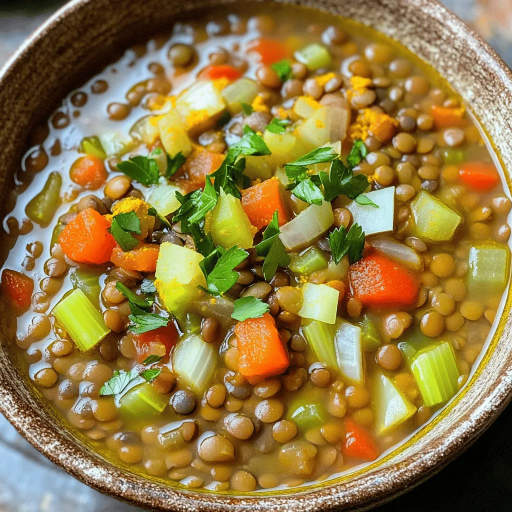 Für die Spiced Lentil Soup brauchst du: - 1 Tasse grüne oder braune Linsen - 1 mittelgroße Zwiebel - 2 Knoblauchzehen Diese Zutaten sind die Basis für einen tollen Geschmack. Linsen sind nahrhaft und geben der Suppe eine schöne Textur. Zwiebeln und Knoblauch bringen Tiefe und Aroma. Wir fügen auch etwas Gemüse und Gewürze hinzu: - 2 Karotten, gewürfelt - 2 Selleriestangen, gewürfelt - Gewürze: Kreuzkümmel, Koriander, Kurkuma Karotten und Sellerie machen die Suppe bunt und gesund. Die Gewürze geben der Suppe einen besonderen Kick. Kreuzkümmel sorgt für eine erdige Note. Koriander und Kurkuma bringen eine feine Frische. Für die Flüssigkeit und den Geschmack brauchst du: - 1 Dose gewürfelte Tomaten - 1,5 Liter Gemüsebrühe - 2 Esslöffel Olivenöl Die Tomaten machen die Suppe reichhaltig und farbenfroh. Gemüsebrühe gibt der Suppe ein herzhaftes Aroma, während das Olivenöl für eine feine, glatte Konsistenz sorgt. Wenn du mehr über die Zubereitung erfahren möchtest, schau dir das [Full Recipe] an. Zuerst schneiden wir die Zwiebel, die Karotten und den Sellerie. Ich nehme eine scharfe Klinge, um gleichmäßige Stücke zu erhalten. Dann bereite ich den Knoblauch vor. Ich schäle die Zehen und hacke sie fein. Frischer Knoblauch bringt viel Geschmack in die Suppe. Jetzt erhitze ich das Olivenöl in einem großen Topf. Ich gebe das geschnittene Gemüse hinein und brate es an. Nach etwa fünf bis sieben Minuten ist das Gemüse weich. Dann füge ich den gehackten Knoblauch hinzu. Ich koche ihn für ein bis zwei Minuten mit. Jetzt sind die Aromen perfekt. Ich streue die Gewürze hinzu und rühre alles gut um. So entfalten sie ihren vollen Geschmack. Jetzt ist es Zeit für die Linsen und die Flüssigkeiten. Ich gebe die gewaschenen Linsen in den Topf. Dann kommen die gewürfelten Tomaten und die Gemüsebrühe dazu. Ich bringe die Mischung zum Kochen und reduziere dann die Hitze. Die Suppe köchelt jetzt für 25 bis 30 Minuten. Ich rühre gelegentlich um, bis die Linsen zart sind. Am Ende schmecke ich die Suppe mit Salz und Pfeffer ab. Wenn sie zu dick ist, füge ich etwas Brühe hinzu. So habe ich eine perfekte Konsistenz. Für die vollständige Anleitung schaue dir das Rezept an: [Full Recipe]. Um die perfekte Konsistenz für deine Spiced Lentil Soup zu finden, musst du die Brühe anpassen. Vor dem Servieren kannst du die Suppe nach Belieben verdünnen. Wenn die Suppe zu dick erscheint, füge einfach mehr Brühe oder Wasser hinzu. Achte darauf, dass die Linsen gut gegart sind, damit sie weich und cremig werden. Um den Geschmack deiner Suppe zu intensivieren, lass sie länger köcheln. Ein langsames Kochen hilft dabei, die Aromen der Gewürze besser zu entfalten. Du kannst auch die Gewürze nach deinem eigenen Geschmack anpassen. Füge mehr Kreuzkümmel oder Paprika hinzu, wenn du es würziger magst. Eine schöne Garnitur macht viel aus. Garniere die Suppe mit frischer Petersilie, um Farbe und Frische zu bringen. Du kannst die Suppe auch mit einem Stück Brot oder einem Salat servieren. Diese Beilagen passen gut zur Linsensuppe und machen die Mahlzeit noch sättigender. Für das vollständige Rezept klicke auf [Full Recipe]. {{image_4}} Für eine vegetarische oder vegane Linsensuppe kann man einfach einige Zutaten ersetzen. Statt Fleisch kannst du Tofu oder Tempeh verwenden. Diese sind tolle Fleischersatzprodukte. Sie fügen Proteine hinzu und machen die Suppe herzhaft. Du kannst auch verschiedene Brühen verwenden. Gemüsebrühe ist eine gute Wahl. So bleibt die Suppe vegan. Außerdem kannst du auch mehr Gemüse hinzufügen. Zucchini oder Spinat passen gut. Die Gewürze machen die Suppe besonders. Du kannst zusätzliche Gewürze hinzufügen. Zum Beispiel, frischen Ingwer oder Zitronenmelisse. Sie geben der Suppe einen neuen Geschmack. Wenn du es schärfer magst, füge mehr Cayennepfeffer hinzu. Du kannst auch Chili oder Pfeffer verwenden. Je nach deinem Geschmack kannst du die Schärfe anpassen. Linsensuppe gibt es in vielen Ländern. In Indien findest du Dal, das ist eine Linsensuppe mit vielen Gewürzen. In der Türkei gibt es rote Linsensuppe, die oft püriert wird. Du kannst mit diesen Ideen spielen. Zudem kannst du auch internationale Rezepte ausprobieren. So erhältst du immer neue Geschmäcker. Lass deiner Kreativität freien Lauf und entdecke die Vielfalt. Für das komplette Rezept siehe [Full Recipe]. Um die Suppe frisch zu halten, kühle sie schnell ab. Gieße sie in einen flachen Behälter. So bleibt die Suppe länger kühl. Du kannst auch kleine Portionen in Behältern aufbewahren. Das macht das Aufwärmen einfach. Wenn du die Suppe einfrieren möchtest, lasse sie zuerst ganz abkühlen. Fülle sie dann in gefriergeeignete Behälter oder Beutel. Vergiss nicht, das Datum aufzuschreiben. So weißt du, wann du sie gemacht hast. Linsensuppe hält sich gut im Kühlschrank. Sie bleibt etwa drei bis fünf Tage frisch. Vor dem Servieren erhitze die Suppe gut. Das sorgt für einen warmen und leckeren Geschmack. Hast du Reste? Nutze sie in anderen Gerichten! Du kannst die Suppe in Eintöpfen oder Saucen verwenden. Auch als Füllung für Wraps oder Tacos ist sie super. Sei kreativ! Mische die Suppe mit Reis oder Quinoa für eine neue Mahlzeit. Du kannst auch Gemüse hinzufügen, das du noch hast. So gibst du den Resten eine neue Chance. Linsensuppe bleibt frisch im Kühlschrank für etwa 4 bis 5 Tage. Achte darauf, die Suppe in einem luftdichten Behälter aufzubewahren. So bleibt der Geschmack erhalten. Wenn du die Suppe länger aufbewahren möchtest, friere sie ein. Im Gefrierfach hält sie bis zu 3 Monate. Ja, das Einweichen der Linsen über Nacht hat Vorteile. Es macht die Linsen weicher und verkürzt die Kochzeit. Dadurch sparst du Zeit beim Kochen. Das Einweichen hilft auch, die Nährstoffe besser aufzunehmen. Du kannst Linsensuppe mit vielen Beilagen servieren. Frisches Brot ist eine tolle Wahl. Auch Salate oder Quinoa passen gut dazu. Für einen besonderen Touch, serviere die Suppe mit einem Klecks Joghurt oder frischen Kräutern. Ja, Linsensuppe ist sehr gesund. Sie enthält viele Ballaststoffe, die gut für die Verdauung sind. Linsen sind reich an Proteinen, was sie zu einer tollen Proteinquelle macht. Außerdem liefern sie wichtige Vitamine und Mineralstoffe. Linsensuppe ist somit eine nahrhafte und sättigende Mahlzeit. Die Linsensuppe ist einfach zuzubereiten und sehr nahrhaft. Wir haben die Hauptzutaten, die Zubereitung und viele nützliche Tipps durchgegangen. Du kannst Variationen ausprobieren, die deinen Geschmack treffen. Vergiss nicht, die Suppe richtig zu lagern und auch Reste kreativ zu nutzen. Linsensuppe ist nicht nur lecker, sondern auch gesund. Damit holst du dir viel Geschmack und Nährstoffe auf den Tisch. Probiere es aus und genieße dein Gericht!