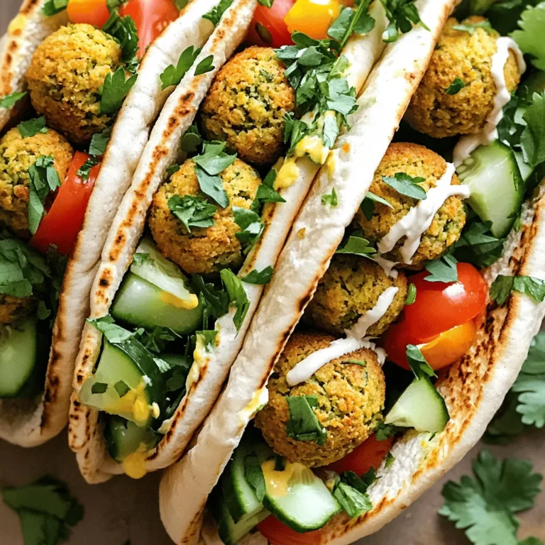 Für die knusprigen Falafel benötigst du folgende Zutaten: - 1 Tasse getrocknete Kichererbsen (über Nacht eingeweicht) - 1 kleine Zwiebel, gewürfelt - 3 Knoblauchzehen, fein gehackt - 1/4 Tasse frische Petersilie, gehackt - 1/4 Tasse frischer Koriander, gehackt - 1/2 Teelöffel Backpulver - Salz und Pfeffer nach Geschmack Diese Zutaten sind die Basis für die Falafel. Die Kichererbsen geben dir die richtige Textur. Zwiebeln und Knoblauch sorgen für einen tollen Geschmack. Petersilie und Koriander bringen frische Aromen. Für die leckere Füllung der Pitas kannst du folgende frische Zutaten verwenden: - 4 Fladenbrote - Frisches Gemüse (Tomaten, Gurken, Kopfsalat) - Tahini- oder Joghurtsoße zum Servieren Das Gemüse macht die Pitas bunt und knackig. Die Soße sorgt für Extra-Geschmack. Du kannst hier auch kreativ sein und dein Lieblingsgemüse auswählen. Gewürze sind der Schlüssel zu jedem guten Gericht. Hier sind die Gewürze, die du brauchst: - 2 Teelöffel gemahlener Kreuzkümmel - 1 Teelöffel gemahlener Koriander - 3 Esslöffel Olivenöl (plus mehr zum Beträufeln) Kreuzkümmel und Koriander geben den Falafeln ihre besondere Note. Olivenöl sorgt für eine knusprige Oberfläche. Du kannst auch mehr Öl verwenden, um die Falafel noch krosser zu machen. Für das vollständige Rezept kannst du den Abschnitt [Full Recipe] aufrufen. Um die Kichererbsen vorzubereiten, beginne mit getrockneten Kichererbsen. Du solltest sie über Nacht in Wasser einweichen. Das macht sie weich und erleichtert das Mischen. Am nächsten Tag spüle sie gut ab. Das ist wichtig, um überschüssige Stärke zu entfernen. Jetzt kommt der spannende Teil! Gib die eingeweichten Kichererbsen, gewürfelte Zwiebel, gehackten Knoblauch, Petersilie und Koriander in eine Küchenmaschine. Füge die Gewürze hinzu: Kreuzkümmel, gemahlener Koriander, Backpulver sowie Salz und Pfeffer. Pulse die Mischung, bis sie gut vermischt, aber noch etwas grob ist. Achte darauf, die Mischung nicht zu pürieren, damit die Falafel eine schöne Textur haben. Forme kleine Bällchen oder Patties aus der Mischung. Sie sollten etwa 4 cm groß sein. Lege sie auf ein mit Backpapier ausgelegtes Backblech. Beträufle sie mit etwas Olivenöl. Jedes Stück sollte leicht benetzt sein, damit sie schön knusprig werden. Heize den Ofen auf 200°C vor. Backe die Falafel 25 bis 30 Minuten lang. Wende sie nach der Hälfte der Zeit, damit sie gleichmäßig braun werden. Sie sollten goldbraun und knusprig sein. Während die Falafel backen, kannst du die Pita-Taschen vorbereiten. Erwärme die Fladenbrote für die letzten 5 Minuten im Ofen. Sobald die Falafel fertig sind, schneide die Pitas auf. Fülle sie mit frischem Gemüse und den knusprigen Falafeln. Zum Schluss kannst du deine Pitas mit Tahini- oder Joghurtsoße beträufeln. Das gibt einen extra köstlichen Geschmack. Für die vollständige Anleitung, schau dir das Rezept für Crispy Baked Falafel Pitas an. Um deine Falafel perfekt knusprig zu bekommen, achte auf diese Tipps: - Eingeweichte Kichererbsen: Verwende immer getrocknete Kichererbsen, die du über Nacht einweichst. Frisch gekochte Kichererbsen machen die Mischung zu feucht. - Weniger ist mehr: Verarbeite die Mischung in der Küchenmaschine nur kurz. Sie sollte grob bleiben, damit die Falafel nicht zusammenfallen. - Olivenöl: Beträufle die Falafel gut mit Olivenöl, bevor du sie backst. So wird die Außenhaut schön knusprig. - Hohe Temperatur: Backe die Falafel bei 200°C für die beste Textur. Die Hitze sorgt für einen schönen Goldton. Es gibt einige häufige Fehler, die du bei der Zubereitung von Falafel vermeiden solltest: - Zu feuchte Mischung: Achte darauf, dass die Mischung nicht zu nass ist. Das führt zu matschigen Falafeln. - Zu dicke Patties: Mache die Falafel nicht zu dick. Dünnere Patties backen gleichmäßiger und werden knuspriger. - Nicht genug Gewürze: Falafel braucht Geschmack. Schmecke die Mischung gut ab, bevor du sie formst. Es gibt viele tolle Möglichkeiten, wie du deine Crispy Baked Falafel Pitas servieren kannst: - Frisches Gemüse: Fülle deine Pitas mit knackigen Tomaten, Gurken und Kopfsalat. - Dip-Optionen: Serviere sie mit einer Tahini- oder Joghurtsoße für extra Geschmack. - Kräuter: Frische Kräuter wie Petersilie oder Koriander passen wunderbar dazu und bringen mehr Frische. - Beilagen: Du kannst auch eine bunte Salatplatte daneben stellen. Das macht das Essen noch schöner. Für das vollständige Rezept, schau dir die Anleitung in der [Full Recipe] an. {{image_4}} Für vegane und glutenfreie Falafel sind die Zutaten einfach anzupassen. Die Kichererbsen sind von Natur aus vegan und glutenfrei. Achte darauf, glutenfreies Pita-Brot zu wählen oder verwende Salatblätter als Wrap. Du kannst auch Quinoa oder Reis als Füllung nutzen. Diese Optionen bieten einen tollen Geschmack und sind nährstoffreich. So kannst du sicher sein, dass alle genießen können. Um deinen Falafel einen besonderen Kick zu geben, probiere verschiedene Gewürze aus. Füge etwas Paprika oder Cayennepfeffer hinzu, um es schärfer zu machen. Zimt oder Muskatnuss können einen warmen, süßen Geschmack verleihen. Experimentiere mit frischen Kräutern wie Dill oder Minze für neue Aromen. Diese kleinen Änderungen machen deine Falafel einzigartig und spannend. Wenn du kein Pita-Brot magst, gibt es viele Alternativen. Fladenbrot oder Tortillas sind ebenfalls großartig. Du kannst auch Gemüse wie Zucchini oder Auberginen verwenden, um deine Falafel zu umwickeln. Diese Alternativen sind gesund und lecker. Sie geben jedem Biss eine besondere Note. Probiere sie aus und finde deine Lieblingskombination. Für die vollständige Zubereitung und genaue Mengen, schau dir das [Full Recipe] an. Um die Falafel frisch zu halten, lege sie in einen luftdichten Behälter. Du kannst sie auch in Backpapier wickeln, bevor du sie in den Behälter legst. So bleibt die Knusprigkeit erhalten. Stelle den Behälter in den Kühlschrank. Bei richtiger Lagerung bleiben die Falafel bis zu vier Tage frisch. Die Pita-Brote sind am besten, wenn du sie frisch isst. Wenn du sie jedoch aufbewahren musst, lege sie in eine Tüte. So bleiben sie weich. Sie sind bis zu drei Tage haltbar. Achte darauf, dass sie nicht austrocknen. Um die Falafel wieder knusprig zu machen, lege sie in den Ofen. Heize den Ofen auf 180°C vor. Backe sie für etwa 10 Minuten. So werden sie wieder schön warm und knusprig. Du kannst auch eine Pfanne verwenden. Erhitze sie dort bei mittlerer Hitze für einige Minuten. Die Pitas kannst du ebenfalls im Ofen oder in einer Pfanne erwärmen. So schmecken sie wie frisch gebacken. Um perfekte Falafel zu machen, beginne mit getrockneten Kichererbsen. Weiche sie über Nacht ein. Verwende eine Küchenmaschine, um die Kichererbsen, Zwiebeln, Knoblauch, Petersilie und Koriander zu mischen. Achte darauf, die Mischung nicht zu pürieren. Sie sollte grob und texturiert bleiben. Forme kleine Bällchen oder Patties und backe sie dann bei 200°C für 25-30 Minuten. Dies ergibt eine knusprige Außenseite und eine weiche Innenseite. Ja, Falafel sind gesund! Sie bestehen aus Kichererbsen, die reich an Ballaststoffen und Proteinen sind. Diese Nährstoffe fördern die Verdauung und helfen, den Blutzuckerspiegel stabil zu halten. Außerdem enthalten sie frische Kräuter, die Antioxidantien bieten. Wenn du sie im Ofen backst, anstatt sie zu frittieren, verwendest du weniger Öl und machst sie noch gesünder. Ja, du kannst die Falafel im Voraus zubereiten. Du kannst die Mischung für die Falafel bis zu zwei Tage im Kühlschrank aufbewahren. Forme die Bällchen oder Patties und lagere sie in einem luftdichten Behälter. Wenn du bereit bist, sie zu essen, backe sie einfach frisch. Du kannst auch übrig gebliebene Falafel im Kühlschrank lagern und später aufwärmen. Diese Anleitung hat dir gezeigt, wie du köstliche Falafel zubereitest. Wir haben die Hauptzutaten und die Zubereitungsschritte besprochen. Zudem gab es hilfreiche Tipps, um die Falafel perfekt hinzubekommen. Variationen und Lagerung wurden ebenfalls behandelt. Wenn du diese Schritte befolgst, wirst du immer leckere Falafel genießen. Probiere verschiedene Variationen aus und finde deinen Favoriten. Falafel sind nicht nur lecker, sie sind auch gesund und einfach zuzubereiten. Mach dich ans Werk und kreiere dein eigenes Gericht!