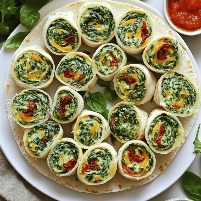 Um leckere Cheesy Spinach Pinwheels zuzubereiten, benötigst du folgende Hauptzutaten: - 1 große Weizentortilla - 1 Tasse frischer Spinat, gehackt - 1 Tasse Frischkäse, weich - 1 Tasse geriebener Mozzarella-Käse - 1/2 Tasse geriebener Parmesan-Käse - 1/4 Tasse getrocknete Tomaten, fein gehackt - 1 Teelöffel Knoblauchpulver - 1 Teelöffel Zwiebelpulver - Salz und Pfeffer nach Geschmack Diese Zutaten bilden die Basis der Pinwheels. Der Spinat gibt einen frischen Geschmack, während die Käsesorten für die nötige Cremigkeit sorgen. Du kannst die Pinwheels ganz einfach anpassen. Hier sind ein paar zusätzliche Zutaten: - Paprika, gewürfelt - Oliven, gehackt - Hähnchenbrust, gekocht und zerkleinert - Avocado, in Scheiben Diese Zutaten bringen neue Aromen in dein Gericht. Du kannst sie nach deinem Geschmack hinzufügen. Wenn du verschiedene Käse ausprobieren möchtest, sind hier einige Optionen: - Cheddar-Käse - Feta-Käse - Gouda-Käse Jeder Käse bringt einen eigenen Charakter in die Pinwheels. Experimentiere mit verschiedenen Käsesorten, um deine Lieblingskombination zu finden. Du kannst mehr über die Zubereitung in der Full Recipe erfahren. Zuerst lege alle Zutaten bereit. Du brauchst: - 1 große Weizentortilla - 1 Tasse frischer Spinat, gehackt - 1 Tasse Frischkäse, weich - 1 Tasse geriebener Mozzarella-Käse - 1/2 Tasse geriebener Parmesan-Käse - 1/4 Tasse getrocknete Tomaten, fein gehackt - 1 Teelöffel Knoblauchpulver - 1 Teelöffel Zwiebelpulver - Salz und Pfeffer nach Geschmack - Optional: 1 Esslöffel frisches Basilikum, gehackt zur Garnitur Stelle sicher, dass der Spinat gut gewaschen und gehackt ist. Der Frischkäse sollte weich sein, damit sich alles gut vermengen lässt. Nimm eine große Schüssel. Mische darin den Frischkäse, Mozzarella, Parmesan, Spinat und die getrockneten Tomaten. Rühre alles gut um, bis eine cremige Füllung entsteht. Füge das Knoblauchpulver, Zwiebelpulver, Salz und Pfeffer hinzu. Das gibt der Mischung einen tollen Geschmack. Rühre weiter, bis alles gut vermischt ist. Jetzt kommt der spaßige Teil! Lege die Weizentortilla auf ein großes Schneidebrett. Verteile die Füllung gleichmäßig auf der Tortilla. Lass einen kleinen Rand an den Rändern frei. Beginne an einer Kante und rolle die Tortilla fest auf. Achte darauf, dass die Füllung nicht herausquillt. Wenn du die Tortilla gerollt hast, nimm ein scharfes Messer. Schneide die Pinwheels in Stücke von etwa 2,5 cm. Lege die Pinwheels auf einen Servierteller. Du kannst sie auch mit frischem Basilikum garnieren, wenn du magst. Für die komplette Anleitung, siehe [Full Recipe]. Für die perfekte Füllung ist die Mischung wichtig. Du musst Frischkäse, Mozzarella und Parmesan gut vermengen. Achte darauf, dass der Frischkäse weich ist. Das macht die Füllung cremiger und leichter zu verteilen. Gib frischen Spinat und getrocknete Tomaten hinzu. Diese Zutaten bringen Geschmack und Farbe. Knoblauchpulver und Zwiebelpulver runden das Ganze ab. Probiere, die Mischung gleichmäßig auf die Tortilla zu streichen. So bleibt alles fest zusammen, wenn du die Tortilla rollst. Ein häufiger Fehler ist, zu viel Füllung zu verwenden. Wenn du die Tortilla überfüllst, kann sie reißen. Lass auch einen kleinen Rand an den Seiten frei. So bleibt der Inhalt beim Rollen sicher. Ein weiterer Fehler ist, die Pinwheels zu dick zu schneiden. Halte die Stücke etwa 2,5 cm dick. Das sorgt für eine schöne Portion und ein gutes Mundgefühl. Wenn du die Pinwheels zu lange backst, können sie trocken werden. Achte darauf, sie nur kurz zu backen, wenn du das möchtest. Präsentation ist wichtig. Serviere die Pinwheels kreisförmig auf einem großen Teller. So sehen sie einladend aus. Du kannst auch einen Dip dazu reichen, zum Beispiel Marinara oder Ranch-Dressing. Das bietet eine schöne Abwechslung. Für mehr Farbe streue frisches Basilikum darüber. Das macht die Pinwheels noch appetitlicher. Denk daran, dass die Optik den ersten Eindruck macht. Schöne Platten machen das Essen noch besser! {{image_4}} Wenn du die Cheesy Spinach Pinwheels noch mehr aufpeppen möchtest, kannst du sie ganz einfach vegetarisch gestalten. Füge zum Beispiel einige gegrillte Paprika oder Zucchini hinzu. Diese Gemüse geben Geschmack und Farbe. Auch Avocado passt gut dazu. Die cremige Textur macht die Pinwheels noch köstlicher. Du kannst sogar schwarze Oliven oder Artischocken verwenden, um den Geschmack zu variieren. Für einen würzigeren Geschmack kannst du etwas scharfen Käse verwenden. Füge zum Beispiel Pepper Jack Käse hinzu. Auch Jalapeños sind eine tolle Wahl. Diese Zutaten bringen einen kickenden Geschmack. Wenn du es noch würziger magst, kannst du einen Teelöffel Chili-Pulver oder Cayennepfeffer zur Füllung geben. So wird jede Biss ein echtes Geschmackserlebnis! Nutze saisonale Zutaten für besondere Anlässe. Im Frühling kannst du frischen Spargel oder Erbsen hinzufügen. Im Herbst passen Kürbis oder Süßkartoffeln gut zu den Pinwheels. Diese Zutaten sind nicht nur lecker, sondern auch gesund. Sie bringen neue Aromen in dein Gericht. Experimentiere mit frischen Kräutern wie Thymian oder Rosmarin. So machst du deine Pinwheels einzigartig und passend zur Saison. Für das vollständige Rezept und mehr Details besuche die [Full Recipe]. Um die Cheesy Spinach Pinwheels frisch zu halten, lege sie in einen luftdichten Behälter. Stelle sicher, dass der Behälter gut verschlossen ist. So bleiben die Aromen und die Textur erhalten. Lagere die Pinwheels im Kühlschrank, wo sie bis zu drei Tage frisch bleiben. Wenn du die Pinwheels länger aufbewahren möchtest, friere sie ein. Schneide die Pinwheels in Stücke, wie im Rezept beschrieben. Lege sie in eine einzelne Schicht auf ein Backblech und friere sie für etwa zwei Stunden ein. Danach kannst du sie in einen Gefrierbeutel umfüllen. So kleben sie nicht zusammen. Diese eingefrorenen Pinwheels halten bis zu drei Monate. Die Haltbarkeit der Cheesy Spinach Pinwheels hängt von der Lagerung ab. Im Kühlschrank sind sie bis zu drei Tage gut. Achte darauf, dass du sie vor dem Verzehr auf ihre Frische überprüfst. Bei eingefrorenen Pinwheels kannst du sie direkt aus dem Gefrierfach nehmen und im Ofen oder in der Mikrowelle erwärmen. So sind sie schnell wieder bereit zum Genießen. Cheesy Spinach Pinwheels bleiben gut bis zu drei Tage im Kühlschrank. Stelle sicher, dass du sie in einem luftdichten Behälter aufbewahrst. So bleiben sie frisch und lecker. Wenn du sie länger aufbewahren möchtest, friere sie ein. Sie halten sich bis zu zwei Monate im Gefrierfach. Achte darauf, sie gut zu verpacken, damit sie nicht austrocknen. Ja, du kannst die Pinwheels im Voraus zubereiten. Du kannst sie bis zu einen Tag vorher rollen und im Kühlschrank lagern. Das hilft, die Aromen zu verbinden. Achte darauf, sie gut einzuwickeln, damit sie nicht austrocknen. Wenn du sie später servieren möchtest, schneide sie einfach und richte sie an. Du kannst sie auch gefroren zubereiten und bei Bedarf auftauen. Zu Cheesy Spinach Pinwheels passen viele Dips. Beliebte Optionen sind: - Marinara-Dip - Ranch-Dressing - Knoblauch-Dip - Joghurt-Dip mit frischen Kräutern Diese Dips ergänzen die cremige Füllung perfekt. Du kannst auch deinen eigenen Dip kreieren, um den Geschmack zu variieren. Cheesy Spinach Pinwheels sind einfach und lecker. Wir haben die Hauptzutaten, Variationen und alternative Käseoptionen besprochen. Die Schritt-für-Schritt-Anleitung macht es leicht, die Pinwheels selbst zu machen. Denken Sie an die Tipps, um die perfekte Füllung zu erreichen und Fehler zu vermeiden. Lagern oder frieren Sie diese Snacks für später ein, um ihre Frische zu bewahren. Experimentieren Sie mit verschiedenen Variationen und Dips für mehr Spaß. Diese leckeren Häppchen sind vielseitig und immer ein Hit!