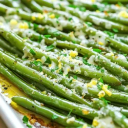 Für die perfekten gerösteten Knoblauch-Parmesan-Grünen Bohnen benötigst du: - 450 g frische grüne Bohnen, geputzt - 4 Knoblauchzehen, fein gehackt - 2 Esslöffel Olivenöl - 1/2 Teelöffel Salz - 1/4 Teelöffel schwarzer Pfeffer - 50 g geriebener Parmesan - 1 Teelöffel Zitronenschale - 1 Esslöffel frischer Zitronensaft - 1 Esslöffel frisch gehackte Petersilie (zum Garnieren) Jede Zutat hat ihre eigene Rolle. Die grünen Bohnen geben einen knackigen Biss. Der Knoblauch bringt einen tollen Geschmack. Das Olivenöl hilft beim Rösten und der Parmesan sorgt für eine würzige Note. Du kannst auch andere Zutaten hinzufügen, um den Geschmack zu variieren: - Chili-Flocken für Schärfe - geröstete Mandeln für einen Crunch - Balsamico-Essig für eine süß-saure Note - frische Kräuter wie Thymian oder Rosmarin Diese Optionen geben deiner Beilage eine persönliche Note. Experimentiere mit den Zutaten und finde deinen Favoriten. Falls du spezielle Diätbedürfnisse hast, gibt es Alternativen: - Verwende glutenfreien Parmesan oder nutritional yeast für eine vegane Option. - Nutze Kokosnussöl statt Olivenöl für einen anderen Geschmack. - Ersetze die grünen Bohnen durch Zucchini oder Spargel für Abwechslung. So kannst du das Rezept an deine Bedürfnisse anpassen, ohne auf den köstlichen Geschmack zu verzichten. Schau dir die Full Recipe an, um alles zusammenzustellen! Zuerst benötigen wir frische grüne Bohnen. Putzen Sie sie gut und schneiden Sie die Enden ab. Dann nehmen Sie eine große Schüssel. Fügen Sie die Bohnen, den fein gehackten Knoblauch, das Olivenöl, das Salz und den schwarzen Pfeffer dazu. Mischen Sie alles gut, bis die Bohnen gleichmäßig mit der Marinade überzogen sind. Diese Marinade gibt den Bohnen viel Geschmack. Heizen Sie Ihren Ofen auf 220°C vor. Legen Sie die marinierten Bohnen gleichmäßig auf ein Backblech. Achten Sie darauf, dass sie in einer einzigen Schicht liegen. So rösten sie gleichmäßig. Rösten Sie die Bohnen für 15 bis 20 Minuten. Nach der Hälfte der Zeit rühren Sie die Bohnen um. Das sorgt für eine gleichmäßige Röstung. Wenn die Bohnen zart und leicht knusprig sind, sind sie fertig. Nehmen Sie das Backblech aus dem Ofen. Streuen Sie den geriebenen Parmesan über die heißen Bohnen. Mischen Sie vorsichtig, damit der Käse schmelzen kann. Träufeln Sie dann den Zitronensaft darüber und streuen Sie die Zitronenschale. Mischen Sie alles nochmals gut durch. Zum Schluss garnieren Sie die Bohnen mit frischer Petersilie. Servieren Sie die Bohnen auf einem schönen Teller. So sieht Ihr Gericht toll aus. Für das gesamte Rezept schauen Sie sich die Full Recipe an. Um die besten gerösteten Bohnen zu bekommen, heize deinen Ofen auf 220°C vor. Diese hohe Temperatur macht die Bohnen außen knusprig und innen zart. Röste die Bohnen für 15 bis 20 Minuten. Nach 10 Minuten solltest du sie umdrehen. So bräunen sie gleichmäßig. Achte gut auf die Farben. Wenn sie leicht goldbraun sind, sind sie perfekt! Du kannst das Rezept leicht anpassen. Probiere zum Beispiel, ein paar Chilis hinzuzufügen, wenn du es scharf magst. Für mehr Geschmack, füge auch geröstete Nüsse wie Mandeln oder Walnüsse hinzu. Wenn du keinen Parmesan hast, versuche es mit Feta oder einem anderen Käse. Es ist wichtig, kreativ zu sein und deinen eigenen Geschmack zu finden. Ein häufiger Fehler ist, die Bohnen zu dicht auf das Blech zu legen. Wenn sie zu nah beieinander liegen, garen sie nicht gleichmäßig. Achte darauf, dass die Bohnen ausreichend Platz haben. Ein weiterer Fehler ist das Vergessen, sie während des Röstens zu wenden. Das sorgt für eine gleichmäßige Röstung. Halte auch die Röstzeit im Auge. Zu lange Rösten kann sie trocken machen. Folge diesen Tipps, um perfekte geröstete Knoblauch-Parmesan-Grüne Bohnen zu machen! {{image_4}} Die gerösteten Knoblauch-Parmesan-Grünen Bohnen sind großartig, aber du kannst auch andere Gemüsesorten verwenden. Zum Beispiel, versuche Brokkoli oder Spargel. Diese Gemüsesorten bringen ihre eigene Textur und Geschmack. Sie können auf die gleiche Weise zubereitet werden. Die Röstzeit kann etwas variieren, also achte darauf, dass sie zart und leicht knusprig sind. Du kannst auch Karotten oder Zucchini probieren. Diese Variationen sind lecker und bringen Abwechslung auf deinen Teller. Parmesan ist wunderbar, aber du kannst auch mit anderen Käsesorten experimentieren. Feta bringt einen salzigen Kick. Cheddar fügt einen kräftigen Geschmack hinzu. Mozzarella macht das Gericht besonders cremig. Streue den Käse einfach nach dem Rösten über die Bohnen. Lass ihn leicht schmelzen, um eine köstliche Mischung zu erzielen. Denke daran, die Menge anzupassen, je nachdem, wie stark der Käse schmecken soll. Für glutenfreie Optionen ist dieses Rezept bereits geeignet. Achte darauf, dass der Käse glutenfrei ist, wenn du ihn verwendest. Wenn du eine vegane Variante möchtest, ersetze den Käse durch Hefeflocken. Diese geben einen nussigen Geschmack. Du kannst auch vegane Käsesorten verwenden, die auf Nüssen basieren. Diese Anpassungen machen das Gericht für jeden geeignet. So kannst du die Aromen genießen, egal welche Diät du verfolgst. Um die Reste der gerösteten Knoblauch-Parmesan-Grünen Bohnen gut zu lagern, lege sie in einem luftdichten Behälter. Achte darauf, dass die Bohnen vollständig abgekühlt sind, bevor du sie verschließt. So bleiben sie frisch und behalten ihren Geschmack. Diese einfache Methode schützt die Bohnen vor dem Austrocknen. Wenn du die Bohnen wieder aufwärmen möchtest, kannst du das einfach in der Mikrowelle tun. Stelle die Bohnen in eine mikrowellengeeignete Schüssel und decke sie ab. Erhitze sie in kurzen Intervallen von etwa 30 Sekunden. So vermeidest du, dass sie matschig werden. Alternativ kannst du sie im Ofen auf 180°C für etwa 10 Minuten aufwärmen. Das gibt ihnen wieder etwas Knusprigkeit. Die gerösteten Bohnen sind im Kühlschrank etwa 3 bis 4 Tage haltbar. Achte darauf, den Behälter gut zu verschließen. Wenn du sie länger aufbewahren möchtest, kannst du sie auch einfrieren. So bleiben sie bis zu 3 Monate frisch. Stelle sicher, dass du sie in einem gefrierfesten Behälter oder Beutel aufbewahrst. Um die Bohnen knuspriger zu machen, achte auf die Röstzeit. Röste sie für 20 bis 25 Minuten. Rühre die Bohnen in der Mitte der Röstzeit um. So werden sie gleichmäßig knusprig. Nutze auch frische Bohnen, da sie mehr Wasser enthalten. Weniger Wasser bedeutet mehr Knusprigkeit. Eine weitere Möglichkeit ist, die Bohnen in einer dünnen Schicht auf dem Backblech zu verteilen. Wenn sie sich berühren, dampfen sie und werden nicht knusprig. Ja, du kannst die grünen Bohnen im Voraus zubereiten. Bereite die Bohnen bis zum Rösten vor. Mische sie mit Knoblauch, Öl, Salz und Pfeffer. Lege die Mischung in den Kühlschrank. So bleiben die Aromen frisch. Röste sie dann einfach, wenn du sie brauchst. Sie sind in 20 Minuten fertig. Das spart Zeit, wenn du Gäste hast oder eine schnelle Beilage brauchst. Geröstete Knoblauch-Parmesan-Grüne Bohnen passen gut zu vielen Gerichten. Sie ergänzen Hähnchen, Fisch oder Steak. Du kannst sie auch mit Reis oder Quinoa servieren. Ein frischer Salat ist ebenfalls eine gute Wahl. Diese Bohnen fügen jedem Gericht Farbe und Geschmack hinzu. Probiere verschiedene Kombinationen aus, um dein perfektes Menü zu finden. Für das volle Rezept, schau dir die [Full Recipe] an. Geröstete Knoblauch-Parmesan-Grüne Bohnen sind einfach zuzubereiten und lecker. Wir haben die besten Zutaten und Schritte für die Zubereitung besprochen. Ich habe auch Tipps gegeben, um Fehler beim Rösten zu vermeiden. Variationen bieten neue Ideen für jeden Geschmack. Richtiges Lagern hilft, Reste frisch zu halten. Egal, ob du eine Beilage oder etwas Neues für dein Gemüse suchst, dieses Rezept ist großartig. Probier es aus und finde deine eigene Lieblingsversion!