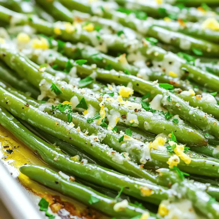 Für die perfekten gerösteten Knoblauch-Parmesan-Grünen Bohnen benötigst du: - 450 g frische grüne Bohnen, geputzt - 4 Knoblauchzehen, fein gehackt - 2 Esslöffel Olivenöl - 1/2 Teelöffel Salz - 1/4 Teelöffel schwarzer Pfeffer - 50 g geriebener Parmesan - 1 Teelöffel Zitronenschale - 1 Esslöffel frischer Zitronensaft - 1 Esslöffel frisch gehackte Petersilie (zum Garnieren) Jede Zutat hat ihre eigene Rolle. Die grünen Bohnen geben einen knackigen Biss. Der Knoblauch bringt einen tollen Geschmack. Das Olivenöl hilft beim Rösten und der Parmesan sorgt für eine würzige Note. Du kannst auch andere Zutaten hinzufügen, um den Geschmack zu variieren: - Chili-Flocken für Schärfe - geröstete Mandeln für einen Crunch - Balsamico-Essig für eine süß-saure Note - frische Kräuter wie Thymian oder Rosmarin Diese Optionen geben deiner Beilage eine persönliche Note. Experimentiere mit den Zutaten und finde deinen Favoriten. Falls du spezielle Diätbedürfnisse hast, gibt es Alternativen: - Verwende glutenfreien Parmesan oder nutritional yeast für eine vegane Option. - Nutze Kokosnussöl statt Olivenöl für einen anderen Geschmack. - Ersetze die grünen Bohnen durch Zucchini oder Spargel für Abwechslung. So kannst du das Rezept an deine Bedürfnisse anpassen, ohne auf den köstlichen Geschmack zu verzichten. Schau dir die Full Recipe an, um alles zusammenzustellen! Zuerst benötigen wir frische grüne Bohnen. Putzen Sie sie gut und schneiden Sie die Enden ab. Dann nehmen Sie eine große Schüssel. Fügen Sie die Bohnen, den fein gehackten Knoblauch, das Olivenöl, das Salz und den schwarzen Pfeffer dazu. Mischen Sie alles gut, bis die Bohnen gleichmäßig mit der Marinade überzogen sind. Diese Marinade gibt den Bohnen viel Geschmack. Heizen Sie Ihren Ofen auf 220°C vor. Legen Sie die marinierten Bohnen gleichmäßig auf ein Backblech. Achten Sie darauf, dass sie in einer einzigen Schicht liegen. So rösten sie gleichmäßig. Rösten Sie die Bohnen für 15 bis 20 Minuten. Nach der Hälfte der Zeit rühren Sie die Bohnen um. Das sorgt für eine gleichmäßige Röstung. Wenn die Bohnen zart und leicht knusprig sind, sind sie fertig. Nehmen Sie das Backblech aus dem Ofen. Streuen Sie den geriebenen Parmesan über die heißen Bohnen. Mischen Sie vorsichtig, damit der Käse schmelzen kann. Träufeln Sie dann den Zitronensaft darüber und streuen Sie die Zitronenschale. Mischen Sie alles nochmals gut durch. Zum Schluss garnieren Sie die Bohnen mit frischer Petersilie. Servieren Sie die Bohnen auf einem schönen Teller. So sieht Ihr Gericht toll aus. Für das gesamte Rezept schauen Sie sich die Full Recipe an. Um die besten gerösteten Bohnen zu bekommen, heize deinen Ofen auf 220°C vor. Diese hohe Temperatur macht die Bohnen außen knusprig und innen zart. Röste die Bohnen für 15 bis 20 Minuten. Nach 10 Minuten solltest du sie umdrehen. So bräunen sie gleichmäßig. Achte gut auf die Farben. Wenn sie leicht goldbraun sind, sind sie perfekt! Du kannst das Rezept leicht anpassen. Probiere zum Beispiel, ein paar Chilis hinzuzufügen, wenn du es scharf magst. Für mehr Geschmack, füge auch geröstete Nüsse wie Mandeln oder Walnüsse hinzu. Wenn du keinen Parmesan hast, versuche es mit Feta oder einem anderen Käse. Es ist wichtig, kreativ zu sein und deinen eigenen Geschmack zu finden. Ein häufiger Fehler ist, die Bohnen zu dicht auf das Blech zu legen. Wenn sie zu nah beieinander liegen, garen sie nicht gleichmäßig. Achte darauf, dass die Bohnen ausreichend Platz haben. Ein weiterer Fehler ist das Vergessen, sie während des Röstens zu wenden. Das sorgt für eine gleichmäßige Röstung. Halte auch die Röstzeit im Auge. Zu lange Rösten kann sie trocken machen. Folge diesen Tipps, um perfekte geröstete Knoblauch-Parmesan-Grüne Bohnen zu machen! {{image_4}} Die gerösteten Knoblauch-Parmesan-Grünen Bohnen sind großartig, aber du kannst auch andere Gemüsesorten verwenden. Zum Beispiel, versuche Brokkoli oder Spargel. Diese Gemüsesorten bringen ihre eigene Textur und Geschmack. Sie können auf die gleiche Weise zubereitet werden. Die Röstzeit kann etwas variieren, also achte darauf, dass sie zart und leicht knusprig sind. Du kannst auch Karotten oder Zucchini probieren. Diese Variationen sind lecker und bringen Abwechslung auf deinen Teller. Parmesan ist wunderbar, aber du kannst auch mit anderen Käsesorten experimentieren. Feta bringt einen salzigen Kick. Cheddar fügt einen kräftigen Geschmack hinzu. Mozzarella macht das Gericht besonders cremig. Streue den Käse einfach nach dem Rösten über die Bohnen. Lass ihn leicht schmelzen, um eine köstliche Mischung zu erzielen. Denke daran, die Menge anzupassen, je nachdem, wie stark der Käse schmecken soll. Für glutenfreie Optionen ist dieses Rezept bereits geeignet. Achte darauf, dass der Käse glutenfrei ist, wenn du ihn verwendest. Wenn du eine vegane Variante möchtest, ersetze den Käse durch Hefeflocken. Diese geben einen nussigen Geschmack. Du kannst auch vegane Käsesorten verwenden, die auf Nüssen basieren. Diese Anpassungen machen das Gericht für jeden geeignet. So kannst du die Aromen genießen, egal welche Diät du verfolgst. Um die Reste der gerösteten Knoblauch-Parmesan-Grünen Bohnen gut zu lagern, lege sie in einem luftdichten Behälter. Achte darauf, dass die Bohnen vollständig abgekühlt sind, bevor du sie verschließt. So bleiben sie frisch und behalten ihren Geschmack. Diese einfache Methode schützt die Bohnen vor dem Austrocknen. Wenn du die Bohnen wieder aufwärmen möchtest, kannst du das einfach in der Mikrowelle tun. Stelle die Bohnen in eine mikrowellengeeignete Schüssel und decke sie ab. Erhitze sie in kurzen Intervallen von etwa 30 Sekunden. So vermeidest du, dass sie matschig werden. Alternativ kannst du sie im Ofen auf 180°C für etwa 10 Minuten aufwärmen. Das gibt ihnen wieder etwas Knusprigkeit. Die gerösteten Bohnen sind im Kühlschrank etwa 3 bis 4 Tage haltbar. Achte darauf, den Behälter gut zu verschließen. Wenn du sie länger aufbewahren möchtest, kannst du sie auch einfrieren. So bleiben sie bis zu 3 Monate frisch. Stelle sicher, dass du sie in einem gefrierfesten Behälter oder Beutel aufbewahrst. Um die Bohnen knuspriger zu machen, achte auf die Röstzeit. Röste sie für 20 bis 25 Minuten. Rühre die Bohnen in der Mitte der Röstzeit um. So werden sie gleichmäßig knusprig. Nutze auch frische Bohnen, da sie mehr Wasser enthalten. Weniger Wasser bedeutet mehr Knusprigkeit. Eine weitere Möglichkeit ist, die Bohnen in einer dünnen Schicht auf dem Backblech zu verteilen. Wenn sie sich berühren, dampfen sie und werden nicht knusprig. Ja, du kannst die grünen Bohnen im Voraus zubereiten. Bereite die Bohnen bis zum Rösten vor. Mische sie mit Knoblauch, Öl, Salz und Pfeffer. Lege die Mischung in den Kühlschrank. So bleiben die Aromen frisch. Röste sie dann einfach, wenn du sie brauchst. Sie sind in 20 Minuten fertig. Das spart Zeit, wenn du Gäste hast oder eine schnelle Beilage brauchst. Geröstete Knoblauch-Parmesan-Grüne Bohnen passen gut zu vielen Gerichten. Sie ergänzen Hähnchen, Fisch oder Steak. Du kannst sie auch mit Reis oder Quinoa servieren. Ein frischer Salat ist ebenfalls eine gute Wahl. Diese Bohnen fügen jedem Gericht Farbe und Geschmack hinzu. Probiere verschiedene Kombinationen aus, um dein perfektes Menü zu finden. Für das volle Rezept, schau dir die [Full Recipe] an. Geröstete Knoblauch-Parmesan-Grüne Bohnen sind einfach zuzubereiten und lecker. Wir haben die besten Zutaten und Schritte für die Zubereitung besprochen. Ich habe auch Tipps gegeben, um Fehler beim Rösten zu vermeiden. Variationen bieten neue Ideen für jeden Geschmack. Richtiges Lagern hilft, Reste frisch zu halten. Egal, ob du eine Beilage oder etwas Neues für dein Gemüse suchst, dieses Rezept ist großartig. Probier es aus und finde deine eigene Lieblingsversion!