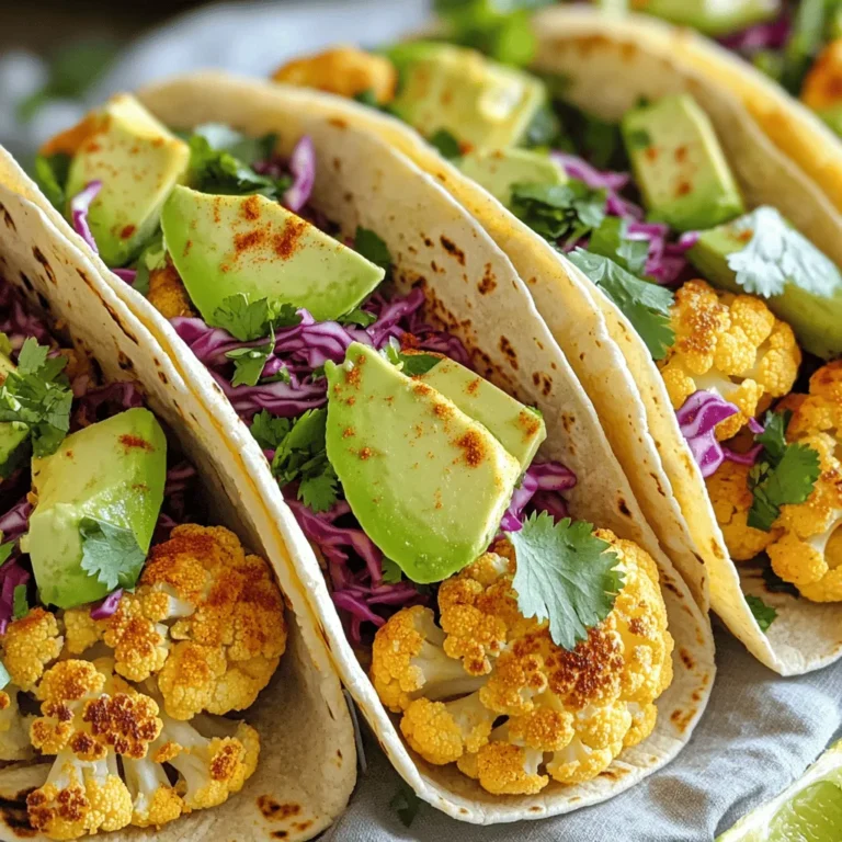Für die gerösteten Blumenkohl-Tacos brauchen Sie einige Hauptzutaten. Diese Zutaten machen das Gericht lecker und gesund. Hier sind die wichtigsten: - 1 mittelgroßer Blumenkohl, in Röschen zerteilt - 8 kleine Maistortillas - 1 Avocado, in Scheiben geschnitten - 1 Tasse Rotkohl, fein gehobelt - ¼ Tasse frischer Koriander, gehackt Der Blumenkohl bildet die Basis. Er hat einen milden Geschmack und wird beim Rösten schön zart. Die Maistortillas sind perfekt, um die Füllung zu halten. Avocado bringt Cremigkeit, während Rotkohl für Frische sorgt. Der Koriander gibt einen tollen Geschmack. Die Gewürze machen diese Tacos besonders. Sie bringen Farbe und Geschmack. Hier sind die Gewürze, die Sie brauchen: - 2 Esslöffel Olivenöl - 1 Teelöffel Chilipulver - 1 Teelöffel Kreuzkümmel - ½ Teelöffel geräuchertes Paprikapulver - ½ Teelöffel Knoblauchpulver - Salz und Pfeffer nach Geschmack Olivenöl hilft, den Blumenkohl knusprig zu rösten. Chilipulver und Kreuzkümmel geben eine schöne Wärme. Geräuchertes Paprikapulver fügt eine rauchige Note hinzu. Knoblauchpulver bringt einen herzhaften Geschmack. Vergessen Sie nicht das Salz und den Pfeffer für das Finish. Zusätzlich zu den Hauptzutaten können Sie Ihre Tacos nach Belieben anpassen. Hier sind einige tolle Optionen: - ½ Tasse griechischer Joghurt oder milchfreier Joghurt (optional) - Limettensaft zum Beträufeln Der Joghurt ist eine tolle Ergänzung. Er macht die Tacos cremiger. Limettensaft bringt Frische und Säure. Sie können auch andere Toppings hinzufügen wie Salsa oder frische Tomaten. Diese Zutaten machen Ihre Tacos noch besser. Für das vollständige Rezept können Sie [Full Recipe] anschauen. Genießen Sie das Kochen! Zuerst nimmst du einen mittelgroßen Blumenkohl und zerteilst ihn in Röschen. Das macht ihn einfacher zu rösten. In einer großen Schüssel vermengst du die Blumenkohlröschen mit Olivenöl und den Gewürzen. Du brauchst Chilipulver, Kreuzkümmel, geräuchertes Paprikapulver, Knoblauchpulver, Salz und Pfeffer. Mische alles gut, bis jede Rösche gleichmäßig bedeckt ist. Dieser Schritt sorgt dafür, dass der Blumenkohl voller Geschmack ist. Heize deinen Ofen auf 220°C vor. Lege ein Backblech mit Backpapier aus. Verteile die gewürzten Blumenkohlröschen gleichmäßig auf dem Blech. So rösten sie besser. Lass den Blumenkohl für 25-30 Minuten im Ofen. Wende ihn einmal in der Mitte der Zeit. So wird er goldbraun und zart. Der Duft wird deine Küche erfüllen und deinen Hunger steigern. Wenn der Blumenkohl fertig ist, nimm ihn aus dem Ofen und lass ihn kurz abkühlen. Währenddessen kannst du die Maistortillas in einer heißen Pfanne erwärmen. Mach das für etwa 30 Sekunden pro Seite. Jetzt kommt der spannende Teil: Baue deine Tacos zusammen. Nimm eine Tortilla und füge eine Portion des gerösteten Blumenkohls hinzu. Belege die Tacos mit Avocadoscheiben, Rotkohl und frischem Koriander. Zum Schluss träufelst du Limettensaft darüber. Optional kannst du einen Klecks griechischen Joghurt hinzufügen. So sind deine köstlichen gerösteten Blumenkohl-Tacos bereit zum Genießen! [Full Recipe] Um den Blumenkohl perfekt zu rösten, achte darauf, die Röschen gleichmäßig zu schneiden. Alle Stücke sollten gleich groß sein, damit sie gleichmäßig garen. Ein weiterer wichtiger Punkt ist die Temperatur. Röste den Blumenkohl bei 220°C. Dadurch wird er außen knusprig und innen zart. Wende die Röschen zur Hälfte der Garzeit, um eine gleichmäßige Bräunung zu erzielen. Die Gewürze sind der Schlüssel zu geschmackvollen Tacos. Du kannst die Mengen anpassen. Wenn du es scharf magst, füge mehr Chilipulver hinzu. Für eine mildere Variante, reduziere die Gewürze. Auch andere Gewürze sind möglich. Probiere zum Beispiel Cayennepfeffer oder Curry. So kannst du den Geschmack deiner Tacos ganz nach deinem Wunsch gestalten. Die richtigen Beilagen machen die Tacos noch besser. Avocado ist ein Muss. Sie bringt Cremigkeit. Auch frischer Koriander ist wichtig. Für einen zusätzlichen Crunch, füge Rotkohl hinzu. Saucen wie Joghurt oder Salsa passen perfekt dazu. Wenn du es würziger magst, ist scharfe Sauce eine tolle Option. Kombiniere alles und genieße die Vielfalt der Aromen in deinen Tacos. {{image_4}} Wenn Sie vegane Tacos möchten, ist das ganz einfach! Lassen Sie einfach den griechischen Joghurt weg. Stattdessen können Sie eine Avocado-Creme machen. Mischen Sie eine reife Avocado mit etwas Limettensaft und Salz. Das sorgt für einen tollen Geschmack und eine cremige Textur. Für glutenfreie Tacos nutzen Sie einfach Mais-Tortillas. Diese sind leicht zu finden und passen perfekt zu den gerösteten Blumenkohl-Tacos. Achten Sie darauf, dass die Tortillas in der Verpackung als glutenfrei gekennzeichnet sind. So können Sie beruhigt genießen. Um den Tacos mehr Textur zu geben, können Sie verschiedene Toppings hinzufügen. Hier sind einige Vorschläge: - Gehackte Nüsse oder Samen wie Mandeln oder Kürbiskerne - Frisch gehackte Tomaten für eine saftige Note - Jalapeños für etwas Schärfe - Frischkäse oder veganer Käse für mehr Cremigkeit Diese Toppings bringen Abwechslung in Ihre Tacos und machen sie noch leckerer. Experimentieren Sie ruhig mit verschiedenen Kombinationen. So finden Sie Ihren persönlichen Favoriten. Für das komplette Rezept klicken Sie hier: [Full Recipe]. Wenn du Reste von deinen gerösteten Blumenkohl-Tacos hast, lagere sie richtig. Wickele die Tacos in Frischhaltefolie oder lege sie in einen luftdichten Behälter. So bleiben sie frisch. Du kannst die Tacos auch ohne die Toppings lagern. Das schützt die Avocado und den Rotkohl vor dem Welken. Um die Tacos aufzuwärmen, benutze eine Pfanne. Erhitze die Tacos bei mittlerer Hitze. Das sorgt dafür, dass sie knusprig bleiben. Du kannst auch den Ofen nutzen. Lege sie auf ein Backblech und heize den Ofen auf 180°C (350°F). Backe die Tacos für etwa 10 Minuten. Achte darauf, dass sie nicht verbrennen. Im Kühlschrank halten die Tacos etwa 2 bis 3 Tage. Achte darauf, sie gut verpackt zu lagern. Wenn du die Tacos länger aufbewahren möchtest, friere die Füllung ein. So bleibt der Geschmack frisch. Die Füllung kannst du bis zu 2 Monate im Gefrierschrank lagern. Tauen sie einfach im Kühlschrank auf, bevor du sie aufwärmst. Für das komplette Rezept schau dir die [Full Recipe] an. Um den Blumenkohl knuspriger zu machen, achte auf die Rösttemperatur. Heize deinen Ofen auf 220°C vor. Das sorgt für eine schöne Kruste. Verwende auch weniger Öl. Zu viel Öl macht den Blumenkohl weich. Wende die Röschen während des Röstens. So wird er gleichmäßig knusprig. Ja, du kannst andere Gemüsesorten verwenden. Paprika und Zucchini passen gut dazu. Sie bringen Farbe und Geschmack. Brokkoli ist auch eine tolle Option. Achte darauf, die Stücke gleichmäßig klein zu schneiden. So garen sie gleichmäßig wie der Blumenkohl. Zu gerösteten Blumenkohl-Tacos passen viele Saucen. Eine einfache Avocado-Sauce ist frisch und cremig. Du kannst auch eine scharfe Salsa probieren. Diese gibt einen tollen Kick. Griechischer Joghurt passt ebenfalls gut. Er ist mild und rundet den Geschmack ab. Weitere Details findest du in der [Full Recipe]. Geröstete Blumenkohl-Tacos sind einfach und lecker. Wir haben die Zutaten, die Zubereitung und die besten Tipps durchgesehen. Du hast jetzt die Infos, um köstliche Tacos zu machen. Denk daran, die Gewürze und Toppings nach deinem Geschmack anzupassen. Experimentiere mit Variationen für mehr Vielfalt. Lagere Reste richtig, damit sie frisch bleiben. Mit diesen Ideen machst du gelungene Tacos, die jedem gefallen. Viel Spaß beim Kochen und Genießen!