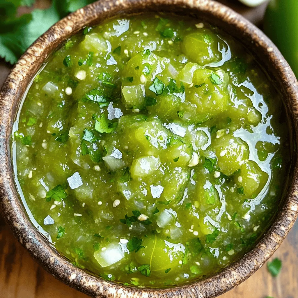 Für deine Salsa Verde brauchst du frische und einfache Zutaten. Hier sind die Hauptzutaten: - 6 Tomatillos, geschält und gewaschen - 1 Jalapeño, halbiert und entkernt (für mildere Salsa, die Kerne beibehalten) - 1 kleine weiße Zwiebel, geviertelt - 2 Knoblauchzehen, ganz - 1/2 Tasse frische Korianderblätter - 2 Esslöffel Limettensaft - Salz nach Geschmack Diese Zutaten sorgen für einen frischen und lebhaften Geschmack. Tomatillos geben der Salsa ihre grüne Farbe und Süße. Jalapeños fügen Schärfe hinzu, und Zwiebel sowie Knoblauch bringen Tiefe in den Geschmack. Du kannst deine Salsa Verde anpassen. Hier sind einige optionale Zutaten, die du hinzufügen kannst: - Avocado für Cremigkeit - Honig oder Zucker für mehr Süße - Frische Minze für einen anderen Geschmack Diese Zutaten können die Geschmacksrichtung verändern. Experimentiere ruhig, um deine perfekte Mischung zu finden. Salsa Verde ist nicht nur lecker, sondern auch gesund. Sie ist kalorienarm und reich an Vitaminen. Hier einige Informationen: - Kalorien: Ca. 40 pro Portion - Fett: 0 g - Kohlenhydrate: 9 g - Protein: 1 g Salsa Verde ist vegan und glutenfrei. Sie passt gut zu vielen Gerichten und macht sie gesünder. Wenn du mehr über die Zubereitung erfahren möchtest, schau dir die Full Recipe an. Um die beste Salsa Verde zu machen, beginnen wir mit dem Rösten. Ich heize meinen Ofen auf 200°C vor. Dann nehme ich die Tomatillos, die Jalapeño, die Zwiebel und die Knoblauchzehen. Diese Zutaten lege ich auf ein Backblech. Ich röste sie etwa 15 bis 20 Minuten. Sie sind fertig, wenn die Tomatillos aufplatzen und leicht bräunlich sind. Das Rösten bringt den Geschmack zur Geltung. Nachdem die Zutaten abgekühlt sind, gebe ich sie in einen Mixer. Ich füge die frischen Korianderblätter und den Limettensaft hinzu. Dann mixe ich alles, bis ich die gewünschte Konsistenz habe. Mögen Sie es glatt oder stückig? Das ist ganz Ihnen überlassen! Jetzt kommt der beste Teil: das Abschmecken! Ich koste die Salsa und füge Salz nach Geschmack hinzu. Manchmal lasse ich die Salsa für 30 Minuten im Kühlschrank, bevor ich sie serviere. Das kühlt die Salsa und verstärkt den Geschmack. Tipp: Servieren Sie die Salsa in einer schönen Schüssel mit Tortillachips oder frischem Brot. Ihr Snack wird jeder lieben! Um die Schärfe deiner Salsa Verde anzupassen, probiere verschiedene Jalapeños. Möchtest du es mild? Lass die Samen drin. Für mehr Hitze, nutze zusätzlich einen Serrano-Chili. Du kannst auch einen Hauch von Cayennepfeffer hinzufügen. Teste die Salsa während des Mixens und passe die Schärfe nach deinem Geschmack an. Salsa Verde hält sich gut im Kühlschrank. Stelle sicher, dass sie in einem luftdichten Behälter ist. So bleibt sie frisch. Du kannst sie bis zu einer Woche aufbewahren. Wenn du eine größere Menge machst, friere sie in kleinen Portionen ein. So hast du immer etwas zur Hand. Achte darauf, sie in einem geeigneten Behälter zu lagern, damit sie nicht an Geschmack verliert. Wähle frische und reife Zutaten für die beste Salsa Verde. Achte darauf, dass die Tomatillos prall und grün sind. Röste alle Zutaten gut, um den Geschmack zu intensivieren. Die Röstaromen bringen Tiefe in deine Salsa. Lass die Salsa nach dem Mixen kurz ruhen. So können sich die Aromen gut verbinden. Wenn du frischen Koriander magst, füge mehr hinzu. Das gibt der Salsa einen tollen Kick. {{image_4}} Ich liebe es, mit Aromen zu spielen. Eine fruchtige Salsa Verde bringt einen neuen Twist. Fügen Sie frische Mangostücke oder Ananas hinzu. Diese Früchte sorgen für Süße und Frische. Mischen Sie die Früchte nach dem Rösten der Tomatillos in den Mixer. Das Ergebnis ist eine Salsa mit fruchtigem Geschmack. Sie passt perfekt zu gegrilltem Fleisch oder Fisch. Salsa Verde ist von Natur aus vegan und glutenfrei. Verwenden Sie einfach die originalen Zutaten aus dem Rezept. Diese Mischung ist gesund und lecker. Wenn Sie mehr Textur möchten, fügen Sie Avocado hinzu. Avocado macht die Salsa cremiger und reichhaltiger. Diese Option ist ideal für alle, die pflanzliche Kost suchen. Haben Sie etwas Gemüse übrig? Fügen Sie es Ihrer Salsa Verde hinzu! Paprika, Zucchini oder Karotten können geröstet werden. Diese Gemüse bringen Farbe und zusätzlichen Geschmack. Rösten Sie das Gemüse zusammen mit den Tomatillos. Geben Sie es dann in den Mixer. So erhalten Sie eine nahrhafte und bunte Salsa. Es ist eine tolle Möglichkeit, Gemüse in Ihre Ernährung einzubauen. Diese Variationen machen Ihre Salsa Verde einzigartig und spannend. Experimentieren Sie und finden Sie die perfekte Mischung für Ihren Geschmack! Salsa Verde ist ein toller Dip. Sie passt perfekt zu Tortillachips. Die frische und scharfe Note macht jeden Snack besser. Auch als Beilage zu gegrilltem Fleisch ist sie klasse. Die Kombination aus Tomatillos und Koriander bringt Farbe und Geschmack auf den Tisch. Du kannst Salsa Verde auch in vielen Gerichten verwenden. Verwende sie für Tacos oder Burritos. Sie schmeckt super in einer Fajita oder auf einem Quesadilla. Du kannst sie sogar zu Reis oder Quinoa geben. Sie bringt frische Aromen in jede Mahlzeit. Salsa Verde passt gut zu vielen Getränken. Ein frischer Margarita ergänzt die würzige Salsa perfekt. Auch ein kühles Bier ist eine gute Wahl. Für einen alkoholfreien Genuss probiere eine Limonade oder ein fruchtiges Wasser. Die Kombination von Speisen und Getränken macht das Essen noch besser. Für das volle Geschmackserlebnis, probiere die Zesty Homemade Salsa Verde 🥑 [Full Recipe]. Salsa Verde bleibt frisch im Kühlschrank für 4 bis 7 Tage. Bewahren Sie sie in einem luftdichten Behälter auf. Dies verhindert, dass die Aromen verloren gehen. Überprüfen Sie den Geruch und das Aussehen, bevor Sie sie verwenden. Wenn es seltsam riecht oder schimmelig aussieht, werfen Sie es weg. Ja, Sie können Salsa Verde einfrieren. Füllen Sie die Salsa in einen gefrierfesten Behälter. Lassen Sie etwas Platz, da sie beim Gefrieren expandiert. So bleibt der Geschmack frisch. Sie können die Salsa bis zu 3 Monate im Gefrierfach aufbewahren. Tauchen Sie sie über Nacht im Kühlschrank auf, bevor Sie sie verwenden. Salsa Verde ist grün und wird meist mit Tomatillos gemacht. Salsa Roja ist rot und verwendet reife Tomaten. Beide Salsas sind schmackhaft, aber sie haben unterschiedliche Geschmäcker. Salsa Verde schmeckt oft frischer und heller. Salsa Roja hat mehr Tiefe und Süße. Probieren Sie beide, um Ihren Favoriten zu finden! Salsa Verde ist ein toller Dip, der viele Vorteile bietet. Wir haben die Hauptzutaten und Optionen für eine schöne Rezeptvielfalt erkundet. Ich habe Ihnen Schritt für Schritt erklärt, wie Sie Ihre Salsa zubereiten. Tipps helfen Ihnen, Schärfe anzupassen und die Haltbarkeit zu sichern. Variationen können kreative und leckere Momente bringen. Nutzen Sie die Salsa als Dip oder in Ihren Lieblingsrezepten. Jetzt sind Sie bereit, über Ihre eigene Salsa Verde zu experimentieren und Freunde zu beeindrucken!